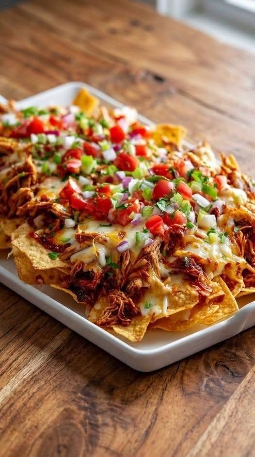 BBQ Pulled Chicken Nachos There are meals you sit down and eat properly. And then there are meals like these BBQ Pulled Chicken Nachos, where everyone gathers around the pan and somehow the dinner table becomes completely unnecessary. I mean, look at them. Crispy tortilla chips layered with tender pulled chicken, smoky barbecue sauce, loads of melted cheese, jalapeños, red onion, creamy avocado, and fresh cilantro. It's messy. It's cheesy. It's saucy. And it is so good. I love making these when the weekend rolls around and everyone is in the mood for something fun. They're especially perfect for movie nights, casual family dinners, game days, or those evenings when nobody wants a formal meal. I remember making a big tray of these and thinking, Surely this is enough for everyone. It wasn't. The pan disappeared so quickly that I barely had time to grab a second helping. That's when I realized these weren't really an appetizer anymore. They were dinner. And honestly, I'm completely okay with that. The beauty of BBQ pulled chicken nachos is that they're incredibly forgiving. You don't need to make everything from scratch. If you have leftover chicken in the refrigerator, you're already halfway there. Rotisserie chicken works beautifully too. Just shred it, toss it with your favorite barbecue sauce, and you're ready to build. The real trick is layering. Instead of putting all the toppings on top of one giant pile of chips, you build two layers. That way, you get chicken, cheese, and toppings throughout the tray instead of eating through a mountain of plain chips at the bottom. Once the cheese melts into all those little corners and the edges of the chips start getting golden, the whole thing comes out of the oven bubbling and irresistible. And then comes the fun part. Add the cold toppings. A little creamy avocado. Cool sour cream. Fresh cilantro. A few jalapeños. Maybe another drizzle of barbecue sauce. That contrast between the hot, cheesy chicken and the cool, fresh toppings is what makes these nachos so addictive. ❤️ Why You'll Love These BBQ Pulled Chicken Nachos Crispy tortilla chips loaded with tender BBQ chicken Gooey melted cheese in every layer Sweet, smoky, tangy barbecue flavor Easy way to use leftover chicken Perfect for game day and parties Great for movie night Can easily become a complete dinner Completely customizable Ready in about 25–30 minutes when using cooked chicken Everyone can add their favorite toppings 🛒 Ingredients For the BBQ Pulled Chicken 3 cups cooked shredded chicken ½–¾ cup barbecue sauce 1 teaspoon smoked paprika ½ teaspoon garlic powder ½ teaspoon onion powder ¼ teaspoon black pepper ¼ teaspoon chili powder, optional You can use homemade pulled chicken, slow-cooker chicken, rotisserie chicken, or leftover baked chicken. If you're starting with plain cooked chicken, the seasonings help give it that deeper BBQ flavor. 🌮 For the Nachos 1 large bag sturdy tortilla chips, about 12–16 oz 1½ cups shredded sharp cheddar cheese 1 cup shredded Monterey Jack or Pepper Jack cheese ½ cup black beans, drained and rinsed ½ cup corn, drained if using canned ⅓ cup finely diced red onion 1–2 jalapeños, sliced ½ cup diced tomatoes ¼ cup sliced green onions 🥑 For Serving ½ cup sour cream ½ cup guacamole or diced avocado ¼ cup fresh cilantro Extra BBQ sauce Lime wedges Pickled jalapeños, optional Freshly sliced green onions You don't need every topping. Nachos are one of those recipes where you can look in the refrigerator and have some fun. 👩🍳 How to Make BBQ Pulled Chicken Nachos 1. Prepare the BBQ Chicken Place the shredded cooked chicken in a bowl. Add the barbecue sauce, smoked paprika, garlic powder, onion powder, black pepper, and chili powder if using. Stir until the chicken is evenly coated. You want the chicken saucy enough to be flavorful but not dripping wet. Too much sauce can make the tortilla chips soggy. If your chicken is cold from the refrigerator, warm it gently in a skillet for a few minutes before assembling the nachos. 🔥 2. Preheat the Oven Preheat your oven to 400°F (200°C). Line a large rimmed baking sheet with parchment paper or foil for easier cleanup. A large sheet pan gives you plenty of room to spread the chips into an even layer. 🧀 3. Build the First Layer Spread about half of the tortilla chips over the baking sheet. Don't worry about making them perfectly arranged. Nachos are supposed to be a little chaotic. Scatter half of the BBQ chicken over the chips. Then add: Half of the cheddar Half of the Monterey Jack Half of the black beans Half of the corn Some red onion A few jalapeños Try to distribute everything fairly evenly. The goal is for almost every chip to get a little something. 🌮 4. Add the Second Layer Now add another layer of tortilla chips over the first. Then repeat the toppings. Add the remaining: BBQ chicken Cheddar Monterey Jack Black beans Corn Red onion Jalapeños Finish with a generous layer of cheese. This second layer is important. It prevents the bottom of the nachos from becoming nothing but plain chips while all the good stuff sits on top. 🔥 5. Bake Place the tray in the preheated oven. Bake for approximately 10–12 minutes, or until the cheese is completely melted and bubbling. You want the chips to stay crisp while the cheese gets beautifully gooey. Keep an eye on the edges. If the cheese is bubbling and starting to turn golden, you're ready. 🥑 6. Add the Fresh Toppings Remove the nachos from the oven. Now add the toppings that you don't want to bake. Scatter over: Diced tomatoes Green onions Fresh cilantro Avocado or guacamole Pickled jalapeños Drizzle with a little extra BBQ sauce. Add a few dollops of sour cream. And squeeze fresh lime juice over everything. This is where the nachos really come alive. 🍋 7. Serve Immediately Don't wait too long. Nachos are at their absolute best when they're hot, crispy, and freshly baked. Place the whole sheet pan in the middle of the table and let everyone dig in. Just make sure everyone knows the pan is hot. And grab your portion quickly. These disappear fast. ⭐ Tips for the Best BBQ Pulled Chicken Nachos Use sturdy tortilla chips Thin chips can break under the weight of the chicken and toppings. Choose a sturdy, restaurant-style tortilla chip. Don't drown the chicken in BBQ sauce The chicken should be coated, not swimming. Too much sauce can make the chips soggy. Layer everything Don't pile all the ingredients on top. Two layers mean better topping distribution and more cheesy bites. Shred your own cheese when possible Freshly shredded cheese tends to melt beautifully. A combination of cheddar and Monterey Jack gives you both flavor and excellent meltability. Keep wet toppings off until the end Tomatoes, avocado, sour cream, and guacamole are best added after baking. Don't overbake Once the cheese is melted, take them out. Leaving the nachos in too long can make the chips overly hard and dry. Serve immediately This is not a recipe that improves by sitting around. Get everyone ready before the tray comes out of the oven. 🍗 What Chicken Can I Use? Almost anything. That's one of the reasons I love this recipe. Rotisserie Chicken Probably the easiest option. Remove the skin and bones, shred the meat, and toss it with barbecue sauce. Leftover Roast Chicken Perfect for using up leftovers. Slow Cooker BBQ Chicken Even better. If your chicken is already coated in BBQ sauce, simply shred it and use it directly. Baked Chicken Breast Shred leftover baked chicken and add a little extra seasoning and sauce. Smoked Chicken If you have leftover smoked chicken, use it. The smoky flavor makes these nachos incredible. 🌶️ Make Them Spicy If you love heat, don't hold back. Try adding: Fresh jalapeños Pickled jalapeños Serrano peppers Cayenne pepper Hot BBQ sauce Pepper Jack cheese Hot sauce Chili flakes One of my favorite combinations is smoky BBQ chicken + Pepper Jack + pickled jalapeños + cool sour cream. The spicy, smoky, creamy combination is hard to beat. 🧀 Best Cheese for BBQ Chicken Nachos Cheddar is a classic, but mixing cheeses makes the nachos even better. Sharp Cheddar Strong flavor and beautiful color. Monterey Jack Mild and wonderfully melty. Pepper Jack Perfect when you want some heat. Smoked Gouda Adds an incredible smoky richness. Colby Jack Mild, creamy, and family-friendly. For these nachos, I love combining sharp cheddar with Monterey Jack. 🥑 Topping Ideas Here's where you can really make the recipe your own. Fresh Toppings Avocado Tomatoes Cilantro Green onions Red onion Corn Jalapeños Creamy Toppings Sour cream Guacamole Greek yogurt Avocado crema Ranch dressing Extra Flavor Pickled onions Pickled jalapeños Lime juice Hot sauce Extra BBQ sauce Salsa 🥓 Add Bacon If you're a bacon lover, add some crispy cooked bacon to the layers. BBQ chicken and bacon are a fantastic combination. Just crumble the cooked bacon into small pieces and scatter it over the chicken before adding the cheese. 🫘 Add Black Beans Black beans make these nachos more substantial and add a lovely creamy texture. Drain and rinse canned black beans well before using. You can also substitute pinto beans if that's what you have. 🌽 Add Corn Sweet corn works beautifully with smoky barbecue chicken. Use canned, frozen, or fresh corn. If using frozen corn, thaw it first and pat away excess moisture. 🍍 Try BBQ Chicken & Pineapple Nachos This might sound unusual, but hear me out. Add small pieces of pineapple to the finished nachos. The sweet, juicy pineapple works surprisingly well with smoky barbecue chicken and spicy jalapeños. If you love sweet-and-savory combinations, this is worth trying. 🥗 What to Serve With BBQ Pulled Chicken Nachos If you're serving these as dinner, keep the sides simple. Try: Fresh green salad Mexican-style corn salad Coleslaw Cucumber tomato salad Black bean salad Avocado salad Fresh fruit Watermelon Grilled vegetables For a party, I usually skip the sides altogether. Just make a giant tray of nachos and put out bowls of extra toppings. 🎉 Perfect for Game Day These nachos were practically made for game day. You can prepare the BBQ chicken ahead of time, chop all your toppings, shred your cheese, and have everything ready in the refrigerator. When everyone arrives, all you need to do is layer the chips and bake. Bring the hot tray straight to the table. No complicated serving. No fancy plating. Just grab a chip and enjoy. ⏰ Make-Ahead Tips You can prepare almost everything ahead of time. Earlier in the Day Shred the chicken Mix it with BBQ sauce Chop the vegetables Shred the cheese Drain the beans Prepare the guacamole Store everything separately in the refrigerator. When You're Ready to Eat Build the nachos and bake them fresh. Don't assemble the chips too far ahead because moisture from the chicken and vegetables can soften them. 🧊 What About Leftover Nachos? Honestly, nachos are best fresh. Once they've been covered with toppings and refrigerated, the chips lose their crispness. If you know you're going to have leftovers, consider keeping the toppings separate and only baking the amount you plan to eat. Store the remaining BBQ chicken and toppings separately. Cooked chicken and other perishable leftovers should be refrigerated promptly and generally used within 3–4 days. 🔥 How to Reheat Nachos If you do have leftovers, don't microwave them if you can avoid it. The microwave tends to make tortilla chips soft. Instead, place the nachos on a baking sheet and heat them in a 350°F (175°C) oven for several minutes until warmed through. An air fryer also works well for a smaller portion. Remove cold toppings such as sour cream or avocado before reheating whenever possible. ❓ Frequently Asked Questions Can I use rotisserie chicken? Absolutely. It's one of the easiest shortcuts for this recipe. Shred the cooked chicken and toss it with BBQ sauce and the seasonings. Can I use leftover pulled chicken? Yes! In fact, this recipe is a fantastic way to use leftover pulled chicken. If it's already sauced, you may only need a little extra BBQ sauce. Can I make these with chicken thighs? Definitely. Chicken thighs are especially juicy and flavorful and work beautifully when shredded. Can I use leftover smoked chicken? Yes. Smoked chicken gives the nachos an extra layer of smoky flavor. What BBQ sauce is best? Use your favorite. Sweet, smoky, spicy, tangy, or vinegar-forward BBQ sauce can all work. If you prefer less sweetness, choose a sauce with a more savory or smoky profile. How do I keep nachos from getting soggy? Use sturdy chips, don't overload them with wet ingredients, and bake the nachos shortly after assembling them. Add sour cream, guacamole, tomatoes, and other wet toppings after baking. Can I make these without beans? Absolutely. Just leave them out or replace them with another topping. Can I make them with corn chips? Yes. Any sturdy tortilla-style chip that holds up well under toppings will work. Can I make these in an air fryer? Yes, especially for smaller portions. Arrange a small amount of chips in an air-fryer-safe dish or basket, layer with chicken and cheese, and cook around 350°F (175°C) until the cheese melts. Watch carefully because chips can brown quickly. Can I make BBQ pulled chicken nachos ahead of time? Prepare the chicken and toppings ahead, but assemble and bake the nachos just before serving. Can I freeze leftover nachos? I don't recommend freezing assembled nachos. The chips become soft after thawing. Freeze the BBQ chicken separately if desired and make fresh nachos later. How do I make these a full meal? Add extra pulled chicken, black beans, corn, avocado, and a fresh salad on the side. They become a surprisingly satisfying dinner. What if I don't have pulled chicken? No problem. Shredded rotisserie chicken, leftover grilled chicken, or chopped cooked chicken will all work. How much chicken should I use? For a large sheet pan, around 3 cups of shredded chicken gives you plenty without overwhelming the chips. Can I use homemade BBQ sauce? Absolutely. Homemade BBQ sauce is wonderful here and lets you control the sweetness, spice, and smoky flavor. What temperature should chicken reach? If you're cooking chicken specifically for this recipe, poultry should reach a safe internal temperature of 165°F (74°C) measured with a food thermometer. 🍽️ Recipe at a Glance Recipe: BBQ Pulled Chicken Nachos Prep Time: 10 minutes Cook Time: 10–12 minutes Total Time: About 25 minutes Servings: 6 Course: Appetizer / Main Dish Cuisine: Tex-Mex Inspired Method: Oven / Sheet Pan Ingredients BBQ Chicken 3 cups cooked shredded chicken ½–¾ cup BBQ sauce 1 teaspoon smoked paprika ½ teaspoon garlic powder ½ teaspoon onion powder ¼ teaspoon black pepper ¼ teaspoon chili powder, optional Nachos 1 large bag sturdy tortilla chips 1½ cups sharp cheddar 1 cup Monterey Jack or Pepper Jack ½ cup black beans ½ cup corn ⅓ cup red onion 1–2 jalapeños ½ cup diced tomatoes ¼ cup green onions Toppings Sour cream Guacamole or avocado Fresh cilantro Extra BBQ sauce Lime wedges Pickled jalapeños 📝 Instructions Preheat oven to 400°F (200°C). Toss shredded chicken with BBQ sauce and seasonings. Spread half the tortilla chips over a large sheet pan. Add half the chicken, cheese, beans, corn, onion, and jalapeños. Add a second layer of chips. Repeat the chicken, cheese, and toppings. Bake for 10–12 minutes, until the cheese is melted and bubbling. Remove from the oven. Add tomatoes, green onions, cilantro, avocado, and sour cream. Drizzle with extra BBQ sauce. Finish with fresh lime juice. Serve immediately. ❤️ Final Thoughts I think the best recipes are sometimes the ones that don't take themselves too seriously. And these BBQ Pulled Chicken Nachos definitely fall into that category. They're messy. They're cheesy. They're impossible to eat neatly. And nobody cares. I love putting a giant tray in the middle of the table and watching everyone gather around it. There's something so relaxed about food like this. No formal dinner. No perfect portions. Just crispy chips, smoky chicken, melted cheese, and everyone reaching for one more bite. They're especially good when you're having a casual weekend at home. Put on a movie. Invite the family into the kitchen. Make a big pitcher of something cold to drink. And bring out the nachos while they're still bubbling. That's the kind of dinner I never get tired of. And if you're lucky enough to have leftovers? Well... You're probably doing it wrong. 😂 Because in my house, a big tray of BBQ Pulled Chicken Nachos doesn't usually make it to the refrigerator. Not even close.