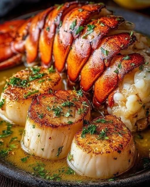 🦞 Garlic Butter Lobster & Scallops Some dinners are just dinner. And then there are dinners that make everyone stop talking for a minute because they're too busy enjoying the first bite. This Garlic Butter Lobster & Scallops is absolutely one of those meals. Tender, sweet lobster and golden-seared scallops are coated in a buttery garlic sauce that's brightened with fresh lemon and finished with parsley. It looks like something you'd order at an expensive seafood restaurant, but it is surprisingly approachable to make at home. I love making this when the weekend calls for something a little special. Maybe we're celebrating something, maybe family is coming over, or maybe I simply want to turn an ordinary evening into one that feels memorable. The first time I made lobster and scallops together, I kept the rest of dinner intentionally simple. I didn't want anything competing with the seafood. I made the garlic butter, got the scallops beautifully golden, cooked the lobster until tender, and finished everything with lemon. The smell alone had everyone wandering into the kitchen asking when dinner would be ready. And once that warm garlic butter hit the seafood? Nobody wanted to wait. That's what I love about this recipe. The ingredients are simple, but the result feels incredibly special. ❤️ Why You'll Love This Recipe There is something magical about pairing lobster and scallops. The lobster is naturally sweet and tender, while scallops develop a beautiful caramelized crust when they're properly seared. Then you add garlic butter. It's hard to improve on that. Here's why this recipe deserves a spot on your special-dinner menu: 🦞 Tender, buttery lobster 🐚 Golden-brown seared scallops 🧄 Rich garlic butter sauce 🍋 Fresh lemon to brighten everything 🌿 Fresh parsley and herbs ⏱️ Ready in about 30–40 minutes 🍽️ Restaurant-style presentation ❤️ Perfect for date nights and celebrations 🥩 Naturally low in carbohydrates The most important scallop technique is simple: dry them extremely well before cooking. Excess moisture causes them to steam instead of developing that deeply browned crust. 🛒 Ingredients You'll Need For the Seafood 4 Lobster Tails Choose lobster tails around 6–8 ounces each if possible. Fresh or properly thawed frozen tails both work. 1 Pound Large Sea Scallops Look for large sea scallops rather than small bay scallops. Pat them completely dry with paper towels before seasoning. If using frozen scallops, thaw them overnight in the refrigerator and dry them thoroughly before cooking. Salt & Black Pepper Keep the seasoning simple. The lobster and scallops are the stars. 🧄 For the Garlic Butter Sauce 6 Tablespoons Unsalted Butter Dividing the butter allows you to use some for the seafood and some for the finishing sauce. 2 Tablespoons Olive Oil Olive oil helps with high-heat searing and gives the scallops a beautiful crust. 5–6 Garlic Cloves Fresh garlic makes a huge difference here. Finely mince it so it melts into the butter. 2 Tablespoons Fresh Lemon Juice The acidity balances the richness of the butter. 1 Teaspoon Lemon Zest This adds even more bright lemon flavor. 2–3 Tablespoons Fresh Parsley Chopped finely. 1 Teaspoon Fresh Thyme Optional, but wonderful with lobster. ¼ Teaspoon Red Pepper Flakes Optional. I love adding just a little for gentle heat. Lemon Wedges For serving. 👩‍🍳 How to Make Garlic Butter Lobster & Scallops 1. Prepare the Lobster Using sharp kitchen shears, carefully cut through the top of each lobster shell lengthwise. Don't cut all the way through the tail. Gently loosen the meat from the shell and lift it slightly so it rests on top. This makes the lobster easier to cook evenly and also gives you that beautiful restaurant-style presentation. Pat the lobster meat dry. Season lightly with salt and black pepper. 🐚 2. Prepare the Scallops This step is incredibly important. Place the scallops on a plate lined with paper towels. Pat them very, very dry. If they're particularly wet, replace the paper towels and pat them again. You want the surface as dry as possible before the scallops hit the hot skillet. Season both sides with salt and black pepper just before cooking. Don't season them too far in advance because salt can draw moisture to the surface. 🧈 3. Make the Garlic Butter Melt 3 tablespoons of butter in a small saucepan over low heat. Add the minced garlic. Cook for about 30–60 seconds, stirring constantly. You want the garlic fragrant but not deeply browned. Add the lemon juice, lemon zest, and red pepper flakes if using. Stir briefly. Remove from the heat and add the parsley and thyme. Set aside. Keeping the fresh herbs toward the end helps preserve their fresh flavor. 🔥 4. Sear the Scallops Heat a large stainless-steel or cast-iron skillet over medium-high to high heat. Let the pan become very hot. Add the olive oil. Once the oil is shimmering, carefully place the scallops into the pan. Make sure they aren't touching. This is important. Crowded scallops release moisture and can steam instead of searing. Leave them completely undisturbed for about 2–3 minutes. Don't poke them. Don't slide them around. Don't flip them early. When a beautiful golden-brown crust has formed, flip them. Cook the second side for another 1–2 minutes. Transfer the scallops to a plate. A properly seared scallop should have a gorgeous golden crust while remaining tender inside. 🦞 5. Cook the Lobster Use the same skillet so you can take advantage of all those delicious browned bits. Add another tablespoon of butter if the pan looks dry. Place the lobster tails meat-side down. Sear for approximately 2–3 minutes. Carefully turn them over. Spoon some of the garlic butter over the exposed lobster meat. Continue cooking for another 4–5 minutes, depending on the size of the tails. The lobster meat should become opaque and firm. For a more precise doneness check, use an instant-read thermometer rather than relying only on appearance. Remove the lobster from the pan once cooked. 🧄 6. Finish the Garlic Butter Sauce Reduce the heat to medium-low. Add the remaining garlic butter to the skillet. Scrape up all the browned bits from the bottom. Those little caramelized pieces are packed with flavor. Let everything gently warm together for about 30 seconds. Taste. Add a little more lemon juice, salt, pepper, or red pepper flakes if needed. ✨ 7. Bring Everything Together Return the lobster and scallops to the skillet. Spoon the garlic butter over the top. Warm everything together for about 30–60 seconds. Don't leave the seafood in the pan too long at this stage. Lobster and scallops are best when they're cooked just until tender. 🍋 8. Serve Immediately Transfer everything to a large serving platter. Spoon every last bit of garlic butter over the seafood. Finish with: Fresh parsley Lemon wedges A little freshly cracked black pepper Optional red pepper flakes Then serve immediately. And don't forget to put extra lemon wedges on the table. That bright hit of lemon against the rich garlic butter is incredible. ⭐ The Secret to Perfect Scallops If there's one thing I want you to remember from this recipe, it's this: Dry scallops = golden scallops. Seriously. If scallops go into the pan wet, they release water and steam. Instead of that gorgeous caramelized crust, you end up with pale scallops. Pat them dry. Heat the pan thoroughly. Don't overcrowd it. And once the scallops are down, leave them alone. That's how you get that beautiful restaurant-style sear. 🦞 How to Tell When Lobster Is Done Lobster meat should become opaque and firm rather than translucent. Because lobster tails vary in size, cooking time can vary too. A thermometer is the safest way to judge doneness. Avoid overcooking. That's when lobster can go from tender and juicy to tough and rubbery very quickly. 🍽️ What to Serve With Garlic Butter Lobster & Scallops Because the seafood is rich, I like pairing it with sides that either soak up the garlic butter or add freshness. 🥦 Roasted Asparagus One of my favorite choices. The slight char from roasted asparagus works beautifully with the buttery seafood. 🥔 Garlic Mashed Potatoes If you're going all-in on comfort, this is the way to do it. Those potatoes are perfect for catching every drop of garlic butter. 🥗 Simple Green Salad A crisp salad with lemon vinaigrette helps balance the richness. 🥦 Roasted Broccoli Simple, savory, and delicious with the sauce. 🍚 Cauliflower Rice For a lighter, low-carb option, cauliflower rice is excellent for soaking up the garlic butter. 🥖 Crusty Bread If you're not watching carbohydrates, put some warm crusty bread on the table. Trust me. You won't want any of that garlic butter left behind. 🍷 What to Drink With It A crisp, dry white wine is a natural match for lobster and scallops. Try: Sauvignon Blanc Pinot Grigio Chardonnay Albariño Or simply serve sparkling water with lemon for a refreshing nonalcoholic option. 💡 My Best Tips Don't overcrowd the scallops Cook in batches if your skillet isn't large enough. Get the pan hot A properly heated skillet is essential for that golden crust. Don't constantly flip the scallops They need uninterrupted contact with the hot pan. Use fresh garlic Jarred garlic can work in a pinch, but fresh garlic gives the butter sauce much better flavor. Don't burn the garlic Garlic goes from fragrant to bitter surprisingly quickly. Keep the heat moderate once the butter and garlic are in the pan. Don't drown the seafood The butter should complement the lobster and scallops rather than completely overwhelm them. Serve immediately This is one seafood dinner that is best straight from the skillet. 🌶️ Easy Variations Spicy Garlic Butter Lobster Increase the red pepper flakes or add a pinch of cayenne. Lemon Herb Lobster & Scallops Add extra lemon zest along with fresh parsley, thyme, and a little basil. Cajun Garlic Butter Season the seafood with your favorite Cajun seasoning before cooking. Then add a little smoked paprika to the butter sauce. Parmesan Garlic Butter Stir a small amount of finely grated Parmesan into the finished butter sauce. This creates an especially rich variation. Creamy Garlic Butter For a completely different take, add a splash of heavy cream to the finished garlic butter sauce and simmer gently until slightly thickened. 🧄 Can I Make the Garlic Butter Ahead? Absolutely. You can prepare the garlic butter several hours ahead and refrigerate it. When you're ready to cook, gently warm it before using. This makes the final cooking process much faster. The seafood itself, however, is best cooked immediately before serving. 🧊 How to Store Leftovers Seafood is best enjoyed fresh, but if you have leftovers, place the lobster and scallops in an airtight container. Refrigerate for up to 2 days. Keep some of the garlic butter with the seafood to help prevent it from drying out. 🔥 How to Reheat Reheat gently. Place the seafood in a covered skillet over low heat with a small amount of butter. Warm just until heated through. Try to avoid aggressive reheating. Microwaving can make scallops rubbery and can quickly overcook lobster. ❄️ Can You Freeze Lobster & Scallops? I wouldn't recommend freezing the finished dish. The seafood texture is best when freshly cooked, and freezing and thawing can negatively affect the texture. If you have leftover seafood, refrigeration and gentle reheating are the better options. ❓ Frequently Asked Questions Can I use frozen lobster tails? Yes. Thaw them completely in the refrigerator before cooking, then pat the meat dry. Can I use frozen scallops? Yes. Thaw them overnight in the refrigerator and dry them extremely well before searing. Why aren't my scallops browning? They're probably too wet, the pan isn't hot enough, or the pan is overcrowded. Dry them thoroughly and give them plenty of space. Can I use bay scallops? You can, but large sea scallops are preferable for this recipe because they develop a much better seared crust. Can I cook the lobster and scallops at the same time? You can coordinate the cooking, but I recommend cooking them separately. That gives you much better control over the doneness of each seafood. Can I use salted butter? Yes, but reduce the additional salt and taste the sauce before seasoning. Can I leave out the wine? Absolutely. This version doesn't require wine. Lemon juice provides plenty of brightness. Is this recipe keto-friendly? The core ingredients—lobster, scallops, butter, olive oil, garlic, lemon, and herbs—are naturally low in carbohydrates. If you're following a strict keto plan, check any seasoning or added ingredients you use. 📋 Garlic Butter Lobster & Scallops at a Glance Prep Time: 15 minutes Cook Time: 20 minutes Total Time: About 35 minutes Servings: 4 Difficulty: Easy to Moderate Category: Seafood / Dinner Best Served: Immediately Ingredients 4 lobster tails, about 6–8 oz each 1 lb large sea scallops 6 tbsp unsalted butter, divided 2 tbsp olive oil 5–6 garlic cloves, minced 2 tbsp fresh lemon juice 1 tsp lemon zest 2–3 tbsp fresh parsley 1 tsp fresh thyme ¼ tsp red pepper flakes, optional Salt and black pepper Lemon wedges Quick Method Split and prepare the lobster tails. Pat scallops completely dry and season. Make the garlic butter with butter, garlic, lemon, and herbs. Sear scallops for about 2–3 minutes per side. Cook lobster until opaque and tender. Finish everything in the garlic butter. Garnish with parsley and lemon. Serve immediately. ❤️ A Seafood Dinner That Feels Like a Celebration I think that's what I love most about lobster and scallops. You don't have to do much to make them feel special. You don't need a complicated sauce. You don't need twenty ingredients. You just need good seafood, plenty of butter, fresh garlic, a squeeze of lemon, and a little patience. I love making this on weekends when I want to slow down and actually enjoy dinner. Sometimes I'll put on some music, pour everyone a drink, and let the seafood cook while the kitchen fills with that incredible garlic-butter aroma. Then comes the best part. The golden scallops. The tender lobster. The lemony butter running across the plate. And everyone suddenly gets very quiet. Because they're eating. And that's always a good sign. Make this when you want an ordinary evening to feel extraordinary. 🦞🧄🧈