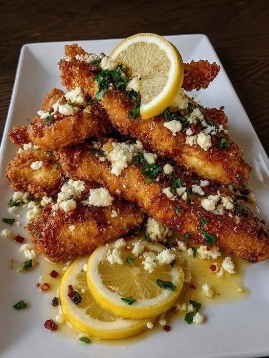 🍯🍋 Crispy Hot Honey Lemon Feta Chicken Tenders There are some dinners that make everyone suddenly appear in the kitchen. You know the ones. You hear the oven door opening and closing. Someone asks, “Are those ready yet?” And somehow everybody who wasn't even hungry five minutes ago is now standing nearby waiting for a taste. These Crispy Hot Honey Lemon Feta Chicken Tenders are exactly that kind of dinner. I made these on a weekend when I was craving something crispy and comforting, but I didn't want ordinary chicken tenders. I wanted something with a little personality. So I took golden, crunchy chicken tenders and gave them a Mediterranean-inspired twist with fresh lemon, salty feta, and a warm hot honey drizzle. The first bite was everything I hoped it would be. Crispy coating. Juicy chicken. Sweet honey. A little heat. Bright lemon. And then that creamy, salty feta comes in at the end. Honestly, it's such a good combination. My family loved them, and they've quickly become one of those recipes I reach for when I want an easy dinner that feels just a little more special than the usual chicken. And the best part? You don't need anything complicated. Just a few pantry staples, some good chicken, and about 40 minutes. ❤️ Why You'll Love These Chicken Tenders These aren't ordinary chicken tenders. They're: Crispy and golden on the outside Juicy and tender inside Sweet and spicy from hot honey Bright and fresh from lemon Salty and creamy from feta Easy enough for a weeknight Great for both kids and adults Delicious baked or air fried Perfect as a main dish or appetizer Easy to customize with your favorite seasonings The combination of crisp chicken with hot honey, lemon, feta, and fresh herbs has become a popular flavor profile because it gives you several contrasts in every bite—crunchy and creamy, sweet and salty, spicy and tangy. 🛒 Ingredients For the Chicken 1½ lb chicken tenders 1 teaspoon salt ½ teaspoon black pepper 1 teaspoon garlic powder 1 teaspoon smoked paprika ½ teaspoon dried oregano For the Crispy Coating 1 cup panko breadcrumbs ½ cup all-purpose flour ½ cup finely grated Parmesan cheese ½ teaspoon garlic powder ½ teaspoon smoked paprika ½ teaspoon Italian seasoning ¼ teaspoon salt ¼ teaspoon black pepper For the Egg Wash 2 large eggs 2 tablespoons milk For the Hot Honey Lemon Drizzle ¼ cup honey 1–2 teaspoons hot sauce or red pepper flakes 2 tablespoons fresh lemon juice 1 teaspoon finely grated lemon zest 1 tablespoon unsalted butter 1 small garlic clove, finely minced Pinch of salt For Finishing ¾ cup crumbled feta cheese 2 tablespoons fresh parsley, chopped Lemon wedges Extra red pepper flakes, optional 👩🍳 How to Make Crispy Hot Honey Lemon Feta Chicken Tenders 1. Prepare the Chicken Preheat your oven to 425°F (220°C). If using an air fryer, preheat it to 400°F (200°C). Pat the chicken tenders very dry with paper towels. Don't skip this step. It may seem like a tiny detail, but removing excess moisture helps the coating stick better and encourages a crispier crust. Season the chicken with salt, black pepper, garlic powder, smoked paprika, and oregano. Toss until every piece is evenly seasoned. 🥣 2. Set Up Your Breading Station Grab three shallow bowls. In the first bowl, add the flour. In the second bowl, whisk together the eggs and milk. In the third bowl, combine: Panko breadcrumbs Parmesan Garlic powder Smoked paprika Italian seasoning Salt Black pepper Give the breadcrumb mixture a good stir. I love adding Parmesan directly to the coating because it gives the chicken another layer of savory flavor and helps the crust become beautifully golden. 🍗 3. Coat the Chicken Take one chicken tender and lightly coat it in flour. Shake off the excess. Dip it into the egg mixture, making sure it's completely covered. Then transfer it to the seasoned panko mixture. Press the crumbs firmly onto the chicken. That last part matters. Don't just roll the chicken around and call it done. Actually press the coating onto the surface so you get a nice, substantial crust. Repeat with all the chicken tenders. 🔥 4. Bake Until Golden and Crispy Line a baking sheet with parchment paper. Arrange the coated chicken tenders in a single layer with a little space between each piece. Lightly drizzle or spray them with olive oil. Bake for approximately 18–22 minutes, turning halfway through. The chicken should be golden brown and crisp, and the thickest part should reach 165°F (74°C). For the crispiest possible result, avoid crowding the pan. Air circulation helps the coating brown instead of becoming soft. 💨 Air Fryer Method The air fryer is another fantastic way to make these. Preheat the air fryer to 400°F (200°C). Arrange the breaded chicken tenders in a single layer. Lightly spray them with cooking oil. Air fry for approximately 9–12 minutes, turning halfway through, until golden and cooked through. Depending on the size of your tenders and your particular air fryer, they may need a couple of extra minutes. Don't overcrowd the basket. If necessary, cook in batches. 🍯 5. Make the Hot Honey Lemon Sauce While the chicken is cooking, make the sauce. Add the honey, lemon juice, lemon zest, hot sauce or red pepper flakes, butter, garlic, and salt to a small saucepan. Warm over low heat for 1–2 minutes, stirring gently. You don't want to boil the honey. You're simply warming everything together so the butter melts and the flavors blend. The smell is incredible. Sweet honey. Fresh lemon. Garlic. A little heat. It's one of those sauces where you immediately start thinking of everything else you could pour it over. 🧀 6. Add the Feta Once the chicken is golden and crisp, transfer the tenders to a serving platter. Drizzle the warm hot honey lemon sauce over the top. Don't completely drown them. A generous drizzle is enough to give you that sticky, sweet-spicy flavor while allowing the crispy coating to stay crispy. Then scatter crumbled feta over the chicken. Finish with fresh parsley and extra lemon zest if you like. Add a few lemon wedges around the platter. 🍋 7. Serve Immediately This is one of those recipes that's best eaten right away. You want the contrast between: hot crispy chicken + warm honey lemon + cool salty feta. That contrast is what makes every bite so good. Give each person a lemon wedge so they can add another squeeze of fresh lemon right before eating. And if you like heat, put extra hot honey or red pepper flakes on the table. ⭐ My Best Tips for Extra-Crispy Chicken Tenders Pat the chicken dry Moisture is the enemy of crispy breading. Take a minute to dry the tenders well before seasoning. Press the breadcrumbs on Don't just dip and shake. Press the panko mixture firmly onto each tender. Use panko Regular breadcrumbs work, but panko gives you a lighter, crunchier coating. Don't overcrowd Whether you're using the oven or air fryer, give each tender some breathing room. Add oil A light coating of oil helps the breadcrumbs brown beautifully in the oven or air fryer. Don't overcook Chicken tenders are relatively thin and cook quickly. Use a thermometer and remove them once they reach 165°F (74°C). Drizzle instead of soaking Hot honey lemon sauce is delicious, but too much will soften that gorgeous crust. Keep some sauce on the side for dipping. 🌶️ How Spicy Should the Hot Honey Be? That's completely up to you. For a mild version: Use just ½ teaspoon hot sauce or a small pinch of red pepper flakes. For medium heat: Use 1 teaspoon hot sauce or about ½ teaspoon red pepper flakes. For a serious kick: Use 2 teaspoons hot sauce plus extra red pepper flakes. I personally love enough heat to make the honey interesting without overpowering the lemon and feta. 🥗 What to Serve With Hot Honey Lemon Feta Chicken These tenders are incredibly versatile. For a complete dinner, serve them with: Greek salad Cucumber and tomato salad Roasted potatoes Lemon rice Garlic roasted vegetables Crispy zucchini Green beans Roasted broccoli Couscous Pita bread and tzatziki For a lighter meal, I love putting the chicken over a big bowl of greens with cucumber, tomatoes, red onion, feta, and a squeeze of lemon. Then drizzle a little extra hot honey over the top. It's ridiculously good. 🥙 Turn Them Into Wraps One of my favorite ways to use leftovers is turning these chicken tenders into wraps. Take a warm pita or flatbread and add: Crispy chicken tenders Lettuce Cucumber Tomato Red onion Feta Tzatziki A drizzle of hot honey lemon sauce Roll everything up and you've got an amazing lunch. 🧄 Easy Variations Garlic Herb Chicken Tenders Add extra garlic powder, parsley, thyme, and oregano to the breadcrumb mixture. Extra-Lemony Chicken Add 1 teaspoon lemon zest to the breadcrumb coating. The citrus flavor becomes much more noticeable. Spicy Feta Tenders Add crushed red pepper flakes directly to the breading and increase the heat in the honey drizzle. Buffalo Hot Honey Tenders Add a splash of buffalo sauce to the honey mixture. The combination of buffalo heat and sweet honey is fantastic. Mediterranean Chicken Tenders Add oregano, parsley, dill, garlic, and lemon zest to the coating and serve with tzatziki. Parmesan Herb Tenders Increase the Parmesan in the coating and finish with extra Parmesan instead of feta. 🧊 Storage Store leftover chicken tenders in an airtight container in the refrigerator for up to 3–4 days. Keep the chicken and sauce separate whenever possible. That way, you can reheat the chicken and keep the crust as crisp as possible. 🔥 Best Way to Reheat Chicken Tenders The oven or air fryer is definitely better than the microwave. Air Fryer Reheat at 375°F (190°C) for about 4–6 minutes, or until hot and crisp. Oven Place the chicken on a baking sheet and reheat at 375°F (190°C) for approximately 8–12 minutes. Add fresh feta and a little more hot honey lemon sauce after reheating. ❄️ Can You Freeze Chicken Tenders? Yes. For the best texture, freeze the breaded chicken before adding the sauce and feta. Arrange the uncooked coated tenders on a parchment-lined tray and freeze until firm. Then transfer them to a freezer-safe container or bag. When ready to cook, bake or air fry from frozen, adding additional cooking time as needed, until the center reaches 165°F (74°C). Fresh sauce can be made separately when you're ready to serve. ❓ Frequently Asked Questions Can I use chicken breasts instead of tenders? Absolutely. Slice boneless, skinless chicken breasts into strips of similar thickness so they cook evenly. You can also pound thicker pieces slightly thinner before breading. Can I make these without frying? Yes. That's one of the reasons I love this recipe. The oven and air fryer both produce a beautifully crisp coating without deep frying. Why isn't my chicken crispy? Usually it's because of too much moisture, overcrowding, or not enough oil. Pat the chicken dry, leave space between pieces, and lightly spray or drizzle the coating with oil. Can I use regular honey? Yes. Regular honey is what gives the sauce its characteristic sticky sweetness. Can I substitute maple syrup? Yes, although the flavor will be slightly different. A little maple syrup works beautifully with lemon and feta. Can I use crumbled goat cheese instead of feta? Definitely. Goat cheese will give the dish a softer, creamier texture and a slightly milder tang. Can I make these gluten-free? Yes. Use gluten-free flour and gluten-free panko breadcrumbs. Check all packaged ingredients if you're cooking for someone with celiac disease or a gluten allergy. Can I make the hot honey ahead of time? Yes. Prepare it and store it covered in the refrigerator. Warm it gently before serving. How do I keep the chicken crispy after adding the sauce? Don't pour the sauce over every inch of the chicken. Drizzle lightly and serve additional sauce on the side. The less moisture sitting on the crust, the longer it will stay crunchy. 🍽️ Recipe at a Glance Prep Time: 15–20 minutes Cook Time: 18–22 minutes Total Time: About 40 minutes Servings: 4 Category: Dinner / Appetizer Cuisine: Mediterranean-Inspired Cooking Method: Oven or Air Fryer ❤️ The Chicken Tenders Everyone Keeps Reaching For There's something so comforting about chicken tenders. They're familiar. They're crispy. They're easy. But these Crispy Hot Honey Lemon Feta Chicken Tenders take that familiar comfort food and give it a completely different personality. The crispy Parmesan-panko coating gives you that crunch everyone loves. Then comes the hot honey. Sweet. Sticky. A little spicy. The lemon cuts through the sweetness and adds that bright, fresh flavor. And finally, the feta. Salty, creamy, tangy feta scattered over warm crispy chicken is the finishing touch I didn't know I needed. I love making these when the weekend rolls around and everyone is hungry but nobody wants a complicated dinner. They're also the kind of recipe that makes a regular weeknight feel special. Put the chicken on a big platter. Scatter the feta over everything. Add fresh parsley and lemon wedges. Drizzle that golden hot honey sauce over the top. And watch everyone reach for one. Then another. And probably another. Because once you get that combination of crispy chicken, hot honey, lemon, and feta in one bite, it's pretty hard to stop. Sweet, spicy, crispy, tangy, salty—and completely irresistible. 🍯🍋🧀