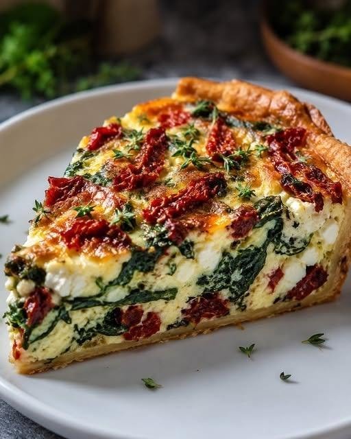 🥬 Spinach, Sun-Dried Tomato & Feta Crustless Quiche There are some recipes that look simple on paper but somehow taste like you put so much more effort into them. This Spinach, Sun-Dried Tomato & Feta Crustless Quiche is exactly that kind of recipe. I love making it on a slow weekend morning when I want something warm and savory without spending the whole morning in the kitchen. One time I had a bag of spinach, some sun-dried tomatoes, and feta waiting in the fridge, so I decided to turn them into a crustless quiche. It was one of those "let's see what happens" meals that ended up being much better than expected. The spinach becomes tender, the sun-dried tomatoes add little bursts of sweet-tangy flavor, and the feta gives everything that salty, creamy Mediterranean touch. The eggs bake into a soft, delicate custard that holds everything together beautifully. And because there is no pastry crust, the whole recipe feels lighter and much easier. It's the kind of breakfast I make when I want something comforting but still fresh—and it's just as good for lunch or a simple dinner. ❤️ Why You'll Love This Crustless Quiche No pastry crust to make or roll Easy one-dish breakfast or brunch Naturally low in carbohydrates Packed with spinach and flavorful sun-dried tomatoes Salty, creamy feta in every bite Delicious warm, room temperature, or chilled Excellent for meal prep Easy to customize Vegetarian Great for breakfast, lunch, brunch, or a light dinner The combination of spinach, feta, sun-dried tomatoes, eggs, and herbs is commonly used in crustless quiche recipes, and removing the crust makes preparation especially straightforward. 🛒 Ingredients You'll Need For the Quiche 8 large eggs 1 cup whole milk 1/2 cup heavy cream 2 tablespoons olive oil 1 small yellow onion, finely diced 3 garlic cloves, minced 5 cups fresh spinach, roughly chopped 3/4 cup sun-dried tomatoes, drained and sliced 1 cup crumbled feta cheese 1/2 cup shredded mozzarella, optional 1/4 cup grated Parmesan 1 teaspoon dried oregano 1/2 teaspoon dried thyme 1/2 teaspoon paprika 1/2 teaspoon black pepper 1/2 teaspoon salt, or less depending on the feta Pinch of red pepper flakes, optional For the Top 2 tablespoons crumbled feta 1 tablespoon chopped sun-dried tomatoes 1 tablespoon Parmesan 1 tablespoon chopped fresh parsley or dill Important: If your sun-dried tomatoes are packed in oil, drain them well before chopping. If they're very salty, you may also want to reduce the added salt. 🥚 How to Make Spinach, Sun-Dried Tomato & Feta Crustless Quiche 1. Preheat the Oven Preheat your oven to 350°F (175°C). Lightly grease a 9-inch deep-dish pie plate or similar baking dish with olive oil or nonstick spray. A deep dish gives the quiche enough room to rise slightly without spilling over. 2. Cook the Onion and Garlic Heat the olive oil in a large skillet over medium heat. Add the diced onion and cook for about 3–4 minutes, until softened. Add the minced garlic and cook for another 30 seconds. You don't want the garlic to brown too much. Just let it become fragrant. 3. Add the Spinach Add the chopped spinach to the skillet. It may look like far too much at first, but don't worry—it will shrink dramatically. Cook for 2–3 minutes, stirring frequently, until wilted. The Important Part: Remove Excess Moisture Transfer the spinach mixture to a fine-mesh strainer or clean kitchen towel. Press or squeeze out as much excess liquid as you can. This step is extremely important. Spinach contains a surprising amount of water, and too much moisture can leave a crustless quiche watery or prevent the custard from setting properly. Let the spinach cool slightly. 🍅 4. Prepare the Sun-Dried Tomatoes Drain the sun-dried tomatoes well. Slice them into smaller pieces so you get little bursts of tomato throughout the quiche instead of large chewy pieces. I like using oil-packed sun-dried tomatoes because they have such a concentrated flavor, but make sure you drain away excess oil first. 🥣 5. Make the Egg Mixture In a large mixing bowl, whisk together: Eggs Whole milk Heavy cream Parmesan Oregano Thyme Paprika Black pepper Salt Red pepper flakes, if using Whisk until smooth. Don't overbeat the eggs. You simply want everything evenly combined. The heavy cream makes the custard rich and silky, while the milk keeps it from becoming too heavy. 🧀 6. Add the Filling Add the cooked spinach and onion mixture to the egg mixture. Stir in: Sun-dried tomatoes Feta Mozzarella, if using Give everything a gentle stir. You want the ingredients evenly distributed throughout the custard. 🥧 7. Fill the Baking Dish Pour the mixture into your prepared baking dish. Sprinkle the remaining feta, Parmesan, and chopped sun-dried tomatoes over the top. Finish with a little fresh parsley or dill. Don't fill the dish completely to the rim—the quiche will puff slightly as it bakes. 🔥 8. Bake Place the quiche in the center of the oven. Bake for 40–50 minutes, depending on the depth of your baking dish. The edges should be set and lightly golden, while the center should have just a slight jiggle. You don't want the middle to look completely liquid, but you also don't want to bake it until it's completely firm and dry. If the top starts browning too quickly, loosely cover it with foil for the remaining baking time. ⏰ 9. Let It Rest This is one step I wouldn't skip. Remove the quiche from the oven and let it rest for 10–15 minutes before slicing. The center will continue to set as it cools. You'll also get much cleaner slices. I know it's tempting to cut into it immediately because the smell is incredible, but those few extra minutes are worth it. ✨ My Best Tips for a Perfect Crustless Quiche Squeeze the spinach really well This is probably the most important tip. Too much spinach moisture can make the custard watery. Don't overbake A quiche should have a tender, creamy center. If you bake it until it's completely firm and dry, the eggs can become rubbery. Watch the salt Feta and sun-dried tomatoes can both be salty, so taste your filling before adding too much additional salt. Use a deep pie dish The mixture is fairly generous, so a deep 9-inch pie dish works better than a shallow one. Let it rest The quiche becomes easier to slice and the texture improves as it cools slightly. Drain oil-packed tomatoes A little oil adds wonderful flavor, but excess oil can make the finished quiche greasy. 🌿 Fresh vs. Frozen Spinach You can use either. Fresh Spinach Fresh spinach has a lovely flavor and only needs a couple of minutes in the skillet. Frozen Spinach Frozen chopped spinach is convenient and works very well. Thaw it completely and squeeze out as much liquid as possible before adding it. In fact, frozen spinach can be especially convenient when you're making this for meal prep. 🧀 What Cheese Works Best? Feta is the star here, but you can add other cheeses for a slightly different texture. Mozzarella Makes the quiche softer and stretchier. Parmesan Adds a nutty, savory flavor. Goat Cheese Creates a creamier, tangier filling. Gruyère Adds a richer, slightly nutty flavor. Cheddar Not traditionally Mediterranean, but surprisingly delicious if you want a more comforting, cheesy version. 🌞 Easy Variations Mediterranean Crustless Quiche Add: Kalamata olives Roasted red peppers Extra oregano Fresh parsley The combination of olives, feta, spinach, and sun-dried tomatoes gives the quiche an even stronger Mediterranean character. Mushroom Spinach Quiche Sauté 1 cup sliced mushrooms with the onion before adding the spinach. Cook the mushrooms until most of their moisture has evaporated. Spinach, Feta & Bacon Quiche Add 1/2 cup cooked crumbled bacon. The smoky bacon works beautifully with the tangy feta. Greek-Inspired Quiche Add: Fresh dill Green onions Kalamata olives Feta Lemon zest It's bright, fresh, and especially good served with cucumber and tomato salad. Spicy Spinach Quiche Add extra red pepper flakes or finely diced jalapeño. Extra Vegetable Quiche Add finely chopped: Bell pepper Zucchini Mushrooms Broccoli Just remember to cook moisture-heavy vegetables first so they don't make the quiche watery. 🥗 What to Serve With It This quiche is satisfying enough to stand on its own, but I love serving it with something fresh. Try it with: Simple green salad Cucumber and tomato salad Avocado Roasted vegetables Fresh berries Greek salad Sautéed mushrooms Crispy bacon Fresh fruit For brunch, a simple salad dressed with lemon and olive oil is especially good alongside the rich feta and egg custard. ☕ Perfect for Breakfast or Brunch One of the things I love most about crustless quiche is how versatile it is. You can make it on a Sunday morning and serve it warm with coffee. You can make it ahead for a brunch gathering. You can slice it into portions for weekday breakfasts. Or you can serve it for dinner with a big salad when you want something easy and comforting. It's one of those recipes that doesn't really belong to one meal. 🌙 Can You Make It Ahead? Absolutely. You can prepare the entire quiche up to 24 hours ahead. Bake it according to the recipe, allow it to cool completely, cover it tightly, and refrigerate. When you're ready to serve, warm it gently in a 300–325°F oven until heated through. It can also be served at room temperature, which makes it particularly convenient for brunch. 🧊 How to Store Leftovers Allow the quiche to cool before covering it. Store in the refrigerator for up to 4 days. Keep individual slices in airtight containers for easy breakfasts or lunches. To reheat, microwave individual slices for about 30–60 seconds, or warm them in a 325°F oven until heated through. The oven gives you the best texture. ❄️ Can You Freeze Crustless Quiche? Yes. Let the baked quiche cool completely. Slice it into individual portions and wrap each piece tightly. Place the wrapped slices in a freezer-safe container or bag. Freeze for up to 2 months for the best quality. Thaw overnight in the refrigerator and reheat gently. The texture may be slightly softer after freezing, but it still makes a very convenient make-ahead breakfast. 🥚 How Do I Know When Quiche Is Done? The edges should look set and slightly puffed. The center should have a gentle jiggle when you carefully move the dish. If the center is still visibly liquid, give it another 5–10 minutes. Remember that the quiche continues cooking and setting after you remove it from the oven. ❓ Frequently Asked Questions Is crustless quiche keto? This recipe is naturally low in carbohydrates because it doesn't contain a pastry crust. The exact carbohydrate count depends on the milk, sun-dried tomatoes, and other ingredients you use. Can I use only heavy cream? Yes. Replace the milk with additional heavy cream for a richer quiche. Can I use almond milk? Yes. Unsweetened almond milk can be substituted for the whole milk, although the finished quiche will be slightly less rich. Why is my quiche watery? The most common reason is excess moisture from spinach or other vegetables. Cook the spinach first and squeeze it very well before adding it to the egg mixture. Can I use frozen spinach? Yes. Thaw it completely and squeeze out as much liquid as possible. Can I skip the Parmesan? Absolutely. The Parmesan adds extra savory flavor, but the quiche will still work without it. Can I add meat? Yes. Cooked bacon, sausage, ham, or shredded chicken can all work well. Can I make mini crustless quiches? Yes. Divide the mixture among greased muffin cups and reduce the baking time. Start checking them around 20–25 minutes. Can I serve this cold? Definitely. Crustless quiche is delicious warm, at room temperature, or chilled. How far ahead can I make it? For the best texture, make it up to 24 hours ahead, although properly refrigerated leftovers will keep for several days. 📝 Recipe at a Glance Prep Time: 15 minutes Cook Time: 40–50 minutes Resting Time: 10–15 minutes Total Time: About 1 hour 10 minutes Servings: 6–8 Category: Breakfast, Brunch, Lunch Cuisine: Mediterranean-inspired Method: Baked Crust: None 🥬 Spinach, Sun-Dried Tomato & Feta Crustless Quiche Recipe Ingredients 8 large eggs 1 cup whole milk 1/2 cup heavy cream 2 tbsp olive oil 1 small onion, diced 3 garlic cloves, minced 5 cups fresh spinach, chopped 3/4 cup sun-dried tomatoes, drained and sliced 1 cup crumbled feta 1/2 cup mozzarella, optional 1/4 cup Parmesan 1 tsp dried oregano 1/2 tsp dried thyme 1/2 tsp paprika 1/2 tsp black pepper 1/2 tsp salt, or to taste Pinch of red pepper flakes, optional Instructions Preheat oven to 350°F (175°C) and grease a deep 9-inch pie dish. Heat olive oil in a skillet over medium heat. Cook onion for 3–4 minutes until softened. Add garlic and cook for 30 seconds. Add spinach and cook until wilted. Transfer spinach to a strainer or towel and squeeze out excess moisture. Whisk eggs, milk, cream, Parmesan, oregano, thyme, paprika, pepper, salt, and red pepper flakes. Stir in spinach, sun-dried tomatoes, feta, and mozzarella. Pour mixture into the prepared baking dish. Sprinkle additional feta and Parmesan over the top. Bake for 40–50 minutes, until the edges are set and the center has only a slight jiggle. Rest for 10–15 minutes. Slice and serve warm, at room temperature, or chilled. ❤️ Final Thoughts This Spinach, Sun-Dried Tomato & Feta Crustless Quiche is exactly the kind of recipe I like keeping in my regular rotation. It's simple enough for a weekday breakfast, pretty enough for brunch, and filling enough to serve for dinner with a crisp salad. I especially love that first bite—the soft egg custard, salty feta, tender spinach, and little bursts of sweet-tangy sun-dried tomato all coming together. And because there's no crust to fuss with, it feels almost effortless. Sometimes the best recipes really are the uncomplicated ones: a handful of good ingredients, one baking dish, and a little time in the oven. This is definitely one I'd happily make again and again.