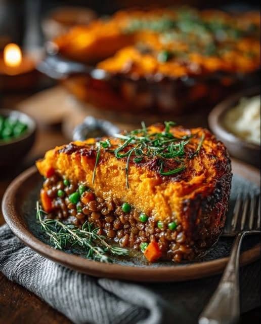🍠 Sweet Potato & Lentil Shepherd’s Pie There are certain dinners that make the whole house feel warmer, and Sweet Potato & Lentil Shepherd’s Pie is definitely one of them. I love making this when I want something hearty and comforting but don't want meat to be the center of the meal. The lentils simmer with onions, carrots, celery, garlic, herbs, and a rich tomato-based gravy until everything is savory and cozy. Then the whole thing gets covered with a thick layer of creamy mashed sweet potatoes and baked until the edges are bubbling and the top develops those beautiful golden spots. I first started making versions of lentil shepherd's pie on chilly weekends when I wanted a dinner that felt homemade in the best possible way. It's the kind of dish that can sit in the middle of the table and make everyone slow down for a minute. And that sweet potato topping? It gives the classic comfort-food casserole a gorgeous twist. The filling is savory and earthy, while the sweet potatoes bring just enough natural sweetness to balance everything. It's hearty, colorful, satisfying, and the kind of meal that tastes even better the next day. ❤️ Why You'll Love This Shepherd's Pie Hearty and satisfying without meat Creamy sweet potato topping Protein- and fiber-rich lentils Packed with vegetables Cozy, savory herb flavor Great for family dinners Excellent make-ahead meal Freezer-friendly Naturally vegetarian Easy to make vegan with a few simple swaps Lentil shepherd's pies commonly combine lentils with onions, carrots, celery, garlic, herbs, stock, and tomato paste, then finish the filling with mashed potatoes or sweet potatoes before baking. 🛒 Ingredients For the Sweet Potato Topping 2 lbs sweet potatoes, peeled and cut into chunks 2 tbsp butter or olive oil 1/4 cup milk or unsweetened plant-based milk 1/2 tsp salt 1/4 tsp black pepper 1/4 tsp garlic powder, optional For the Lentil Filling 1 1/2 cups dried brown or green lentils, rinsed 2 tbsp olive oil 1 large yellow onion, finely diced 2 medium carrots, diced 2 celery stalks, diced 3 garlic cloves, minced 8 oz mushrooms, finely chopped 2 tbsp tomato paste 3 1/2 cups vegetable broth 1 tsp dried thyme 1/2 tsp dried rosemary 1 tbsp Worcestershire sauce or vegetarian Worcestershire 1/2 tsp smoked paprika 1 cup frozen peas 1/2 tsp salt, plus more to taste 1/4 tsp black pepper 1 tbsp chopped fresh parsley Optional Topping 1 tbsp melted butter or olive oil Extra fresh thyme A little grated Parmesan, if not making it vegan 👩‍🍳 How to Make Sweet Potato & Lentil Shepherd's Pie Step 1: Cook the Sweet Potatoes Place the peeled and cubed sweet potatoes in a large pot. Cover them with cold water and add a generous pinch of salt. Bring to a boil, then reduce the heat and simmer for approximately 15–20 minutes, or until the sweet potatoes are completely fork-tender. Drain well. Return the sweet potatoes to the warm pot and let them sit for a minute or two so excess moisture can evaporate. This little step helps prevent watery mashed sweet potatoes. 🥄 Step 2: Make the Sweet Potato Mash Add the butter or olive oil and milk. Mash until smooth and creamy. Season with salt, pepper, and optional garlic powder. You don't necessarily need perfectly silky mashed sweet potatoes. I actually like leaving a few tiny pieces because they give the topping some texture. Taste and adjust the seasoning. Set aside while you make the filling. 🧅 Step 3: Start the Lentil Filling Heat olive oil in a large deep skillet or Dutch oven over medium heat. Add the onion, carrots, and celery. Cook for approximately 6–8 minutes, stirring occasionally, until the vegetables begin to soften. Add the chopped mushrooms. Cook for another 5–7 minutes. The mushrooms will release moisture and then begin to brown. Add the garlic and cook for another 30–60 seconds. Your kitchen should already smell fantastic at this point. 🍅 Step 4: Build the Savory Filling Stir in the tomato paste. Cook for about 1 minute. Add: Thyme Rosemary Smoked paprika Worcestershire sauce Black pepper Stir everything together. The tomato paste helps give the filling that deep, savory flavor you want from a shepherd's pie. 🌱 Step 5: Add the Lentils Pour in the rinsed lentils and vegetable broth. Stir well, scraping the bottom of the pan to make sure nothing is sticking. Bring the mixture to a boil. Then reduce the heat to low. Cover partially and simmer for approximately 25–35 minutes, or until the lentils are tender. Cooking time will depend on the age and variety of your lentils. Stir occasionally and add another splash of broth or water if the mixture becomes too dry before the lentils are tender. 🟢 Step 6: Add the Peas Once the lentils are cooked, stir in the frozen peas. Cook for another 3–5 minutes. Taste the filling. Add salt and pepper as needed. The filling should be thick and spoonable, not soupy. If it looks too loose, simmer uncovered for a few extra minutes. This is important because a watery filling can make the sweet potato topping slide around. 🔥 Step 7: Assemble the Shepherd's Pie Preheat your oven to 400°F (200°C). Lightly grease a 9 x 13-inch baking dish or similar 2½–3-quart casserole dish. Transfer the lentil filling into the dish. Spread it into an even layer. Now spoon the mashed sweet potatoes over the top. Gently spread the mash all the way to the edges. Try to completely cover the filling. ✨ Step 8: Make the Top Golden Here's one of my favorite little tricks. Run a fork gently across the surface of the sweet potatoes. Those little ridges will catch the heat and develop beautifully golden edges as the pie bakes. Brush or drizzle the top with a little melted butter or olive oil. Add a sprinkle of fresh thyme if desired. 🔥 Step 9: Bake Place the shepherd's pie in the oven. Bake for approximately 20–25 minutes, until the filling is bubbling around the edges and the sweet potato topping is beginning to brown. For an even more golden top, switch the oven to broil for 1–2 minutes at the end. Watch it carefully. Sweet potatoes can brown quickly under the broiler. Remove the pie from the oven and let it rest for 10 minutes before serving. That short resting time allows the filling to settle so it doesn't run all over the plate. 🍽️ What to Serve With Lentil Shepherd's Pie This is already a complete and filling meal, but a fresh side makes it even better. Simple Green Salad Try mixed greens with lemon juice, olive oil, salt, and pepper. Roasted Brussels Sprouts Their slightly crispy edges are delicious with the creamy sweet potato topping. Steamed Green Beans A simple side of green beans keeps the meal fresh and light. Roasted Broccoli Especially good if you like plenty of vegetables on the table. Crusty Bread If you're not following a gluten-free or low-carb diet, a little crusty bread is wonderful for scooping up any leftover filling. 🌿 Easy Variations Mushroom & Lentil Shepherd's Pie Increase the mushrooms to 12 oz for an even meatier texture. The mushrooms add wonderful umami flavor. Vegan Shepherd's Pie Use olive oil instead of butter and unsweetened plant milk in the sweet potato mash. Make sure your Worcestershire sauce is vegan, or replace it with a little soy sauce or tamari. Spicy Shepherd's Pie Add 1/4 teaspoon crushed red pepper flakes to the filling. You can also add a finely diced jalapeño with the onion. Extra Vegetable Shepherd's Pie Add chopped zucchini, bell peppers, spinach, or corn. Just avoid adding too many watery vegetables or the filling can become loose. Cheesy Sweet Potato Topping If you're not making it vegan, sprinkle 1/2 cup shredded sharp cheddar or Parmesan over the sweet potato topping before baking. It creates an irresistible golden crust. 🥕 Can I Use Canned Lentils? Absolutely. Canned lentils make this recipe much faster. Instead of simmering dried lentils in the broth, use approximately 3 cups cooked and drained lentils. Prepare the vegetable filling as directed, then add the cooked lentils along with about 1 cup vegetable broth. Simmer for approximately 10–15 minutes, allowing the flavors to blend and the mixture to thicken. Using cooked lentils is also a convenient approach used in other lentil shepherd's pie recipes. ⏰ Can I Make It Ahead? Yes, and this is one of the best things about shepherd's pie. You can assemble the entire casserole 1 day ahead. Cover it tightly and refrigerate. When you're ready to bake, remove it from the refrigerator while the oven preheats. Because it's starting cold, you may need to add 10–15 minutes to the baking time. Make sure the center is hot before serving. ❄️ Can You Freeze Sweet Potato & Lentil Shepherd's Pie? Yes. For best results, assemble the pie but don't bake it. Allow the filling and topping to cool completely first. Cover tightly with plastic wrap and foil or use a freezer-safe casserole container. Freeze for up to approximately 3 months. Thaw overnight in the refrigerator before baking. You can also freeze individual portions in freezer-safe containers. That makes this a fantastic meal-prep option. 🧊 How to Store Leftovers Let the pie cool, then cover and refrigerate. It should keep well for approximately 3–4 days. Reheat individual portions in the microwave or warm larger portions in a 350°F oven until heated through. The sweet potato topping often becomes even more flavorful after a night in the refrigerator. 💡 Tips for the Best Shepherd's Pie Don't make the filling too wet A thick filling gives you the best layers. If yours looks soupy, simmer uncovered until some of the liquid evaporates. Dry the sweet potatoes well After boiling, let them steam dry briefly before mashing. Taste the filling before assembling The topping is mild and slightly sweet, so the lentil filling should be well seasoned. Use brown or green lentils They hold their shape nicely and provide a hearty texture. Red lentils tend to break down much more quickly. Create ridges on the topping A fork creates little peaks that brown beautifully in the oven. Let it rest Give the finished pie about 10 minutes before serving. It will be easier to scoop and won't collapse into a puddle on the plate. ❓ Frequently Asked Questions Is shepherd's pie traditionally made with lentils? Traditional shepherd's pie is made with lamb, while vegetarian versions replace the meat with ingredients such as lentils and mushrooms. Sweet potato is also a common alternative to the traditional mashed potato topping. Is this recipe vegan? It can be. Use olive oil instead of butter, plant-based milk, and vegan Worcestershire sauce. Can I use regular potatoes? Definitely. If you prefer a more traditional topping, replace the sweet potatoes with approximately 2 pounds of russet or Yukon Gold potatoes. Can I use canned lentils? Yes. Use about 3 cups cooked lentils and reduce the amount of broth significantly. Why is my filling watery? Usually the lentils haven't absorbed enough liquid yet, or there is simply too much broth. Simmer uncovered until thickened before transferring the filling to the baking dish. Can I add cheese? Absolutely. Parmesan, cheddar, Gruyère, or feta can all work, although cheese isn't necessary. Can I make mini shepherd's pies? Yes. Divide the filling among individual oven-safe ramekins, top with sweet potato mash, and bake until bubbling and golden. Can I use butternut squash instead of sweet potato? Yes. You can replace some or all of the sweet potato with cooked butternut squash for a slightly less sweet topping. 📝 Recipe at a Glance Prep Time: 25 minutes Cook Time: 50–60 minutes Bake Time: 20–25 minutes Total Time: About 1 hour 15 minutes Servings: 6 Course: Main Course Cuisine: British-inspired Diet: Vegetarian, easily vegan 🍠 Sweet Potato & Lentil Shepherd's Pie Recipe Ingredients Sweet Potato Topping 2 lbs sweet potatoes 2 tbsp butter or olive oil 1/4 cup milk or unsweetened plant milk 1/2 tsp salt 1/4 tsp black pepper 1/4 tsp garlic powder, optional Lentil Filling 1 1/2 cups dried brown or green lentils 2 tbsp olive oil 1 large onion 2 carrots 2 celery stalks 3 garlic cloves 8 oz mushrooms 2 tbsp tomato paste 3 1/2 cups vegetable broth 1 tsp dried thyme 1/2 tsp dried rosemary 1 tbsp Worcestershire sauce 1/2 tsp smoked paprika 1 cup frozen peas Salt and pepper 1 tbsp fresh parsley Instructions Boil sweet potatoes for 15–20 minutes, until fork-tender. Drain and steam dry briefly. Mash with butter or olive oil, milk, salt, pepper, and optional garlic powder. Heat olive oil in a large skillet or Dutch oven. Sauté onion, carrots, and celery for 6–8 minutes. Add mushrooms and cook another 5–7 minutes. Add garlic and cook for 30–60 seconds. Stir in tomato paste, thyme, rosemary, smoked paprika, Worcestershire sauce, and pepper. Add rinsed lentils and vegetable broth. Simmer partially covered for 25–35 minutes, until lentils are tender. Stir in frozen peas and cook another 3–5 minutes. Taste and adjust seasoning. Heat oven to 400°F. Transfer filling to a greased baking dish. Spread mashed sweet potatoes evenly over the top. Drag a fork across the surface to create ridges. Brush with a little butter or olive oil. Bake 20–25 minutes, until bubbling and golden. Broil for 1–2 minutes if you want a darker crust. Rest for 10 minutes, then serve. ❤️ Final Thoughts This Sweet Potato & Lentil Shepherd's Pie is the kind of dinner that makes a regular evening feel a little more special. It's warm, filling, colorful, and comforting without feeling heavy. I especially love the contrast between the savory lentil filling and that naturally sweet, creamy layer of mashed sweet potatoes. It's also one of those recipes that's perfect for sharing. Make it on a Sunday afternoon, let it bubble away in the oven, and bring the whole dish to the table. The first spoonful gives you a little of everything—the golden sweet potato topping, savory lentils, tender vegetables, and rich herb-filled gravy. And if there's a little leftover the next day? Even better. This is comfort food with plenty of vegetables, plenty of flavor, and absolutely no need for meat to make it satisfying. 🍠🌿🥕