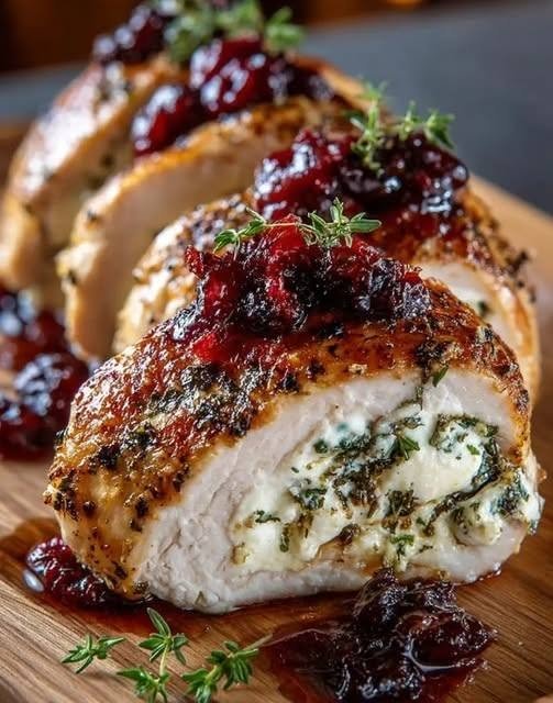 Burrata Stuffed Chicken Breasts with Cranberry Glaze There are some dinners that just feel a little more special the moment you put them on the table. This Burrata Stuffed Chicken Breasts with Cranberry Glaze is one of those recipes. I first fell in love with the idea of pairing creamy cheese with cranberry because the combination has everything I want in a comforting dinner: something savory, something rich, something slightly sweet, and a little bit of brightness to bring it all together. This is the kind of meal I love making on a relaxed weekend when I want dinner to feel special without spending the entire afternoon in the kitchen. The chicken gets beautifully golden on the outside, while the burrata tucked inside becomes wonderfully soft and creamy. Then comes that glossy cranberry glaze—tart, sweet, and just bold enough to make every bite interesting. And honestly, it looks much harder to make than it actually is. ❤️ Why You'll Love This Recipe Creamy and juicy: Burrata melts into the chicken, creating a rich, luscious center. Sweet-tart cranberry glaze: The cranberry adds a beautiful contrast to the savory chicken and creamy cheese. Dinner-party worthy: It looks gorgeous sliced and drizzled with glaze. Simple ingredients: Nothing complicated is required. Perfect for holidays: The cranberry makes it especially lovely for Thanksgiving, Christmas, or a festive Sunday dinner. Great for a cozy weekend: It feels indulgent without requiring a complicated cooking project. 🛒 Ingredients You'll Need For the Chicken 4 boneless, skinless chicken breasts 8 ounces burrata cheese 2 tablespoons olive oil 1 teaspoon garlic powder 1 teaspoon dried thyme 1 teaspoon Italian seasoning 1/2 teaspoon paprika 1 teaspoon kosher salt 1/2 teaspoon freshly ground black pepper For the Cranberry Glaze 1 cup fresh or frozen cranberries 1/2 cup chicken broth 1/4 cup orange juice 2 tablespoons maple syrup or honey 1 tablespoon balsamic vinegar 1 teaspoon Dijon mustard 1/2 teaspoon dried thyme 1/4 teaspoon salt 1/4 teaspoon black pepper For Garnishing Fresh thyme Fresh orange zest A few extra cranberries, optional Freshly cracked black pepper 🍗 How to Make Burrata Stuffed Chicken Breasts Step 1: Prepare the Chicken Preheat your oven to 375°F (190°C). Place the chicken breasts on a cutting board. Using a sharp knife, carefully cut a pocket horizontally into the thickest side of each breast. Be careful not to cut all the way through. You want a deep pocket that can hold the burrata while keeping the outside of the chicken intact. If your chicken breasts are particularly thick, gently pound them to an even thickness first. This helps them cook more evenly. Step 2: Season the Chicken In a small bowl, combine the garlic powder, thyme, Italian seasoning, paprika, salt, and black pepper. Rub the chicken breasts with olive oil, then season both the outside and inside of the pockets. Don't be shy with the seasoning. Chicken breasts are mild, and the herbs help balance the creamy burrata and sweet cranberry glaze. Step 3: Stuff with Burrata Drain the burrata well and gently tear it into smaller pieces. Divide the burrata between the four chicken breasts, tucking it into the pockets. Don't worry if the burrata feels a little messy. That's part of the charm. You want enough cheese inside to create that creamy center, but don't overstuff the chicken or it may be difficult to close. Secure each opening with 1–2 toothpicks. Tip: Keep track of how many toothpicks you use so you can remove every single one before serving. Step 4: Sear the Chicken Heat an oven-safe skillet over medium-high heat and add the remaining olive oil. Place the stuffed chicken breasts into the hot skillet and sear for about 2–3 minutes per side, or until nicely golden brown. You aren't trying to cook the chicken all the way through at this stage. The goal is simply to develop a beautiful golden crust. Step 5: Finish in the Oven Transfer the skillet to the preheated oven. Bake for approximately 18–25 minutes, depending on the thickness of your chicken breasts. The safest way to know they're ready is to check the thickest part with an instant-read thermometer. Chicken should reach 165°F (74°C) internally. Remove the chicken from the oven and let it rest for about 5 minutes before slicing. Step 6: Make the Cranberry Glaze While the chicken cooks, prepare the glaze. Add the cranberries, chicken broth, orange juice, maple syrup, balsamic vinegar, Dijon mustard, thyme, salt, and pepper to a small saucepan. Bring the mixture to a gentle simmer over medium heat. Cook for approximately 10–15 minutes, stirring occasionally, until the cranberries soften and the liquid reduces into a glossy sauce. For a smoother glaze, gently mash the cranberries with the back of a spoon as they cook. If you prefer a completely smooth sauce, strain it through a fine-mesh sieve before serving. Step 7: Plate and Serve Remove the toothpicks from the chicken. Slice each breast slightly on an angle so the creamy burrata center is visible. Arrange the chicken on a serving platter and spoon the warm cranberry glaze over the top. Finish with fresh thyme, a little orange zest, and freshly cracked black pepper. And that's it. You've got a dinner that looks like it came straight from a beautiful restaurant kitchen. ✨ A Few Tips for Perfect Stuffed Chicken Don't overstuff the chicken Burrata is wonderfully creamy, but you don't need to pack the pocket completely full. Too much filling can leak out during cooking. Drain the burrata first Burrata contains a creamy center, so it can release quite a bit of moisture. Letting it drain for a few minutes makes stuffing the chicken easier. Use thick chicken breasts Very thin chicken breasts don't leave enough room for a good filling. If yours are thin, consider folding them around the burrata instead of cutting a pocket. Secure the opening Toothpicks make a big difference. They help keep the cheese contained while the chicken cooks. Let the chicken rest Don't rush straight from the oven to slicing. A five-minute rest gives the juices time to redistribute and helps keep the chicken moist. Don't skip the glaze The cranberry glaze isn't just decoration. Its tart sweetness cuts through the richness of the burrata and makes the entire dish taste more balanced. 🍊 Easy Variations Add fresh rosemary Replace the thyme with fresh rosemary for an earthier, more holiday-inspired flavor. Add spinach Wilt a handful of baby spinach, let it cool, then mix it with the burrata before stuffing the chicken. Add chopped pecans For a little crunch, add finely chopped toasted pecans to the burrata filling. Make it extra citrusy Add a little orange zest directly to the cranberry glaze for an even brighter flavor. Use goat cheese If you don't have burrata, a mixture of soft goat cheese and mozzarella makes a delicious alternative. Burrata is especially creamy, though, so it's my first choice for this recipe. 🥔 What to Serve with Burrata Stuffed Chicken This chicken pairs beautifully with simple sides because the chicken and glaze already bring plenty of flavor. Try serving it with: Creamy mashed potatoes Roasted baby potatoes Garlic green beans Roasted Brussels sprouts Honey-glazed carrots Wild rice Simple arugula salad Roasted asparagus Buttery mashed cauliflower For a holiday dinner, I'd serve it alongside roasted Brussels sprouts and creamy mashed potatoes. The cranberry glaze running into the potatoes is one of those little things that makes the whole plate feel incredibly cozy. 🥂 When to Serve It This recipe is perfect when you want something a little more impressive than an ordinary chicken dinner. It's especially good for: Thanksgiving Christmas dinner Valentine's Day Date night Sunday dinner Dinner parties Family celebrations A cozy fall or winter meal But don't wait for a holiday. Sometimes the best reason to make a special dinner is simply because it's the weekend and everyone is home. 🧊 Storage Store leftover chicken in an airtight container in the refrigerator for up to 3–4 days. Keep the cranberry glaze in a separate container when possible. To reheat, place the chicken in a covered baking dish with a small splash of chicken broth and warm gently in a 325°F oven until heated through. You can also microwave individual portions in short intervals, although gentle oven reheating helps protect the texture of the chicken. ❄️ Can You Freeze Stuffed Chicken? Yes, but the texture of burrata can change slightly after freezing and thawing. For the best result, I recommend freezing the cooked chicken without the glaze. Let it cool completely, wrap it tightly, and freeze for up to 2 months. Thaw overnight in the refrigerator and reheat gently. The cranberry glaze is better made fresh because it takes only a few minutes. ❓ Frequently Asked Questions Can I use frozen cranberries? Absolutely. Frozen cranberries work beautifully in the glaze, and there's no need to thaw them first. Can I use cranberry sauce instead? Yes. If you already have leftover cranberry sauce, you can use it as a shortcut. Warm it gently with a splash of orange juice and a little balsamic vinegar to create a quick glaze. What if my burrata leaks out? A little melted cheese escaping is completely fine. In fact, those crispy golden bits of cheese around the chicken can be delicious. The important thing is not to overstuff the chicken and to secure the pocket well. Can I prepare this ahead of time? Yes. You can stuff and season the chicken several hours ahead of time and keep it refrigerated until you're ready to cook it. Make the cranberry glaze ahead as well, then gently reheat it before serving. Can I make this without an oven-safe skillet? Of course. Sear the chicken in a regular skillet, then transfer it to a lightly greased baking dish before placing it in the oven. How do I know the chicken is cooked? Use an instant-read thermometer in the thickest part of the chicken, avoiding the burrata filling. The chicken should reach 165°F (74°C). 📝 Recipe at a Glance Prep Time: 15 minutes Cook Time: 25–30 minutes Resting Time: 5 minutes Total Time: About 45–50 minutes Servings: 4 Ingredients Chicken: 4 chicken breasts 8 oz burrata 2 tbsp olive oil 1 tsp garlic powder 1 tsp dried thyme 1 tsp Italian seasoning 1/2 tsp paprika 1 tsp salt 1/2 tsp black pepper Cranberry Glaze: 1 cup cranberries 1/2 cup chicken broth 1/4 cup orange juice 2 tbsp maple syrup or honey 1 tbsp balsamic vinegar 1 tsp Dijon mustard 1/2 tsp thyme Salt and pepper Instructions Preheat oven to 375°F. Cut pockets into the thickest sides of the chicken breasts. Season the chicken inside and out. Fill each pocket with burrata and secure with toothpicks. Sear chicken for 2–3 minutes per side. Transfer to the oven and bake for 18–25 minutes, until the chicken reaches 165°F. Simmer the cranberry glaze ingredients for 10–15 minutes until thickened. Rest the chicken for 5 minutes. Remove toothpicks, slice, and spoon cranberry glaze over the top. Garnish with fresh thyme and orange zest. ❤️ Final Thoughts This Burrata Stuffed Chicken Breasts with Cranberry Glaze is exactly the sort of recipe I keep coming back to when I want an ordinary dinner to feel a little more memorable. There's something so satisfying about cutting into that golden chicken and seeing the creamy burrata tucked inside. Then you get a little cranberry glaze with each bite, and suddenly the combination makes perfect sense—savory chicken, rich cheese, tart cranberries, bright orange, and herbs all in one forkful. It would be beautiful on a holiday table, but honestly, I wouldn't save it just for special occasions. Make it on a quiet weekend. Put on some music, pour yourself something nice, and let dinner become the event. Sometimes those are the meals everyone remembers.