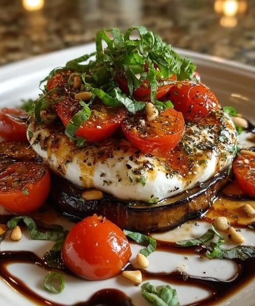 Burrata & Roasted Eggplant Stack There are some recipes that prove you don't need a long ingredient list to make dinner feel special. This Burrata & Roasted Eggplant Stack is one of them. I love making this when I'm craving something that feels fresh and a little elegant, but I don't want to spend hours in the kitchen. The eggplant roasts until tender and beautifully caramelized, the burrata becomes irresistibly creamy, and fresh tomatoes and basil bring everything back to life. I first started playing around with this combination after realizing just how good roasted eggplant is with creamy cheese. It reminded me of the kind of dish you'd order at a little Mediterranean restaurant—simple ingredients, beautiful presentation, and lots of flavor. And when I served it to my family, the first reaction was basically, "That's it?" Then everyone took a bite. The plate disappeared surprisingly quickly. That's when I knew this recipe was a keeper. ❤️ Why You'll Love This Eggplant Stack Creamy and savory: Burrata adds an incredibly luxurious texture. Tender roasted eggplant: Roasting brings out a rich, almost buttery quality. Fresh and bright: Tomato, basil, and lemon keep the dish from feeling too heavy. Beautiful presentation: The individual stacks look impressive on a serving platter. Vegetarian: A satisfying meat-free option for lunch, dinner, or entertaining. Simple ingredients: Most of the flavor comes from fresh produce, good olive oil, and burrata. Easy enough for a weeknight: Most of the work happens in the oven. 🛒 Ingredients You'll Need For the Eggplant 2 large eggplants 3 tablespoons extra-virgin olive oil 1 teaspoon dried oregano 1/2 teaspoon garlic powder 1/2 teaspoon sea salt 1/4 teaspoon freshly ground black pepper For the Stack 8 ounces burrata cheese 2 large ripe tomatoes 1/3 cup fresh basil leaves 2 tablespoons toasted pine nuts, optional 1/4 cup balsamic glaze 1 tablespoon extra-virgin olive oil Freshly cracked black pepper Optional Lemon Herb Drizzle 2 tablespoons extra-virgin olive oil 1 tablespoon fresh lemon juice 1 teaspoon finely grated lemon zest 1 small garlic clove, finely grated Pinch of salt The combination of roasted eggplant, burrata, herbs, and a bright acidic finish is particularly effective because the rich cheese benefits from something fresh and sharp alongside it. Similar eggplant-and-burrata preparations use olive oil, basil, balsamic, pesto, or other bright accompaniments to balance the creamy cheese. 🍆 How to Make Burrata & Roasted Eggplant Stack Step 1: Prepare the Eggplant Preheat your oven to 425°F (220°C). Wash the eggplants and trim off the ends. Slice them into rounds approximately 1/2 inch thick. You want the slices thick enough to hold their shape after roasting. Very thin slices can become too soft to stack. Arrange the eggplant slices on a large baking sheet. Sprinkle lightly with salt and let them sit for about 10–15 minutes. Pat away any moisture that appears. This step isn't absolutely essential with every modern eggplant, but it can help remove excess moisture and encourage better browning. Chefs commonly recommend salting and draining eggplant when bitterness or excess moisture is a concern. Step 2: Season the Eggplant Drizzle the eggplant slices with olive oil. Sprinkle both sides with oregano, garlic powder, salt, and black pepper. Rub the seasoning gently into the slices so every piece is coated. Arrange them in a single layer with a little space between each slice. Step 3: Roast Roast the eggplant for approximately 20–25 minutes, turning the slices halfway through. They're ready when they're deeply tender with golden-brown edges. Don't pull them out too early. Eggplant should become soft and silky rather than firm and spongy. Proper roasting is one of the easiest ways to bring out its rich flavor and creamy texture. If your eggplant isn't browned enough after roasting, give it another 3–5 minutes. Step 4: Prepare the Tomatoes While the eggplant roasts, slice the tomatoes into rounds approximately the same diameter as the eggplant. If your tomatoes are especially juicy, gently pat them with paper towels. You don't want too much tomato juice soaking into the finished stack. Season lightly with salt and black pepper. Step 5: Make the Lemon Herb Drizzle If you're using the optional drizzle, whisk together: Olive oil Lemon juice Lemon zest Garlic Salt Set aside. The lemon gives the finished dish a little lift, especially because burrata is rich and creamy. Step 6: Let the Eggplant Cool Slightly Remove the roasted eggplant from the oven and let it cool for about 5 minutes. You want it warm, but not piping hot. This is important because burrata is best treated gently. Rather than baking it until it loses its fresh texture, we're adding it near the end so the creamy center remains luxurious. 🧀 Step 7: Build the Stacks Now comes the fun part. For each serving, place one roasted eggplant slice on a plate. Top it with a tomato slice. Add another roasted eggplant slice. Then add another tomato slice. Continue until you have a small stack. For the final layer, gently tear the burrata and place a generous portion on top. You can also use a whole small burrata ball per stack if you're making fewer, larger portions. Don't worry about making it perfectly neat. In fact, I think it looks better when the burrata starts spilling naturally over the warm eggplant. 🌿 Step 8: Finish Everything Drizzle the stacks with balsamic glaze. Add the lemon-herb drizzle if using. Scatter fresh basil over the top. Sprinkle with toasted pine nuts for a little crunch. Finish with extra-virgin olive oil and freshly cracked black pepper. Serve immediately. ✨ My Favorite Trick for Better Flavor Don't refrigerate the burrata right up until the moment you serve it. Let it sit at room temperature for about 20–30 minutes before assembling the stacks. Cold burrata is delicious, but room-temperature burrata has a much softer, creamier texture and its flavor comes through beautifully. 🌰 Add Some Crunch One of the best things about this recipe is the contrast in textures. The eggplant is soft. The tomato is juicy. The burrata is creamy. So I always like adding something crunchy. Try: Toasted pine nuts Chopped pistachios Toasted walnuts Pumpkin seeds Crispy breadcrumbs Roasted sunflower seeds Pistachios are especially delicious with eggplant and burrata. 🌶️ Easy Variations Spicy Burrata Eggplant Stack Add a pinch of red pepper flakes to the eggplant before roasting. You can also drizzle the finished stack with chili oil. Pesto Eggplant Stack Replace the lemon drizzle with a spoonful of fresh basil pesto. Pesto and burrata are a particularly natural pairing with roasted eggplant. Mediterranean Version Add: Kalamata olives Crumbled feta Fresh oregano Toasted pine nuts Roasted Pepper Version Add thin strips of roasted red pepper between the eggplant and tomato layers. The sweetness of the peppers works beautifully with the creamy burrata. Extra Tomato Version Add a spoonful of chopped cherry tomatoes seasoned with basil, olive oil, salt, and pepper around the base of each stack. It makes the plate look colorful and gives you even more fresh tomato flavor. 🍽️ What to Serve with It This dish can be served as an appetizer, side dish, or light vegetarian main. For a larger meal, serve it with: Crusty sourdough bread Garlic bread Arugula salad Mediterranean cucumber salad Lemon-herb potatoes Grilled chicken Grilled fish Roasted vegetables Lentil salad If you're serving it as an appetizer, I like making smaller stacks and placing them individually on small plates. For lunch, make the stacks larger and serve them with a simple green salad. 🥗 Is It a Main Dish or an Appetizer? Honestly, it can be either. A small stack makes a beautiful appetizer for a dinner party. A larger stack with some crusty bread or a hearty salad makes a satisfying vegetarian lunch. And if you're entertaining, this is one of those dishes that looks far more complicated than it really is. That's always a win. 👩‍🍳 Tips for the Best Eggplant Stack Choose firm eggplant Look for eggplants that feel heavy for their size and have smooth, shiny skin. Don't slice the eggplant too thin About 1/2 inch is ideal for stacking. Give the eggplant room Crowding the pan can cause the slices to steam instead of roast. Use two baking sheets if necessary. Roast until genuinely tender Undercooked eggplant can have a spongy texture. You want the centers soft and creamy. Drain wet burrata If your burrata has a lot of liquid surrounding it, let it drain briefly before assembling. Use ripe but firm tomatoes You want tomatoes with plenty of flavor but enough structure to hold their shape. Add the burrata last The burrata doesn't need to be baked. Keeping it fresh preserves its signature creamy center. 🧊 Can You Make It Ahead? You can definitely prepare parts of this recipe ahead. Roast the eggplant up to one day in advance and refrigerate it in an airtight container. You can also prepare the lemon dressing and slice the tomatoes a few hours ahead. For the best presentation and texture, assemble the stacks shortly before serving. Don't assemble them hours in advance because the tomatoes can release moisture and soften the eggplant too much. 🧊 How to Store Leftovers Store leftover assembled stacks in an airtight container in the refrigerator and enjoy them within 1–2 days. For the best texture, however, store the roasted eggplant separately from the tomatoes and burrata whenever possible. The eggplant can be reheated gently in the oven or air fryer, then topped with fresh burrata and tomato. ❓ Frequently Asked Questions Do I have to salt the eggplant? Not always. Modern eggplants are often less bitter than older varieties. However, salting can help draw out excess moisture and can improve browning, especially with larger eggplants. Can I grill the eggplant instead? Absolutely. Brush the slices with olive oil and grill over medium-high heat for about 3–5 minutes per side, or until tender with attractive grill marks. Grilled eggplant works beautifully with burrata as well. Can I use mozzarella instead of burrata? Yes, but burrata is what makes this recipe special. Fresh mozzarella will give you a firmer, more sliceable cheese, while burrata provides that soft, creamy center. Can I use zucchini instead of eggplant? Yes. Slice zucchini into thick rounds or long strips and roast until tender. Keep in mind that zucchini contains more water, so it may not create quite as sturdy a stack. What if my stack keeps falling over? Don't make it too tall. Three or four vegetable layers are usually plenty. You can also place a small wooden appetizer pick through the center if you're preparing them for a party. Just remember to remove the pick before serving. Can I make this low-carb? Yes. The eggplant, burrata, olive oil, tomatoes, herbs, and nuts can fit naturally into a lower-carbohydrate meal. If you're following a strict keto plan, pay particular attention to the amount of balsamic glaze used, since commercial glazes can contain added sugar. 📝 Recipe at a Glance Prep Time: 15 minutes Roasting Time: 20–25 minutes Assembly: 10 minutes Total Time: About 45–50 minutes Servings: 4 Ingredients 2 large eggplants 3 tablespoons extra-virgin olive oil 1 teaspoon dried oregano 1/2 teaspoon garlic powder 1/2 teaspoon sea salt 1/4 teaspoon black pepper 8 ounces burrata 2 large tomatoes 1/3 cup fresh basil 2 tablespoons toasted pine nuts 1/4 cup balsamic glaze 1 tablespoon olive oil Optional Lemon Drizzle 2 tablespoons olive oil 1 tablespoon lemon juice 1 teaspoon lemon zest 1 small garlic clove Pinch of salt Instructions Preheat oven to 425°F (220°C). Slice eggplant into approximately 1/2-inch rounds. Salt lightly and let sit for 10–15 minutes; pat dry. Toss with olive oil, oregano, garlic powder, salt, and pepper. Roast for 20–25 minutes, turning halfway, until tender and golden. Slice tomatoes while the eggplant cooks. Whisk together the optional lemon drizzle. Let roasted eggplant cool for about 5 minutes. Layer eggplant and tomato slices into stacks. Top each stack generously with burrata. Drizzle with balsamic glaze and lemon dressing. Finish with fresh basil, toasted pine nuts, olive oil, and black pepper. Serve immediately. ❤️ Final Thoughts This Burrata & Roasted Eggplant Stack is one of those recipes I love when I want something that feels a little fancy without actually being difficult. The roasted eggplant becomes soft and almost buttery, the tomatoes bring freshness, and then that burrata sits right on top with its creamy center slowly spilling over everything. Add basil, a little balsamic, toasted pine nuts, and a drizzle of good olive oil, and suddenly a handful of simple ingredients feels like a restaurant-worthy plate. It's the kind of recipe I'd make for a relaxed weekend lunch, a summer dinner with friends, or one of those evenings when I want to slow down and actually enjoy the meal I'm making. And if you're cooking for people who claim they don't like eggplant, this might just be the recipe that changes their mind.
