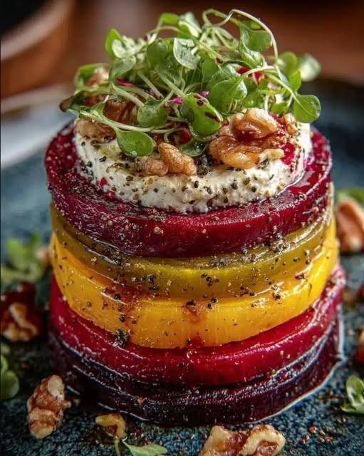 Healthy Beetroot Stack with Creamy Goat Cheese & Walnut Crunch There are some recipes that make you pause for a second before taking the first bite because they look almost too pretty to eat. This Healthy Beetroot Stack with Creamy Goat Cheese & Walnut Crunch is one of those recipes. I love making it when I want something that feels a little special without spending hours in the kitchen. The beautiful ruby-red beetroot layers look gorgeous against the creamy white goat cheese, while toasted walnuts add that irresistible little crunch on top. I first made this kind of beetroot stack for a relaxed weekend lunch, and it was one of those dishes that made the table feel instantly more special. The earthy sweetness of the beetroot, tangy goat cheese, bright lemon, sweet honey, and crunchy walnuts all work together beautifully. And the best part? It looks like something you'd order at a little café or restaurant, but it's surprisingly simple to put together at home. ❤️ Why You'll Love This Beetroot Stack Beautiful enough for entertaining Naturally vegetarian Fresh, colorful, and satisfying Creamy without being overly heavy Crunchy walnuts add wonderful texture Beetroot and goat cheese are a naturally delicious pairing Can be prepared partly in advance Perfect as an appetizer, light lunch, or side dish The combination of beetroot, goat cheese, walnuts, greens, lemon, and balsamic is a classic for good reason—the earthy sweetness of beetroot needs something creamy and tangy alongside it, while the walnuts bring contrast. 🛒 Ingredients You'll Need For the Beetroot Stack 4 medium beetroot, about 500 g, cooked and peeled 5 oz (140 g) soft goat cheese ⅓ cup Greek yogurt 1 tablespoon fresh lemon juice 1 teaspoon honey 1 small garlic clove, finely minced ¼ teaspoon salt ¼ teaspoon black pepper For the Walnut Crunch ½ cup walnuts, roughly chopped 1 tablespoon honey ½ teaspoon dried thyme Pinch of salt For the Dressing 2 tablespoons extra-virgin olive oil 1 tablespoon fresh lemon juice 1 tablespoon balsamic vinegar 1 teaspoon honey ½ teaspoon Dijon mustard Pinch of salt ¼ teaspoon black pepper For Garnishing Small handful of arugula or baby greens 1 tablespoon fresh dill, chopped 1 tablespoon pomegranate seeds 1 teaspoon finely grated lemon zest The goat cheese mixture is softened with Greek yogurt, which gives it a creamy, spreadable texture while keeping the flavor pleasantly tangy. 👩‍🍳 How to Make Healthy Beetroot Stacks 1. Prepare the Beetroot If you're starting with raw beetroot, cook it until fork-tender. You can roast, boil, or steam the beetroot. Once tender, let it cool enough to handle, then peel away the skins. Slice the beetroot into rounds approximately ¼ inch thick. Try to make the slices as even as possible. This makes the finished stacks much easier to build and gives them a prettier appearance. If you're short on time, refrigerated or vacuum-packed cooked beetroot works beautifully too. Just drain it well and pat the slices dry before assembling. A Little Beetroot Trick Place the sliced beetroot on paper towels and gently pat away excess moisture. This is important because wet beetroot can make the goat cheese cream slide around between the layers. 🧀 2. Make the Creamy Goat Cheese Filling Add the following to a food processor: Goat cheese Greek yogurt Lemon juice Honey Garlic Salt Black pepper Blend until smooth and creamy. If the mixture feels too thick to spread, add 1 teaspoon of water and blend again. You want a texture that's creamy enough to spread but thick enough to stay between the beetroot layers. Taste it. If you prefer a little more tang, add another squeeze of lemon. If you like a slightly sweeter flavor, add a tiny drizzle of honey. 🌰 3. Make the Walnut Crunch Place a dry skillet over medium-low heat. Add the chopped walnuts and toast for about 3–4 minutes, stirring frequently. You'll know they're ready when they smell wonderfully nutty and begin turning lightly golden. Add: 1 tablespoon honey Dried thyme Pinch of salt Stir for another 1–2 minutes. Keep the heat fairly low because honey can burn quickly. Transfer the walnuts immediately onto a sheet of parchment paper. Spread them apart and let them cool completely. As they cool, the honey coating will become firmer and create that delicious crunchy topping. 🍋 4. Make the Balsamic Lemon Dressing In a small bowl, whisk together: Olive oil Lemon juice Balsamic vinegar Honey Dijon mustard Salt Black pepper Whisk until the dressing looks smooth and lightly emulsified. Taste and adjust if needed. For a sharper dressing, add another splash of lemon juice. For a sweeter dressing, add a tiny bit more honey. 🥗 5. Start Building the Stacks Place one beetroot round in the center of each serving plate. Add a small spoonful of the goat cheese cream. Spread it gently toward the edges without pressing too hard. Add another beetroot slice. Then another layer of goat cheese. Continue until you have a neat little stack. I usually aim for 3–4 beetroot slices per stack. Finish with a final beetroot slice and a small spoonful of goat cheese cream. Don't make the cheese layers too thick. Thin, even layers give you the best balance of beetroot and creamy filling and help the stack stay upright. 🌰 6. Add the Walnut Crunch Scatter the cooled honey-thyme walnuts over the top. Don't crush them too finely. I like leaving a few larger pieces because that gives you a wonderful contrast against the soft beetroot and creamy cheese. Add a few extra walnuts around the plate too. 🍯 7. Drizzle the Dressing Spoon or drizzle the balsamic-lemon dressing lightly around each stack. You can add a tiny amount over the top as well. Don't drench the beetroot. The dressing is there to brighten the dish rather than overpower the goat cheese and beetroot. 🌿 8. Add the Finishing Touches Finish with: Fresh arugula Chopped dill Pomegranate seeds Lemon zest The green herbs and arugula make the red beetroot pop, while the pomegranate adds little bursts of freshness and sweetness. And that final sprinkle of lemon zest makes the whole plate smell incredible. ✨ How to Make Your Beetroot Stack Look Restaurant-Worthy The trick is less rather than more. Use a flat beetroot slice as the foundation. Keep the goat cheese layer thin and even. Don't pile too many layers on top of one another. Then add the walnuts slightly off-center rather than covering the entire stack. Finally, drizzle the dressing around the plate instead of flooding the top. A few little leaves of arugula and scattered pomegranate seeds make the presentation look effortless. 💡 My Best Tips Dry the beetroot well This is probably the most important tip. Excess moisture makes the cheese filling slide. Use soft goat cheese A soft chèvre-style goat cheese blends much more easily than a firm aged goat cheese. Don't burn the walnuts Keep the heat at medium-low once the honey goes into the pan. Honey can go from beautifully caramelized to burnt very quickly. Cool the walnuts completely They become noticeably crunchier as they cool. Keep the cheese layer modest Too much goat cheese makes the stacks unstable and can overwhelm the beetroot. Assemble shortly before serving The stacks look their best when freshly assembled. Preparing the components ahead of time makes this especially easy. 🥬 Can I Use Roasted Beetroot? Absolutely. Roasting gives beetroot an especially deep, sweet flavor. If using raw beetroot, wrap whole beetroot loosely in foil and roast at around 400°F (200°C) until a knife slides easily into the center. The exact cooking time depends on the size of the beetroot. Let them cool, peel, and slice. Roasted beetroot is also excellent in simpler goat cheese and walnut salads. 🧀 Easy Cheese Substitutions If goat cheese isn't your favorite, you have options. Whipped Feta More salty and savory, but delicious with beetroot. Ricotta Milder and softer. Cream Cheese Creates a richer, more traditional creamy texture. Feta + Greek Yogurt Blend feta with Greek yogurt for a tangy, lighter filling. That said, goat cheese is my first choice because its tanginess cuts beautifully through the natural sweetness of beetroot. 🌰 Walnut Substitutions Don't have walnuts? Try: Pecans Hazelnuts Almonds Pistachios Pumpkin seeds Pecans are especially delicious because they caramelize beautifully with honey. For a nut-free version, use toasted pumpkin or sunflower seeds. 🍽️ What to Serve With Beetroot Stacks These make a beautiful starter, but they can also become part of a larger meal. For a Light Lunch Serve with: Mixed green salad Crusty whole-grain bread Quinoa salad Lentil salad For Dinner Serve alongside: Grilled chicken Roasted salmon Grilled fish Herb-roasted vegetables Crispy potatoes For Entertaining Place individual beetroot stacks on small plates as an elegant appetizer. They're particularly pretty for: Dinner parties Weekend lunches Holiday meals Brunch Vegetarian gatherings 🥗 Turn It Into a Beetroot Goat Cheese Salad Don't feel like stacking? No problem. Simply arrange the beetroot slices over a bed of arugula. Add spoonfuls of the goat cheese cream, scatter the walnuts and pomegranate seeds over the top, then drizzle with the balsamic-lemon dressing. Same flavors. Much less assembly. The classic beetroot-goat cheese-walnut combination works beautifully in salad form as well. ⏰ Make-Ahead Instructions This recipe is actually very convenient for entertaining because most of the components can be prepared in advance. Up to 1 Day Ahead Prepare: Cooked beetroot Goat cheese cream Walnut crunch Dressing Store each component separately in the refrigerator, except the walnut crunch, which is best kept in an airtight container at room temperature once completely cool. Before Serving Slice the beetroot if needed. Build the stacks. Add the walnut crunch, dressing, herbs, pomegranate, and lemon zest just before serving. This keeps everything looking fresh and prevents the walnuts from becoming soft. 🧊 Storage If already assembled, cover the beetroot stacks carefully and refrigerate. They're best eaten within 1–2 days for the nicest presentation. For longer storage, keep the individual components separate. The beetroot, goat cheese mixture, and dressing can be prepared ahead and assembled when you're ready to serve. ❓ Frequently Asked Questions Can I use pre-cooked beetroot? Yes. It's one of the easiest shortcuts for this recipe. Choose plain cooked beetroot without added vinegar or seasoning, drain well, and pat dry before slicing. Can I make these ahead? Yes. Prepare all the components ahead, but assemble the stacks close to serving time for the best appearance. Can I use feta instead of goat cheese? Absolutely. Feta creates a saltier flavor, while goat cheese is softer and tangier. Can I make the walnut crunch without honey? Yes. Simply toast the walnuts with thyme and a pinch of salt. You'll lose the caramelized sweetness, but they'll still provide plenty of crunch. Can I use maple syrup instead of honey? Yes. Use a small amount of maple syrup in the walnut topping and dressing. Keep in mind that this changes the flavor and nutritional profile. How do I stop the stacks from falling over? Use relatively flat beetroot slices, keep the cheese layers thin, and don't make the stack excessively tall. Can I make this recipe vegan? You'll need to replace the goat cheese and Greek yogurt with plant-based alternatives and use maple syrup instead of honey. Is this a keto recipe? Beetroot naturally contains carbohydrates, and this recipe also contains honey and pomegranate, so I wouldn't automatically classify it as keto. If you're following a strict low-carb plan, the honey and garnish can be reduced or omitted and portions should be considered. 📝 Recipe at a Glance Recipe: Healthy Beetroot Stack with Creamy Goat Cheese & Walnut Crunch Prep Time: 20 minutes Cook Time: 5 minutes for the walnut crunch, plus beetroot cooking time if starting from raw Servings: 4 Course: Appetizer, Side Dish, Light Lunch Cuisine: Mediterranean-inspired Ingredients Beetroot Stack 4 medium cooked beetroot 5 oz soft goat cheese ⅓ cup Greek yogurt 1 tbsp lemon juice 1 tsp honey 1 garlic clove Salt and black pepper Walnut Crunch ½ cup walnuts 1 tbsp honey ½ tsp dried thyme Pinch of salt Dressing 2 tbsp extra-virgin olive oil 1 tbsp lemon juice 1 tbsp balsamic vinegar 1 tsp honey ½ tsp Dijon mustard Salt and pepper Garnish Arugula or baby greens Fresh dill Pomegranate seeds Lemon zest Instructions Cook, cool, peel, and slice the beetroot into ¼-inch rounds. Pat the beetroot dry. Blend goat cheese, Greek yogurt, lemon juice, honey, garlic, salt, and pepper until creamy. Toast walnuts for 3–4 minutes. Add honey, thyme, and salt; cook another 1–2 minutes. Cool the walnuts completely. Whisk together all dressing ingredients. Layer beetroot and goat cheese cream on serving plates. Finish with walnut crunch. Drizzle with dressing. Garnish with arugula, dill, pomegranate, and lemon zest. Serve slightly chilled or at cool room temperature. ❤️ A Little Restaurant Magic at Home I think this is one of those recipes that proves healthy food doesn't have to be boring—or complicated. You've got sweet, earthy beetroot. Tangy, creamy goat cheese. Crunchy honey-coated walnuts. Bright lemon. A little balsamic. Fresh herbs and juicy pomegranate. Every bite has something different going on. I love serving these when I want to impress people without spending the entire day cooking. The components are simple, but once you stack everything together and add that final sprinkle of walnuts and pomegranate, the whole dish suddenly feels special. And honestly, that's my favorite kind of recipe. Beautiful enough for company, simple enough for a weekday, and delicious enough that everyone asks for the recipe.