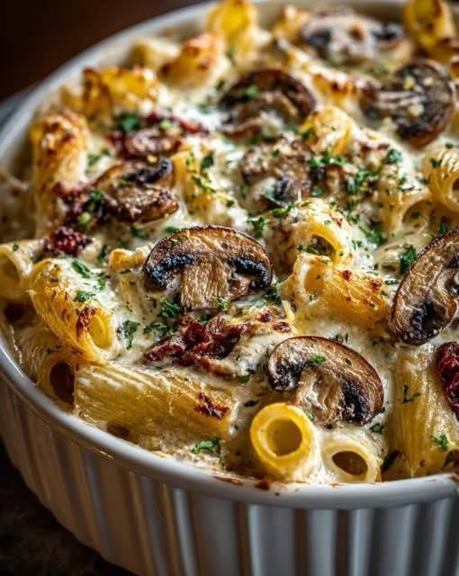 🍄 Creamy Mushroom Mediterranean Pasta Bake There are some dinners that feel like they were made for a cozy evening at home, and this Creamy Mushroom Mediterranean Pasta Bake is definitely one of them. I made this on a weekend when I wanted something comforting and cheesy, but I also wanted plenty of vegetables and those bright Mediterranean flavors I love. I had mushrooms in the fridge, some sun-dried tomatoes in the pantry, and a little feta and mozzarella waiting to be used. So I decided to turn everything into a bubbling pasta bake. The moment it came out of the oven, with golden cheese around the edges and that incredible garlic-and-herb smell filling the kitchen, everyone suddenly appeared in the kitchen. And honestly, I can't blame them. The mushrooms become beautifully golden and savory, the creamy sauce coats every piece of pasta, sun-dried tomatoes add little bursts of tangy sweetness, and feta gives the whole dish that unmistakable Mediterranean character. It's hearty without feeling overly heavy, and it's the kind of meal that makes an ordinary weeknight feel a little more special. ❤️ Why You'll Love This Pasta Bake Creamy, cheesy, and incredibly comforting Loaded with tender, savory mushrooms Sun-dried tomatoes add bright Mediterranean flavor Feta gives it a delicious salty tang Spinach adds color and freshness Easy enough for a weeknight Perfect for a cozy weekend dinner Great for leftovers and meal prep Naturally vegetarian as written Similar Mediterranean pasta bakes pair mushrooms with sun-dried tomatoes, herbs, creamy sauce, feta, mozzarella, and Parmesan for a rich but bright combination. 🛒 Ingredients You'll Need For the Pasta Bake 12 ounces penne or rigatoni pasta 2 tablespoons extra-virgin olive oil 1 medium yellow onion, diced 4 cloves garlic, minced 12 ounces cremini or button mushrooms, sliced 1 teaspoon dried oregano 1 teaspoon dried basil 1/2 teaspoon paprika 1/2 teaspoon salt 1/4 teaspoon freshly ground black pepper 1/2 cup chopped sun-dried tomatoes 2 cups fresh baby spinach 1 1/2 cups shredded mozzarella cheese 1/2 cup crumbled feta cheese 1/4 cup grated Parmesan 1/4 cup fresh parsley, chopped For the Creamy Sauce 2 tablespoons butter 2 tablespoons all-purpose flour 1 1/2 cups whole milk 1/2 cup heavy cream 1/2 cup vegetable broth 1/4 teaspoon salt 1/4 teaspoon black pepper Optional Finishes Fresh basil Lemon zest Crushed red pepper flakes Extra feta Drizzle of olive oil 👩🍳 How to Make Creamy Mushroom Mediterranean Pasta Bake 1. Cook the Pasta Preheat your oven to 375°F (190°C). Bring a large pot of salted water to a boil. Cook the pasta according to the package directions, but stop about 1–2 minutes before it's fully done. You want it al dente because the pasta will continue cooking in the oven. Drain well and set aside. Don't overcook the pasta at this stage. Firm pasta holds up much better in a baked casserole. 2. Brown the Mushrooms Heat the olive oil in a large skillet over medium-high heat. Add the diced onion and cook for about 3–4 minutes, until softened. Add the mushrooms. Cook for 6–8 minutes, stirring occasionally, until the mushrooms release their moisture and become nicely browned. This is one step I wouldn't rush. You want the mushrooms to actually brown rather than simply steam. That extra browning gives the finished pasta bake a much deeper, more savory flavor. 3. Add the Garlic and Herbs Add the minced garlic and cook for about 30–60 seconds. Stir in: Oregano Basil Paprika Salt Black pepper Cook for another 30 seconds. At this point, your kitchen should smell absolutely incredible. 🥛 4. Make the Creamy Sauce Reduce the heat to medium. Add the butter to the skillet. Once melted, sprinkle in the flour. Stir constantly for about 1 minute to form a smooth roux. Slowly pour in the milk while whisking. Add the heavy cream and vegetable broth. Continue stirring until the sauce becomes smooth and slightly thickened, about 3–5 minutes. Don't worry if it looks a little thinner than you expect. The sauce will continue thickening as the pasta bake cooks. 🍅 5. Add the Mediterranean Ingredients Stir the chopped sun-dried tomatoes into the creamy mushroom sauce. Add the fresh spinach. Cook for about 1–2 minutes, just until the spinach begins to wilt. Taste the sauce. Adjust the salt and pepper if necessary. The sun-dried tomatoes and feta are naturally salty, so it's better to start conservatively with salt and add more if needed. 🧀 6. Add Some of the Cheese Turn off the heat. Stir in: 1/2 cup mozzarella 1/4 cup Parmesan Mix until the cheese begins to melt into the sauce. This makes the sauce extra creamy and gives the pasta a wonderful cheesy coating. 🍝 7. Combine With the Pasta Add the cooked pasta to the skillet. Gently toss everything together until every piece of pasta is coated with the creamy mushroom sauce. If the mixture looks thicker than you'd like, add a small splash of warm vegetable broth or reserved pasta water. 🥘 8. Transfer to a Baking Dish Lightly grease a 9 × 13-inch baking dish. Transfer the creamy pasta mixture into the dish and spread it evenly. Sprinkle the remaining mozzarella over the top. Then add the crumbled feta and remaining Parmesan. I love getting a little feta on every part of the surface because those salty little golden-brown spots are so good once baked. 🔥 9. Bake Until Golden and Bubbly Bake uncovered for 15–20 minutes. The pasta bake is ready when the sauce is bubbling around the edges and the cheese has melted and developed golden spots. For a more deeply browned top, switch the oven to broil for 1–2 minutes. Keep a close eye on it. Cheese can brown very quickly under the broiler. 🌿 10. Rest and Garnish Remove the pasta bake from the oven and let it rest for 5 minutes. Sprinkle with fresh parsley or basil. For a bright finishing touch, add a little lemon zest or a few drops of fresh lemon juice. Serve warm. 🍄 How to Get Perfectly Browned Mushrooms This is one of the most important tricks in the recipe. Don't overcrowd the pan. If your skillet is small, cook the mushrooms in two batches. Give them enough room to release their moisture and brown. If you add too many mushrooms at once, they'll steam instead of developing those deeply browned edges. And those browned edges are where so much of the flavor comes from. 🍅 Why Sun-Dried Tomatoes Work So Well Sun-dried tomatoes are one of my favorite ingredients in creamy pasta. They're sweet, tangy, savory, and concentrated. Instead of making the sauce taste simply rich, they give it little bursts of brightness. If your sun-dried tomatoes are packed in oil, you can drain them and chop them before adding them to the skillet. For an even stronger Mediterranean flavor, use a little of the tomato-infused oil to sauté the mushrooms. 🧀 The Best Cheese Combination This recipe uses three cheeses, and each one has a job. Mozzarella Gives you that beautiful melted, stretchy topping. Feta Adds salty, tangy Mediterranean flavor. Parmesan Adds nuttiness and helps create those golden browned areas on top. You can also experiment with: Provolone Fontina Gouda Pecorino Romano Goat cheese If you love a stronger cheese flavor, replace some of the mozzarella with provolone or fontina. 🌿 Easy Variations Creamy Mushroom Spinach Pasta Bake Add an extra 1–2 cups of baby spinach for a more vegetable-forward version. Chicken Mushroom Pasta Bake Add 2 cups cooked shredded or diced chicken before transferring everything to the baking dish. Rotisserie chicken works especially well. Mediterranean Chicken Version Add cooked chicken, Kalamata olives, spinach, sun-dried tomatoes, feta, and oregano. Chickpea Pasta Bake Add 1 can chickpeas, drained and rinsed, for extra texture and a more substantial vegetarian meal. Artichoke Mushroom Bake Add 1 cup drained chopped artichoke hearts along with the sun-dried tomatoes. Spicy Mushroom Pasta Bake Add 1/2 teaspoon crushed red pepper flakes to the mushroom mixture. Lemon Herb Version Add lemon zest, fresh parsley, basil, and a squeeze of lemon juice just before serving. Extra Creamy Stir 2–3 tablespoons cream cheese into the sauce before adding the pasta. 🥗 What to Serve With It Because this pasta bake is rich and creamy, I like pairing it with something fresh. Try: Greek salad Cucumber and tomato salad Arugula salad with lemon Roasted broccoli Green beans Garlic asparagus Simple mixed greens Roasted zucchini Warm crusty bread A crisp salad with cucumber, tomato, olives, and lemon dressing is especially good alongside the creamy pasta. 💡 Tips for the Best Pasta Bake Don't overcook the pasta It will continue cooking in the oven. Brown the mushrooms properly This is where you'll get much of your savory flavor. Don't make the sauce too thick The pasta absorbs sauce while baking, so the mixture should be creamy and slightly loose before it goes into the oven. Use freshly grated Parmesan It melts more smoothly and gives the dish better flavor. Don't overdo the salt Feta and sun-dried tomatoes already contribute plenty of saltiness. Add fresh herbs at the end Fresh parsley and basil taste brighter when added after baking. Let it rest Five minutes gives the sauce time to settle and makes serving easier. ⏰ Can I Make This Ahead? Yes. You can assemble the pasta bake up to 24 hours ahead. Cover it tightly and refrigerate. When you're ready to bake, remove it from the refrigerator while the oven preheats. Because the pasta bake will be cold, you may need to add approximately 10 minutes to the baking time. If the top begins browning too quickly, cover it loosely with foil. 🧊 How to Store Leftovers Allow the pasta bake to cool before transferring leftovers to an airtight container. Refrigerate for up to 4 days. The flavors actually become even more developed after a night in the refrigerator. ❄️ Can You Freeze Mushroom Pasta Bake? Yes. Allow the completely cooked pasta bake to cool. Portion it into freezer-safe containers or freeze the entire casserole tightly covered. For the best quality, use within 2–3 months. Thaw overnight in the refrigerator before reheating. The texture of the sauce may change slightly after freezing, but reheating it gently helps. 🔥 How to Reheat Oven Cover with foil and bake at 350°F (175°C) for 15–20 minutes, or until hot. Remove the foil for the last few minutes if you'd like to crisp the cheese again. Air Fryer Heat individual portions at 350°F for 5–8 minutes. Microwave Heat individual portions in 60–90 second intervals, stirring or rotating as needed. If the pasta looks dry, add a tablespoon of milk or broth before reheating. ❓ Frequently Asked Questions Can I use different mushrooms? Absolutely. Cremini, button, baby bella, shiitake, oyster, or a mixture all work beautifully. A mushroom mixture can give the bake even more depth of flavor. Can I use whole-wheat pasta? Yes. Whole-wheat penne or rigatoni works well, although the texture will be slightly heartier. Cook it just until al dente. Can I make this gluten-free? Yes. Use your favorite gluten-free pasta and replace the all-purpose flour with a gluten-free flour blend or cornstarch slurry for thickening. Can I make it without heavy cream? Yes. Use additional milk or half-and-half for a lighter sauce. You can also stir in a little cream cheese for richness. Can I use frozen spinach? Yes. Thaw it completely and squeeze out as much excess water as possible before adding it to the sauce. Can I add chicken? Definitely. Cooked chicken breast or rotisserie chicken makes this an excellent high-protein dinner. Can I add olives? Absolutely. Kalamata olives are especially delicious with mushrooms, feta, and sun-dried tomatoes. Can I make this vegetarian? Yes. The recipe is vegetarian as written when using vegetable broth. Can I use cherry tomatoes instead of sun-dried tomatoes? Yes. Halved cherry tomatoes will give the dish a fresher, juicier tomato flavor. Sun-dried tomatoes provide a more concentrated Mediterranean flavor. Why did my pasta bake turn out dry? Usually the pasta absorbed more sauce than expected or the pasta was overcooked before baking. Make sure the sauce is fairly loose when you combine it with the pasta, and don't bake longer than necessary. 📝 Recipe at a Glance Recipe: Creamy Mushroom Mediterranean Pasta Bake Prep Time: 15 minutes Cook Time: 35 minutes Resting Time: 5 minutes Total Time: About 55 minutes Servings: 6 Course: Dinner Cuisine: Mediterranean-inspired Diet: Vegetarian Difficulty: Easy ❤️ Final Thoughts This Creamy Mushroom Mediterranean Pasta Bake has quickly become the kind of recipe I love making when I want everyone gathered around the table. There's something about a bubbling casserole coming out of the oven that instantly makes dinner feel more comforting. I love the way the mushrooms soak up the garlic and herbs, while the sun-dried tomatoes keep the creamy sauce from feeling too heavy. Then there's the feta—salty, tangy, and scattered across all those golden, melted cheese spots. It's cozy food, but it still has that fresh Mediterranean personality. I especially like making it on a relaxed weekend when I have time to sit down and enjoy dinner instead of rushing through it. And if there happen to be leftovers, even better—the next-day lunch is something I actually look forward to. So if you're craving a creamy pasta dinner that's comforting, cheesy, loaded with mushrooms, and just a little bit different from the usual casserole, put this one on your list. One bubbling dish, lots of Mediterranean flavor, and a table full of happy people. That's my kind of dinner. ❤️