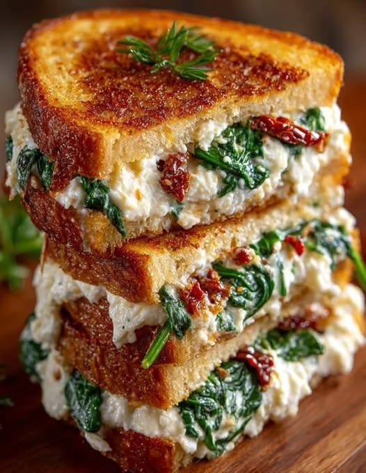 🥪 Sun-Dried Tomato, Spinach, and Ricotta Grilled Cheese Some recipes are fancy without actually being difficult, and this Sun-Dried Tomato, Spinach, and Ricotta Grilled Cheese is exactly that kind of meal. It looks like an ordinary grilled cheese when you first put it together, but the first bite tells you otherwise. The bread is golden and crisp, the mozzarella is wonderfully melty, the ricotta makes the center creamy and soft, and the sun-dried tomatoes add those little bursts of sweet, tangy flavor. Then there’s the spinach, which adds freshness and makes the whole sandwich feel a little more special. I love recipes like this on busy afternoons when I want something comforting but don't want to spend an hour cooking. It's also one of those meals that feels perfect for a slow weekend lunch. I can put on some music, warm up a skillet, and have a hot, crispy sandwich ready in about 20 minutes. The combination of ricotta, mozzarella, spinach, and sun-dried tomatoes has become a favorite for this kind of elevated grilled cheese, and similar versions typically cook each side for around 3–4 minutes until golden and melted. And honestly, once you try it, plain grilled cheese may feel a little boring for a while. ❤️ Why You'll Love This Grilled Cheese It's quick You can have these sandwiches on the table in roughly 20 minutes. It's incredibly creamy Ricotta gives the filling a soft, creamy texture while mozzarella provides that classic stretchy grilled-cheese melt. The sun-dried tomatoes add so much flavor They're sweet, tangy, savory, and slightly chewy. A little goes a long way. It's naturally vegetarian There's no meat needed. The combination of cheese, spinach, and tomatoes makes the sandwich satisfying all on its own. It's comfort food with a fresh twist You still get everything wonderful about grilled cheese—crispy bread and melted cheese—but the spinach and sun-dried tomatoes give it a Mediterranean-inspired flavor. 🛒 Ingredients For 2 Grilled Cheese Sandwiches 4 slices sourdough or rustic bread ½ cup whole-milk ricotta cheese ½ cup shredded mozzarella cheese ¼ cup oil-packed sun-dried tomatoes, drained and chopped 1 cup fresh baby spinach 1 small garlic clove, minced 2 tablespoons grated Parmesan cheese 2 tablespoons butter, softened 1 teaspoon olive oil ½ teaspoon dried oregano ¼ teaspoon red pepper flakes, optional ¼ teaspoon garlic powder Salt, to taste Freshly ground black pepper, to taste Optional additions Fresh basil A drizzle of balsamic glaze Pesto Crushed red pepper Thinly sliced roasted red peppers Caramelized onions Using oil-packed sun-dried tomatoes gives the filling a particularly rich texture, but make sure to drain them well before chopping. Excess oil or moisture can make the sandwich difficult to crisp. 👩🍳 How to Make Sun-Dried Tomato, Spinach, and Ricotta Grilled Cheese 1. Prepare the Spinach Heat the olive oil in a small skillet over medium heat. Add the minced garlic and cook for about 30 seconds, just until fragrant. Add the fresh spinach. Cook for 1–2 minutes, stirring occasionally, until the spinach is wilted. Season lightly with salt and pepper. Remove it from the heat and let it cool for a minute. Important tip: Squeeze or press out excess moisture from the spinach. This little step matters. Wet spinach can make the inside of the sandwich watery and prevent the bread from getting beautifully crisp. 2. Make the Ricotta Filling Add the ricotta to a bowl. Stir in: Parmesan Oregano Garlic powder Red pepper flakes, if using A little black pepper Mix until creamy. Fold in the wilted spinach and chopped sun-dried tomatoes. Give it a taste and add a little salt if needed. The filling should taste flavorful on its own. Once it's tucked between crisp bread and melted mozzarella, those flavors become even better. 🧀 3. Assemble the Sandwiches Lay the four slices of bread on a cutting board. Spread the softened butter over one side of each slice. Turn two slices over so the unbuttered sides are facing up. Divide the ricotta-spinach mixture between them. Spread it evenly, leaving a small border around the edges. Sprinkle the shredded mozzarella over the filling. Add a little more black pepper if you like. Top with the remaining bread slices, keeping the buttered sides facing outward. Give each sandwich a gentle press with your hand. Don't squash it flat—you just want everything tucked together. 🔥 4. Cook the Grilled Cheese Heat a skillet over medium-low heat. This is one of the most important parts of the recipe. You don't want the pan screaming hot. If the heat is too high, the bread can burn before the mozzarella has a chance to melt. Place the sandwiches in the skillet. Cook for about 3–4 minutes, or until the bottom is deeply golden and crisp. Carefully flip each sandwich. Continue cooking another 3–4 minutes. If the bread is browning too quickly, reduce the heat. For a particularly thick sandwich, you can cover the skillet loosely with a lid for the final minute. The trapped warmth helps the cheese melt without requiring higher heat. ✨ 5. Let It Rest Briefly Transfer the sandwiches to a cutting board. Let them sit for about 1 minute. I know it's tempting to cut straight into them, especially when you can smell the garlic and toasted bread, but that short rest helps the molten cheese settle slightly. Then cut each sandwich in half. And that's when the good part happens. You should see creamy ricotta, melted mozzarella, green spinach, and little pieces of sun-dried tomato tucked between the golden slices. 🍅 The Flavor Combination What makes this sandwich so good is the balance between the ingredients. Ricotta is mild, creamy, and slightly sweet. Mozzarella gives you the stretchy, gooey cheese you expect from a grilled cheese. Sun-dried tomatoes bring acidity, sweetness, and concentrated tomato flavor. Spinach adds freshness and a little earthiness. Garlic and oregano tie everything together. And the buttery toasted bread gives you that crisp contrast against the soft filling. It's simple, but every ingredient has a job. 🥖 What Bread Works Best? A sturdy bread is your best friend here. Sourdough My favorite choice. It has enough structure to hold the creamy filling and its slight tang works beautifully with the sun-dried tomatoes. Rustic Italian bread Great if you want something substantial and chewy. Whole-grain bread Adds a nutty flavor and extra texture. Multigrain bread Another good option if you like a more hearty sandwich. Try to avoid very thin or soft sandwich bread. The filling is creamy and moist, so a sturdy slice holds up much better. Similar recipes specifically recommend sourdough or rustic bread for this reason. 💡 Tips for the Best Grilled Cheese Drain the sun-dried tomatoes Oil-packed tomatoes are delicious, but too much oil can make the sandwich greasy. Drain them well before chopping. Don't skip squeezing the spinach This is probably the biggest trick for keeping the sandwich crisp. Wilted spinach holds a surprising amount of moisture. Use medium-low heat Slow and steady wins here. The goal is golden bread + completely melted cheese. Don't overfill It's tempting to pile the filling high, but too much can make the sandwich difficult to flip and cause the center to spill out. Use freshly shredded mozzarella It tends to melt beautifully and gives the sandwich a lovely gooey center. Let the skillet preheat Starting with a properly heated skillet helps the bread develop an even golden crust. 🌿 Easy Variations Add Fresh Basil Tear a few fresh basil leaves into the filling for an even more fragrant, Italian-inspired sandwich. Make It Spicy Add extra red pepper flakes or a few thin slices of fresh chili. Add Pesto Spread a thin layer of basil pesto inside the sandwich before adding the ricotta mixture. The combination of pesto, ricotta, spinach, and sun-dried tomatoes is fantastic. Add Roasted Red Peppers Chopped roasted red peppers bring sweetness and another layer of texture. Add Caramelized Onion If you have leftover caramelized onions, tuck a spoonful inside. The sweet onions pair beautifully with the tangy tomatoes. Add Balsamic Glaze Once the sandwich is cooked, drizzle just a tiny amount of balsamic glaze over the cut side. Don't use too much—you want a little sweet-tangy accent rather than a soggy sandwich. 🥣 What to Serve With It This grilled cheese is satisfying enough to stand alone, but a good side can turn it into a complete meal. Classic choice Tomato basil soup The tomato flavor echoes the sun-dried tomatoes inside the sandwich, making this an especially cozy combination. Something fresh Serve it with a simple arugula salad dressed with lemon juice and olive oil. Light lunch Pair half a sandwich with a cucumber and tomato salad. Weekend brunch Add a fried or poached egg on the side. For entertaining Cut each sandwich into smaller triangles or strips and serve them as finger food. 🥪 Can I Make These Ahead? You can prepare the filling ahead of time, which is actually my preferred approach. Mix the ricotta, Parmesan, spinach, seasonings, and sun-dried tomatoes and refrigerate it in an airtight container for up to 1 day. When you're ready to eat, assemble and grill the sandwiches fresh. I wouldn't fully assemble the sandwiches hours ahead because the moisture from the filling can soften the bread. 🧊 How to Store Leftovers Grilled cheese is definitely best fresh from the skillet. If you do have leftovers, refrigerate them in an airtight container and eat them within about 1–2 days for the best texture. When reheating, use a skillet, toaster oven, or air fryer rather than the microwave. The microwave warms the cheese but tends to turn the bread soft. A skillet brings some of that crispness back. ❓ Frequently Asked Questions Can I use frozen spinach? Yes. Thaw it completely and squeeze out as much liquid as possible before adding it to the ricotta mixture. Fresh baby spinach is easier, but frozen works well when that's what you have. Can I use cream cheese instead of ricotta? Absolutely. Cream cheese will make the filling richer and tangier. You can also try goat cheese for a sharper flavor. What if I don't have mozzarella? Provolone, fontina, Monterey Jack, or a mild white cheddar can work nicely. Can I use fresh tomatoes instead of sun-dried tomatoes? You can, but I wouldn't recommend it for this particular sandwich. Fresh tomatoes contain considerably more moisture and can make the filling watery. Roasted red peppers are a better substitute if you don't have sun-dried tomatoes. Why is my grilled cheese burning before the cheese melts? Your skillet is probably too hot. Reduce the heat to medium-low and give the sandwich more time. Grilled cheese is one of those recipes where patience pays off. Can I make this without butter? Yes. You can brush the outside lightly with olive oil, although butter gives the bread a particularly rich flavor and beautiful browning. Is this vegetarian? Yes, assuming the cheeses and bread you use are vegetarian-friendly. The core recipe contains no meat. 📝 Recipe at a Glance Recipe: Sun-Dried Tomato, Spinach, and Ricotta Grilled Cheese Prep Time: 10 minutes Cook Time: 8–10 minutes Total Time: About 20 minutes Servings: 2 sandwiches Difficulty: Easy Ingredients 4 slices sourdough bread ½ cup ricotta ½ cup shredded mozzarella ¼ cup oil-packed sun-dried tomatoes 1 cup fresh spinach 1 garlic clove 2 tbsp Parmesan 2 tbsp softened butter 1 tsp olive oil ½ tsp oregano ¼ tsp red pepper flakes, optional ¼ tsp garlic powder Salt and pepper Quick Directions Sauté garlic and spinach until wilted. Drain excess moisture from the spinach. Mix ricotta, Parmesan, oregano, garlic powder, and pepper. Fold in spinach and sun-dried tomatoes. Butter the outside of the bread. Fill with the ricotta mixture and mozzarella. Cook over medium-low heat for 3–4 minutes per side. Rest for 1 minute. Slice and serve hot. ❤️ The Grilled Cheese I Keep Coming Back To I love how a recipe like this can completely change the mood of an ordinary day. Maybe it's a rainy afternoon and you're craving something warm. Maybe lunch needs to happen quickly between everything else going on. Or maybe it's the weekend and you simply want something that feels a little more special than a basic sandwich. That's when this grilled cheese shines. The moment that first side hits the skillet, the kitchen starts smelling like toasted butter and garlic. Then the bread turns golden, the mozzarella melts into the ricotta, and those little pieces of sun-dried tomato become warm and jammy. It feels like comfort food, but with a little personality. I've made grilled cheese plenty of ways, but this combination of sun-dried tomatoes, spinach, ricotta, and mozzarella is one I especially love when I want something simple that doesn't taste simple. Serve it with tomato soup, a crisp salad, or just eat it straight from the cutting board while it's still hot. Because sometimes a really good grilled cheese is all you need. Crispy bread. Creamy ricotta. Melty mozzarella. Garlicky spinach. Tangy sun-dried tomatoes. That's a lunch worth looking forward to.