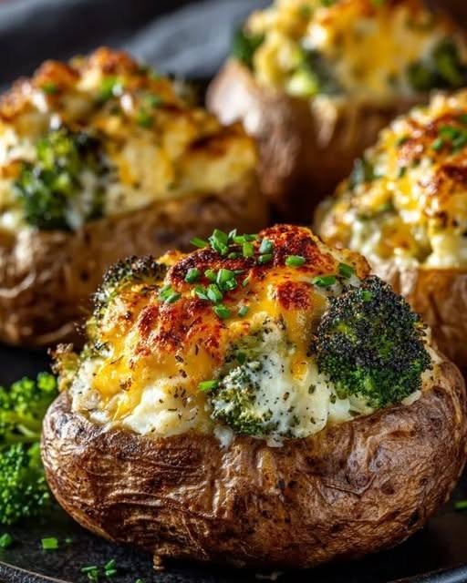 Chicken & Broccoli Cheddar Stuffed Potatoes Some dinners just feel like a hug on a plate, and these Chicken & Broccoli Cheddar Stuffed Potatoes are exactly that kind of meal. I started making stuffed potatoes when I wanted something hearty enough for dinner but still easy enough for a busy evening. One weekend, I had some cooked chicken and broccoli in the refrigerator, a few russet potatoes on the counter, and a craving for something cheesy. So I combined everything. The result was even better than I expected. The potato skins turned lightly crisp in the oven while the inside became creamy, cheesy, and packed with tender chicken and broccoli. And when that cheddar gets all bubbly and golden on top? That's the part everyone waits for. I've made these for casual family dinners, and they're especially nice when you want comfort food without making an entire casserole. ❤️ Why You'll Love These Stuffed Potatoes Creamy, cheesy, and incredibly satisfying Packed with chicken and broccoli Uses simple everyday ingredients Makes a complete meal rather than just a side dish Crispy potato skins with a fluffy filling Great for using leftover cooked chicken Easy to prepare ahead of time Family-friendly and customizable Twice-baked potatoes work especially well because the potato is baked until fluffy, the inside is scooped out and mixed with flavorful ingredients, then returned to the crisp potato shells for a second bake. 🛒 Ingredients You'll Need For the Potatoes 4 large russet potatoes 1 tablespoon olive oil ½ teaspoon salt For the Filling 2 cups cooked chicken, shredded or finely chopped 2 cups broccoli florets, cooked and chopped 3 tablespoons butter, softened ½ cup sour cream ¼ cup milk 1½ cups shredded sharp cheddar cheese, divided ½ teaspoon garlic powder ½ teaspoon onion powder ½ teaspoon paprika ½ teaspoon salt ¼ teaspoon black pepper 2 green onions, thinly sliced Optional Toppings Extra shredded cheddar Green onions Fresh parsley Crumbled cooked bacon Sour cream A little hot sauce 👩🍳 How to Make Chicken & Broccoli Cheddar Stuffed Potatoes 1. Bake the Potatoes Preheat your oven to 400°F (200°C). Scrub the potatoes thoroughly and dry them well. Pierce each potato several times with a fork, then rub the skins with olive oil and sprinkle lightly with salt. Place them directly on a baking sheet or oven rack. Bake for 50–65 minutes, depending on their size, until a knife slides easily into the center. Keeping the potatoes unwrapped helps the skins become nicely crisp. 2. Prepare the Broccoli While the potatoes bake, cook the broccoli until just tender. You can steam it, boil it briefly, or microwave it with a splash of water. Don't overcook it. You want the broccoli tender enough to bite through but still holding its shape. Drain thoroughly and chop into small pieces. If you're using frozen broccoli, thaw it completely and squeeze out excess water before adding it to the filling. 3. Prepare the Chicken You can use leftover roasted chicken, rotisserie chicken, or freshly cooked chicken breast. Shred or chop it into small bite-sized pieces. This recipe is also a great way to use leftover chicken from another dinner. 4. Scoop Out the Potatoes When the potatoes are tender, remove them from the oven and let them cool for about 5–10 minutes, just until they're comfortable enough to handle. Cut each potato in half lengthwise. Carefully scoop the potato flesh into a large bowl, leaving a thin layer around the edges so the skins remain sturdy. Place the potato shells back on the baking sheet. 🧀 5. Make the Creamy Cheddar Filling Add the softened butter to the warm potato flesh. Mash until mostly smooth. Stir in: Sour cream Milk Garlic powder Onion powder Paprika Salt Black pepper You don't want to overmix the potatoes. A little texture makes the filling more enjoyable. Now fold in: Cooked chicken Chopped broccoli 1 cup shredded cheddar Green onions Stir gently until everything is evenly distributed. 🥔 6. Stuff the Potato Skins Spoon the filling generously back into each potato shell. Don't be shy about piling it up. I actually like making a little mound on top because it gives you more surface area for that beautiful melted cheese. Sprinkle the remaining ½ cup cheddar over the stuffed potatoes. If you're a serious cheese lover, add a little extra. I won't tell. 🔥 7. Bake Again Return the stuffed potatoes to the oven. Bake at 400°F for 15–20 minutes, or until the filling is hot and the cheddar has completely melted. For those gorgeous golden-brown spots on top, switch the oven to broil for 1–2 minutes at the end. Watch them closely because cheese can go from perfectly golden to burnt surprisingly quickly. Let the potatoes cool for about 5 minutes before serving. 💡 Tips for the Best Stuffed Potatoes Choose russet potatoes Russets are ideal because they have fluffy interiors and sturdy skins that hold up beautifully after being stuffed. Don't wrap the potatoes in foil If crispy skins are what you're after, bake them uncovered. Don't overcook the broccoli You want little pieces of broccoli throughout the creamy filling rather than broccoli mush. Use sharp cheddar Sharp cheddar gives the filling plenty of flavor without needing an enormous amount of cheese. Don't overmix Mash the potato until creamy, then gently fold in the chicken, broccoli, and cheese. Overmixing can make the potato filling heavy or gummy. Warm the chicken first If your chicken is straight from the refrigerator, warm it slightly before mixing it into the filling. This helps the finished potatoes heat more evenly. Make them extra cheesy Add a little mozzarella along with the cheddar if you love an especially stretchy cheese topping. 🍗 What Kind of Chicken Should You Use? Pretty much any cooked chicken works. Rotisserie Chicken Probably the easiest option. Remove the skin and bones, then shred the meat. Chicken Breast Cooked chicken breast gives you a lean, mild filling. Chicken Thighs For a richer and juicier filling, use cooked boneless chicken thighs. Leftover Grilled Chicken This is one of my favorites because the little smoky, grilled edges add so much flavor. Seasoned Chicken If your leftover chicken already has garlic, herbs, or paprika on it, even better. 🌶️ Easy Variations Bacon Chicken & Broccoli Potatoes Add ½ cup crispy crumbled bacon to the filling. Chicken, broccoli, cheddar, and bacon are basically impossible to resist together. Spicy Buffalo Chicken Potatoes Add 2–3 tablespoons buffalo sauce to the chicken before folding it into the potato mixture. Top with cheddar and drizzle with ranch after baking. Ranch Chicken Stuffed Potatoes Add 1–2 teaspoons ranch seasoning to the filling and finish with chopped green onions. Garlic Parmesan Version Replace some of the cheddar with Parmesan and add extra garlic powder. Loaded Chicken Potatoes Top the finished potatoes with sour cream, cheddar, green onions, and bacon. It turns these into the ultimate loaded baked potato dinner. Mexican-Inspired Add taco seasoning to the chicken, then mix in a little chopped jalapeño and use a cheddar-Monterey Jack blend. Finish with cilantro and avocado. 🥗 What to Serve With Chicken & Broccoli Stuffed Potatoes These are hearty enough to serve on their own, but a simple side makes the meal feel complete. Try: Green salad Caesar salad Roasted green beans Steamed vegetables Cucumber salad Tomato salad Simple coleslaw For a cozy weekend dinner, I usually keep the side fresh and simple because the potatoes are already rich and cheesy. ⏰ Can You Make These Ahead? Absolutely. You can bake the potatoes, prepare the filling, stuff the potato shells, and refrigerate them before the final bake. Cover and refrigerate for up to 2–3 days. When you're ready to eat, bake them at 375–400°F until completely heated through, then add a few extra minutes if necessary for the cheese to melt and brown. Make-ahead and freezer-friendly stuffed potatoes are particularly useful for busy weeknights. 🧊 Storage Store leftover stuffed potatoes in an airtight container in the refrigerator for up to 4 days. For the best texture, reheat them in the oven or air fryer rather than the microwave. Oven Reheat at 350°F for 15–20 minutes, or until hot throughout. Air Fryer Air fry at 350°F for about 8–12 minutes, checking near the end. Microwave The microwave works when you're in a hurry, but the potato skins won't stay as crisp. ❄️ Can You Freeze Them? Yes. Let the stuffed potatoes cool completely. Wrap each potato half individually, then place them in a freezer-safe container or bag. Freeze for up to 2–3 months for the best quality. Twice-baked potatoes generally freeze and reheat well when properly wrapped. For best results, thaw overnight in the refrigerator and reheat in a 350°F oven until hot. You can sprinkle a little fresh cheddar on top before reheating to bring back that freshly baked finish. ❓ Frequently Asked Questions Can I use leftover baked potatoes? Yes! That's actually one of the easiest ways to make this recipe. Simply scoop out the cooked potato, prepare the filling, stuff the skins, and bake until hot and cheesy. Can I use frozen broccoli? Definitely. Thaw it completely and drain or squeeze away excess moisture before adding it to the filling. Can I use rotisserie chicken? Absolutely. Rotisserie chicken is one of my favorite shortcuts for this recipe. Can I use another cheese? Yes. Try Monterey Jack, Colby Jack, mozzarella, Gruyère, or a cheddar blend. Why did my potato filling become gummy? Usually from overmixing. Mash the potato until smooth, then gently fold in the other ingredients instead of beating everything together. Can I make these without sour cream? Yes. Plain Greek yogurt is a great substitute. You can also use a little cream cheese for an extra-rich filling. How do I make the potato skins extra crispy? Bake the potatoes uncovered and rub the skins with a little olive oil before the first bake. Avoid wrapping them in foil. Can I make smaller potatoes? Yes. Smaller potatoes will cook faster and make adorable individual servings. Start checking them earlier during the first bake. Are these a complete meal? Yes. With potatoes for carbohydrates, chicken for protein, broccoli for vegetables, and cheese for richness, they make a satisfying main dish. Add a simple salad or vegetable on the side if you want something lighter. 📝 Recipe at a Glance Recipe: Chicken & Broccoli Cheddar Stuffed Potatoes Prep Time: 20 minutes First Bake: 50–65 minutes Second Bake: 15–20 minutes Total Time: About 1½ hours Servings: 4 Ingredients 4 large russet potatoes 1 tablespoon olive oil 2 cups cooked shredded chicken 2 cups cooked chopped broccoli 3 tablespoons butter ½ cup sour cream ¼ cup milk 1½ cups shredded sharp cheddar, divided ½ teaspoon garlic powder ½ teaspoon onion powder ½ teaspoon paprika ½ teaspoon salt ¼ teaspoon black pepper 2 green onions Instructions Heat oven to 400°F. Scrub, dry, pierce, oil, and salt potatoes. Bake 50–65 minutes, until fork-tender. Cook and chop broccoli; prepare shredded chicken. Cool potatoes slightly and cut them in half. Scoop out the potato flesh, leaving sturdy shells. Mash potato with butter, sour cream, milk, and seasonings. Fold in chicken, broccoli, 1 cup cheddar, and green onions. Spoon filling back into potato skins. Top with remaining cheddar. Bake 15–20 minutes, until hot and bubbly. Broil for 1–2 minutes if you want a golden cheese topping. Rest for 5 minutes and serve. ❤️ The Ultimate Comfort-Food Potato There are nights when you don't need anything fancy. You just want something warm, cheesy, filling, and familiar. That's what I love most about these Chicken & Broccoli Cheddar Stuffed Potatoes. They take simple ingredients and turn them into something that feels special. The crispy potato shell gives way to fluffy potato, tender chicken, little bites of broccoli, and plenty of melted cheddar. And when everyone at the table is scraping the last bits of cheesy filling from their potato skins, you know you've found a keeper. This is the kind of recipe that's perfect for a busy weeknight, a relaxed weekend dinner, or whenever you're craving something comforting without making a complicated casserole. Crispy potato. Creamy filling. Tender chicken. Broccoli. Cheddar. Honestly, what's not to love?