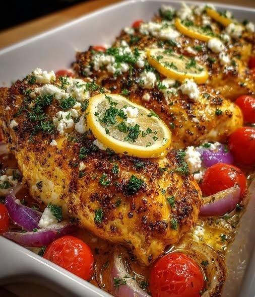 Greek Baked Chicken with Feta, Lemon & Garlic There are some dinners that make the whole kitchen smell incredible before you even sit down at the table. This Greek Baked Chicken with Feta, Lemon & Garlic is one of those recipes. I love making it when I want something that feels fresh and comforting at the same time. The chicken gets coated in a simple lemon-garlic marinade with olive oil and oregano, then baked until beautifully tender. Toward the end, crumbled feta goes over the top and gets warm and slightly golden around the edges. The first time I made a version of this for a family dinner, the combination of bright lemon and salty feta was what everyone noticed first. It tasted like the kind of meal that belonged on a sunny Mediterranean table—even though it was made in an ordinary kitchen on an ordinary evening. And that's what I love most about Greek-inspired cooking. You don't need dozens of ingredients. A handful of bold, fresh flavors can completely transform simple chicken. Classic Greek lemon chicken recipes frequently pair chicken with lemon, garlic, olive oil, and oregano, while feta adds a salty, tangy finish. 🍋 Why You'll Love This Greek Baked Chicken Juicy, flavorful baked chicken Bright lemon and fragrant garlic Salty, creamy feta on top Simple Mediterranean ingredients Mostly hands-off cooking Easy enough for a weeknight Elegant enough for guests Naturally low in carbohydrates as written Wonderful with salad, roasted vegetables, or rice The lemon keeps the chicken tasting fresh, while garlic and oregano give it that unmistakable Greek-inspired flavor. 🛒 Ingredients You'll Need For the Chicken 2 pounds boneless, skinless chicken breasts or thighs 1/4 cup extra-virgin olive oil 1/4 cup fresh lemon juice 1 tablespoon lemon zest 4 garlic cloves, minced 2 teaspoons dried oregano 1 teaspoon salt 1/2 teaspoon freshly ground black pepper For Baking & Finishing 1 cup crumbled feta cheese 1 lemon, thinly sliced 1/2 cup cherry or grape tomatoes, halved 1/4 cup chopped fresh parsley Optional 1/2 cup Kalamata olives 1/2 teaspoon dried thyme Red pepper flakes Fresh oregano A drizzle of olive oil before serving Tomatoes, Kalamata olives, and feta are all commonly paired with baked Greek lemon chicken and work beautifully with the lemon-garlic marinade. 👩‍🍳 How to Make Greek Baked Chicken Step 1: Make the Lemon-Garlic Marinade In a medium bowl, whisk together: Olive oil Lemon juice Lemon zest Minced garlic Oregano Salt Black pepper The aroma alone will make you hungry. Fresh lemon juice really makes a difference here. Bottled lemon juice can work in a pinch, but fresh lemon gives the chicken a much brighter flavor. Step 2: Marinate the Chicken Place the chicken in a large bowl or zip-top bag. Pour the lemon-garlic marinade over it and turn the chicken several times so every piece is coated. Let it marinate for 30 minutes in the refrigerator. If you're short on time, even 15 minutes will add flavor. For the best results, don't marinate chicken indefinitely in a highly acidic lemon marinade. The surface can become unpleasantly soft if left for too long. Step 3: Prepare the Baking Dish Preheat your oven to 425°F (220°C). Lightly grease a large baking dish. Arrange the marinated chicken in a single layer. Pour any remaining marinade over the chicken. Arrange the lemon slices and halved cherry tomatoes around the chicken. If you're using Kalamata olives, scatter them around the dish as well. Step 4: Bake the Chicken Place the baking dish in the oven. Bake for approximately 25–30 minutes, depending on the thickness of the chicken. For larger chicken breasts, you may need a little longer. The most reliable way to know the chicken is done is to check the thickest piece with an instant-read thermometer. Chicken should reach 165°F (74°C) internally. A similar baked Greek chicken preparation uses 425°F and finishes the chicken with feta after the initial bake. 🧀 Step 5: Add the Feta Once the chicken is nearly cooked, remove the baking dish from the oven. Scatter the crumbled feta generously over the chicken. Return the dish to the oven for another 5–8 minutes. The feta won't melt like mozzarella. Instead, it becomes warm, soft, creamy in spots, and slightly golden around the edges. That's exactly what you want. For a little extra color, switch the oven to broil for 1–2 minutes at the end. Watch carefully because feta can brown quickly. 🌿 Step 6: Rest and Garnish Remove the chicken from the oven and let it rest for 5 minutes. Sprinkle fresh parsley over the top. Add a few fresh lemon wedges for squeezing. If you like, finish with a small drizzle of extra-virgin olive oil. The finished dish should look colorful and inviting: golden chicken, bright lemon slices, juicy tomatoes, white feta, and green parsley. ❤️ My Best Tips for Juicy Greek Chicken Pound thick chicken breasts evenly If your chicken breasts are very thick in the center, gently pound them to a more even thickness. This helps them cook more evenly and prevents the thinner portions from drying out. Don't skip the lemon zest Lemon juice gives you acidity, but lemon zest provides concentrated citrus aroma. Using both makes the flavor much more vibrant. Use real feta For the best texture, I prefer a block of feta crumbled by hand rather than very dry pre-crumbled feta. Don't drown the chicken in feta Feta is salty and flavorful, so you don't need a huge mountain of it. A generous but balanced layer is perfect. Let the chicken rest Give it a few minutes before slicing. This helps the juices redistribute and keeps the chicken more tender. 🍅 Easy Variations Greek Chicken with Tomatoes & Olives Add plenty of cherry tomatoes and Kalamata olives before baking. The tomatoes release their juices as they roast, creating a wonderful pan sauce. Spinach & Feta Chicken Add several handfuls of fresh spinach around the chicken during the final 10 minutes of baking. Top with feta and allow everything to wilt together. Spicy Greek Chicken Add 1/2 teaspoon red pepper flakes to the marinade. The little kick works beautifully with lemon and feta. Creamy Greek Chicken Serve the baked chicken with a spoonful of plain Greek yogurt mixed with lemon zest, garlic, and a pinch of salt. Greek Chicken Thighs Use bone-in, skin-on chicken thighs instead. You'll need to adjust the cooking time, but the combination of crispy chicken skin, lemon, garlic, oregano, and feta is absolutely delicious. Bone-in, skin-on thighs are also commonly used in Greek lemon chicken preparations. 🥗 What to Serve With Greek Baked Chicken This chicken is incredibly versatile. For a low-carb meal: Greek salad Roasted zucchini Steamed broccoli Cauliflower rice Green beans Roasted eggplant Cucumber and tomato salad For a heartier meal: Lemon rice Greek rice Roasted potatoes Couscous Orzo Warm pita bread One of my favorite combinations is the chicken with a simple cucumber-tomato salad and roasted potatoes. The cool, crisp salad balances the warm chicken and salty feta beautifully. 🥒 Make It a Greek Dinner Feast If you're serving this for family or guests, turn it into a simple Mediterranean-style spread. Put the baked chicken in the center of the table and surround it with: Greek salad Warm pita Tzatziki Kalamata olives Roasted potatoes Cucumber slices Extra lemon wedges Everyone can build their own plate. It's relaxed, colorful, and doesn't require a complicated menu. 🧊 How to Store Leftovers Let the chicken cool before transferring it to an airtight container. Refrigerate for up to 3–4 days. Store some of the pan juices with the chicken to help keep it moist. A similar baked feta chicken preparation recommends refrigerating leftovers for up to three days. 🔥 How to Reheat Greek Chicken Oven Place chicken in a baking dish with a spoonful of pan juices. Cover loosely with foil and warm at 350°F until heated through. Microwave Heat individual portions in short intervals. Covering the chicken loosely helps prevent it from drying out. Air Fryer For smaller portions, reheat at about 350°F until warmed through. Be careful not to overcook the chicken. ❄️ Can You Freeze Greek Baked Chicken? Yes, although the feta's texture may change slightly after freezing. For best results: Cool the chicken completely. Place individual portions in freezer-safe containers. Add some of the pan juices. Freeze for up to about 2–3 months. Thaw overnight in the refrigerator. Reheat gently. If you're making this specifically for the freezer, you may prefer adding fresh feta after reheating rather than freezing a large amount of feta on top. ❓ Frequently Asked Questions Can I use chicken thighs instead of breasts? Absolutely. Chicken thighs are especially forgiving and remain juicy during baking. Bone-in, skin-on thighs will require a longer cooking time than boneless breasts. Can I use bottled lemon juice? You can, but fresh lemon juice is strongly recommended. Since lemon is one of the main flavors in this recipe, fresh juice makes a noticeable difference. Can I marinate the chicken overnight? I wouldn't recommend a very long marinade because the lemon juice is acidic. Thirty minutes to a couple of hours is plenty for this recipe. Does feta melt? Not in the same way mozzarella does. Feta softens and warms beautifully but generally keeps much of its crumbly structure. Can I use reduced-fat feta? Yes, although full-fat feta generally gives you a richer texture. Can I make this recipe keto? Yes, the ingredients as written are naturally compatible with a low-carb style of eating. Just check any packaged ingredients you add, particularly seasonings or sauces. Can I add potatoes? Definitely. For a complete one-pan dinner, add potato wedges around the chicken. Greek lemon chicken and potatoes are a classic pairing, traditionally flavored with lemon, garlic, olive oil, and oregano. Why is my chicken dry? The most common reason is overcooking. Chicken breast is particularly lean, so use an instant-read thermometer rather than relying only on the cooking time. Remove it from the oven when the thickest portion reaches 165°F. 📝 Recipe Card Greek Baked Chicken with Feta, Lemon & Garlic Prep Time: 15 minutes Marinating Time: 30 minutes Cook Time: 30–38 minutes Total Time: About 1 hour 15 minutes Servings: 4–6 Ingredients 2 lb boneless, skinless chicken breasts or thighs 1/4 cup extra-virgin olive oil 1/4 cup fresh lemon juice 1 tbsp lemon zest 4 garlic cloves, minced 2 tsp dried oregano 1 tsp salt 1/2 tsp black pepper 1 cup crumbled feta 1 lemon, sliced 1/2 cup cherry tomatoes, halved 1/4 cup fresh parsley Optional: 1/2 cup Kalamata olives, red pepper flakes, fresh oregano Instructions Whisk olive oil, lemon juice, lemon zest, garlic, oregano, salt, and pepper. Add chicken and coat thoroughly. Marinate in the refrigerator for 30 minutes. Preheat oven to 425°F. Arrange chicken in a greased baking dish. Add lemon slices and cherry tomatoes. Bake for 25–30 minutes, depending on chicken thickness. Check that the chicken reaches 165°F internally. Sprinkle feta over the chicken. Return to the oven for 5–8 minutes. Broil for 1–2 minutes if you want more color on the feta. Rest for 5 minutes. Garnish with parsley and fresh lemon. Serve warm. ❤️ Final Thoughts This Greek Baked Chicken with Feta, Lemon & Garlic is exactly the kind of recipe I come back to when I want dinner to feel special without making it complicated. The chicken is tender and savory, the lemon brings brightness, the garlic adds warmth, and the feta gives everything that salty, creamy finish. It feels fresh enough for summer but comforting enough for a cozy family dinner. And when that pan comes out of the oven with golden chicken, juicy tomatoes, lemon slices, and little crumbles of warm feta scattered across the top, it really does feel like a little Mediterranean vacation at the dinner table. Serve it with a crisp Greek salad and roasted potatoes, squeeze plenty of fresh lemon over everything, and don't forget to spoon some of those delicious pan juices over the chicken. Simple ingredients, big Greek-inspired flavor, and a dinner everyone can gather around. I can also create a mouthwatering image of this Greek baked chicken for your recipe post.