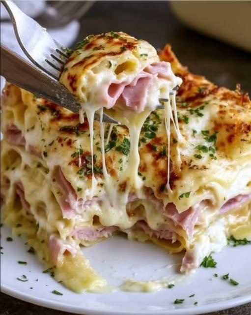 Ham & Cheese Lasagna Bake There are some meals that just feel like a hug when they come out of the oven. This Ham & Cheese Lasagna Bake is definitely one of them. Instead of the usual tomato sauce and ground beef, this lasagna takes a creamy, cheesy turn with layers of tender pasta, savory ham, and plenty of melted cheese. The top gets golden and bubbly while the inside stays wonderfully creamy. I made this one on a weekend when I wanted something comforting without spending hours making a traditional meat sauce. I had some ham in the refrigerator and a few different cheeses waiting to be used, so I decided to turn them into a lasagna. It was such a good decision. The smell coming from the oven had everyone checking the kitchen before dinner was even ready. Once I cut into it, the creamy layers and melted cheese practically pulled everyone to the table. And, as usual, the corner pieces disappeared first. That's one of the things I love about baked pasta dishes. They don't have to be complicated to feel special. This is warm, cheesy, savory comfort food at its best. ❤️ Why You'll Love This Ham & Cheese Lasagna Creamy and incredibly cheesy Savory slices of ham in every layer Golden, bubbling cheese on top No meat sauce required Perfect comfort food Great for Sunday dinner Easy to prepare ahead Wonderful for feeding a family Excellent leftovers Freezer-friendly The classic ham-and-cheese version uses a creamy Mornay-style cheese sauce with lasagna sheets, cooked ham, Emmental, and a melty cheese such as raclette, Gouda, or fontina. 🛒 Ingredients For the Creamy Cheese Sauce 4 tablespoons unsalted butter 1/4 cup finely chopped onion 1/4 cup all-purpose flour 3 cups whole milk, warmed 1/2 teaspoon salt 1/4 teaspoon black pepper 1/4 teaspoon freshly grated nutmeg 1 large egg yolk 1 cup freshly grated Emmental or Swiss cheese For the Lasagna Layers 9–12 lasagna sheets 8 ounces thinly sliced cooked ham 8 ounces sliced or shredded Gouda, fontina, or raclette 1/3 cup additional grated Emmental or Swiss cheese for the top Optional Garnish Fresh parsley Freshly cracked black pepper A little extra grated cheese Choosing the Cheese Emmental gives the sauce a mild, slightly nutty flavor, while Gouda, fontina, or raclette melts beautifully between the layers. If raclette isn't available, Gouda or fontina makes an excellent substitute. 👩🍳 How to Make Ham & Cheese Lasagna Bake Step 1: Preheat the Oven Preheat your oven to 400°F (200°C). Lightly butter a 9x13-inch baking dish or a similar large casserole dish. Set it aside while you prepare the sauce. Step 2: Cook the Onion Melt the butter in a medium saucepan over medium heat. Add the finely chopped onion. Cook for about 3–4 minutes, stirring occasionally, until the onion is soft and translucent. You don't need to brown it. We're looking for gentle sweetness and flavor. Step 3: Make the Roux Sprinkle the flour over the softened onion and butter. Whisk continuously for about 1 minute. The flour should absorb the butter and form a smooth paste. Cooking the flour briefly removes its raw taste and gives you the foundation for a silky cheese sauce. Step 4: Add the Milk Slowly pour in the warm milk while whisking constantly. Keep whisking until the mixture is smooth. Continue cooking over medium heat for about 4–6 minutes, stirring frequently, until the sauce thickens enough to coat the back of a spoon. Don't rush this step. A smooth sauce is what makes this lasagna so creamy. Step 5: Season the Sauce Add the salt, black pepper, and nutmeg. Nutmeg may seem like a tiny detail, but it adds a lovely warmth to creamy cheese sauces without making the dish taste strongly of nutmeg. Taste the sauce. Remember that the ham and cheese will add salt later, so don't over-season at this stage. Step 6: Add the Cheese Remove the saucepan from the heat. Stir in the grated Emmental until melted and smooth. Allow the sauce to cool for a minute or two, then gently whisk in the egg yolk. The finished sauce should be creamy, glossy, and thick enough to coat a spoon while still being pourable. If it seems too thick, whisk in a small splash of warm milk. 🍝 Prepare the Lasagna Sheets If you're using fresh lasagna sheets, you can generally layer them directly according to the package instructions. If you're using regular dried lasagna noodles, cook them according to the package directions until just tender but still slightly firm. Drain them well and lay them flat so they don't stick together. Oven-ready noodles can also work, but make sure there is enough sauce to hydrate them properly. 🧀 Build the Lasagna Step 7: Add the First Layer of Sauce Spread a thin layer of the cheese sauce over the bottom of your baking dish. This prevents the pasta from sticking and gives the first layer plenty of creamy flavor. Step 8: Add Pasta Place a layer of lasagna sheets over the sauce. Trim the sheets if necessary so they fit neatly into the dish. Don't worry if there's a little overlap. Step 9: Add Ham and Cheese Spread a portion of the sliced ham evenly over the pasta. Add some of the Gouda, fontina, or raclette. Then spoon more cheese sauce over everything. Try to distribute the ham evenly rather than putting thick piles in a few spots. That way, every serving gets plenty. Step 10: Repeat the Layers Continue layering: Pasta → cheese sauce → ham → melty cheese Repeat until you've used your ingredients. Try to finish with a final layer of pasta covered generously with cheese sauce. Step 11: Add the Final Cheese Sprinkle the remaining grated Emmental or Swiss cheese over the top. This is the layer that's going to turn beautifully golden in the oven. And if you're anything like me, you'll probably add just a little extra. Because when has extra cheese ever hurt a lasagna? 🔥 Bake Until Golden and Bubbling Step 12: Bake Place the assembled lasagna in the preheated oven. Bake for approximately 20–25 minutes, until the edges are bubbling and the top is golden brown. If the top is browning too quickly, loosely cover the dish with foil. Remove the foil during the final few minutes so the cheese can finish browning. The source versions use a 400°F/200°C oven and bake until the surface is golden and bubbling. Step 13: Let It Rest This step is incredibly important. Take the lasagna out of the oven and let it rest for 10 minutes before slicing. I know it's difficult. The smell is going to make you want to grab a fork immediately. But resting allows the creamy layers and melted cheese to settle, which makes the lasagna much easier to slice neatly. ✨ Tips for the Best Ham & Cheese Lasagna Use good-quality ham Because there isn't a meat sauce competing with it, the flavor of the ham really comes through. Choose ham that isn't excessively watery. Grate your own cheese Freshly grated cheese usually melts more smoothly than pre-shredded cheese. Keep the sauce pourable Your cheese sauce should be thick but still flow easily. If it's too thick, the pasta can turn dry during baking. Don't overfill the layers Even layers cook more evenly and make the finished lasagna easier to cut. Season carefully Ham and cheese can both be salty. Taste your sauce before adding additional salt. Rest before slicing Give the finished lasagna at least 10 minutes. This is the secret to getting those beautiful layers instead of a plate full of creamy pasta that immediately slides apart. 🧀 Best Cheese Substitutions Don't worry if you can't find the exact cheeses. Try: Gouda Fontina Gruyère Mild Swiss cheese Monterey Jack Provolone Raclette For the best texture, use at least one cheese that melts smoothly. A combination of a flavorful cheese and a very melty cheese gives you both taste and texture. 🥓 Can I Use Leftover Ham? Absolutely. This is one of my favorite reasons to make this recipe after a holiday dinner. If you have leftover baked ham, simply slice it thinly or cut it into small pieces. You don't need to cook it again before layering. It's an easy way to turn leftovers into an entirely new dinner. 🥬 Easy Add-Ins The basic ham-and-cheese version is delicious on its own, but you can easily add vegetables. Spinach Sauté fresh spinach, squeeze out excess moisture, and add a thin layer with the ham. Mushrooms Sauté sliced mushrooms until golden and add them between layers. Broccoli Steam broccoli until just tender, chop it into small pieces, and add it to the layers. Peas A small amount of peas adds sweetness and color. Caramelized Onions For a more sophisticated version, slowly caramelize onions and add them between the layers. 🥗 What to Serve With Ham & Cheese Lasagna Because this lasagna is rich and creamy, I like pairing it with something fresh. Try: Crisp green salad Lemon-dressed arugula Roasted broccoli Green beans Roasted asparagus Simple tomato salad Steamed vegetables A sharp, crunchy salad is probably my favorite pairing. The freshness cuts through all that creamy cheese beautifully. 🥖 Don't Forget the Garlic Bread If you're making this for a family dinner, warm garlic bread is an obvious choice. Serve it alongside the lasagna so you can mop up every last bit of creamy sauce from the plate. No judgment here. 🧊 Can I Make Ham & Cheese Lasagna Ahead? Yes. This is actually an excellent make-ahead meal. Assemble the lasagna, cover it tightly, and refrigerate it for up to 24 hours before baking. When you're ready to cook it, place the cold casserole into the oven and allow some extra baking time. If the top starts browning before the center is hot, cover it loosely with foil. ❄️ Can I Freeze Ham & Cheese Lasagna? Yes. For best results, assemble the lasagna in a freezer-safe baking dish. Cover it very tightly with foil and freeze. You can also freeze individual portions after baking. For best quality, use frozen lasagna within about 2–3 months. Thaw overnight in the refrigerator before reheating. 🔥 How to Reheat Leftovers Oven Place a portion in an oven-safe dish. Cover loosely with foil and heat at 325°F (165°C) until hot. The foil helps prevent the pasta from drying out. Microwave For individual servings, microwave in short intervals until heated through. Add a tiny splash of milk to the dish if the sauce seems dry. 🧊 How to Store Leftovers Allow the lasagna to cool before transferring leftovers to an airtight container. Refrigerate for up to 3–4 days. The flavors are actually even better the next day. The creamy sauce settles into the pasta, the ham becomes wonderfully savory, and reheated slices make an effortless lunch. 🍽️ Leftover Lasagna Ideas If you somehow have leftovers, try turning them into something new. Lunch Box Slice Pack a square of lasagna with a simple green salad. Crispy Lasagna Warm a slice in a skillet until the bottom becomes golden and crisp. Lasagna Breakfast Yes, really. Warm a small portion and serve it alongside a fried egg for a very indulgent breakfast. Creamy Pasta Bowl Cut leftover lasagna into chunks and warm it gently with a splash of milk. It becomes almost like a creamy baked-pasta bowl. ❓ Frequently Asked Questions Can I use dry lasagna noodles? Yes. Cook regular dried lasagna noodles according to the package directions until just tender before layering. Fresh sheets can make the recipe quicker, while oven-ready noodles can also be used with enough sauce. What cheese can I use instead of raclette? Gouda, fontina, young Gruyère, or another good melting cheese works beautifully. Can I use mozzarella? Absolutely. Mozzarella gives you a classic stretchy cheese layer. You can combine it with Swiss or Emmental for more flavor. Can I use chicken instead of ham? Yes. Cooked shredded chicken makes a delicious variation. Can I use turkey? Definitely. Sliced cooked turkey works well if you prefer it to ham. Why is my cheese sauce lumpy? Usually the milk was added too quickly or the sauce wasn't whisked enough. Add the milk gradually while whisking continuously. Why is my lasagna watery? Excess moisture can come from watery ham, vegetables, or an overly loose sauce. If adding vegetables, cook them first and remove as much moisture as possible. Why did my lasagna dry out? There may not have been enough sauce, or it may have baked too long. Keep the sauce slightly loose before assembling and cover the dish if the top begins browning too quickly. How long should I let the lasagna rest? About 10 minutes is ideal. It gives the creamy layers time to settle and makes slicing much easier. Can I make this without nutmeg? Yes. Nutmeg adds warmth to the cheese sauce but isn't essential. You can simply leave it out. Can I add vegetables? Absolutely. Spinach, mushrooms, broccoli, peas, and caramelized onions all work well. Just make sure vegetables aren't carrying excess water into the lasagna. 📝 Recipe at a Glance Recipe: Ham & Cheese Lasagna Bake Prep Time: 20 minutes Cook Time: 25 minutes Resting Time: 10 minutes Total Time: About 55 minutes Servings: 6–8 Course: Main Course Cuisine: European-inspired comfort food Method: Baked Ingredients Cheese Sauce 4 tablespoons unsalted butter 1/4 cup chopped onion 1/4 cup all-purpose flour 3 cups warm whole milk 1/2 teaspoon salt 1/4 teaspoon black pepper 1/4 teaspoon nutmeg 1 egg yolk 1 cup grated Emmental or Swiss cheese Lasagna 9–12 lasagna sheets 8 ounces thinly sliced cooked ham 8 ounces Gouda, fontina, or raclette 1/3 cup grated Emmental or Swiss cheese for topping Instructions Preheat oven to 400°F (200°C) and butter a 9x13-inch baking dish. Melt butter in a saucepan and cook onion for 3–4 minutes. Whisk in flour and cook for 1 minute. Slowly whisk in warm milk. Cook for 4–6 minutes, stirring until thickened. Season with salt, pepper, and nutmeg. Remove from heat and stir in Emmental. Let cool slightly, then whisk in the egg yolk. Prepare lasagna sheets according to package directions if using dried pasta. Spread a thin layer of sauce in the baking dish. Add pasta, sauce, ham, and melty cheese. Repeat the layers until the ingredients are used. Finish with pasta, sauce, and the remaining grated cheese. Bake for 20–25 minutes, until golden and bubbling. Rest for 10 minutes. Garnish with parsley if desired and serve warm. ❤️ Final Thoughts There's something wonderfully old-fashioned about a bubbling casserole coming out of the oven. You put it on the table, everyone gathers around, and for a few minutes nobody is thinking about anything except that first hot, cheesy bite. That's exactly how I feel about this Ham & Cheese Lasagna Bake. It's creamy without being complicated, savory without needing a long ingredient list, and comforting in that unmistakable homemade way. I love making it when the weather is cool, when family is coming over, or simply when I'm craving something warm and cheesy. And the leftovers? Even better. The next day, you can reheat a slice for lunch and get that same creamy combination of pasta, ham, and cheese all over again. Sometimes the best recipes aren't the newest or trendiest ones. They're the ones that make people stop talking when they take the first bite. Tender pasta, savory ham, creamy cheese sauce, and a golden bubbly top—this is comfort food worth gathering around the table for.