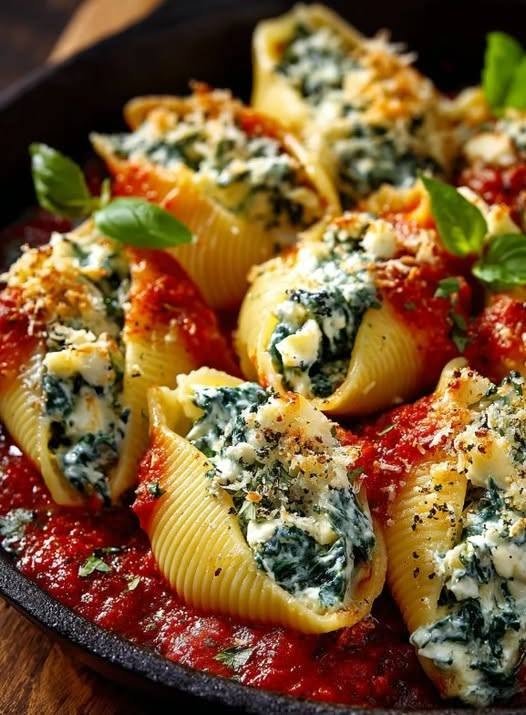 Spinach & Burrata Stuffed Shells with Marinara There are some pasta dinners that feel like a warm hug the second they come out of the oven. These Spinach & Burrata Stuffed Shells with Marinara are one of them. I made this kind of pasta bake on a weekend when I was craving something comforting but wanted something a little more special than ordinary spaghetti. I had a package of jumbo shells in the pantry, some fresh spinach in the fridge, and a beautiful ball of burrata waiting to be used. So I stuffed everything together with creamy ricotta, Parmesan, garlic, and spinach, covered the shells with marinara, and baked the whole thing until the sauce was bubbling and the cheese was beautifully melted. The result? Pure comfort food. Every shell is filled with a creamy, cheesy mixture, while the marinara adds bright tomato flavor underneath. The burrata becomes wonderfully soft and creamy as it bakes, giving the filling an almost luxurious texture. It's the kind of dinner that makes the kitchen smell amazing and gets everyone wandering over before you've even called them to the table. And honestly, I don't mind that at all. ⭐ Why You'll Love These Stuffed Shells Creamy and cheesy Packed with spinach Rich, tangy burrata Classic marinara flavor Perfect comfort food Great for family dinners Easy to prepare ahead Freezer-friendly before baking Beautiful enough for guests Excellent leftover lunch The slightly undercooked shells hold their shape better during stuffing and baking, which is especially helpful with this kind of filled pasta bake. 🛒 Ingredients For the Shells 20–24 jumbo pasta shells 1 tablespoon olive oil Salt, for the pasta water For the Spinach & Burrata Filling 10 ounces fresh baby spinach 8 ounces burrata cheese 1 cup whole-milk ricotta cheese 1/2 cup freshly grated Parmesan cheese 2 garlic cloves, minced 1 large egg 1/2 teaspoon Italian seasoning 1/2 teaspoon salt 1/4 teaspoon freshly ground black pepper Pinch of red pepper flakes, optional For the Marinara 3 cups marinara sauce 1/4 cup water, if needed For Topping 1/3 cup shredded mozzarella 2 tablespoons Parmesan Fresh basil or parsley Extra black pepper 👩‍🍳 How to Make Spinach & Burrata Stuffed Shells 1. Cook the Jumbo Shells Bring a large pot of salted water to a boil. Add the jumbo shells and cook them according to the package directions, but stop 1–2 minutes before they are fully al dente. You want the shells firm enough to handle. Drain them carefully and toss them with a little olive oil so they don't stick together. Spread them out on a baking sheet or large plate and let them cool enough to handle. Don't overcook the shells. Soft shells are much more likely to tear while you're stuffing them. 🥬 2. Wilt the Spinach Heat a large skillet over medium heat. Add the fresh spinach and cook for about 2–3 minutes, stirring frequently, until wilted. Transfer the spinach to a colander or plate. Let it cool slightly, then squeeze out as much excess moisture as possible. This step is important. Spinach holds a surprising amount of water, and excess moisture can make the filling watery. Once drained, roughly chop the spinach. 🧀 3. Make the Creamy Filling In a large mixing bowl, combine: Ricotta Burrata Parmesan Egg Garlic Italian seasoning Salt Black pepper Red pepper flakes, if using Gently stir everything together. Then fold in the chopped spinach. Don't worry if the burrata doesn't completely disappear into the mixture. Those little creamy pockets are exactly what we're after. 🍅 4. Prepare the Baking Dish Preheat your oven to 375°F (190°C). Spread about 1 cup of marinara sauce across the bottom of a 9×13-inch baking dish. You want enough sauce to cover the base without completely drowning the shells. 🥄 5. Stuff the Shells Take one cooled pasta shell and gently open it. Spoon approximately 2 tablespoons of the spinach and cheese filling into the center. Don't pack it too tightly. Place the stuffed shell into the baking dish with the opening facing upward. Continue with the remaining shells. Arrange them fairly close together so they stay upright during baking. If a few shells broke during cooking, don't worry. There are almost always a couple of casualties when making stuffed shells! 🍝 6. Add the Marinara Spoon the remaining marinara sauce over and around the stuffed shells. Try to leave some of the shell edges exposed. Sprinkle the mozzarella and remaining Parmesan over the top. At this point, it already looks like dinner. But wait until it comes out of the oven. 🔥 7. Bake Cover the baking dish loosely with aluminum foil. Bake for approximately 20 minutes. Remove the foil and continue baking for another 10–15 minutes, until the sauce is bubbling and the cheese on top is melted and lightly golden. If you'd like a deeper golden crust, turn on the broiler for the final 1–2 minutes. Watch carefully because the cheese can brown quickly. 🌿 8. Let It Rest Take the shells out of the oven and let them rest for about 5 minutes. This gives the filling a chance to settle and makes the shells easier to serve. Finish with fresh basil or parsley and a little freshly cracked black pepper. Then serve warm. 🤤 What Makes These Shells So Good? It's the combination of textures. You've got tender pasta on the outside. Then comes the creamy filling. The ricotta gives it body. The burrata adds buttery richness. Parmesan brings salty, nutty flavor. Spinach adds an earthy freshness. And marinara cuts through all that creaminess with bright tomato acidity. Every bite tastes different depending on how much filling, sauce, and melted cheese you get. That's what makes these so satisfying. 💡 Tips for Perfect Stuffed Shells Don't overcook the pasta Slightly firm shells are much easier to fill and won't fall apart during baking. Drain the spinach well This is one of the biggest secrets to a creamy—not watery—filling. Let the shells cool Trying to stuff piping-hot shells is a recipe for burnt fingers and broken pasta. Don't overstuff You want enough filling to make each shell generous, but not so much that it bursts. Use good marinara Because the sauce makes up a big part of the finished dish, use a marinara you genuinely enjoy. Grate your own Parmesan Freshly grated Parmesan melts better and gives the filling more flavor. 🍅 Choosing the Right Marinara You can absolutely use your favorite jarred marinara to keep things easy. If you're making homemade sauce, a simple combination of: Crushed tomatoes Garlic Olive oil Basil Oregano Salt Black pepper is more than enough. You don't need an elaborate sauce because the stuffed shells already bring so much flavor. 🌶️ Easy Variations Make It Spicy Add extra red pepper flakes to the filling and use a spicy marinara. Add Mushrooms Sauté finely chopped mushrooms with the spinach before adding them to the filling. Add Roasted Red Peppers Finely chop roasted red peppers and fold them into the cheese mixture for a sweet, smoky flavor. Add Pesto Swirl a couple of tablespoons of basil pesto into the filling. It's fantastic with burrata. Make It Extra Cheesy Add shredded mozzarella to the filling as well as the topping. Add Italian Sausage Brown Italian sausage, crumble it, and layer some underneath or around the stuffed shells for a heartier dinner. 🥗 What to Serve With Stuffed Shells Because these shells are rich and creamy, I love serving them with something fresh. Try: Simple green salad Arugula salad with lemon Italian chopped salad Roasted broccoli Garlic green beans Grilled zucchini Roasted asparagus Crusty garlic bread A crisp salad with a simple lemon vinaigrette is probably my favorite pairing. The acidity helps balance the creamy filling beautifully. ⏰ Make-Ahead Instructions This is a wonderful make-ahead dinner. You can assemble the entire dish earlier in the day. Cover it tightly and refrigerate until you're ready to bake. When you're ready, take it out of the refrigerator while the oven preheats. Because the dish is starting cold, it may need a few additional minutes in the oven. I especially love making this ahead when we're having family over. It means dinner is mostly handled before anyone arrives. 🧊 Freezing Instructions These stuffed shells can also be frozen before baking. Assemble the dish as directed, but don't bake it. Wrap the dish tightly with plastic wrap followed by aluminum foil, then freeze. When you're ready to cook it, thaw it overnight in the refrigerator. Remove the plastic wrap, cover with foil, and bake until hot and bubbling. Freezing the assembled dish before baking generally gives you a better texture than freezing fully cooked creamy pasta. 🧊 Storing Leftovers Store leftover stuffed shells in an airtight container in the refrigerator for up to 3–4 days. Reheat individual portions in the microwave, or cover the baking dish with foil and warm it in a 350°F oven. Add a spoonful of marinara before reheating if the pasta looks dry. The leftovers are honestly one of my favorite parts. The flavors have more time to mingle overnight, and lunch the next day feels like a little treat. ❓ Frequently Asked Questions Can I use frozen spinach? Absolutely. Thaw it completely and squeeze out as much liquid as possible before adding it to the filling. Can I use only ricotta? Yes. You can replace the burrata with additional ricotta, although the filling won't have quite the same buttery creaminess. Can I use cottage cheese instead of ricotta? Yes. Blend the cottage cheese until smooth first if you'd prefer a texture closer to ricotta. Can I use mozzarella instead of burrata? Definitely. Fresh mozzarella will give you a similar mild dairy flavor, although burrata creates a softer and creamier filling. Why did my shells tear? They were probably cooked too long. Next time, cook them slightly under al dente and handle them gently while filling. Can I make these without egg? Yes. The egg helps bind the filling, but you can leave it out. The filling may be slightly softer. Can I add meat? Absolutely. Italian sausage, ground beef, or shredded chicken can all turn this into a heartier casserole. Can I use store-bought marinara? Yes, and I often would. A good-quality marinara makes this recipe much quicker without sacrificing flavor. How do I prevent the shells from sticking together? Toss the drained shells gently with a little olive oil and keep them spread apart while they cool. Can I prepare the filling ahead? Yes. The filling can be mixed ahead and refrigerated in a covered container until you're ready to assemble the shells. 📝 Recipe at a Glance Prep Time: 25 minutes Cook Time: 30–35 minutes Total Time: About 1 hour Servings: 5–6 Course: Main Course Cuisine: Italian-inspired Ingredients Filling 10 ounces fresh spinach 8 ounces burrata 1 cup ricotta 1/2 cup Parmesan 2 garlic cloves 1 egg Italian seasoning Salt and pepper Optional red pepper flakes Pasta & Sauce 20–24 jumbo shells 3 cups marinara Olive oil Salt Topping 1/3 cup mozzarella 2 tablespoons Parmesan Fresh basil or parsley Quick Directions Cook jumbo shells slightly under al dente. Wilt and thoroughly drain the spinach. Mix burrata, ricotta, Parmesan, egg, garlic, herbs, spinach, salt, and pepper. Spread marinara in a baking dish. Fill each shell with the cheese mixture. Arrange shells over the marinara. Cover with remaining marinara and sprinkle with mozzarella and Parmesan. Cover and bake at 375°F for 20 minutes. Uncover and bake another 10–15 minutes. Rest for 5 minutes. Garnish with fresh basil and serve. ❤️ Final Thoughts There is something wonderfully old-fashioned about a big bubbling dish of stuffed shells coming out of the oven. It's the kind of dinner that makes everyone slow down for a minute. I love how this version takes that familiar comfort and gives it a little upgrade with creamy burrata and fresh spinach. The marinara gets bubbly around the edges, the Parmesan turns golden, and the filling becomes soft and creamy inside every shell. It's cozy enough for a quiet family Sunday, special enough for guests, and practical enough to prepare ahead when life gets busy. And if you're lucky enough to have leftovers, don't be surprised if you find yourself thinking about them the next morning. Creamy burrata, tender spinach, fluffy ricotta, bubbling marinara, and golden cheese—all tucked into one irresistible pasta bake. That's comfort food worth sharing.