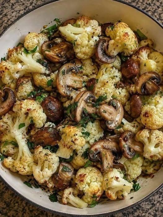 Garlic Mushrooms Cauliflower Skillet Some of the best recipes are the ones that don't look particularly impressive on paper. A head of cauliflower. A handful of mushrooms. A few cloves of garlic. Some butter and herbs. That's basically all you need to make this Garlic Mushrooms Cauliflower Skillet, but somehow those simple ingredients turn into something incredibly comforting. I made this on a busy evening when I wanted a vegetable side that didn't feel like an afterthought. Instead of steaming the cauliflower, I decided to let everything get golden and caramelized in a skillet. The smell of the mushrooms cooking in butter and olive oil was the first clue that dinner was going to be good. Then came the garlic. Once that hit the pan, everyone started wandering into the kitchen asking what I was making. By the time I finished with fresh thyme, parsley, and a little black pepper, I had a skillet full of tender cauliflower and beautifully browned mushrooms coated in garlicky butter. And honestly, I could have eaten it straight from the pan. This is the kind of recipe I love having in my back pocket. It's quick enough for a weeknight, cozy enough for a family dinner, and versatile enough to serve beside almost anything. ❤️ Why You'll Love This Cauliflower Mushroom Skillet Ready in about 25 minutes Made in one skillet Simple everyday ingredients Rich garlic-butter flavor Golden, tender cauliflower Meaty, beautifully browned mushrooms Naturally low-carb Vegetarian-friendly Easy enough for a weeknight Delicious as a side or light meal The classic skillet method works especially well because the mushrooms are browned first, followed by the cauliflower, then a small amount of vegetable stock is used to loosen the flavorful bits in the pan. 🛒 Ingredients For the Skillet 4 tablespoons unsalted butter, divided 1 tablespoon olive oil 1/2 small onion, finely chopped 1/2 large head cauliflower, cut into bite-size florets 1 pound mushrooms, cleaned and sliced 2 tablespoons low-sodium vegetable stock 4 cloves garlic, minced 1 teaspoon fresh thyme leaves, chopped 2 tablespoons fresh parsley, chopped 1/2 teaspoon salt, or to taste 1/2 teaspoon freshly ground black pepper, or to taste You can use white button mushrooms, cremini mushrooms, or another favorite variety. The important thing is to slice them evenly so they cook consistently. The ingredient combination follows the classic garlic-butter cauliflower and mushroom skillet approach, including butter, olive oil, onion, mushrooms, cauliflower, vegetable stock, garlic, thyme, parsley, salt, and pepper. 👩‍🍳 How to Make Garlic Mushrooms Cauliflower Skillet Step 1: Prepare the Vegetables Start by cutting the cauliflower into small, fairly even florets. Clean the mushrooms and slice them. If the mushrooms are particularly damp, gently pat them dry with paper towels. This matters because mushrooms naturally release quite a bit of moisture while cooking. Starting with relatively dry mushrooms makes it easier to brown them instead of steaming them. Step 2: Heat the Skillet Place a large skillet over medium-high heat. Add: 2 tablespoons butter 1 tablespoon olive oil Let the butter melt completely. The combination of butter and olive oil gives the vegetables plenty of flavor while helping prevent the butter from browning too quickly. Step 3: Sauté the Onion Add the chopped onion to the skillet. Cook for about 3 minutes, stirring occasionally, until the onion begins to soften. You don't need to brown it heavily. Just let it become soft and fragrant. Step 4: Brown the Mushrooms Add the sliced mushrooms. Spread them out as much as possible. Cook for approximately 4–5 minutes, stirring occasionally, until the mushrooms release their moisture and begin developing deep golden-brown edges. This is one of the most important steps in the whole recipe. Don't rush it. The browned mushrooms provide so much of the savory flavor. If the pan looks crowded, give the mushrooms another minute or two to cook down before moving on. Step 5: Add the Cauliflower Once the mushrooms are nicely browned, add the cauliflower florets. Add the remaining 2 tablespoons butter. Stir everything together. Cook for about 8–10 minutes, stirring occasionally, until the cauliflower becomes tender and develops golden-brown edges. You want the cauliflower cooked through but not mushy. Those little caramelized edges are what make this skillet so good. The established recipe method similarly cooks the mushrooms until browned before adding cauliflower and cooking it until golden at the edges. Step 6: Deglaze the Pan Pour in the 2 tablespoons vegetable stock. Use your spoon or spatula to scrape up the browned bits from the bottom of the skillet. Let everything cook for about 2 minutes. The small amount of stock loosens the flavorful browned bits without turning the dish into a watery vegetable stew. Step 7: Add the Garlic and Herbs Add the minced garlic and chopped thyme. Cook for about 30 seconds, just until the garlic becomes fragrant. Be careful not to let the garlic burn. Then add about half of the fresh parsley. Stir everything together. Step 8: Season Taste the vegetables. Add salt and freshly ground black pepper as needed. Give everything one final toss so the garlic butter coats the cauliflower and mushrooms. Step 9: Garnish and Serve Turn off the heat. Sprinkle the remaining fresh parsley over the top. Serve immediately while the vegetables are hot and glossy. And if you happen to sneak a mushroom straight from the skillet before serving... I won't tell anyone. ✨ The Secret to Perfectly Browned Mushrooms If there's one thing I would emphasize with this recipe, it's don't overcrowd the pan. Mushrooms contain a lot of water. When they're packed tightly into a pan, they release that moisture and can end up steaming instead of browning. Give them room. Let them cook until the moisture has evaporated and the edges become golden. That extra few minutes makes a huge difference. 🥦 Tips for the Best Cauliflower Skillet Cut the cauliflower evenly Similar-sized florets cook at roughly the same rate. Very large pieces can remain firm while tiny pieces become too soft. Pat the mushrooms dry Excess moisture makes browning more difficult. Don't constantly stir Let the vegetables sit against the hot skillet for a little while before stirring. That's how you develop those delicious browned edges. Use fresh garlic Freshly minced garlic has a much stronger aroma and flavor than garlic powder in this particular dish. Add garlic near the end Garlic burns easily. Adding it during the final stage keeps its flavor fragrant rather than bitter. Don't overcook the cauliflower You want tender cauliflower with some texture. It shouldn't fall apart when you pick it up. 🧄 Easy Variations Make It Extra Garlicky If you really love garlic, add another clove or two. There is very little chance anyone will complain. Add Parmesan Sprinkle freshly grated Parmesan over the hot skillet just before serving. The cheese melts slightly into the butter and makes the vegetables feel extra indulgent. Add Red Pepper Flakes For a little heat, add 1/4 teaspoon crushed red pepper flakes with the garlic. You can increase the amount if you like things spicy. Add Bacon Cook chopped bacon separately until crisp, then crumble it over the finished skillet. The smoky bacon is fantastic with mushrooms and cauliflower. Try Different Mushrooms Use: Cremini Baby bella Shiitake Oyster mushrooms A mixture of wild mushrooms A mushroom blend makes this especially delicious for a special dinner. Finish With Lemon A small squeeze of fresh lemon juice right before serving cuts through the richness of the butter and makes the flavors taste brighter. 🧈 Make It Creamy Want to turn this simple skillet into something more luxurious? After the cauliflower is tender, add 2–3 tablespoons heavy cream. Stir gently and let it simmer for a minute or two. Then add Parmesan and fresh parsley. You'll have a creamy garlic mushroom cauliflower skillet that's wonderful served alongside grilled chicken or steak. 🍗 What to Serve With Garlic Mushrooms Cauliflower This skillet makes an excellent side dish. Serve it alongside: Grilled chicken Roast chicken Steak Pork chops Baked salmon Grilled shrimp Roasted turkey Meatloaf For a simple weeknight dinner, pair it with grilled chicken and a fresh green salad. For a steak dinner, serve it instead of traditional potatoes. The earthy mushrooms and buttery cauliflower are surprisingly satisfying. 🥗 Make It a Light Main Dish You don't have to serve this only as a side. For a simple vegetarian meal, spoon the cauliflower and mushrooms into a bowl and top with: Crumbled feta Avocado Fried egg Fresh parsley Parmesan Toasted nuts A fried egg on top is particularly good. The runny yolk creates a natural sauce that mixes beautifully with the garlic butter. 🍳 Garlic Mushroom Cauliflower Breakfast Bowl This is also a fantastic way to use leftovers. Warm the skillet in a pan, then add a fried or poached egg on top. Finish with fresh herbs and a little Parmesan. It makes an easy savory breakfast that feels much more exciting than ordinary eggs and vegetables. 🧊 How to Store Leftovers Allow the vegetables to cool before transferring them to an airtight container. Refrigerate for up to 3 days. The original version also recommends storing leftovers in an airtight container in the refrigerator for up to three days. 🔥 How to Reheat The skillet is the best way to reheat leftovers. Place the vegetables in a skillet over medium heat. Add a few drops of water or a small pat of butter. Cook until heated through. This helps bring back some of the original texture instead of making the vegetables soggy. You can also microwave them, but the cauliflower will be softer. ❄️ Can You Freeze This Skillet? You can, although I prefer this recipe fresh or refrigerated. Cauliflower can become softer after freezing and thawing, while mushrooms may lose some of their firm texture. If you do freeze it, cool the vegetables completely before transferring them to a freezer-safe container. Freeze for up to about 2 months for best quality. Thaw overnight in the refrigerator and reheat gently in a skillet. ❓ Frequently Asked Questions Is Garlic Mushrooms Cauliflower Skillet keto-friendly? Yes, this is a naturally low-carb vegetable dish and can fit well into a keto-style meal. Keep an eye on the portion size and any optional additions, particularly if you're following a strict carbohydrate target. Can I use frozen cauliflower? Yes. However, fresh cauliflower usually browns better. If using frozen cauliflower, cook it from frozen and allow excess moisture to evaporate before adding the stock. Can I use frozen mushrooms? Fresh mushrooms are strongly preferred. Frozen mushrooms tend to release more water, making it harder to achieve the deep browning that makes this recipe special. Can I make this dairy-free? Yes. Replace the butter with a plant-based butter or additional olive oil. The vegetables will still be delicious. Can I make it vegan? Absolutely. Use olive oil or vegan butter instead of dairy butter and vegetable stock. Skip Parmesan or use nutritional yeast if you'd like a cheesy flavor. Can I add chicken? Definitely. Add cooked chopped chicken toward the end and warm it through with the vegetables. You can also serve grilled or roasted chicken directly over the skillet. Why are my mushrooms watery? Usually, the pan is too crowded or the mushrooms were stirred too frequently. Give them enough space and allow their moisture to evaporate before moving on to the cauliflower. How do I keep cauliflower from becoming mushy? Don't add too much liquid, and avoid cooking it far beyond the point of tenderness. The small amount of stock in this recipe is mainly for deglazing and flavor. Can I use cauliflower rice? You can, but the texture will be completely different. For this skillet, florets are best because they can develop those delicious golden edges. Can I add cheese? Absolutely. Parmesan, mozzarella, Gruyère, or cheddar can all work. Add cheese toward the end so it melts without overcooking the vegetables. 📝 Recipe at a Glance Recipe: Garlic Mushrooms Cauliflower Skillet Prep Time: 5 minutes Cook Time: 20 minutes Total Time: About 25 minutes Servings: 4 Course: Side Dish or Light Main Cuisine: American-inspired Method: Skillet Diet: Low-carb, vegetarian Ingredients 4 tablespoons unsalted butter, divided 1 tablespoon olive oil 1/2 small onion, chopped 1/2 large head cauliflower, cut into florets 1 pound mushrooms, sliced 2 tablespoons low-sodium vegetable stock 4 garlic cloves, minced 1 teaspoon fresh thyme leaves 2 tablespoons fresh parsley, chopped 1/2 teaspoon salt, or to taste 1/2 teaspoon black pepper, or to taste Instructions Cut the cauliflower into evenly sized florets and slice the mushrooms. Heat 2 tablespoons butter and the olive oil in a large skillet over medium-high heat. Add onion and sauté for about 3 minutes until softened. Add mushrooms and cook for 4–5 minutes, allowing them to brown and release their moisture. Add cauliflower and remaining 2 tablespoons butter. Cook for 8–10 minutes, stirring occasionally, until the cauliflower is tender and golden around the edges. Add vegetable stock and scrape up the browned bits from the skillet. Cook for about 2 minutes. Add garlic and thyme and cook for about 30 seconds. Stir in half of the parsley. Season with salt and black pepper. Garnish with the remaining parsley and serve hot. ❤️ Final Thoughts I think cauliflower gets a bad reputation sometimes. When it's steamed until soft and left completely unseasoned, I understand why people aren't excited about it. But give cauliflower a hot skillet, plenty of golden mushrooms, butter, garlic, and fresh herbs, and suddenly it's a completely different vegetable. This Garlic Mushrooms Cauliflower Skillet is savory, buttery, earthy, and full of texture. It's the kind of side dish that quietly steals attention from the main course. I love serving it with chicken or steak, but I've also been known to eat a bowl of it on its own when I want something quick and comforting. And that's what makes this recipe such a keeper. It's simple enough for an ordinary weeknight, but delicious enough to make its way onto the table when you're cooking for people you love. Golden cauliflower, buttery mushrooms, fragrant garlic, and fresh herbs—all made in one skillet. Sometimes simple really is the best kind of cooking.