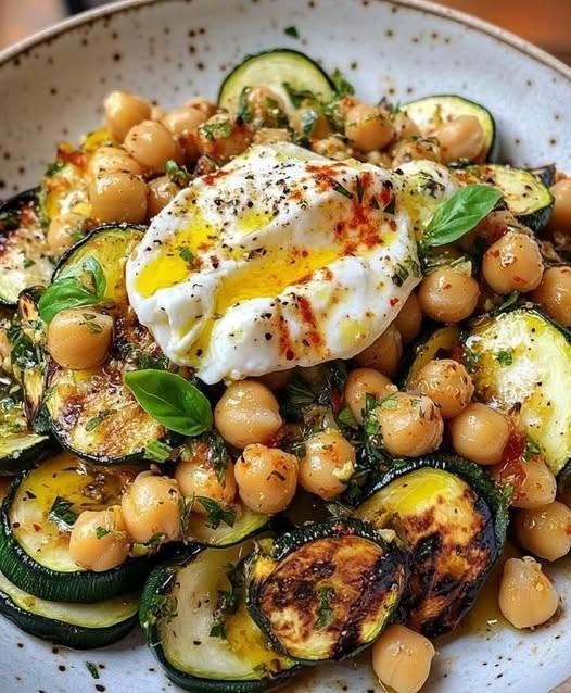 Grilled Zucchini Chickpea Salad with Burrata and Chili Oil Some salads are just salads. And then there are salads that make you stop after the first bite and think, Okay, this is actually something special. This Grilled Zucchini Chickpea Salad with Burrata and Chili Oil is definitely in that second category. I love making this kind of recipe when the weather is warm and I want something that feels fresh without being boring. The zucchini gets beautifully charred on the grill, the chickpeas become golden and slightly crisp, and then everything gets tossed with lemon, herbs, and a little red wine vinegar. And just when you think it couldn't get any better, a ball of creamy burrata goes right on top. Then comes the chili oil. That drizzle is what ties everything together. You get smoky zucchini, hearty chickpeas, bright lemon, fresh herbs, rich burrata, and just enough heat to keep every bite interesting. Similar versions of this salad pair grilled zucchini and chickpeas with burrata, herbs, lemon, and chili oil for that same smoky-creamy-spicy contrast. I can imagine serving this on a sunny weekend afternoon with friends, but honestly, it's just as good when you're making dinner for yourself and want something that feels a little fancy without requiring a complicated recipe. ❤️ Why You'll Love This Salad Smoky, charred zucchini adds incredible flavor Crispy chickpeas make the salad hearty and satisfying Creamy burrata melts into the warm vegetables Fresh lemon and herbs keep everything bright Chili oil adds a delicious little kick Ready in about 30–35 minutes Naturally vegetarian Beautiful enough for entertaining Delicious warm or at room temperature 🛒 Ingredients For the Salad 3 medium zucchini 1 (15-ounce) can chickpeas, drained and rinsed 1 cup cherry or grape tomatoes, halved 1/2 small red onion, thinly sliced 1 large ball burrata, about 4 ounces 2 tablespoons fresh basil, torn 2 tablespoons fresh parsley, chopped 2 tablespoons fresh mint, chopped 3 tablespoons extra-virgin olive oil, divided 1 teaspoon smoked paprika 1/2 teaspoon dried oregano 1/4 teaspoon red pepper flakes Salt, to taste Freshly ground black pepper, to taste For the Lemon-Herb Dressing 2 tablespoons fresh lemon juice 1 teaspoon finely grated lemon zest 1 tablespoon red wine vinegar 1 teaspoon Dijon mustard 1 teaspoon honey or maple syrup 1 small garlic clove, finely minced 2 tablespoons extra-virgin olive oil Pinch of salt Freshly ground black pepper For the Chili Oil Finish 2 tablespoons chili oil or chili crisp 1 tablespoon extra-virgin olive oil 1 small garlic clove, finely grated Extra lemon juice, optional The combination of lemon, red wine vinegar, herbs, olive oil, and chili oil is commonly used to balance the richness of the burrata and the smoky vegetables. 👩🍳 How to Make Grilled Zucchini Chickpea Salad Step 1: Prepare the zucchini Wash and dry the zucchini thoroughly. Cut each zucchini lengthwise into planks about 1/2 inch thick. You can also cut the zucchini into thick rounds if that's easier. The important thing is to keep the pieces thick enough that they don't become mushy on the grill. Place them in a large bowl. Add 1 tablespoon olive oil, smoked paprika, oregano, salt, and black pepper. Toss gently until the zucchini is evenly coated. Try to season the zucchini right before grilling rather than letting it sit for a long time. This helps prevent it from releasing too much moisture. Step 2: Dry the chickpeas Drain and rinse the chickpeas. Spread them on a clean kitchen towel or several layers of paper towel and pat them very dry. This step is worth the extra minute. The drier the chickpeas, the better they'll brown instead of simply steaming. Toss them with 1 tablespoon olive oil, a pinch of salt, black pepper, and the red pepper flakes. Step 3: Make the dressing In a small bowl, whisk together: Lemon juice Lemon zest Red wine vinegar Dijon mustard Honey Garlic Olive oil Salt Black pepper Taste it. You want the dressing to be bright, slightly tangy, and balanced. If it tastes too sharp, add another tiny drizzle of olive oil or a touch more honey. Set aside. 🔥 Grill the Zucchini Step 4: Heat the grill Preheat an outdoor grill or grill pan over medium-high heat. You want it hot enough to give the zucchini those beautiful dark grill marks. Lightly oil the grill grates if needed. Step 5: Grill the zucchini Arrange the zucchini in a single layer. Cook for about 3–4 minutes per side, depending on thickness. You're looking for tender zucchini with visible char marks while still maintaining some bite. Don't overcook it. The zucchini should be soft enough to eat easily but not falling apart. Transfer it to a plate and let it cool slightly. 🫘 Crisp the Chickpeas Step 6: Cook the chickpeas Heat a large skillet over medium heat. Add the remaining olive oil and chickpeas. Cook for approximately 8–10 minutes, stirring or shaking the pan every couple of minutes. The chickpeas should become golden and lightly crisp on the outside. You don't need them to become completely crunchy. A little crispness on the outside with a tender center is perfect. Similar recipes use a skillet to crisp seasoned chickpeas before combining them with grilled zucchini. Remove from the heat. 🌿 Build the Salad Step 7: Combine the vegetables Add the grilled zucchini, warm chickpeas, cherry tomatoes, and red onion to a large bowl or serving platter. Pour over most of the lemon-herb dressing. Gently toss everything together. Be careful with the zucchini. You want the pieces to stay intact rather than turn into a mash. Step 8: Add the fresh herbs Scatter the basil, parsley, and mint over the salad. Give everything another gentle toss. Taste and adjust the seasoning. If you want more brightness, add another squeeze of lemon. 🌶️ Make the Chili Oil Step 9: Mix the drizzle In a small bowl, combine the chili oil, olive oil, and grated garlic. Stir well. If your chili oil is particularly spicy, add another teaspoon of olive oil to mellow it. If you love heat, add a pinch of red pepper flakes. 🧀 Add the Burrata Step 10: Assemble Transfer the salad to a wide serving platter. Place the burrata in the center. You can leave it whole for a beautiful presentation or gently tear it into large pieces and scatter it across the salad. I prefer tearing it open right before serving so that the creamy center spills over the warm zucchini and chickpeas. Drizzle the chili oil generously over the burrata and around the salad. Finish with flaky sea salt, freshly cracked black pepper, and a few fresh basil leaves. Serve immediately or let it sit for a few minutes at room temperature. ✨ My Best Tips for This Salad Get the grill really hot A hot grill gives zucchini those beautiful char marks without requiring a long cooking time. If the grill isn't hot enough, the zucchini can become soft and watery before it develops any real color. Don't slice the zucchini too thin Thin zucchini cooks extremely quickly. Thicker planks or rounds hold their shape much better and give you that wonderful contrast between charred edges and tender centers. Dry the chickpeas This is one of those tiny details that makes a big difference. Wet chickpeas steam. Dry chickpeas brown. Don't add the burrata too early Burrata is the creamy finishing touch. Add it after the warm vegetables have been arranged on the platter so it stays rich, cool, and creamy. Start with less chili oil You can always add more. If you're serving guests, especially people with different spice preferences, put extra chili oil on the table so everyone can adjust their own serving. 🥗 Easy Variations Add Avocado Add diced avocado just before serving for another creamy element. Add Crunch Sprinkle toasted pine nuts, pistachios, almonds, or pumpkin seeds over the top. Use Yellow Squash Replace half of the zucchini with yellow summer squash for extra color. Add Arugula Place a few handfuls of peppery arugula underneath the grilled zucchini. Make It More Filling Add grilled chicken, shrimp, or cooked quinoa if you'd like to turn this into a more substantial meal. Swap the Cheese If you can't find burrata, use fresh mozzarella, ricotta, or feta. Burrata is especially luxurious, but the salad is still delicious with another creamy cheese. Make It Spicier Use chili crisp instead of mild chili oil and add extra red pepper flakes. 🍋 What to Serve With It This salad is hearty enough to serve as a light vegetarian dinner, but it also makes a gorgeous side dish. Serve it with: Grilled chicken Grilled salmon Garlic shrimp Steak Roasted chicken Crusty bread Grilled pita Lemon rice Couscous Mediterranean potatoes For a summer dinner, I'd put this in the center of the table with some grilled chicken and warm bread. Everyone can help themselves. 🧊 Can You Make This Salad Ahead? Yes, but I recommend keeping the components separate. You can prepare the dressing, cook the chickpeas, and grill the zucchini several hours ahead. Store them separately in the refrigerator. When you're ready to serve, let the zucchini come closer to room temperature, then assemble everything with the fresh herbs, tomatoes, burrata, and chili oil. For the best texture, add the burrata and chili oil right before serving. 🥡 How to Store Leftovers Store leftover zucchini and chickpeas in an airtight container in the refrigerator for up to 3 days. If possible, keep the burrata separate. Store the dressing and chili oil separately as well. When you're ready to eat, gently warm the zucchini and chickpeas in a skillet or allow them to come to room temperature. Then add fresh burrata, herbs, and a little extra lemon juice. ❄️ Can You Freeze It? I wouldn't recommend freezing this salad. Zucchini becomes watery after freezing and thawing, while burrata loses its lovely creamy texture. It's much better made fresh or prepared a day or two ahead. ❓ Frequently Asked Questions Can I make this without a grill? Absolutely. Use a grill pan or cast-iron skillet over medium-high heat. You can also roast the zucchini in the oven if needed, although you won't get quite the same smoky char. Can I use canned chickpeas? Yes. Canned chickpeas make this recipe especially convenient. Just drain, rinse, and dry them very well before cooking. How do I make the chickpeas extra crispy? Dry them extremely well before cooking and avoid overcrowding the skillet. For an oven method, spread them on a baking sheet and roast at 425°F (220°C) for about 18–22 minutes, shaking the pan halfway through. Can I use zucchini rounds instead of planks? Definitely. Cut them into thick rounds, about 1/2 inch thick, and grill them the same way. Is this salad served hot or cold? It's best slightly warm or at room temperature. The warm grilled zucchini and chickpeas make the burrata wonderfully creamy, while the fresh herbs and lemon keep the dish refreshing. Similar recipes recommend serving it warm or at room temperature. Can I use feta instead of burrata? Yes. Feta will give you a saltier, tangier result rather than the soft creaminess of burrata. How spicy is the salad? That depends entirely on your chili oil. Start with 1 tablespoon and add more until you reach the heat level you like. Is this salad vegetarian? Yes, as written it is vegetarian. If you're serving someone who follows a specific diet, check the ingredients in your chili oil and other packaged products. 📝 Recipe at a Glance Recipe: Grilled Zucchini Chickpea Salad with Burrata and Chili Oil Prep Time: 15 minutes Cook Time: 20 minutes Total Time: About 35 minutes Servings: 4 Course: Salad / Light Dinner Cuisine: Mediterranean-inspired Ingredients 3 medium zucchini 1 (15-ounce) can chickpeas 1 cup cherry tomatoes 1/2 small red onion 1 ball burrata 2 tbsp basil 2 tbsp parsley 2 tbsp mint 3 tbsp olive oil 1 tsp smoked paprika 1/2 tsp oregano 1/4 tsp red pepper flakes Salt and pepper Dressing 2 tbsp lemon juice 1 tsp lemon zest 1 tbsp red wine vinegar 1 tsp Dijon mustard 1 tsp honey 1 garlic clove 2 tbsp olive oil Salt and pepper Chili Oil 2 tbsp chili oil 1 tbsp olive oil 1 garlic clove Instructions Slice zucchini into thick planks or rounds. Season with olive oil, smoked paprika, oregano, salt, and pepper. Drain and thoroughly dry the chickpeas. Season chickpeas with olive oil, salt, pepper, and red pepper flakes. Whisk together the lemon-herb dressing. Grill zucchini over medium-high heat for 3–4 minutes per side. Cook chickpeas in a skillet for 8–10 minutes until golden. Combine zucchini, chickpeas, tomatoes, and red onion. Toss gently with the dressing. Add basil, parsley, and mint. Mix chili oil with olive oil and garlic. Arrange salad on a platter. Add burrata. Drizzle generously with chili oil. Finish with flaky salt, black pepper, and fresh herbs. Serve warm or at room temperature. ❤️ Final Thoughts This Grilled Zucchini Chickpea Salad with Burrata and Chili Oil is proof that a salad doesn't have to be boring—or feel like something you're eating simply because you should. You've got smoky zucchini, golden chickpeas, juicy tomatoes, fresh herbs, bright lemon, and that ridiculously creamy burrata. Then the chili oil comes in with just enough heat to wake everything up. It's colorful, satisfying, easy to make, and honestly beautiful enough to put right in the middle of the dinner table. And when that burrata breaks open and starts mixing with the warm grilled zucchini and spicy oil? That's the bite you'll remember.
