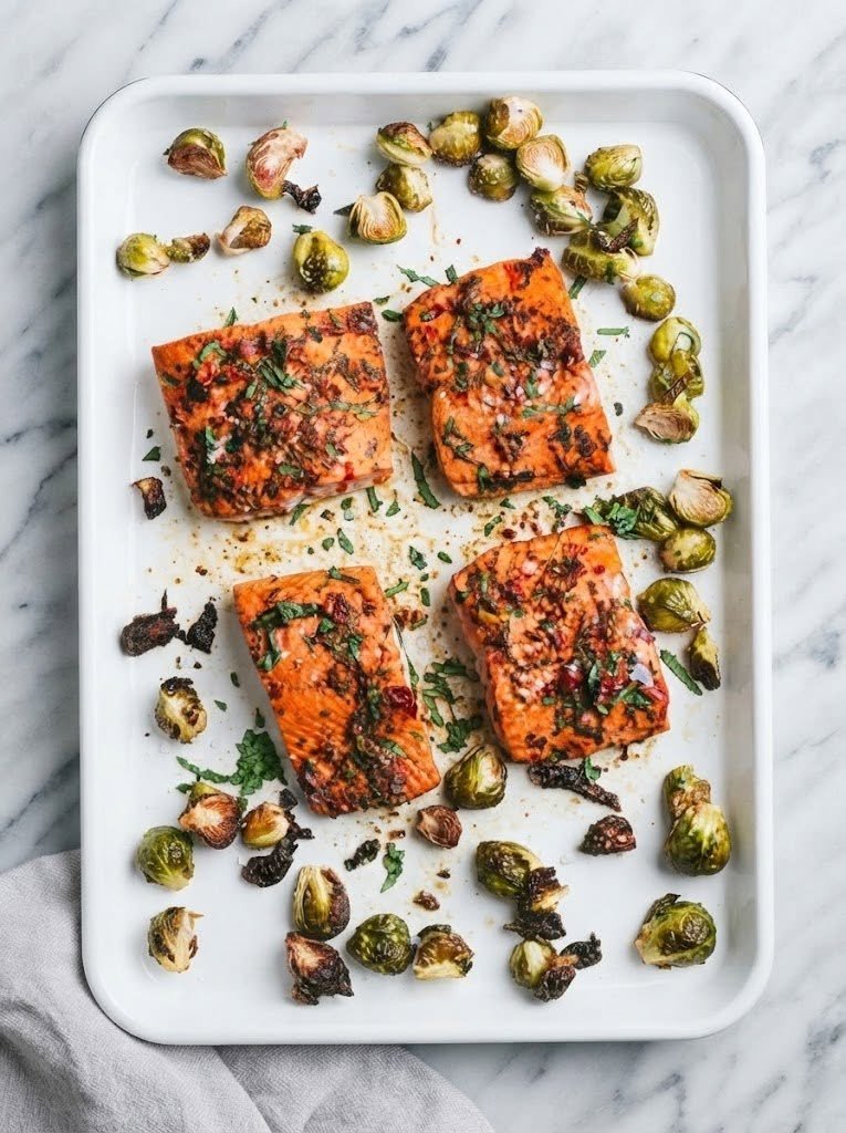 Keto Citrus Salmon with Brussels Sprouts There are some dinners that feel fancy enough for a weekend but are actually easy enough for a busy Tuesday night. Keto Citrus Salmon with Brussels Sprouts is exactly that kind of meal. I love the combination of buttery salmon, roasted Brussels sprouts, fresh lemon, garlic, and just a little chili heat. The citrus wakes everything up, while the butter gives the salmon a rich, silky finish. I made this recently when I wanted something that felt light and fresh but still satisfying, and it was one of those meals where everyone quietly eats for a few minutes before somebody finally says, “This is really good.” That is always a good sign in my kitchen. What I especially love is that almost everything cooks together on one sheet pan. Less cleanup, less fuss, and dinner is on the table in about 35 minutes. The salmon becomes tender and flaky, the Brussels sprouts roast until their edges are beautifully browned, and the citrus-garlic glaze ties everything together. If you're following a keto lifestyle, this is also an easy dinner to keep in your regular rotation. The original recipe uses salmon, Brussels sprouts, olive oil, butter, garlic, lemon juice, paprika, chili paste, and cilantro, creating a flavorful low-carb meal without relying on heavy sauces or sugary ingredients. ❤️ Why You'll Love This Keto Salmon Easy one-pan dinner Ready in about 35 minutes Fresh, bright citrus flavor Tender, buttery salmon Crispy roasted Brussels sprouts Naturally low in carbohydrates High in protein Minimal cleanup Great for weeknights or guests Easy to customize with your favorite herbs and seasonings 🛒 Ingredients For the Salmon and Brussels Sprouts 2 pounds salmon fillets 1 pound Brussels sprouts 1 tablespoon olive oil Salt, to taste Black pepper, to taste For the Citrus Garlic Glaze 4 tablespoons unsalted butter, melted 2 garlic cloves, finely minced 1 teaspoon paprika 1 tablespoon fresh lemon juice 1 teaspoon chili paste 1/4 cup fresh cilantro, chopped The original recipe uses these same core ingredients and cooks the salmon and Brussels sprouts together on a sheet pan. A Note About the Citrus Fresh lemon juice gives this recipe its bright, zesty flavor without needing a sweet glaze. If you want even more citrus flavor, add a little freshly grated lemon zest to the butter mixture. 👩🍳 How to Make Keto Citrus Salmon with Brussels Sprouts Step 1: Preheat the Oven Preheat your oven to 400°F (200°C). Line a large sheet pan with parchment paper or lightly grease it with olive oil. A hot oven is important because you want the Brussels sprouts to roast and brown rather than simply soften. Step 2: Prepare the Brussels Sprouts Trim the ends from the Brussels sprouts and remove any loose outer leaves. Cut each Brussels sprout in half lengthwise. Place them in a bowl and toss with olive oil, salt, and black pepper. Try to arrange the Brussels sprouts with the cut sides facing down when they go onto the sheet pan. This helps them develop those delicious browned edges. Step 3: Prepare the Citrus Garlic Glaze In a small bowl, combine: Melted butter Minced garlic Paprika Fresh lemon juice Chili paste Chopped cilantro Stir everything together until well combined. The smell alone is enough to make you hungry. The butter gives the glaze richness, lemon adds brightness, garlic brings savory depth, paprika adds warmth, and chili paste gives everything a gentle kick. Step 4: Prepare the Salmon Pat the salmon fillets dry with paper towels. This helps the glaze cling to the surface and encourages better browning. Place the salmon skin-side down on the prepared sheet pan. Season lightly with salt and black pepper. Brush about half of the citrus garlic glaze over the salmon, making sure the top is nicely coated. Step 5: Add the Brussels Sprouts Arrange the seasoned Brussels sprouts around the salmon. Try not to overcrowd the pan. Giving the vegetables some breathing room helps them roast instead of steaming. Step 6: Bake Place the sheet pan in the oven and bake for approximately 15–20 minutes. The exact cooking time depends on the thickness of your salmon fillets and the size of the Brussels sprouts. The salmon should become opaque and flake easily with a fork. The original recipe recommends roasting at 400°F for approximately 15–20 minutes. Step 7: Finish With More Citrus Glaze Remove the pan from the oven. Brush the remaining citrus garlic glaze over the salmon. Sprinkle with a little extra chopped cilantro if desired. For an even brighter finish, add a few drops of fresh lemon juice right before serving. Step 8: Serve Transfer the salmon and Brussels sprouts to plates while everything is still hot. Spoon any buttery juices from the pan over the salmon. Then dig in. The contrast is wonderful—the salmon is tender and rich, while the roasted Brussels sprouts bring a slightly crisp, nutty bite. 🍋 Tips for the Best Citrus Salmon Pat the salmon dry Don't skip this little step. Removing excess moisture helps the seasoning and glaze stick to the salmon and encourages better roasting. Use fresh lemon juice Fresh lemon juice gives the glaze a much brighter flavor than bottled juice. Don't overcook the salmon This is probably the most important tip. Salmon can go from perfectly tender to dry surprisingly quickly, especially with thinner fillets. Start checking it toward the lower end of the cooking range. Cut Brussels sprouts evenly Try to keep the Brussels sprouts similar in size so they cook at roughly the same rate. If some are very large, cut them into quarters. Give everything room A crowded sheet pan traps steam. If necessary, use two pans rather than piling everything onto one small tray. Add the cilantro at the end Fresh cilantro tastes brighter when added toward the end rather than cooked for a long time. 🌶️ Easy Ways to Customize It This recipe is wonderfully flexible. Make It More Spicy Increase the chili paste or add a pinch of crushed red pepper flakes. Make It Extra Garlicky Add another clove or two of fresh garlic to the glaze. Add Lemon Zest Grate a little lemon zest directly into the butter mixture for an extra citrus punch. Use Dill Instead of Cilantro If you're not a cilantro fan, fresh dill pairs beautifully with salmon and lemon. Add Parmesan Brussels Sprouts During the final few minutes of roasting, sprinkle freshly grated Parmesan over the Brussels sprouts. Try Lime Replace some of the lemon juice with fresh lime juice for a slightly different citrus flavor. 🥦 What to Serve With Keto Citrus Salmon Honestly, this meal is complete all by itself. But if you're feeding a hungry family or want to make dinner feel a little more special, serve it with another keto-friendly side. Try: Cauliflower rice Garlic sautéed spinach Roasted asparagus Sautéed zucchini Cucumber salad Avocado salad Cauliflower mash Simple green salad Sautéed mushrooms I especially love serving this with cauliflower rice because it soaks up some of that buttery citrus sauce. 🍽️ Turn It Into a Meal-Prep Dinner This salmon works well for meal prep because the main components are already cooked together. Prepare the salmon and Brussels sprouts, allow them to cool, and divide them into individual containers. Store in the refrigerator for up to 4 days. When reheating, use gentle heat so the salmon doesn't dry out. The original recipe also suggests meal-prepping individual portions and notes that the dish can be refrigerated for several days or frozen for longer storage. 🧊 Can You Freeze Citrus Salmon? Yes, although fresh salmon will generally have the best texture. If freezing, allow the cooked salmon and Brussels sprouts to cool completely. Place them in airtight freezer-safe containers or bags and freeze for up to about 3 months. Thaw overnight in the refrigerator before reheating. 🔥 How to Reheat Oven Place the salmon and Brussels sprouts in a baking dish. Cover loosely with foil and warm at 300–325°F until heated through. The lower temperature helps prevent the salmon from drying out. Microwave For a quick lunch, microwave in short intervals until warm. Avoid overheating because salmon can become dry and rubbery. ❓ Frequently Asked Questions Is this salmon recipe keto? Yes. The recipe is built around salmon, Brussels sprouts, butter, olive oil, lemon, garlic, herbs, and seasonings rather than sugary sauces or starchy ingredients. The source recipe lists approximately 7 grams of carbohydrates and 2 grams of fiber per serving, though exact nutrition will vary with ingredient brands and portion sizes. Can I use frozen salmon? Yes. Thaw it completely in the refrigerator first and pat it very dry before seasoning. Frozen salmon can release extra moisture while cooking, which can affect browning. Can I use another fish? Absolutely. This citrus butter glaze would also work well with cod, halibut, or another firm white fish. Keep in mind that cooking time will vary depending on the thickness of the fish. Can I use frozen Brussels sprouts? You can, but fresh Brussels sprouts generally roast better and develop more caramelized edges. If using frozen, don't thaw them first. Roast them separately for a little longer before adding the salmon. Can I make this without chili paste? Yes. Simply leave it out for a mild citrus-garlic flavor. You can also replace it with a small pinch of red pepper flakes. What if I don't like cilantro? Use fresh parsley or dill instead. Both work beautifully with lemon and salmon. How do I know when salmon is done? The thickest part should flake easily with a fork. For the most precise result, use an instant-read thermometer and follow the doneness level you prefer while also observing food-safety guidance for cooked fish. Can I make this on a grill? Yes. The salmon can be grilled separately while the Brussels sprouts cook in a grill-safe pan or basket. Brush the citrus glaze on during cooking and again shortly before serving. 📝 Recipe at a Glance Recipe: Keto Citrus Salmon with Brussels Sprouts Prep Time: 10 minutes Cook Time: 15–20 minutes Total Time: About 35 minutes Servings: 4 Course: Dinner Cuisine: American-inspired Method: Sheet Pan Ingredients Salmon & Vegetables 2 pounds salmon fillets 1 pound Brussels sprouts 1 tablespoon olive oil Salt, to taste Black pepper, to taste Citrus Garlic Glaze 4 tablespoons unsalted butter, melted 2 garlic cloves, minced 1 teaspoon paprika 1 tablespoon fresh lemon juice 1 teaspoon chili paste 1/4 cup chopped fresh cilantro Instructions Preheat oven to 400°F (200°C). Trim and halve the Brussels sprouts. Toss Brussels sprouts with olive oil, salt, and pepper. Pat salmon dry and place skin-side down on a sheet pan. Combine melted butter, garlic, paprika, lemon juice, chili paste, and cilantro. Brush half of the glaze over the salmon. Arrange Brussels sprouts around the salmon. Roast for 15–20 minutes, or until the salmon is cooked through and flakes easily. Brush the remaining glaze over the salmon. Garnish with fresh cilantro and serve immediately. ❤️ Final Thoughts There are nights when I want to eat something wholesome without feeling like I'm eating a boring "healthy dinner." This is the recipe I turn to for that. The salmon is buttery and tender, the Brussels sprouts get those delicious roasted edges, and the lemon-garlic glaze gives everything a bright little spark. It's simple enough for a weeknight but pretty enough to serve when family or friends come over. And perhaps my favorite part? There's only one sheet pan to clean afterward. Good food, minimal effort, and a dinner that leaves everyone satisfied—that's a combination I can happily make again and again. If you're looking for an easy keto dinner that doesn't sacrifice flavor, put this Keto Citrus Salmon with Brussels Sprouts on your list. You won't regret it.