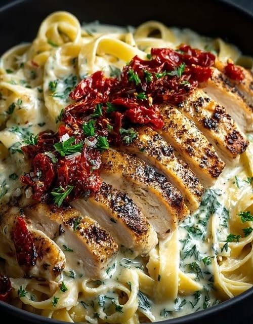 Mediterranean Chicken Alfredo with Sun-Dried Tomatoes There are some pasta dinners that just make the whole house feel cozy. This Mediterranean Chicken Alfredo with Sun-Dried Tomatoes is exactly that kind of meal. I love classic Alfredo, but sometimes I want something with a little more personality—something creamy and comforting but with bright, savory flavors running through every bite. That's where the sun-dried tomatoes come in. The chicken is lightly seasoned and pan-seared until golden, then tucked into a silky garlic Parmesan Alfredo sauce filled with tender spinach, fragrant oregano, and sweet-tangy sun-dried tomatoes. The first time I made this, I was expecting a good dinner. What I got was the kind of meal where everyone quietly keeps eating because nobody wants to be the first person to stop. It's creamy without being boring, rich without losing that Mediterranean freshness, and surprisingly easy to make. And that sauce? You'll want some crusty bread nearby for it. ⭐ Why You'll Love This Recipe Creamy and comforting without tasting one-dimensional Tender, golden chicken in every serving Sun-dried tomatoes add sweet, tangy bursts of flavor Fresh spinach adds color and freshness Garlic, oregano, and Parmesan give the Alfredo a Mediterranean-inspired twist Ready in about 35 minutes Perfect for weeknight dinners or date-night meals Easy to customize with shrimp, vegetables, or different pasta 🛒 Ingredients For the Chicken 1 1/2 pounds boneless, skinless chicken breasts 1 tablespoon olive oil 1 teaspoon dried oregano 1/2 teaspoon garlic powder 1/2 teaspoon smoked paprika 1/2 teaspoon salt 1/4 teaspoon black pepper For the Alfredo 2 tablespoons butter 3 cloves garlic, minced 1/2 cup oil-packed sun-dried tomatoes, drained and chopped 1 cup heavy cream 1 cup whole milk 3/4 cup freshly grated Parmesan cheese 1/2 teaspoon dried oregano 1/2 teaspoon dried basil 3 cups fresh baby spinach 1/4 teaspoon black pepper Salt, to taste 1/2 cup reserved pasta water, as needed For the Pasta 12 ounces fettuccine or linguine Salt, for the pasta water For Finishing Fresh basil or parsley Extra Parmesan Freshly cracked black pepper Optional red pepper flakes Lemon wedges, optional 👩‍🍳 How to Make Mediterranean Chicken Alfredo 1. Cook the Pasta Bring a large pot of generously salted water to a boil. Cook the fettuccine or linguine according to the package directions until al dente. Before draining, reserve about 1/2 cup of pasta water. Drain the pasta and set it aside. That little bit of starchy pasta water can be incredibly useful later if your Alfredo sauce needs loosening. 2. Season the Chicken Pat the chicken breasts dry with paper towels. If they're very thick, carefully butterfly or pound them to an even thickness. Combine the oregano, garlic powder, smoked paprika, salt, and black pepper. Rub the seasoning all over the chicken. I love adding just a little smoked paprika here. It isn't traditionally Mediterranean in the strictest sense, but it gives the chicken a subtle smoky depth that works beautifully with the tomatoes. 3. Sear the Chicken Heat the olive oil in a large deep skillet over medium-high heat. Add the chicken and cook for about 5–7 minutes per side, depending on thickness, until golden brown and cooked through. The chicken should reach 165°F (74°C) internally. Transfer the chicken to a plate and let it rest for a few minutes. Don't slice it immediately. Giving it a short rest helps keep those juices where they belong. Once rested, slice the chicken into strips. 🍅 4. Build the Mediterranean Flavor Reduce the skillet heat to medium. Add the butter. Once melted, add the minced garlic and chopped sun-dried tomatoes. Cook for about 1–2 minutes, stirring frequently. The garlic should become fragrant without browning. This is when the kitchen starts smelling really good. The little browned bits left behind from the chicken will also begin mixing into the sauce, adding another layer of flavor. 🥛 5. Make the Alfredo Sauce Pour in the heavy cream and milk. Add the oregano and basil. Stir gently and bring everything to a low simmer. Don't let the sauce boil aggressively. Gentle heat helps keep the cream sauce smooth. Let it simmer for about 3–4 minutes. 🧀 6. Add the Parmesan Reduce the heat to low. Gradually add the freshly grated Parmesan, stirring constantly until it melts into the sauce. The sauce should become smooth, creamy, and slightly thick. Taste and add salt and black pepper as needed. If the sauce becomes too thick, add a splash of the reserved pasta water. Add it a little at a time—you don't want to thin the sauce too much. 🌿 7. Add the Spinach Add the fresh spinach directly to the skillet. Stir gently. Within a minute or two, the spinach will wilt into the creamy sauce. I love this part because suddenly the sauce becomes colorful and vibrant instead of looking like a plain Alfredo. 🍝 8. Add the Pasta Add the cooked pasta to the skillet. Use tongs to gently toss everything together until the noodles are completely coated in that creamy sauce. Add a splash more pasta water if necessary. You want the Alfredo to cling to the pasta without becoming overly thick. 🍗 9. Add the Chicken Return the sliced chicken to the skillet. Gently toss or arrange the chicken over the pasta. Let everything warm together for about 1–2 minutes. Turn off the heat. ✨ 10. Finish and Serve Top with: Fresh basil or parsley Extra Parmesan Freshly cracked black pepper Red pepper flakes, if you like heat For a little brightness, serve with lemon wedges on the side. Then serve immediately. 💡 Tips for the Best Mediterranean Chicken Alfredo Use freshly grated Parmesan Fresh Parmesan melts much more smoothly than many pre-shredded varieties. It also gives the sauce a deeper, more authentic cheesy flavor. Don't boil the cream A gentle simmer is all you need. High heat can cause a cream sauce to become oily or separated. Don't skip the pasta water That starchy water is useful for adjusting the consistency and helping the sauce cling to the pasta. Drain oil-packed tomatoes You want all that concentrated tomato flavor without adding excessive oil to the sauce. Don't overcook the chicken Chicken breasts can dry out quickly. Use an instant-read thermometer if you're unsure, and remove them once they reach 165°F. Add spinach at the end Spinach cooks extremely quickly. Adding it near the end keeps it tender and vibrant. 🌞 What Makes This Alfredo Mediterranean? Traditional Alfredo is built around creamy, buttery, cheesy richness. This version keeps that comforting foundation but layers in flavors commonly associated with Mediterranean-style cooking: Olive oil + garlic + oregano + basil + sun-dried tomatoes + spinach + Parmesan. The sun-dried tomatoes are especially important. Their concentrated sweet-tangy flavor cuts through the richness of the cream and gives the whole dish a brighter character. 🌶️ Easy Variations Make It Spicy Add 1/4–1/2 teaspoon red pepper flakes when sautéing the garlic and sun-dried tomatoes. Add More Vegetables Try: Roasted red peppers Mushrooms Broccoli Zucchini Artichoke hearts Swap the Chicken Shrimp is fantastic with this sauce. Simply season and sauté the shrimp separately, then add them toward the end so they don't overcook. Add Feta Crumbled feta isn't necessary, but a small amount sprinkled over the finished pasta gives it a salty Mediterranean-style contrast. Use Different Pasta Fettuccine and linguine are my favorites, but penne, rigatoni, bow ties, or shells will also work. Short pasta can actually be great if you want little pockets of sauce and sun-dried tomato in every bite. 🥗 What to Serve With It Because this pasta is rich and creamy, I like serving it with something fresh on the side. Try: Greek cucumber and tomato salad Simple arugula salad Lemon-dressed greens Roasted broccoli Grilled zucchini Mediterranean tomato salad Steamed green beans And of course, crusty garlic bread is always welcome. 🍋 A Little Lemon Makes a Big Difference If the Alfredo tastes a little too rich, don't immediately add more seasoning. Try a small squeeze of fresh lemon over your individual serving. The acidity brightens the creamy sauce and makes the sun-dried tomatoes taste even more vibrant. A little goes a long way. ⏰ Make-Ahead Tips You can prepare the chicken and sauce ahead of time, but this pasta is best when assembled close to serving. If you're preparing it for guests, cook the chicken earlier in the day and refrigerate it. Then prepare the pasta and sauce shortly before dinner and add the sliced chicken near the end. This keeps the chicken tender and the sauce creamy. 🧊 Storage and Reheating Store leftovers in an airtight container in the refrigerator for up to 3 days. The sauce will thicken considerably once chilled. When reheating, place the pasta in a skillet over low heat and add a splash of milk, cream, or water. Stir gently until warmed through. Avoid blasting it over high heat because that can cause the creamy sauce to separate. I prefer reheating this on the stovetop because it gives you much more control over the texture. ❓ Frequently Asked Questions Can I use half-and-half instead of heavy cream? Yes. The sauce will be a little lighter and slightly less rich. Can I use only milk? You can, but the sauce won't be as creamy. If using milk, you may need additional Parmesan and pasta water adjustments to get the consistency you want. Can I use jarred Alfredo sauce? Absolutely. If you're short on time, a good-quality prepared Alfredo sauce can be used as a shortcut. Add the sun-dried tomatoes, garlic, herbs, spinach, and chicken to give it the Mediterranean-style flavor. Can I use dry sun-dried tomatoes? Yes. Rehydrate them according to the package directions and drain them well before chopping. Can I use chicken thighs? Definitely. Boneless, skinless chicken thighs are especially juicy and work wonderfully with creamy sauces. Can I make this with shrimp? Yes. Shrimp cooks quickly, so sauté it separately and add it toward the end. Why did my Alfredo sauce become grainy? Usually this happens because the sauce was overheated or the cheese was added over very high heat. Keep the sauce at a gentle simmer and add Parmesan over low heat. How do I thin Alfredo sauce? Add reserved pasta water a tablespoon or two at a time until the sauce reaches your preferred consistency. Can I freeze this pasta? I don't recommend freezing the finished dish because creamy dairy-based sauces can separate after thawing. For the best texture, make it fresh. 📝 Recipe at a Glance Prep Time: 10 minutes Cook Time: 25 minutes Total Time: About 35 minutes Servings: 4–6 Course: Dinner Cuisine: Mediterranean-inspired / Italian-inspired Ingredients Chicken: 1 1/2 pounds chicken breasts Olive oil Oregano Garlic powder Smoked paprika Salt and pepper Alfredo: Butter Garlic Sun-dried tomatoes Heavy cream Whole milk Parmesan Oregano Basil Fresh spinach Black pepper Pasta: 12 ounces fettuccine or linguine Salt for pasta water Quick Directions Cook pasta until al dente and reserve pasta water. Season and sear chicken until golden and cooked through. Rest and slice chicken. Sauté garlic and sun-dried tomatoes in butter. Add cream, milk, and herbs. Simmer gently. Stir in Parmesan until smooth. Add spinach and let it wilt. Toss in cooked pasta. Return chicken to the skillet. Garnish with Parmesan and fresh herbs. Serve immediately. ❤️ Final Thoughts This Mediterranean Chicken Alfredo with Sun-Dried Tomatoes is proof that comfort food doesn't have to stay in one lane. You get everything wonderful about Alfredo—the creamy sauce, Parmesan, buttery richness, and satisfying pasta—but then the sun-dried tomatoes, spinach, garlic, oregano, and basil come along and give it a completely different personality. It's cozy enough for a rainy evening, pretty enough for company, and easy enough to become part of your regular weeknight rotation. This is the sort of dinner where I like to put the whole skillet in the middle of the table, grab some warm bread, and let everyone help themselves. Because once that creamy sauce starts coating every strand of pasta, it's very hard to resist going back for another forkful. Creamy, garlicky, herby, cheesy, and packed with sun-dried tomato flavor—this is Alfredo with a Mediterranean vacation built right in.