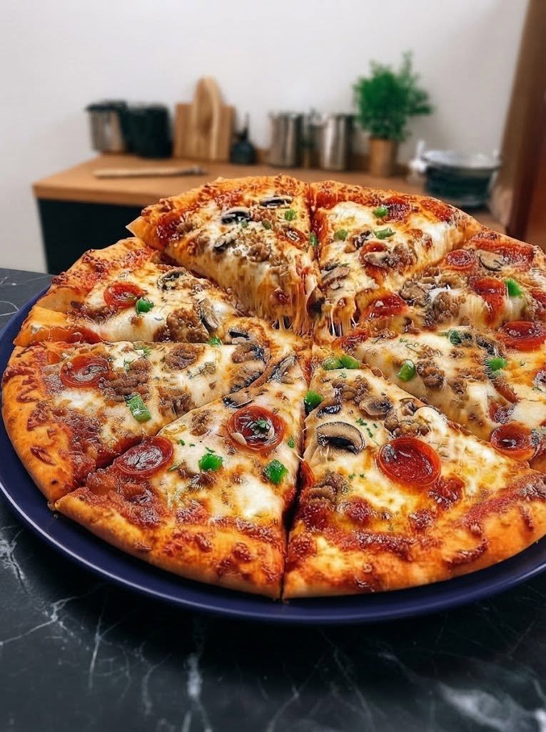 🍕 Keto Supreme Pizza There are some foods I never want to give up, and pizza is definitely one of them. When you're trying to keep things low-carb, pizza can be one of those foods you miss the most. I remember wanting that classic combination of bubbling cheese, pepperoni, sausage, mushrooms, peppers, and olives—but without the traditional flour crust. That's where this Keto Supreme Pizza came into the picture. The crust is made with mozzarella, cream cheese, almond flour, and egg, so it has that wonderfully cheesy, satisfying texture while keeping the traditional wheat flour out. Fathead-style crusts are a popular base for low-carb pizza because cheese and almond flour can replace conventional flour while still creating a sturdy crust. And then we pile it high with all the good stuff. Pepperoni. Italian sausage. Mushrooms. Bell peppers. Black olives. Mozzarella. Basically, everything I want when I'm craving a loaded supreme pizza. It's the kind of dinner that makes a regular weeknight feel like pizza night—and nobody has to feel like they're eating a sad "diet" version of pizza. ❤️ Why You'll Love This Keto Supreme Pizza It's loaded with classic supreme-pizza toppings. The cheesy almond-flour crust is sturdy and satisfying. It's naturally low in carbohydrates compared with traditional wheat-flour pizza. You can customize the toppings easily. It's ready in about 30–40 minutes. It's perfect for family pizza night. You can make the crust ahead. It's much more filling than a thin traditional pizza. The classic supreme combination commonly includes toppings such as sausage, pepperoni, mushrooms, peppers, onions, and olives; keto versions simply swap the traditional wheat crust for a low-carb alternative. 🛒 Ingredients You'll Need For the Keto Pizza Crust 2 cups shredded mozzarella cheese 2 oz cream cheese 1½ cups almond flour 2 large eggs 1 tsp baking powder ½ tsp garlic powder ½ tsp Italian seasoning ¼ tsp salt For the Pizza ½ cup sugar-free or low-carb pizza sauce 1½ cups shredded mozzarella cheese 12 slices pepperoni ½ cup cooked Italian sausage crumbles ½ cup sliced mushrooms ½ cup diced green bell pepper ¼ cup sliced black olives ¼ cup thinly sliced red onion ¼ tsp Italian seasoning Optional Extras Cooked bacon Diced ham Red bell pepper Jalapeños Banana peppers Parmesan cheese Red pepper flakes Fresh basil Crushed chili flakes Tip: Check the labels on your pizza sauce, sausage, and pepperoni for added sugar or starch if you're following a strict keto plan. 👩‍🍳 How to Make Keto Supreme Pizza Step 1: Preheat the Oven Preheat your oven to 400°F (200°C). Line a large baking sheet or pizza pan with parchment paper. Parchment makes shaping and removing the crust much easier. Step 2: Make the Cheesy Crust Add the shredded mozzarella and cream cheese to a microwave-safe bowl. Microwave for about 60–90 seconds, then stir. Continue heating in short intervals if necessary until the cheese is melted and can be stirred together. Be careful not to overheat it. Add the almond flour, eggs, baking powder, garlic powder, Italian seasoning, and salt. Mix until a soft dough forms. If the dough feels sticky, let it cool for a minute or two before handling. Step 3: Shape the Crust Place the dough between two sheets of parchment paper. Using a rolling pin, roll it into approximately a 12-inch pizza crust. Aim for roughly ¼-inch thickness. Don't worry if it's not perfectly round. Honestly, a slightly rustic homemade pizza looks even better. Remove the top sheet of parchment and transfer the crust to your prepared baking pan if needed. Step 4: Pre-Bake the Crust Bake the crust for 8–10 minutes, or until it begins to turn lightly golden. This pre-baking step is important. It gives the crust enough structure to hold all those delicious toppings without becoming soggy. Several keto supreme pizza recipes use a similar short pre-bake before adding sauce and toppings. 🍕 Step 5: Prepare the Toppings While the crust is baking, prepare everything. If your Italian sausage isn't already cooked, brown it in a skillet over medium heat until fully cooked. Drain any excess grease. For the mushrooms, I recommend quickly sautéing them for 3–4 minutes. This removes some of their moisture and helps prevent a watery pizza. Dice the bell pepper, slice the olives and onion, and have the pepperoni ready. 🧀 Step 6: Assemble the Pizza Remove the crust from the oven. Spread the low-carb pizza sauce evenly over the surface, leaving a small border around the edges. Sprinkle about half of the mozzarella over the sauce. Then arrange the toppings: Pepperoni Italian sausage Mushrooms Bell peppers Black olives Red onion Finish with the remaining mozzarella. Sprinkle Italian seasoning over the top. If you're a cheese lover, add a little Parmesan too. 🔥 Step 7: Bake Until Bubbly Return the pizza to the oven. Bake for another 6–8 minutes, or until the cheese is completely melted and bubbling. For extra browning, switch the oven to broil for 30–60 seconds at the end. Watch it closely—cheese can go from beautifully golden to burned surprisingly quickly. ⏳ Step 8: Let It Rest Remove the pizza from the oven and let it rest for about 5 minutes. I know. Waiting when you can smell pizza is difficult. But this little rest helps the cheese settle and makes the pizza much easier to slice. Cut into 6–8 slices and serve hot. 💡 Tips for the Best Keto Supreme Pizza Use low-moisture mozzarella It melts beautifully without releasing too much water. Don't overload the sauce Too much sauce can make the almond-flour crust soft. A thin, even layer is perfect. Pre-cook watery vegetables Mushrooms are especially important. Sautéing them briefly before adding them to the pizza gives you a better texture. Don't make the crust too thin A very thin almond-flour crust can become fragile. Around ¼ inch gives you a nice balance between crisp edges and a sturdy center. Let the crust cool slightly before slicing This helps prevent the toppings from sliding off. Use parchment paper It makes both shaping and cleanup much easier. 🌶️ Easy Keto Supreme Pizza Variations Make It Extra Meaty Add: Bacon Ham Extra sausage Canadian bacon Ground beef A supreme pizza is perfect for using several different meats together. Make It Spicy Add sliced jalapeños, crushed red pepper flakes, or spicy Italian sausage. For serious heat, add a few pickled banana peppers. Make It Veggie Supreme Skip the meat and add: Mushrooms Bell peppers Red onion Black olives Spinach Zucchini Jalapeños Add Extra Cheese Try a mixture of: Mozzarella Provolone Parmesan Cheddar Monterey Jack A little Parmesan sprinkled over the top before baking adds a wonderful savory finish. 🍄 Don't Skip the Mushrooms Mushrooms are one of my favorite parts of a supreme pizza. But there's a little trick. Instead of putting raw mushrooms directly onto the pizza, sauté them briefly first. They release water as they cook. Removing some of that moisture before baking helps keep your crust from becoming soggy. This is especially helpful with a low-carb crust. 🫑 Can I Use Red and Green Bell Peppers? Absolutely. Green bell pepper gives you that classic pizza-shop flavor, while red bell pepper brings a little more sweetness. You can use: All green All red Half green and half red Or use a mixture of red, green, and yellow peppers for a colorful pizza. 🥗 What to Serve With Keto Supreme Pizza This pizza is filling enough to be a meal by itself, but I love serving it with something fresh. Try: Simple Green Salad Mixed greens, cucumber, tomatoes, Parmesan, and a simple olive-oil dressing. Caesar Salad The creamy dressing and crunchy lettuce are fantastic with pizza. Garlic Butter Broccoli Roasted broccoli with garlic and Parmesan makes an easy low-carb side. Antipasto Salad Olives, mozzarella, pepperoncini, lettuce, and cured meats make a perfect Italian-inspired side. Zucchini Fries A fun low-carb alternative to traditional fries. 🥡 Can I Make the Crust Ahead? Yes. Prepare and bake the crust according to the instructions. Allow it to cool completely. Wrap it tightly and refrigerate it for up to 3 days. When you're ready for pizza night, add the sauce and toppings and bake until hot and bubbly. This is a great little meal-prep trick. ❄️ Can I Freeze Keto Pizza? Yes. For the best texture, I recommend freezing the pre-baked crust rather than freezing a fully assembled pizza. Let the crust cool completely. Wrap it tightly in plastic wrap and then place it in a freezer-safe bag or container. Freeze for up to about 2 months for best quality. You can also freeze individual cooked pizza slices. Place parchment between slices so they don't stick together. 🧊 How to Store Leftovers Store leftover pizza in an airtight container in the refrigerator for 3–4 days. For the best crust texture, reheat it in: Air fryer: 350°F for 3–5 minutes Oven: 375°F for 5–8 minutes Skillet: medium-low heat until warmed through The microwave works in a pinch, but the crust will be softer. ❓ Frequently Asked Questions Is this Keto Supreme Pizza actually keto? The crust is designed to be low-carb, but the final carbohydrate count depends on the brands of almond flour, sauce, sausage, pepperoni, and other toppings you use. For strict keto, choose products without added sugar and calculate the nutrition from your specific ingredients. Can I use coconut flour instead of almond flour? Not as a direct 1:1 substitution. Coconut flour absorbs considerably more liquid, so the dough would need to be reformulated. Can I make this without cream cheese? You can, but cream cheese helps make the cheesy crust flexible and easier to work with. A different low-carb crust would be a better option if you need to avoid it. Can I use cauliflower crust? Absolutely. A cauliflower crust is another popular keto-friendly pizza base. Just use a well-drained crust because excess moisture can make the finished pizza soft. Can I use pre-cooked sausage? Yes. That's actually a great shortcut. Just crumble or slice it before adding it to the pizza. Can I use turkey sausage? Definitely. Turkey sausage works well if you prefer a leaner topping. Why is my keto crust soft? The most common causes are too much moisture, too much sauce, or not pre-baking the crust long enough. Try baking the crust until lightly golden before adding toppings. Also avoid piling on too many wet vegetables. Can I make mini pizzas? Yes! Divide the dough into 4–6 portions and make individual pizzas. You'll need to reduce the baking time, so keep an eye on them. This is especially fun for family pizza night because everyone can choose their own toppings. 📝 Recipe at a Glance Prep Time: 15 minutes Cook Time: 15–20 minutes Total Time: About 35 minutes Servings: 4–6 Cuisine: Italian-American inspired Course: Main Course Keto Supreme Pizza Ingredients Crust: 2 cups shredded mozzarella 2 oz cream cheese 1½ cups almond flour 2 eggs 1 tsp baking powder ½ tsp garlic powder ½ tsp Italian seasoning ¼ tsp salt Toppings: ½ cup low-carb pizza sauce 1½ cups shredded mozzarella 12 slices pepperoni ½ cup cooked Italian sausage ½ cup mushrooms ½ cup green bell pepper ¼ cup black olives ¼ cup red onion ¼ tsp Italian seasoning Instructions Preheat oven to 400°F and line a baking sheet with parchment. Melt mozzarella and cream cheese together. Stir in almond flour, eggs, baking powder, garlic powder, Italian seasoning, and salt. Roll dough between parchment into a 12-inch crust. Pre-bake for 8–10 minutes. Cook the sausage and briefly sauté the mushrooms. Spread pizza sauce over the crust. Add mozzarella, pepperoni, sausage, mushrooms, peppers, olives, and onion. Top with remaining cheese and Italian seasoning. Bake for 6–8 minutes until bubbly. Broil briefly for extra browning if desired. Rest 5 minutes, slice, and serve. ❤️ Final Thoughts This Keto Supreme Pizza is proof that eating low-carb doesn't have to mean giving up the foods you love. You still get that wonderful pizza-night feeling—the bubbling cheese, crispy edges, savory sausage, pepperoni, mushrooms, peppers, olives, and that irresistible smell coming from the oven. The crust is cheesy and satisfying, the toppings are generous, and every bite tastes like the kind of loaded pizza you'd normally order for a weekend movie night. So the next time the pizza craving hits, skip the delivery menu. Make this instead. Pile it high, add your favorite toppings, grab a plate, and enjoy a proper pizza night. 🍕❤️