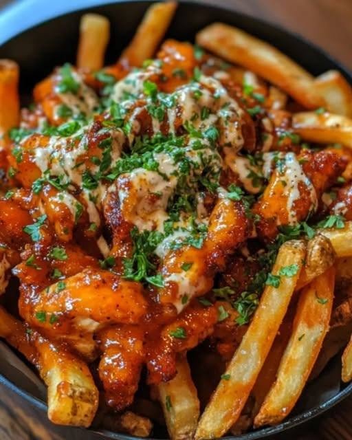 Truffle Fries with Spicy Chicken Some meals are meant to be eaten with a fork and knife. This one definitely isn't. These Truffle Fries with Spicy Chicken are the kind of messy, indulgent, pile-it-high dinner that disappears the second you put it on the table. Crispy golden fries. Tender, spicy chicken. Garlic. Parmesan. Fresh herbs. And just enough truffle flavor to make the whole thing feel like something you'd order at your favorite restaurant. I made these recently for a relaxed weekend dinner, mostly because I had a serious craving for crispy fries and something spicy. I wasn't expecting them to become such a hit. I put the giant platter in the middle of the table, and within minutes everyone was reaching for the fries. Someone grabbed a piece of chicken. Someone else added extra Parmesan. Then came the "just one more fry" comments. We all know how that goes. By the time I went back to the kitchen, there was barely anything left. That's when I knew I had a recipe worth keeping. What makes these fries special is the combination of flavors. The fries are crispy and salty. The chicken is juicy, savory, and spicy. The truffle oil adds an earthy richness. Parmesan brings that salty, nutty finish. And a little fresh parsley cuts through all that richness. It's comfort food with a little restaurant-style upgrade. And honestly, sometimes that's exactly what you need. ❤️ Why You'll Love These Truffle Fries with Spicy Chicken Crispy golden fries Juicy, flavorful chicken Spicy without being overwhelming Rich truffle flavor Plenty of Parmesan Easy enough for a casual dinner Perfect for sharing Great for game nights Restaurant-style flavor at home Easy to customize And if you love truffle fries already, adding spicy chicken turns them into something much more substantial. 🛒 Ingredients For the Crispy Fries 2 pounds russet potatoes 2 tablespoons olive oil ½ teaspoon garlic powder ½ teaspoon paprika ½ teaspoon salt ¼ teaspoon black pepper For the Spicy Chicken 1 pound boneless, skinless chicken breast or thighs 1 tablespoon olive oil 1 teaspoon smoked paprika ½ teaspoon garlic powder ½ teaspoon onion powder ½ teaspoon chili powder ¼ teaspoon cayenne pepper, or to taste ½ teaspoon salt ½ teaspoon black pepper 1 tablespoon fresh lemon juice For the Truffle Finish 1–2 tablespoons truffle oil, to taste ½ cup finely grated Parmesan cheese 2 tablespoons chopped fresh parsley 1 small garlic clove, finely grated, optional Pinch of red pepper flakes, optional Optional Toppings Extra Parmesan Fresh parsley Green onions Chives Jalapeño slices Garlic aioli Spicy mayo Ranch dressing Lemon wedges 🥔 What Potatoes Are Best for Fries? I recommend russet potatoes. They're naturally high in starch and relatively low in moisture, which helps them become crisp on the outside while staying fluffy inside. Yukon Gold potatoes can also work, although the finished fries will be a little creamier and less traditionally crisp. 👩‍🍳 How to Make Truffle Fries with Spicy Chicken 1. Prepare the Potatoes Wash and scrub the potatoes. You can peel them, but I prefer leaving the skin on. Cut each potato into evenly sized fries. Try to keep the pieces similar in thickness so they cook at roughly the same rate. 💧 2. Soak the Fries Place the cut potatoes in a large bowl of cold water. Let them soak for at least 30 minutes. If you have time, soaking for an hour is even better. This helps remove excess surface starch, which encourages crispier fries. 🧻 3. Dry the Potatoes Extremely Well Drain the potatoes. Spread them over a clean kitchen towel or several layers of paper towels. Pat them completely dry. Don't rush this step. Wet potatoes will steam instead of becoming beautifully crisp. 🔥 4. Season the Fries Preheat your oven to 425°F (220°C). Place the dry fries in a large bowl. Add olive oil, garlic powder, paprika, salt, and black pepper. Toss until evenly coated. 🍟 5. Bake the Fries Spread the fries over a large baking sheet. Keep them in a single layer and leave some space between them. If they're crowded, they'll steam. Bake for approximately 35–45 minutes, turning them halfway through. Continue cooking until they're deeply golden and crisp. Depending on the size of your fries and your oven, they may need a few additional minutes. 🍗 6. Prepare the Spicy Chicken While the fries are cooking, cut the chicken into bite-sized pieces. Place the chicken in a bowl. Add: Olive oil Smoked paprika Garlic powder Onion powder Chili powder Cayenne Salt Black pepper Lemon juice Toss until every piece is evenly coated. 🔥 7. Cook the Chicken Heat a large skillet over medium-high heat. Add the seasoned chicken in a single layer. Cook for approximately 6–10 minutes, turning occasionally, until browned and cooked through. The exact cooking time depends on the size of the pieces. Chicken should reach an internal temperature of 165°F (74°C). Remove from the heat and set aside. 🧄 8. Make the Truffle Parmesan Finish Place the hot, crispy fries in a large bowl. Drizzle with 1 tablespoon truffle oil to start. Add the Parmesan, parsley, and optional grated garlic. Toss gently. Taste. If you want more truffle flavor, add another small drizzle of truffle oil. A little goes a long way. 🌶️ 9. Add the Spicy Chicken Pile the truffle fries onto a large serving platter. Scatter the spicy chicken over the top. Finish with more Parmesan, fresh parsley, and red pepper flakes if desired. Add your favorite dipping sauce on the side. 🍋 10. Finish With Lemon A squeeze of fresh lemon juice right before serving might sound unexpected, but it works beautifully. The acidity cuts through the richness of the truffle oil and Parmesan. You don't need much. Just a few drops over the chicken and fries. ⭐ Secrets to Crispy Fries Soak the potatoes This helps remove excess starch. Dry them completely This is just as important as soaking. Don't overcrowd the baking sheet Give the fries room. Flip halfway through This helps both sides brown. Use a hot oven A properly preheated oven helps the fries crisp. Add truffle oil after cooking Don't bake the fries in truffle oil. The delicate truffle aroma is much better preserved when added at the end. 🍄 How Much Truffle Oil Should You Use? Start small. Truffle oil has a powerful flavor, and too much can easily overwhelm everything else. I recommend starting with 1 tablespoon for 2 pounds of potatoes, tossing, tasting, and adding more if needed. You want the truffle flavor to complement the fries—not completely cover them. 🧀 Use Good Parmesan Freshly grated Parmesan melts slightly into the hot fries and gives you a much better flavor than many pre-grated varieties. Parmigiano-Reggiano is especially delicious if you have it. A little goes a long way because it's naturally salty and flavorful. 🌶️ Make the Chicken Even Spicier If you like serious heat, increase the cayenne. You can also add: Crushed red pepper flakes Hot paprika Chipotle powder Diced jalapeños Hot sauce Chili crisp For a smoky-spicy version, chipotle powder is fantastic. 🧄 Add Garlic Butter Chicken For an extra-rich version, melt 1 tablespoon butter in the skillet during the final minute of cooking. Add a minced garlic clove. Toss the cooked chicken in the garlic butter. Then pile it over the fries. It's indulgent. But that's kind of the point. 🥣 Best Sauces for Truffle Fries Serve these with: Garlic Aioli Creamy and garlicky with just enough acidity. Spicy Mayo Mix mayonnaise with hot sauce and a squeeze of lemon. Ranch Classic and cooling against the spicy chicken. Truffle Aioli Mix mayonnaise with a tiny amount of truffle oil, lemon juice, and garlic. Parmesan Garlic Sauce A creamy garlic-Parmesan dip works beautifully. 🥑 Add Fresh Toppings Because the fries and chicken are rich, fresh toppings can make a big difference. Try: Chopped parsley Chives Green onions Cilantro Diced avocado Jalapeños Pickled onions Fresh lemon Diced tomatoes Pickled onions are especially good because their acidity balances the richness. 🍳 Make Them Breakfast Fries Turn these into an unforgettable breakfast. Add: Fried eggs Crispy bacon Avocado Green onions Cheese Put the eggs on top just before serving so the yolk can run into the crispy fries. 🧀 Make Them Loaded Truffle Fries For a serious comfort-food version, add: Mozzarella Cheddar Monterey Jack Crispy bacon Jalapeños Spicy chicken Garlic aioli Parmesan Fresh herbs You can place the assembled fries under the broiler for a couple of minutes to melt the cheese. Keep a close eye on them. 🥗 What to Serve With Truffle Fries Because these are already quite filling, pair them with something fresh. Try: Simple green salad Cucumber tomato salad Coleslaw Grilled vegetables Roasted broccoli Greek salad Fresh fruit A crisp salad with lemon dressing is a particularly nice contrast. 💨 Air Fryer Method You can absolutely make the fries in an air fryer. After soaking and drying the potatoes, toss them with olive oil and seasonings. Air fry at approximately 400°F (200°C) for 18–25 minutes, shaking the basket several times. Avoid overcrowding. You may need to cook in batches. Once crispy, transfer the fries to a bowl and toss with truffle oil, Parmesan, and parsley. Cook the chicken separately in the air fryer at approximately 400°F (200°C) until it reaches 165°F (74°C) internally. 🍟 Can I Use Frozen Fries? Absolutely. This is one of the easiest shortcuts. Cook your favorite frozen fries according to the package directions until extremely crisp. Then toss them with truffle oil, Parmesan, parsley, and garlic. Add the spicy chicken on top. Nobody needs to know you skipped the potato cutting. 🥔 Sweet Potato Version You can replace the russet potatoes with sweet potatoes. The flavor combination of sweet potato, spicy chicken, Parmesan, and truffle is surprisingly delicious. Keep in mind that sweet potato fries can be slightly softer than regular fries. 🧊 Can I Make These Ahead? You can prepare the chicken ahead of time and refrigerate it. You can also cut and soak the potatoes several hours ahead. Keep the soaked potatoes refrigerated in cold water, then drain and dry them thoroughly before cooking. For the best fries, cook them just before serving. 🧊 How to Store Leftovers Store the chicken and fries separately if possible. Place them in airtight containers and refrigerate for up to 3–4 days. The fries will lose some crispness in the refrigerator, but they can be revived. 🔥 How to Reheat Truffle Fries The oven or air fryer is best. Air Fryer Reheat at 375°F (190°C) for several minutes until hot and crisp. Oven Spread the fries on a baking sheet and reheat at 400°F (200°C) until crisp. Add a tiny fresh drizzle of truffle oil and Parmesan after reheating. Avoid microwaving because the fries will become soft. ❄️ Can I Freeze Them? The cooked chicken can be frozen. The fries can also be frozen, although homemade fries may lose some texture after thawing. For the best result, freeze the chicken separately and make fresh fries when you're ready to serve. ❓ Frequently Asked Questions What kind of potatoes make the crispiest fries? Russet potatoes are a great choice because their high starch content helps create a crisp exterior. Why do I need to soak the potatoes? Soaking removes some surface starch and can help the fries become crispier. Do I have to peel the potatoes? No. Leaving the skin on adds flavor and texture. Why aren't my fries crispy? The most common reasons are excess moisture, overcrowding, or an oven that wasn't fully preheated. When should I add truffle oil? Add it after the fries are cooked. This preserves its aroma and prevents the delicate flavor from becoming harsh. Can I use truffle butter instead? Yes. Melt a small amount and toss it with the hot fries. Can I use chicken thighs? Absolutely. Boneless, skinless chicken thighs are especially juicy. Can I use rotisserie chicken? Yes. Shred the chicken and warm it with the spices in a skillet. How spicy are the chicken pieces? The recipe is moderately spicy, but you can easily adjust the cayenne and chili powder. Can I make this vegetarian? Yes. Leave out the chicken and add sautéed mushrooms, crispy chickpeas, or roasted vegetables. Can I use frozen fries? Definitely. They're an excellent shortcut. Can I make this gluten-free? Yes. Potatoes and plain chicken are naturally gluten-free, but check packaged seasonings, sauces, and frozen fries for potential gluten-containing ingredients. How do I keep truffle fries from becoming soggy? Serve them immediately after tossing with truffle oil and toppings. Don't add too much oil or sauce. Can I make these in an air fryer? Yes. Air frying works particularly well for achieving crisp fries with less oil. 📝 Recipe at a Glance Recipe: Truffle Fries with Spicy Chicken Prep Time: 20 minutes Soaking Time: 30 minutes Cook Time: 35–45 minutes Total Time: About 1 hour 35 minutes Servings: 4 Category: Dinner / Appetizer / Loaded Fries Cuisine: American-inspired Method: Oven or Air Fryer Ingredients Fries 2 pounds russet potatoes 2 tablespoons olive oil ½ teaspoon garlic powder ½ teaspoon paprika ½ teaspoon salt ¼ teaspoon black pepper Spicy Chicken 1 pound chicken breast or thighs 1 tablespoon olive oil 1 teaspoon smoked paprika ½ teaspoon garlic powder ½ teaspoon onion powder ½ teaspoon chili powder ¼ teaspoon cayenne ½ teaspoon salt ½ teaspoon black pepper 1 tablespoon lemon juice Truffle Finish 1–2 tablespoons truffle oil ½ cup grated Parmesan 2 tablespoons fresh parsley 1 small garlic clove, optional Red pepper flakes, optional Instructions Wash and cut potatoes into fries. Soak in cold water for at least 30 minutes. Drain and dry extremely well. Preheat oven to 425°F (220°C). Toss potatoes with olive oil and seasonings. Arrange in a single layer on a baking sheet. Bake for 35–45 minutes, turning halfway. Cut chicken into bite-sized pieces. Toss chicken with oil, spices, salt, pepper, and lemon juice. Cook in a skillet over medium-high heat for 6–10 minutes, until cooked through. Check that chicken reaches 165°F (74°C). Toss hot fries with truffle oil, Parmesan, parsley, and optional garlic. Transfer to a serving platter. Top with spicy chicken. Garnish with additional Parmesan and herbs. Serve immediately with your favorite dipping sauce. ❤️ The Kind of Food You Don't Eat Politely Let's be honest. There is no elegant way to eat a giant pile of truffle fries topped with spicy chicken. And that's exactly why I love them. You grab a fry. You get a little chicken. Maybe some Parmesan sticks to your fingers. Then you reach back for another. Before you know it, you're standing around the table eating directly from the platter. That's exactly what happened when I made these for my family. I thought we'd have plenty left. We didn't. The crispy fries disappeared first. Then the chicken. Then everyone started looking around for anything else they could scoop up with the last few pieces. And I completely understood. There's something irresistible about crispy potatoes, spicy chicken, salty Parmesan, and that earthy little hit of truffle. It's rich. It's comforting. It's messy. And it's incredibly good. So make a big platter, add plenty of Parmesan, keep the hot sauce nearby, and don't worry about making it look perfect. Just make sure you get your portion before everyone else does.