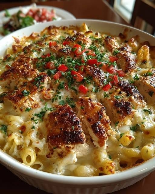 Southwest Chicken Alfredo Bake Some dinners are all about keeping things simple. Others are about taking a few comfort-food favorites and putting them together in one bubbling, cheesy casserole. This Southwest Chicken Alfredo Bake is definitely the second kind. Creamy Alfredo sauce. Tender chicken. Cheesy pasta. Sweet corn. Black beans. Green chiles. Southwest spices. And a golden layer of melted cheese on top. I made this one for a family dinner recently when I wanted something hearty without spending the whole evening in the kitchen. Everyone came into the kitchen asking what smelled so good. By the time I pulled the casserole out of the oven, the cheese was bubbling around the edges and the top had turned beautifully golden. I let it sit for a few minutes before serving. That was probably the hardest part. Once I scooped the first portion onto a plate, the kitchen got very quiet. You know that kind of quiet. The good kind. The kind that means everyone is busy eating. Someone went back for seconds, and someone else asked if there was enough left for lunch the next day. There wasn't. And honestly, that's how I knew this recipe was a keeper. I love how this casserole brings together two completely different comfort-food worlds. Classic creamy Alfredo meets bold Southwest flavors. And somehow, they work beautifully together. ❤️ Why You'll Love This Southwest Chicken Alfredo Bake Creamy and cheesy Packed with tender chicken Easy weeknight dinner Great for feeding a family Uses simple ingredients Southwest spices add plenty of flavor Wonderful make-ahead meal Perfect for leftovers Easy to customize Freezer-friendly And that golden, bubbling cheese on top? That's the part everyone fights over. 🛒 Ingredients For the Casserole 1 pound boneless, skinless chicken breasts, cooked and chopped 12 ounces penne or rotini pasta 2 cups Alfredo sauce 1 cup shredded mozzarella cheese ½ cup shredded Monterey Jack cheese 1 cup canned black beans, drained and rinsed 1 cup corn kernels, drained if canned 1 small can diced green chiles ½ cup diced red bell pepper ½ small red onion, finely diced 2 cloves garlic, minced 1 tablespoon olive oil 1 teaspoon chili powder 1 teaspoon smoked paprika ½ teaspoon ground cumin ½ teaspoon dried oregano ½ teaspoon salt ½ teaspoon black pepper For Garnishing Fresh cilantro Sliced green onions Diced avocado Jalapeño slices Lime wedges Extra shredded cheese 🍗 What Kind of Chicken Should You Use? You have several options. For the easiest version, use cooked chicken breasts. You can also use: Rotisserie chicken Leftover grilled chicken Leftover roasted chicken Chicken thighs Air-fried chicken Rotisserie chicken is especially convenient on busy nights. Simply remove the skin and bones and shred or chop the meat. 🌶️ How Spicy Is This Casserole? The recipe as written has a mild-to-medium Southwest flavor. The green chiles add flavor without making the casserole overwhelmingly spicy. If you prefer more heat, add: Jalapeños Cayenne pepper Hot diced green chiles Chipotle powder Your favorite hot sauce If you're cooking for kids, you can leave out the jalapeños and serve hot sauce on the side. That way everyone can adjust their own bowl. 👩‍🍳 How to Make Southwest Chicken Alfredo Bake 1. Cook the Pasta Bring a large pot of salted water to a boil. Cook the pasta according to the package directions, but stop cooking it about 1–2 minutes before it's fully tender. You want it slightly firm. Why? Because the pasta will continue cooking in the oven. If you fully cook it on the stovetop first, it can become too soft after baking. Drain the pasta well. Don't rinse it. 🍗 2. Prepare the Chicken If you're cooking chicken specifically for this recipe, season it lightly with salt, pepper, chili powder, and smoked paprika. Cook until the chicken reaches an internal temperature of 165°F (74°C). Allow it to rest briefly, then chop or shred it. If you're using leftover or rotisserie chicken, simply chop or shred it into bite-sized pieces. 🧅 3. Sauté the Vegetables Heat olive oil in a large skillet over medium heat. Add: Red onion Red bell pepper Cook for approximately 4–5 minutes, until softened. Add the minced garlic. Cook for another 30 seconds. Then add: Corn Black beans Green chiles Cumin Oregano Remaining chili powder Smoked paprika Black pepper Stir everything together. Cook for another 2–3 minutes. The kitchen should already be smelling fantastic. 🥣 4. Add the Alfredo Sauce Reduce the heat to low. Pour in the Alfredo sauce. Stir until everything is well combined. If the sauce seems particularly thick, add a small splash of milk or reserved pasta water. You want the sauce creamy enough to coat the pasta generously. 🍝 5. Add the Pasta and Chicken Add the cooked pasta and chopped chicken to the skillet. Stir gently until everything is evenly coated in the creamy Southwest Alfredo sauce. Taste. Add more salt, pepper, cumin, or chili powder if needed. This is the moment to adjust the flavor before the casserole goes into the oven. 🧀 6. Transfer to a Baking Dish Preheat your oven to 375°F (190°C). Lightly grease a 9×13-inch baking dish. Transfer the pasta mixture into the dish. Spread it evenly. Sprinkle the mozzarella and Monterey Jack cheese over the top. Don't be shy. A good cheesy topping is part of the whole experience. 🔥 7. Bake Place the casserole in the preheated oven. Bake uncovered for approximately 20–25 minutes. You're looking for bubbling sauce around the edges and melted, lightly golden cheese on top. If you want the top more deeply browned, switch the oven to broil for the final 1–2 minutes. Watch it closely. Cheese can go from beautifully golden to burnt surprisingly quickly. 🌿 8. Garnish and Serve Remove the casserole from the oven. Let it rest for approximately 5–10 minutes. Then garnish with: Fresh cilantro Green onions Jalapeño slices Diced avocado Lime juice That fresh garnish makes a big difference. The casserole itself is rich and creamy, while the lime, cilantro, and avocado add freshness. ⭐ Tips for the Best Chicken Alfredo Bake Don't overcook the pasta Cook it slightly under al dente before baking. Don't make the casserole too dry If your Alfredo sauce is very thick, loosen it slightly with milk or pasta water. Season in layers Chicken, vegetables, and sauce should all have enough seasoning. Use freshly shredded cheese It generally melts more smoothly than many pre-shredded cheeses. Let it rest Give the casserole several minutes before serving so the sauce can settle slightly. Add fresh toppings Lime, cilantro, green onion, and avocado brighten the rich casserole. 🧀 Cheese Options Monterey Jack is wonderful here because it melts beautifully and has a mild flavor. You can also use: Pepper Jack Cheddar Colby Jack Mexican cheese blend Mozzarella Oaxaca cheese For extra heat, use Pepper Jack. For a sharper flavor, add some cheddar. 🌽 Add More Vegetables This casserole is very easy to customize. Try adding: Zucchini Spinach Mushrooms Broccoli Diced tomatoes Roasted red peppers Poblano peppers You can also stir in a handful of baby spinach right before transferring the casserole to the baking dish. 🥑 Southwest Toppings This is where you can really have fun. Set out a topping bar with: Avocado Sour cream Greek yogurt Salsa Pico de gallo Jalapeños Cilantro Green onions Lime wedges Hot sauce Everyone can make their own perfect serving. 🌶️ Make It Extra Spicy If your family loves heat, add: 1 diced jalapeño ½ teaspoon cayenne Pepper Jack cheese Chipotle powder Hot salsa Pickled jalapeños A little chipotle powder adds smoky heat that works especially well with the Alfredo sauce. 🥓 Add Bacon Want to take this casserole completely over the top? Add crispy cooked bacon. Crumble it over the top before baking or sprinkle it over individual servings. The smoky bacon works surprisingly well with the Southwest spices and creamy Alfredo sauce. 🌮 Turn It Into Taco Chicken Alfredo Bake For an even stronger Tex-Mex direction, replace some of the seasonings with your favorite taco seasoning. Add: Diced tomatoes Extra corn Black beans Pepper Jack Cilantro Serve with crushed tortilla chips on top after baking. 🍋 Don't Skip the Lime A little fresh lime juice right before serving can make the whole casserole taste brighter. You don't need much. Just squeeze a wedge over your serving. The acidity cuts through the creamy Alfredo sauce and balances the cheese. 🍽️ What to Serve With Southwest Chicken Alfredo Bake Because this casserole is hearty, you don't need much alongside it. Try: Simple green salad Caesar salad Avocado salad Mexican street corn Roasted vegetables Steamed broccoli Cucumber tomato salad Fresh fruit A crisp salad with lime dressing is probably my favorite pairing. 🥗 Make It Lighter If you'd like a lighter version, try: Light Alfredo sauce Reduced-fat cheese Whole-wheat pasta Extra vegetables More chicken and less pasta You can also replace some of the pasta with cauliflower florets. 🥦 Low-Carb Version For a lower-carb casserole, replace the pasta with: Cauliflower florets Broccoli florets Zucchini noodles Hearts of palm pasta Low-carb pasta Use a low-carb Alfredo sauce and check the labels on canned vegetables and other packaged ingredients if you're tracking carbohydrates closely. 🧊 Can You Make This Ahead? Absolutely. Assemble the casserole according to the recipe, but don't bake it. Cover it tightly and refrigerate for up to 24 hours. When you're ready to cook, remove it from the refrigerator while the oven preheats. Bake until hot and bubbling. You may need to add several minutes to the baking time because the casserole starts cold. 🧊 How to Store Leftovers Allow the casserole to cool before transferring leftovers to airtight containers. Refrigerate for up to 3–4 days. The flavors actually become even more blended after sitting overnight. 🔥 How to Reheat Southwest Chicken Alfredo Bake For the best texture, reheat individual portions gently. Oven Cover with foil and heat at 350°F (175°C) until warmed through. Microwave Place a portion on a microwave-safe plate. Cover loosely and heat in short intervals. Add a splash of milk if the sauce has thickened. Air Fryer Individual portions can also be reheated in an air fryer, although you may want to cover them initially so the pasta doesn't dry out. ❄️ Can You Freeze This Casserole? Yes. For best results, assemble the casserole without baking it. Cover it tightly with plastic wrap followed by foil. Freeze for up to 2–3 months for best quality. Thaw overnight in the refrigerator before baking. You can also freeze individual cooked portions. Keep in mind that creamy sauces can sometimes change texture slightly after freezing and thawing. ❓ Frequently Asked Questions Can I use rotisserie chicken? Absolutely. It's one of the easiest shortcuts for this recipe. Can I use chicken thighs? Yes. Boneless, skinless chicken thighs work beautifully and tend to stay very juicy. Can I use leftover chicken? Definitely. This is a great recipe for turning leftover roasted or grilled chicken into a completely different dinner. Can I use store-bought Alfredo sauce? Yes. A good-quality refrigerated or jarred Alfredo sauce works perfectly. Can I make homemade Alfredo sauce? Absolutely. Homemade Alfredo made with butter, cream, Parmesan, garlic, salt, and pepper is delicious here. Can I use another pasta shape? Yes. Penne, rotini, rigatoni, shells, bow ties, and elbows all work. Why did my pasta become mushy? It was probably fully cooked before baking. Cook the pasta slightly under al dente so it can finish in the oven. Why is my casserole dry? The pasta may have absorbed too much sauce, or there may not have been enough Alfredo sauce. Add a little extra sauce or milk before baking. Can I use frozen corn? Yes. Thawing isn't strictly necessary if you're adding it to the hot skillet, but frozen corn may slightly increase the cooking time. Can I use pinto beans instead of black beans? Yes. Pinto beans are an excellent substitute. Can I leave out the beans? Of course. Simply increase the chicken or add another vegetable. Can I make this without green chiles? Yes. They add flavor but aren't essential. Is this casserole spicy? As written, it's mild to medium. Adjust the green chiles, jalapeños, cayenne, and chili powder to your preference. Can I make this gluten-free? Yes. Use your favorite gluten-free pasta and verify that the Alfredo sauce and seasonings are gluten-free. Can I make this vegetarian? Yes. Leave out the chicken and add extra beans and vegetables. What cheese melts best on top? Mozzarella, Monterey Jack, Pepper Jack, and Colby Jack all melt beautifully. 📝 Recipe at a Glance Recipe: Southwest Chicken Alfredo Bake Prep Time: 20 minutes Cook Time: 20–25 minutes Total Time: About 45 minutes Servings: 6–8 Category: Dinner / Casserole Cuisine: American / Southwest-inspired Method: Oven Ingredients 1 pound cooked chicken, chopped 12 ounces penne or rotini 2 cups Alfredo sauce 1 cup mozzarella ½ cup Monterey Jack 1 cup black beans 1 cup corn 1 small can diced green chiles ½ cup red bell pepper ½ small red onion 2 cloves garlic 1 tablespoon olive oil 1 teaspoon chili powder 1 teaspoon smoked paprika ½ teaspoon cumin ½ teaspoon oregano ½ teaspoon salt ½ teaspoon black pepper Instructions Preheat oven to 375°F (190°C). Cook pasta 1–2 minutes less than package directions. Cook and chop the chicken if not using prepared chicken. Sauté onion and bell pepper in olive oil. Add garlic and cook briefly. Stir in corn, black beans, green chiles, and seasonings. Add Alfredo sauce and stir. Add cooked pasta and chicken. Transfer to a greased 9×13-inch baking dish. Top with mozzarella and Monterey Jack. Bake uncovered for 20–25 minutes. Broil for 1–2 minutes if a more golden top is desired. Rest for 5–10 minutes. Garnish with cilantro, green onions, avocado, and lime. Serve warm. ❤️ The Kind of Casserole That Brings Everyone Back to the Kitchen I love a casserole that doesn't ask for much. No complicated technique. No fancy presentation. Just a big baking dish filled with creamy, cheesy comfort food. This Southwest Chicken Alfredo Bake takes that idea and gives it a little personality. The Alfredo sauce makes it rich and comforting. The chicken makes it hearty. The black beans and corn add texture and sweetness. The green chiles and Southwest spices bring a little warmth. And all that melted cheese on top brings everything together. When I made it for my family, I expected everyone to enjoy it. I didn't expect the entire casserole to disappear quite so quickly. But that's what happened. There were no carefully packed leftovers waiting in the refrigerator. Just an empty baking dish. And honestly, that's one of my favorite signs that a recipe deserves to be made again. So if you're looking for a cozy weeknight dinner that feels a little different from the usual pasta casserole, give this one a try. Put the casserole in the oven. Wait for the cheese to bubble. Add plenty of fresh cilantro and a squeeze of lime. Then bring it to the table while it's still warm. Because creamy Alfredo, tender chicken, Southwest spices, and melted cheese are a combination that's very hard to resist.
