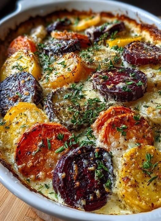 🥕 Root Vegetable Gratin with Sweet Potatoes, Parsnips, and Beets There is something about pulling a bubbling gratin from the oven that instantly makes dinner feel special. This Root Vegetable Gratin with Sweet Potatoes, Parsnips, and Beets is one of those recipes I love making when the weather turns cool and I want something comforting on the table. It has all the cozy qualities of a classic gratin—creamy layers, tender vegetables, golden cheese, and that wonderful savory smell filling the kitchen—but the combination of root vegetables makes it feel a little more colorful and interesting. I first made a version of this for a family dinner when I had a few beautiful root vegetables waiting in the kitchen. I wasn't looking for anything complicated. I just wanted something that could sit beside a roast and make the whole meal feel a little more festive. The result surprised me. The sweet potatoes became soft and buttery, the parsnips developed a lovely earthy sweetness, and the beets added beautiful color and a subtle richness. Then the garlic, thyme, Parmesan, and Gruyère brought everything together. Even the people who usually reach for the potatoes first went back for another serving. That's always a good sign. And while it looks like the kind of dish that belongs on a holiday table, it's simple enough for a Sunday dinner, too. ❤️ Why You'll Love This Root Vegetable Gratin Beautiful and colorful enough for a holiday table. Creamy without needing a complicated sauce. Sweet potatoes, parsnips, and beets balance one another beautifully. Garlic and fresh thyme add savory depth. Parmesan adds flavor throughout the vegetables. Gruyère creates a golden, bubbling top. Most of the work is simply slicing and arranging the vegetables. It pairs beautifully with roasted chicken, beef, pork, or lamb. It can be assembled ahead of time. Thin, evenly sliced root vegetables are particularly important in gratins because different vegetables can otherwise finish cooking at different rates. A mandoline makes this much easier, although a sharp knife works perfectly well. 🛒 Ingredients You'll Need For the Vegetables 2 medium sweet potatoes, peeled 3 medium parsnips, peeled and trimmed 2 medium beets, peeled 1 tablespoon unsalted butter, softened, for the baking dish ¾ cup heavy cream, divided ½ cup finely grated Parmesan cheese, divided 1 tablespoon fresh thyme leaves, finely chopped 2 cloves garlic, minced 1 teaspoon kosher salt, plus more to taste ½ teaspoon freshly ground black pepper For the Golden Cheese Topping 1 cup shredded Gruyère cheese Optional Garnish Fresh thyme leaves Flaky sea salt Freshly cracked black pepper The combination of heavy cream, garlic, thyme, Parmesan, and Gruyère is particularly well suited to these vegetables; similar root-vegetable gratins use the same basic creamy-cheesy approach. 🔪 The Most Important Step: Slice Everything Thinly Before you begin assembling, take your time with the vegetables. You want the sweet potatoes, parsnips, and beets sliced into very thin, even rounds—about ⅛ inch thick. A mandoline makes quick work of this, but please use the safety guard. If you're using a knife, take your time and aim for consistent slices. The more evenly everything is sliced, the more evenly the gratin will cook. 👩‍🍳 How to Make Root Vegetable Gratin 1. Preheat the Oven Preheat your oven to 400°F (200°C). Butter a 3-quart baking dish thoroughly. I like using an oval or rectangular dish where the vegetables can fit snugly. 2. Prepare the Sweet Potatoes Place the thinly sliced sweet potatoes in a bowl. Add: ¼ cup heavy cream 2 tablespoons Parmesan 1 teaspoon fresh thyme A little salt A little black pepper Gently toss until the slices are lightly coated. 3. Prepare the Parsnips Place the sliced parsnips in a second bowl. Add another: ¼ cup heavy cream 2 tablespoons Parmesan 1 teaspoon fresh thyme Salt Black pepper Toss gently. 4. Prepare the Beets Separately Place the beet slices in their own bowl. Add: 2 tablespoons heavy cream 2 tablespoons Parmesan Remaining thyme Salt Pepper Toss gently until coated. Why keep the beets separate? Because beets naturally release their gorgeous deep color as they cook. Keeping them separate during preparation prevents everything from turning purple before you've even assembled the dish. You'll still get beautiful beet-colored edges once everything bakes together. 🧄 5. Prepare the Baking Dish Spread the remaining ¼ cup heavy cream over the bottom of the buttered baking dish. Scatter the minced garlic over the cream. Add another small sprinkle of Parmesan. This creates a flavorful base underneath the vegetables. 🥔 6. Arrange the Vegetables Now comes the fun part. Instead of simply dumping everything into the baking dish, arrange the vegetable slices in overlapping rows. Start with: Sweet potato → parsnip → beet → sweet potato → parsnip → beet Continue until the dish is filled. You can arrange the vegetables upright at a slight angle, packed closely together, or create traditional overlapping layers. The upright method makes a particularly beautiful presentation because you can see the different colors across the top. Don't worry about perfection. A rustic gratin is supposed to look homemade. 🧀 7. Add the Remaining Parmesan Once all the vegetables are arranged, sprinkle the remaining Parmesan over the top. Give everything one final light seasoning with salt and pepper. Then cover the baking dish tightly with aluminum foil. 🔥 8. Bake Covered Place the covered gratin in the oven. Bake for approximately 30 minutes. The covered baking time allows the vegetables to steam gently and soften without the top becoming too dark. 🧀 9. Add the Gruyère Remove the foil carefully—the steam will be hot. Sprinkle the Gruyère evenly over the top. Return the uncovered dish to the oven. Bake for another 20–25 minutes, or until: The vegetables are fork-tender. The cheese is bubbling. The top is golden brown. The edges are beautifully caramelized. If your vegetables are thicker than ⅛ inch, they may need additional time. A thin knife should slide easily through the center when they're done. 🌿 10. Let It Rest This is an easy step to overlook. Take the gratin out of the oven and let it rest for about 10 minutes. This gives the cream and melted cheese a chance to settle. It also makes the gratin easier to serve without everything sliding apart. Finish with fresh thyme and, if you like, a little flaky sea salt. 🍽️ What to Serve With Root Vegetable Gratin This is a wonderfully versatile side dish. For Sunday Dinner Serve it with: Roast chicken Roast beef Pork tenderloin Herb-roasted pork Roast lamb Turkey For a Holiday Table It would be beautiful alongside: Turkey Glazed ham Prime rib Roast chicken Green beans Brussels sprouts Cranberry sauce Simple green salad For a Vegetarian Meal Make the gratin the star of the plate with: Arugula salad Roasted Brussels sprouts Sautéed greens Lentil salad Crusty bread The combination is rich enough to work as a vegetarian main course with a fresh salad on the side. 💡 My Best Tips for Perfect Gratin Slice the vegetables evenly This is probably the most important tip. If your sweet potatoes are paper-thin but your parsnips are twice as thick, they'll finish cooking at different times. Don't skip the foil The covered portion of baking helps the root vegetables become tender before the cheese gets too brown. Keep the beets separate This isn't essential, but it makes preparation much less messy and helps preserve those pretty color distinctions. Pack the vegetables closely Especially if you're arranging them upright. The slices support one another and create those beautiful layers. Don't drown the vegetables in cream A gratin should be creamy, but you don't want the vegetables swimming in liquid. The cream should coat the vegetables and collect underneath them. Grate your own cheese Freshly grated Gruyère melts beautifully and gives you a smoother, more luxurious topping. Let it rest Ten minutes makes a noticeable difference when serving. 🧀 Choosing the Right Cheese Gruyère My first choice. It's nutty, savory, and melts beautifully. Parmesan Excellent for adding salty, concentrated flavor throughout the layers. Comté A wonderful substitute for Gruyère. It has a similarly nutty, sophisticated flavor. Sharp Cheddar If that's what you have, go for it. The flavor will be bolder and more familiar. Emmental A milder option that melts beautifully and works particularly well with root vegetables. 🌿 Easy Variations Garlic Rosemary Gratin Replace half the thyme with fresh rosemary. Rosemary gives the dish a stronger, woodsy flavor that works beautifully with parsnips. Caramelized Onion Gratin Add thinly sliced caramelized onions between the vegetable layers. The sweetness is fantastic with the beets and sweet potatoes. Extra-Cheesy Gratin Add a little shredded Gruyère between some of the vegetable layers as well as on top. Don't go overboard—you still want the vegetables to shine. Nutty Holiday Gratin Sprinkle ¼ cup toasted chopped walnuts or pecans over the finished gratin. Add them after baking so they stay crunchy. Dairy-Free Version Use a dairy-free cooking cream or unsweetened coconut cream and replace the cheese with a suitable dairy-free alternative. The flavor will be slightly different, but the vegetables still work beautifully with garlic and herbs. 🍠 Can I Add Other Root Vegetables? Absolutely. This recipe is flexible. You can replace some of the vegetables with: Yukon Gold potatoes Carrots Rutabaga Turnips Celery root A mixed-root gratin is a great way to use whatever looks best at the market. Root-vegetable gratins commonly use combinations of potatoes, beets, fennel, parsnips, and other roots, so there is plenty of room to customize the vegetable mixture. 🕒 Can I Make This Ahead? Yes. For a dinner party or holiday meal, you can assemble the gratin several hours ahead. Cover it tightly and refrigerate. Take it out about 30 minutes before baking so the dish isn't going straight from a cold refrigerator into a hot oven. Then bake according to the recipe, allowing a little extra time if necessary. For the freshest, crispiest cheese topping, add the Gruyère shortly before the uncovered baking stage. 🧊 How to Store Leftovers Let the gratin cool and transfer leftovers to an airtight container. Refrigerate for up to 3 days. Similar root-vegetable gratin recipes recommend refrigeration for around three days and reheating gently to protect the topping. To Reheat Place the leftovers in a baking dish and cover loosely with foil. Reheat at 350°F until warmed through. Remove the foil for the final few minutes if you'd like to crisp the cheese again. Individual portions can also be reheated in the microwave, although the oven gives you the best texture. ❓ Frequently Asked Questions Do I have to use a mandoline? No. A sharp chef's knife works perfectly. Just try to keep the slices consistently thin. Can I use pre-shredded cheese? You can, but freshly grated Gruyère generally melts more smoothly. Will the beets turn everything pink? Some color transfer is normal, especially around the beet slices. Keeping the beets separate during preparation helps keep the other vegetables more distinct. Why is my gratin watery? The vegetables naturally release moisture as they cook. If the gratin seems watery, leave it uncovered for an additional 5–10 minutes in the oven so some of the excess moisture can evaporate. Why are my vegetables still firm? The slices may be too thick, or the gratin may simply need more time. Cover it again with foil and continue baking until a knife passes easily through the center. Can I use milk instead of heavy cream? You can, but the gratin will be less rich and may be less creamy. Heavy cream gives the dish its classic luxurious texture. Can I make this without cheese? Yes. You can make a creamy root vegetable gratin without cheese, although the finished dish won't have the same golden savory crust. Is this gluten-free? The basic recipe contains no wheat-based ingredients, making it naturally gluten-free as written. Always check packaged ingredients such as cheese if you need to avoid gluten strictly. Can I freeze the gratin? You can, but I prefer refrigeration. Freezing and thawing can make the vegetables softer and the creamy sauce less smooth. For the best texture, make it fresh or refrigerate leftovers. 📝 Recipe at a Glance Recipe: Root Vegetable Gratin with Sweet Potatoes, Parsnips, and Beets Prep Time: 25 minutes Cook Time: 50–55 minutes Rest Time: 10 minutes Total Time: About 1 hour 30 minutes Servings: 6–8 Category: Side Dish Cuisine: American-inspired Best For: Sunday dinners, Thanksgiving, Christmas, and cozy family meals 🥕 Root Vegetable Gratin with Sweet Potatoes, Parsnips, and Beets Ingredients Vegetables 2 medium sweet potatoes, peeled and thinly sliced 3 medium parsnips, peeled and thinly sliced 2 medium beets, peeled and thinly sliced 1 tablespoon unsalted butter, for the dish ¾ cup heavy cream, divided ½ cup finely grated Parmesan, divided 1 tablespoon fresh thyme leaves, chopped 2 cloves garlic, minced 1 teaspoon kosher salt ½ teaspoon black pepper Topping 1 cup shredded Gruyère Garnish Fresh thyme Flaky sea salt, optional Instructions Preheat oven to 400°F (200°C). Butter a 3-quart baking dish. Slice sweet potatoes, parsnips, and beets into approximately ⅛-inch rounds. Toss sweet potatoes with ¼ cup cream, 2 tablespoons Parmesan, 1 teaspoon thyme, salt, and pepper. Toss parsnips with another ¼ cup cream, 2 tablespoons Parmesan, 1 teaspoon thyme, salt, and pepper. Toss beets with 2 tablespoons cream, 2 tablespoons Parmesan, remaining thyme, salt, and pepper. Spread the remaining ¼ cup cream across the bottom of the baking dish. Scatter the minced garlic and a little Parmesan over the cream. Arrange the vegetables in overlapping or slightly upright alternating rows. Sprinkle the remaining Parmesan over the vegetables. Cover tightly with foil. Bake for 30 minutes. Remove the foil and sprinkle evenly with Gruyère. Bake uncovered for 20–25 minutes, until the vegetables are tender and the cheese is golden and bubbling. Let rest for 10 minutes. Garnish with fresh thyme and flaky salt. Serve warm. ❤️ Final Thoughts I think this is one of those recipes that proves a vegetable side dish doesn't have to be an afterthought. Look at that platter when it comes out of the oven—golden cheese on top, creamy edges, and those beautiful ribbons of orange, ivory, and ruby red underneath. It feels festive. But underneath all that beauty, it's still just simple root vegetables, cream, garlic, herbs, and cheese. That's what I love about it. It's the kind of dish I would happily make for a holiday dinner, but I also wouldn't hesitate to make it on a quiet Sunday when the family is gathered around the table. And if there happens to be a little bit left the next day? Even better. The flavors settle together overnight, and reheated slices make an incredibly comforting lunch. Sometimes the side dish ends up being the thing everyone remembers. I have a feeling this gratin will be one of those recipes.