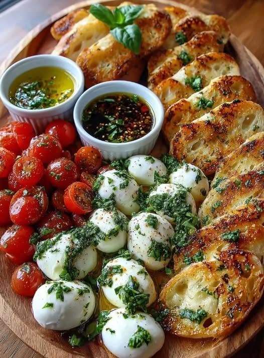 🧀 Marinated Mozzarella & Burrata Tapas Board with Garlic Breadsticks There are some appetizers that feel like you spent hours preparing them, even though they come together surprisingly quickly. This Marinated Mozzarella & Burrata Tapas Board is exactly that kind of recipe. I love putting together a board like this when friends or family are coming over. It feels relaxed and generous—everyone can grab a little of this, a little of that, tear off a warm garlic breadstick, and build their own perfect bite. The first time I made a version of this for a weekend gathering, I wasn't expecting it to disappear so quickly. The creamy burrata was the first thing everyone went for, but the little mozzarella balls marinated in garlic, lemon, herbs, and olive oil were just as popular. Add juicy cherry tomatoes, briny olives, and warm garlic breadsticks, and suddenly you have an appetizer that feels much more special than the effort required. This is the kind of recipe I make when I want something beautiful without being stuck in the kitchen all afternoon. And honestly, the board does most of the work for you. ❤️ Why You'll Love This Tapas Board Creamy, luxurious burrata Flavor-packed marinated mozzarella Warm, buttery garlic breadsticks Fresh cherry tomatoes for sweetness Olives for a salty, briny bite Easy to customize with whatever you have Perfect for parties and entertaining Can mostly be prepared ahead No complicated cooking Looks gorgeous on a large serving board Marinated mozzarella is especially well suited to antipasto-style entertaining, and garlic, lemon, fresh herbs, and olive oil are classic flavor partners. 🛒 Ingredients For the Marinated Mozzarella 8 oz fresh mozzarella pearls or small mozzarella balls 1/3 cup extra-virgin olive oil 2 garlic cloves, very thinly sliced Zest of 1/2 lemon 1 tbsp fresh lemon juice 1 tbsp chopped fresh basil 1 tbsp chopped fresh parsley 1 tsp fresh oregano, or 1/2 tsp dried oregano 1/4 tsp red pepper flakes 1/2 tsp kosher salt 1/4 tsp freshly ground black pepper For the Board 8 oz fresh burrata 1 cup cherry tomatoes 1 cup mixed olives 1/2 cup roasted red peppers 1/3 cup marinated artichoke hearts Fresh basil leaves Fresh parsley or oregano Lemon wedges Extra-virgin olive oil, for drizzling Balsamic glaze, optional For the Garlic Breadsticks 1 package pizza dough or breadstick dough 2 tbsp melted butter 2 garlic cloves, finely grated or minced 1 tbsp chopped fresh parsley 1/2 tsp Italian seasoning 2 tbsp grated Parmesan Pinch of salt 👩🍳 How to Make Marinated Mozzarella & Burrata Tapas Board Step 1: Marinate the Mozzarella Place the mozzarella pearls in a medium bowl. Add the olive oil, sliced garlic, lemon zest, lemon juice, basil, parsley, oregano, red pepper flakes, salt, and black pepper. Gently toss everything together. Cover and refrigerate for at least 30 minutes. If you have more time, let it sit for 1–2 hours. The flavors become even more pronounced as the herbs and garlic infuse the olive oil. Marinated mozzarella can be prepared quickly and is particularly convenient for entertaining because it can be made ahead. A little tip: Take the mozzarella out of the refrigerator about 15–20 minutes before serving. Fresh mozzarella tastes better when it's not ice-cold. 🧄 Step 2: Make the Garlic Breadsticks Preheat your oven to 400°F (200°C). Roll the pizza dough into a rectangle about 1/4-inch thick. Cut it into strips about 1 inch wide. Twist each strip gently and place them on a parchment-lined baking sheet. Mix together: Melted butter Garlic Parsley Italian seasoning Parmesan Salt Brush the mixture generously over the breadsticks. Bake for approximately 10–14 minutes, or until puffed and golden. As soon as they come out of the oven, brush them with another tiny bit of melted garlic butter if you want them extra flavorful. Let them cool for just a few minutes. You want them warm when they hit the board. 🧀 Step 3: Prepare the Burrata Take the burrata out of its packaging and gently drain it. Place it in a shallow bowl or directly onto the serving board. Don't cut it open yet. When you're ready to serve, gently tear the top so the creamy center begins to spill out. That creamy center is what makes burrata so special—unlike fresh mozzarella, burrata has a mozzarella exterior with a creamy interior. 🍅 Step 4: Build the Board Now comes the fun part. Choose a large wooden board, slate platter, or oversized serving tray. Place the burrata slightly off-center. Spoon the marinated mozzarella and some of its flavorful olive oil around and partially over the burrata. Then start filling in the board. Arrange the: Cherry tomatoes Olives Roasted red peppers Artichokes Fresh basil Lemon wedges around the cheese. Finally, add the warm garlic breadsticks. Try not to make everything perfectly symmetrical. A slightly rustic, abundant board looks much more inviting. 🌿 Step 5: Add the Finishing Touches Drizzle a little extra-virgin olive oil over the burrata. Add a few torn basil leaves. Sprinkle with freshly cracked black pepper. For a sweet-tangy contrast, add a few small drizzles of balsamic glaze. If you like heat, sprinkle the mozzarella with a little extra red pepper flakes. And that's it. You don't need much more because the marinated cheese already brings so much flavor. 🥖 How to Arrange the Perfect Tapas Board I like to think about the board in three categories: 1. The creamy centerpiece That's your burrata. Give it plenty of room because it's the star. 2. The flavorful little bites This is where the marinated mozzarella, tomatoes, olives, peppers, and artichokes come in. Scatter them around the board in small groups. 3. The crunchy element Warm garlic breadsticks give you something crisp and chewy to scoop up all that creamy cheese and garlicky olive oil. You can also add toasted baguette slices, crostini, crackers, or rustic bread. Marinated mozzarella and burrata are commonly served with toasted bread or crostini. ✨ Extra Things You Can Add This board is incredibly flexible. Try adding: Prosciutto Salami Grapes Fresh figs Peaches Melon Sun-dried tomatoes Roasted peppers Marinated artichokes Pistachios Almonds Walnuts Fresh focaccia Crackers Pickled vegetables Fresh strawberries For a more substantial Italian-style spread, prosciutto, melon, tomatoes, olives, peaches, and crostini all pair beautifully with burrata. 🌶️ Easy Variations Spicy Marinated Mozzarella Increase the red pepper flakes and add a finely chopped Calabrian chile or a little chili oil. Lemon-Herb Version Use extra lemon zest and plenty of fresh parsley, basil, and oregano. Tomato-Basil Board Add sliced heirloom tomatoes, extra basil, and a drizzle of balsamic glaze for a burrata-Caprese-inspired version. Prosciutto & Burrata Board Add thin slices of prosciutto around the burrata and serve with melon or peaches. Mediterranean Board Add hummus, cucumbers, roasted peppers, artichokes, Kalamata olives, and toasted pita. ⏰ Can You Make It Ahead? Absolutely—and that's one of my favorite things about this recipe. Earlier in the day: Prepare the marinated mozzarella and refrigerate it. Make the garlic breadstick dough and keep it refrigerated until you're ready to bake. Wash the tomatoes and prepare the other board ingredients. About 20 minutes before serving: Take the mozzarella and burrata out of the refrigerator. Bake the breadsticks. Arrange the board. Right before serving: Open the burrata, drizzle over the marinated mozzarella oil, add fresh herbs, and serve. This keeps the breadsticks warm and the burrata creamy. 🧊 Storage Store leftover marinated mozzarella in an airtight container in the refrigerator and use within about 2–3 days for best quality. Keep burrata refrigerated according to the package instructions and use it promptly after opening. Store breadsticks separately so they don't become soggy from the cheese and marinade. To reheat breadsticks, place them in a 350°F oven for 4–6 minutes. 💡 Tips for the Best Tapas Board Use good olive oil Since the marinade isn't complicated, the olive oil really matters. Choose a flavorful extra-virgin olive oil. Don't drown the burrata A little marinating oil is wonderful, but you don't need to completely submerge the burrata. Let the cheese warm slightly Very cold burrata doesn't have the same creamy texture as burrata served closer to room temperature. Make the breadsticks fresh Warm garlic breadsticks are one of the best parts of the whole board. Don't overcrowd everything Leave little gaps between ingredients so guests can easily pick things up. Add fresh herbs at the last minute Basil and parsley look and taste brightest when added shortly before serving. 🍷 What to Serve With It This board works beautifully as an appetizer before: Italian pasta Homemade pizza Grilled chicken Steak Roasted vegetables Mediterranean chicken Baked fish Risotto A simple green salad For drinks, try sparkling water with lemon, iced tea, lemonade, or a crisp white wine if you're serving alcohol. ❓ Frequently Asked Questions Can I use regular mozzarella instead of burrata? Yes. You can use fresh mozzarella balls or a large fresh mozzarella ball. The board will still be delicious, although burrata provides a much creamier center. How long should mozzarella marinate? At least 30 minutes gives it flavor, but 1–2 hours is even better. Some marinated mozzarella recipes use even shorter or longer marinating periods depending on the ingredients. Can I use dried herbs? Yes, although fresh herbs give the marinade a brighter flavor. If using dried herbs, start with smaller quantities because they're more concentrated. Can I make the mozzarella the night before? You can, but I prefer making it the same day for the freshest herbs and best texture. What bread goes best with burrata? Garlic breadsticks, crostini, toasted baguette, focaccia, and rustic sourdough are all excellent choices. Can I make this board vegetarian? Absolutely. Simply leave off any cured meats such as prosciutto or salami. What if I don't like olives? Leave them off. Add grapes, roasted peppers, artichokes, tomatoes, cucumber, or nuts instead. Can I make this gluten-free? Yes. Use gluten-free breadstick dough or serve the cheese board with gluten-free crackers and toasted gluten-free bread. 📝 Recipe at a Glance Prep Time: 20 minutes Marinating Time: 30 minutes–2 hours Breadstick Bake Time: 10–14 minutes Total Time: About 45 minutes, plus marinating Servings: 6–8 Course: Appetizer Cuisine: Italian/Mediterranean-inspired 🧀 Marinated Mozzarella & Burrata Tapas Board Recipe Ingredients Marinated Mozzarella 8 oz mozzarella pearls 1/3 cup extra-virgin olive oil 2 garlic cloves, thinly sliced Zest of 1/2 lemon 1 tbsp lemon juice 1 tbsp basil 1 tbsp parsley 1 tsp oregano 1/4 tsp red pepper flakes 1/2 tsp kosher salt 1/4 tsp black pepper Board 8 oz burrata 1 cup cherry tomatoes 1 cup mixed olives 1/2 cup roasted red peppers 1/3 cup marinated artichokes Fresh basil Lemon wedges Olive oil Balsamic glaze, optional Garlic Breadsticks 1 package pizza or breadstick dough 2 tbsp melted butter 2 garlic cloves, minced 1 tbsp parsley 1/2 tsp Italian seasoning 2 tbsp Parmesan Pinch of salt Instructions Combine mozzarella, olive oil, garlic, lemon, herbs, red pepper flakes, salt, and pepper. Cover and marinate for at least 30 minutes. Heat oven to 400°F. Cut dough into strips and twist gently. Combine melted butter, garlic, parsley, Italian seasoning, Parmesan, and salt. Brush over breadsticks. Bake for 10–14 minutes, until golden. Drain burrata and place it on a large board. Spoon marinated mozzarella and some of its olive oil around the burrata. Arrange tomatoes, olives, roasted peppers, artichokes, herbs, and lemon around the cheeses. Add warm garlic breadsticks. Finish with olive oil, black pepper, fresh basil, and optional balsamic glaze. Serve immediately. ❤️ Final Thoughts This Marinated Mozzarella & Burrata Tapas Board is exactly the kind of food I love serving when I want everyone gathered around the table instead of sitting down to a formal appetizer. There's something wonderfully relaxed about putting a big board in the middle of the table and letting everyone reach in. Someone grabs a warm garlic breadstick. Someone else scoops up creamy burrata. Another person reaches for an olive and a tomato. Before you know it, the board is half empty. And that's the best compliment a party appetizer can get. Creamy burrata, garlicky mozzarella, fresh herbs, juicy tomatoes, briny olives, and warm breadsticks—simple ingredients, big flavor, and a beautiful centerpiece for sharing. 🧄🧀🍅