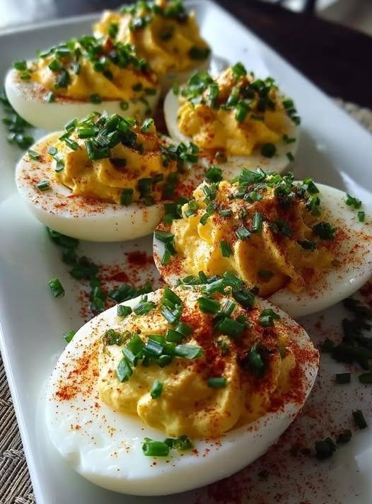 Classic Deviled Eggs There are some recipes that never really go out of style, and classic deviled eggs are one of them. I can make a fancy appetizer with all kinds of interesting ingredients, but put a plate of creamy deviled eggs on the table and somehow they disappear first. They have that nostalgic, old-fashioned quality that makes everyone reach for “just one more.” I especially love making them for family gatherings, weekend lunches, holidays, picnics, and those moments when I need something easy but still a little special. The ingredients are simple—eggs, mayonnaise, mustard, and a few seasonings—but when everything is mixed together, the result is creamy, tangy, rich, and incredibly satisfying. This is the kind of recipe I keep coming back to because simple food is often the food people remember most. Why You'll Love These Classic Deviled Eggs Simple ingredients: Nothing complicated or hard to find. Creamy and flavorful: The yolks make the filling naturally rich, while mustard adds just enough tang. Perfect for parties: They look beautiful on a serving platter. Easy to customize: Add relish, herbs, hot sauce, bacon, or a little extra mustard if you like. Make-ahead friendly: Prepare them ahead of time and keep them chilled until serving. Naturally low in carbohydrates: The basic ingredients contain very little carbohydrate, although brands and additions can change the final nutrition. Ingredients For the Eggs 6 large eggs Cold water, as needed Ice, for an ice bath For the Filling 3 tablespoons mayonnaise 1 teaspoon yellow mustard or Dijon mustard 1 teaspoon sweet pickle relish, optional 1/4 teaspoon salt 1/8 teaspoon black pepper 1/4 teaspoon paprika, plus more for garnish For Garnishing Paprika Fresh chives or parsley, optional The filling is intentionally simple. Traditional deviled eggs commonly use mayonnaise and mustard with seasonings such as paprika, and relish is another classic addition. How to Make Classic Deviled Eggs 1. Cook the Eggs Place the eggs in a saucepan and cover them with cool water by about an inch. Bring the water to a boil over medium-high heat. Once boiling, cover the pan, remove it from the heat, and let the eggs sit for about 10–12 minutes. While the eggs cook, prepare a large bowl filled with ice and cold water. 2. Cool the Eggs Transfer the cooked eggs immediately to the ice bath. Let them cool for at least 5 minutes, or until they are cool enough to handle. This quick cooling step is also helpful when you're trying to get clean, attractive eggs for serving. 3. Peel the Eggs Gently tap each egg against the counter and roll it between your hands to loosen the shell. Peel under cool running water if needed. Pat the eggs dry with a paper towel. 4. Cut the Eggs Slice each egg in half lengthwise. Carefully remove the yolks and place them in a small bowl. Arrange the egg-white halves on a serving plate or platter. 5. Make the Filling Mash the yolks with a fork until they are finely crumbled. Add the mayonnaise, mustard, pickle relish if using, salt, pepper, and paprika. Stir until smooth and creamy. For an especially silky filling, mash everything thoroughly or briefly mix it with a hand mixer. A smooth filling also makes the eggs easier to pipe neatly. 6. Fill the Egg Whites Spoon the yolk mixture into the egg-white halves. For a prettier presentation, transfer the filling to a piping bag—or simply use the corner of a small zip-top bag—and pipe the filling into each egg. Don't worry if you don't have a piping bag. A spoon works perfectly well. 7. Garnish Finish each egg with a light sprinkle of paprika. For a little color, add finely chopped chives or parsley. And that's it! You've got a beautiful platter of creamy, classic deviled eggs ready to serve. My Best Tips for Perfect Deviled Eggs Don't overcook the eggs Overcooked eggs can develop a gray-green ring around the yolks and a firmer, less pleasant texture. Keep an eye on your cooking time and cool the eggs promptly. Use enough mayonnaise—but don't overdo it The mayonnaise should make the yolks creamy without turning the filling runny. Start with the recommended amount and add a tiny bit more if necessary. Mash the yolks very well Lumpy yolks can make the filling feel heavy. For that classic smooth texture, mash them until there are no large pieces remaining before adding the other ingredients. Taste before filling This is one of my favorite little kitchen habits. Mix the filling and taste it before putting it into the egg whites. If you want more tang, add a touch more mustard. If it tastes too sharp, another small spoonful of mayonnaise can balance it. Don't forget the paprika A tiny dusting of paprika may seem like a finishing touch, but it gives deviled eggs that unmistakable classic appearance. How to Make Deviled Eggs Easier to Peel Egg peeling can sometimes be the most frustrating part of the recipe. After cooking, transfer the eggs straight into an ice bath and let them cool thoroughly. Then crack the shell all over before peeling. If a shell is stubborn, peel the egg under cool running water. The water can help work its way underneath the shell. And don't worry if the first egg isn't perfect. Once it's filled, nobody is going to notice a tiny imperfection. Can I Make These Ahead of Time? Absolutely. You can hard-boil and peel the eggs a day ahead and store them refrigerated in a covered container. For the best appearance, you can also prepare the yolk filling ahead of time and refrigerate it separately. Fill the egg whites shortly before serving. If you've already assembled the deviled eggs, keep them covered and refrigerated until you're ready to serve. How Long Do Deviled Eggs Last? Keep deviled eggs refrigerated and don't leave them sitting at room temperature for extended periods, especially at parties or outdoor gatherings. For the best texture and appearance, I prefer serving them within a day of preparing them. Classic Variations Once you have the basic recipe down, there are so many easy ways to change it. Bacon Deviled Eggs Top each egg with a tiny piece of crispy bacon. The salty bacon is fantastic with the creamy yolk filling. Spicy Deviled Eggs Add a few drops of hot sauce or a pinch of cayenne pepper to the filling. Pickle Deviled Eggs Increase the sweet pickle relish slightly for a tangier, sweeter filling. Herb Deviled Eggs Mix finely chopped fresh chives, parsley, or dill into the yolk mixture. Smoky Deviled Eggs Replace regular paprika with smoked paprika for a deeper, smoky flavor. Extra-Mustardy Deviled Eggs If you're a mustard lover, add another 1/2 teaspoon of Dijon or yellow mustard. What to Serve With Deviled Eggs Classic deviled eggs are incredibly versatile. Serve them alongside: Grilled chicken Burgers Pulled pork Potato salad Coleslaw Green salads Roasted vegetables Sandwiches Ham Turkey Fresh fruit They're also wonderful on an appetizer platter with cheese, crackers, vegetables, olives, and pickles. When I Make These For me, deviled eggs are one of those recipes that can instantly make an ordinary meal feel like an occasion. I love making them when family is coming over because I can prepare most of the work ahead of time. They're also perfect for weekends when everyone seems to wander into the kitchen looking for something to snack on. And there's something funny about deviled eggs: no matter how many I make, someone always seems to ask, “Are there any more?” That's usually how I know a recipe is a keeper. Frequently Asked Questions Why are they called deviled eggs? “Deviled” is an old culinary term referring to food that has been strongly seasoned, often with mustard or spicy ingredients. The term has been used for stuffed and seasoned eggs for generations. Can I use Dijon mustard instead of yellow mustard? Yes. Dijon gives the filling a slightly sharper, more sophisticated flavor, while yellow mustard gives you that familiar classic deviled-egg taste. Can I leave out the pickle relish? Absolutely. Relish is optional. If you prefer a very traditional creamy mustard filling, simply leave it out. Why is my filling too thick? Add another teaspoon of mayonnaise and mix again. Continue adding a very small amount until you reach the consistency you like. Why is my filling too thin? Add another mashed egg yolk if you have one available, or refrigerate the filling for a short time to firm it up. Can I pipe the filling? Yes! Piping gives the eggs a beautiful, bakery-style appearance. A star tip creates especially pretty swirls. Can I make these spicy? Definitely. Add cayenne, hot sauce, finely chopped jalapeño, or a pinch of crushed red pepper. Recipe at a Glance Prep Time: 15 minutes Cook Time: 10–12 minutes Cooling Time: 5–10 minutes Total Time: About 30 minutes Servings: 12 deviled egg halves Final Thoughts Classic deviled eggs don't need fancy ingredients or complicated techniques. They're creamy, tangy, savory, and just familiar enough to bring back memories of family dinners, holiday tables, picnics, and big gatherings. That's exactly why I love recipes like this. When you have a plate of these sitting in the refrigerator, you don't need to wonder whether people will enjoy them. Just put them on the table, sprinkle them with a little paprika, and watch what happens. Simple, classic, and always the first thing to disappear.