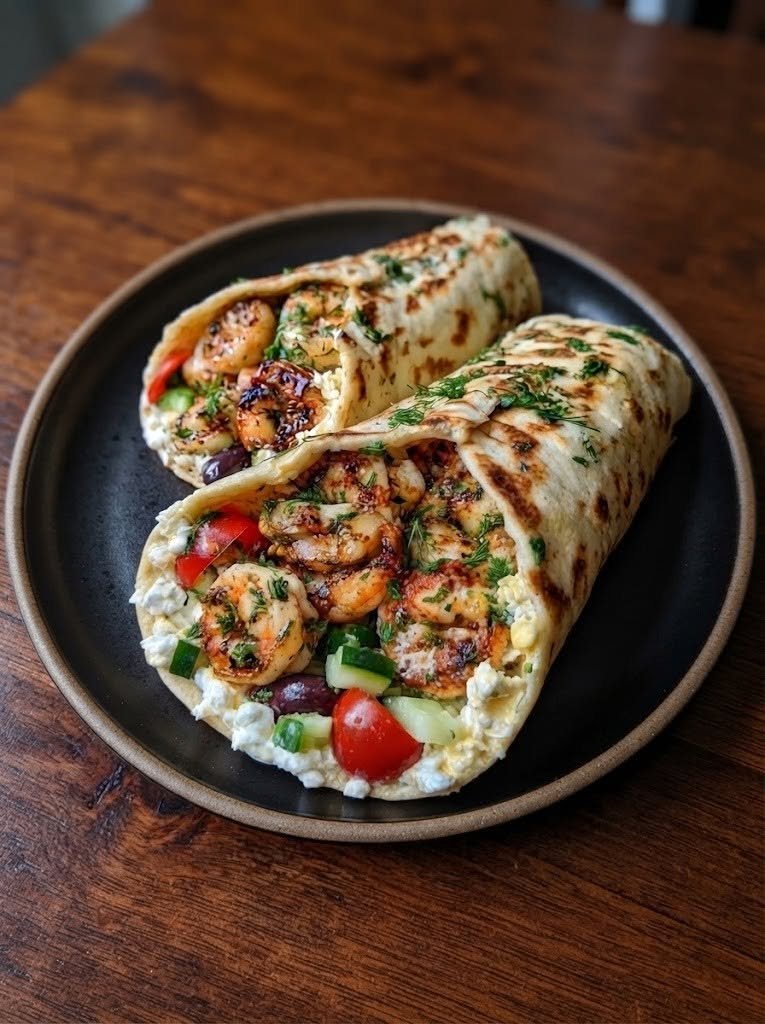Keto Greek Lemon Shrimp Wraps with Dill Garlic Feta Sauce There are nights when I want something that tastes bright and fresh but still feels like a real, satisfying meal. These Keto Greek Lemon Shrimp Wraps with Dill Garlic Feta Sauce are exactly that kind of dinner. I love the combination of lemon, garlic, feta, and fresh herbs, and shrimp cooks so quickly that this recipe can be on the table before everyone has had time to ask, “What's for dinner?” The first time I made these wraps, I was expecting them to be good. I wasn't expecting them to disappear quite so quickly. The shrimp are marinated in lemon, garlic, olive oil, and oregano, then cooked until just tender. They're tucked into soft keto-friendly wraps with crisp cucumber, juicy tomatoes, crunchy lettuce, and a generous spoonful of creamy dill garlic feta sauce. Every bite has something going on—bright lemon, savory shrimp, salty feta, cool vegetables, and fresh dill. It's basically a little Greek-inspired getaway wrapped up in your hands. ❤️ Why You'll Love These Keto Shrimp Wraps Quick: The shrimp cook in just a few minutes. Fresh and flavorful: Lemon, garlic, oregano, dill, and feta do most of the work. Low-carb: Use your favorite keto-friendly tortillas or wraps. Creamy without being heavy: The feta sauce adds richness while Greek yogurt keeps it fresh and tangy. Perfect for lunch or dinner. Easy to customize: Add avocado, olives, spinach, or extra herbs. Great for meal prep: Prepare the shrimp and sauce ahead, then assemble when you're ready to eat. 🛒 Ingredients For the Greek Lemon Shrimp 1 lb (450 g) large shrimp, peeled and deveined 2 tbsp extra-virgin olive oil 2 tbsp fresh lemon juice 1 tsp lemon zest 3 cloves garlic, minced 1 tsp dried oregano 1/2 tsp smoked paprika 1/2 tsp salt 1/4 tsp black pepper Pinch of red pepper flakes, optional For the Dill Garlic Feta Sauce 1/2 cup plain full-fat Greek yogurt 3 oz (85 g) feta cheese, crumbled 1 tbsp extra-virgin olive oil 1 small garlic clove, finely grated 1 tbsp fresh lemon juice 1 tbsp fresh dill, chopped 1/4 tsp dried oregano 1/4 tsp black pepper Salt, to taste 1–2 tbsp water, as needed For the Wraps 4 keto-friendly low-carb tortillas or wraps 2 cups shredded romaine lettuce 1/2 English cucumber, thinly sliced 1/2 cup cherry tomatoes, halved 1/4 small red onion, thinly sliced 1/4 cup crumbled feta 2 tbsp fresh dill or parsley 1 tbsp lemon juice Optional Additions Kalamata olives Sliced avocado Baby spinach Pickled red onions Pepperoncini Chopped roasted red peppers Extra lemon wedges Red pepper flakes 🍋 How to Make Keto Greek Lemon Shrimp Wraps Step 1: Marinate the Shrimp Place the shrimp in a bowl. Add: olive oil lemon juice lemon zest garlic oregano smoked paprika salt black pepper red pepper flakes, if using Toss gently until every shrimp is coated. Let them marinate for 10–15 minutes. You don't need a long marinade for shrimp. The goal is simply to let those lemony, garlicky flavors get acquainted before cooking. Tip: Don't marinate shrimp in lemon juice for hours. The acid can change their texture and make them unpleasantly firm. 🧄 Step 2: Make the Dill Garlic Feta Sauce While the shrimp are marinating, make the sauce. Add the Greek yogurt, feta, olive oil, garlic, lemon juice, dill, oregano, and black pepper to a bowl. Mash and stir until creamy. It doesn't need to be completely smooth. I actually like leaving a few tiny pieces of feta throughout the sauce. If the sauce is too thick, stir in 1 tablespoon of water at a time until you reach a creamy, spoonable consistency. Taste it. If you want more brightness, add another squeeze of lemon. If you want more garlic, add a tiny bit more grated garlic. Cover and refrigerate while you cook the shrimp. 🔥 Step 3: Cook the Shrimp Heat a large skillet over medium-high heat. Add the shrimp in a single layer. Cook for approximately 2 minutes on the first side, then flip and cook another 1–2 minutes. The shrimp are ready when they are opaque and cooked through. Don't overcook them. Shrimp go from perfectly juicy to rubbery surprisingly quickly. Remove them from the skillet immediately once cooked. Give them a final squeeze of fresh lemon juice. 🥬 Step 4: Prepare the Vegetables While the shrimp cook, prepare your toppings. Toss the lettuce, cucumber, cherry tomatoes, red onion, and fresh herbs together. Add a small squeeze of lemon juice and a pinch of salt. You don't need a heavy dressing because the feta sauce will provide plenty of creaminess and flavor. 🌯 Step 5: Warm the Keto Wraps Warm the keto tortillas according to their package directions. Usually, a few seconds in the microwave or a quick turn in a dry skillet is enough. Warming them makes them softer and less likely to crack when you roll them. 🥙 Step 6: Assemble the Wraps Lay one warm tortilla flat. Spread a generous spoonful of the dill garlic feta sauce down the center. Add: shredded lettuce cucumber tomatoes red onion 3–4 shrimp crumbled feta fresh dill or parsley Add another spoonful of sauce. Finish with a squeeze of lemon. Don't overload the tortilla. It is much easier to roll a wrap that has a little breathing room. 🌯 Step 7: Roll Fold the bottom edge of the tortilla upward over the filling. Fold both sides inward. Then roll tightly from the bottom, keeping the filling tucked inside. If you want a crispier wrap, place the finished wrap seam-side down in a dry skillet over medium heat. Toast for 1–2 minutes per side. The outside becomes lightly crisp while the inside stays warm and creamy. 🧀 The Secret Is the Feta Sauce The shrimp are delicious on their own, but the sauce is what makes these wraps special. You have creamy Greek yogurt, salty feta, sharp garlic, bright lemon, and fresh dill all working together. It's tangy without being overpowering. And because the sauce is thick enough to cling to the shrimp and vegetables, every bite gets a little of it. If you're the type of person who likes extra sauce, make a double batch. You'll thank yourself later. 💡 My Best Tips for Perfect Shrimp Wraps Don't overcook the shrimp This is the biggest one. Shrimp only need a few minutes. As soon as they're opaque and cooked through, take them off the heat. Use fresh lemon Bottled lemon juice works in a pinch, but fresh lemon gives the shrimp and feta sauce a much brighter flavor. Buy peeled shrimp There's no reason to make dinner harder than it needs to be. Peeled and deveined shrimp make this recipe incredibly quick. Don't skip the lemon zest The zest gives the marinade a concentrated citrus aroma without adding extra liquid. Warm your tortillas Cold keto tortillas can be less flexible. A quick warming makes rolling much easier. Keep wet ingredients away from the tortilla If you're preparing wraps ahead, place lettuce between the tortilla and the juicier ingredients. This helps prevent the wrap from becoming soggy. 🫒 Easy Variations Greek Chicken Wraps Replace the shrimp with thinly sliced chicken breast. Cook until the chicken reaches a safe internal temperature of 165°F (74°C). Spicy Lemon Shrimp Increase the red pepper flakes and add a pinch of cayenne to the marinade. You can also add a drizzle of keto-friendly hot sauce. Avocado Feta Wrap Add sliced avocado for extra creaminess. The buttery avocado works beautifully with the lemony shrimp. Mediterranean Veggie Wrap Skip the shrimp and add: roasted zucchini peppers cucumber olives feta spinach Then pile everything into the wrap with the dill sauce. Extra-Garlicky Add another clove of grated garlic to the feta sauce. This is especially good if you're a serious garlic lover. Crunchy Version Add finely shredded cabbage or a few chopped walnuts for extra texture. 🥗 What to Serve With These Wraps These wraps are filling enough to serve on their own, but you can easily turn them into a larger meal. Try serving them with: Greek salad Roasted cauliflower Cucumber salad Grilled zucchini Lemon-butter asparagus Feta-stuffed olives Avocado salad Crispy zucchini fries For a simple dinner, I like serving one wrap with a small Greek-style salad on the side. 🥒 Turn It Into a Shrimp Bowl Don't have keto wraps? No problem. Turn this recipe into a bowl. Start with: romaine lettuce cucumber tomatoes cauliflower rice avocado Then add the lemon shrimp and a generous amount of dill garlic feta sauce. Top with feta, fresh dill, red onion, and lemon. It's basically the same meal—just without the tortilla. 🧊 Meal Prep Instructions These wraps are excellent for meal prep, but I recommend keeping the components separate. Prepare the shrimp and store them in an airtight container. Make the feta sauce and refrigerate it separately. Chop the vegetables and store them separately as well. When you're ready to eat, warm the shrimp and tortilla, then assemble the wrap. For the best texture, don't fully assemble the wraps hours in advance. 🥡 Storage Store cooked shrimp in an airtight container in the refrigerator and use within 3–4 days. Keep the feta sauce refrigerated separately. The vegetables are best stored separately from the sauce and shrimp. Once assembled, the wraps are best eaten immediately because the moisture from the vegetables and sauce can soften the tortilla. ❓ Frequently Asked Questions Can I use frozen shrimp? Absolutely. Thaw them completely and pat them very dry with paper towels before marinating. Removing excess moisture helps the shrimp sear rather than steam. Can I use pre-cooked shrimp? Yes, but they're not my first choice. Since pre-cooked shrimp only need to be warmed, adding them to a hot skillet for several minutes can make them rubbery. If using cooked shrimp, toss them briefly with the marinade and warm them for just 30–60 seconds. What size shrimp should I use? Large or jumbo shrimp work beautifully. Medium shrimp can also be used, but you'll need more of them per wrap. Can I make the feta sauce ahead? Yes. The sauce can be made up to 2–3 days ahead and kept refrigerated in a sealed container. Give it a good stir before serving. Are regular tortillas okay? Yes, if you're not following a keto diet. For a strict keto meal, use a low-carb tortilla whose nutrition fits your daily carbohydrate target. Can I use lettuce instead of a tortilla? Absolutely. Large romaine or butter lettuce leaves make excellent low-carb lettuce wraps. Can I use sour cream instead of Greek yogurt? Yes. The sauce will be richer and slightly less tangy. You can also use a combination of Greek yogurt and sour cream. What can I use instead of feta? Goat cheese is a delicious substitute. For a milder sauce, you can also use cream cheese with a little extra lemon juice and dill. Can I grill the shrimp? Definitely. Thread the shrimp onto skewers or place them in a grill basket and cook over medium-high heat until opaque and cooked through. How do I keep the wraps from falling apart? Don't overfill them. Use a warm, flexible tortilla and place the filling slightly below the center so you have room to fold the bottom up before rolling. 📝 Recipe at a Glance Recipe: Keto Greek Lemon Shrimp Wraps with Dill Garlic Feta Sauce Prep Time: 20 minutes Marinating Time: 10–15 minutes Cook Time: 5 minutes Total Time: About 30–35 minutes Servings: 4 wraps Ingredients Lemon Shrimp 1 lb large shrimp 2 tbsp olive oil 2 tbsp lemon juice 1 tsp lemon zest 3 garlic cloves 1 tsp oregano 1/2 tsp smoked paprika Salt and pepper Optional red pepper flakes Dill Garlic Feta Sauce 1/2 cup Greek yogurt 3 oz feta 1 tbsp olive oil 1 garlic clove 1 tbsp lemon juice 1 tbsp fresh dill 1/4 tsp oregano Black pepper 1–2 tbsp water Wraps 4 keto tortillas Romaine lettuce Cucumber Cherry tomatoes Red onion Feta Fresh dill or parsley Instructions Toss shrimp with olive oil, lemon, zest, garlic, oregano, paprika, salt, and pepper. Marinate for 10–15 minutes. Mix all feta sauce ingredients until creamy. Cook shrimp in a hot skillet for about 2 minutes per side. Warm keto tortillas. Layer lettuce, vegetables, shrimp, feta, and dill sauce onto each tortilla. Fold and roll tightly. Toast seam-side down for 1–2 minutes per side if desired. Serve immediately with fresh lemon. ❤️ Final Thoughts These Keto Greek Lemon Shrimp Wraps are the kind of meal I love having in my back pocket. They're quick enough for a busy evening, but they don't taste like a rushed dinner. The shrimp are bright and garlicky, the vegetables add freshness and crunch, and that creamy dill-feta sauce ties everything together. And honestly, I could eat that sauce with a spoon. If you're making these for the family, put all the ingredients on the table and let everyone build their own wrap. Add extra feta, more dill, a few olives, or plenty of red pepper flakes depending on everyone's taste. It's relaxed, colorful, delicious, and exactly the sort of meal that makes a simple dinner feel a little more special. Warm keto wrap + lemon-garlic shrimp + crisp vegetables + creamy dill feta sauce = an easy Greek-inspired dinner you'll want to make again and again.