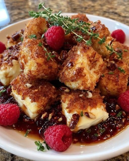 🧀 Pecan-Crusted Brie Bites with Raspberry Chili Honey Glaze There are appetizers that are delicious, and then there are appetizers that make everyone quietly hover around the serving platter waiting for the next batch. These Pecan-Crusted Brie Bites with Raspberry Chili Honey Glaze are definitely the second kind. I love recipes like this when I'm entertaining because they look beautifully put together without requiring hours in the kitchen. The first time I made them, I was aiming for something a little more special than the usual cheese-and-cracker platter. I had Brie, some pecans, and raspberry preserves on hand, so I started playing around with the combination. Then came the honey and just a little chili. That tiny bit of heat was the magic. The Brie becomes soft and creamy inside its crisp little pastry shell, the pecans add a gorgeous toasted crunch, and the raspberry glaze brings a bright fruity sweetness. Then the chili sneaks in at the end and keeps the whole thing from tasting overly sweet. I served them warm, and they disappeared before I had even finished putting the rest of dinner on the table. Since then, they've become one of those recipes I keep coming back to whenever I want something that feels festive without being fussy. They're perfect for holidays, dinner parties, girls' nights, date nights, game-day gatherings, or honestly any evening when you want to make a regular snack feel a little fancy. ❤️ Why You'll Love These Brie Bites Sweet, savory, creamy, crunchy, and spicy all in one bite. They look much more complicated than they actually are. The raspberry-chili glaze can be prepared ahead. Pecans add wonderful texture and buttery flavor. Brie melts beautifully without needing much seasoning. They're easy to assemble for a crowd. They can be prepared ahead of time and baked shortly before serving. Brie bites are especially popular for entertaining because recipes using Brie with puff pastry or phyllo shells, fruit preserves, and nuts can be assembled quickly and baked until the cheese is warm and melty. 🛒 Ingredients You'll Need For the Brie Bites 1 sheet puff pastry, thawed 8 ounces Brie cheese ½ cup finely chopped pecans 1 egg, beaten 1 tablespoon butter, melted ¼ teaspoon salt ¼ teaspoon freshly cracked black pepper For the Raspberry Chili Honey Glaze ⅓ cup seedless raspberry preserves 2 tablespoons honey 1 teaspoon lemon juice ¼–½ teaspoon red pepper flakes, depending on how spicy you like it Pinch of salt Optional Garnish Fresh thyme leaves Extra chopped toasted pecans Fresh raspberries A tiny drizzle of honey A sprinkle of flaky sea salt A quick note about the Brie You don't have to remove the Brie rind. It is completely edible and melts beautifully. If your family isn't a fan of the rind, you can trim it before cutting the cheese into cubes. 👩🍳 How to Make Pecan-Crusted Brie Bites 1. Thaw the Puff Pastry If you're using frozen puff pastry, let it thaw according to the package directions. It should be flexible enough to unfold without cracking, but still cool. Don't let it become warm and floppy. Cold puff pastry is much easier to work with. 2. Preheat the Oven Preheat your oven to 375°F (190°C). Line a baking sheet with parchment paper. If you prefer a more contained appetizer, you can also arrange the pastry squares in a mini muffin pan. 3. Prepare the Pecans Finely chop the pecans. You don't want large chunks because these are bite-sized appetizers. Smaller pieces stick to the Brie and pastry much better. For even more flavor, toast the pecans in a dry skillet over medium-low heat for about 3–4 minutes, stirring frequently. Let them cool before using. This optional step makes a surprisingly big difference. 4. Cut the Brie Cut the Brie into approximately 24 small cubes. Aim for cubes around ¾ inch. Don't worry if they're not perfectly identical. These are homemade appetizers, not tiny pieces of architecture. 5. Cut the Puff Pastry Unfold the puff pastry onto a lightly floured surface. Cut it into approximately 24 squares, depending on the size of your pastry sheet. Each square should be large enough to hold a piece of Brie with enough pastry around it to fold slightly. 6. Build the Bites Place one piece of Brie in the center of each pastry square. Sprinkle a little chopped pecan over the Brie. Then bring the corners of the pastry upward and gently press them together. You don't have to completely seal every bite. A little opening at the top is perfectly fine. Arrange the bites on the prepared baking sheet. 7. Brush With Egg Wash Beat one egg with a teaspoon of water. Brush the exposed puff pastry lightly with the egg wash. This gives the pastry that gorgeous golden-brown finish. Don't brush the egg directly over the cheese. 8. Bake Bake for approximately 15–18 minutes, or until the pastry is puffed and deeply golden. The Brie should be soft and warm inside. Keep an eye on them toward the end because puff pastry can brown quickly. 🍓 Make the Raspberry Chili Honey Glaze While the Brie bites are baking, make the glaze. Add the following to a small saucepan: Raspberry preserves Honey Lemon juice Red pepper flakes Pinch of salt Warm over low heat, stirring until smooth and glossy. You don't need to boil it. The goal is simply to loosen the preserves and combine everything into a pourable glaze. If it seems too thick, add 1 teaspoon of water at a time until it reaches the consistency you like. Raspberry preserves, honey, and lemon are a well-established combination for Brie appetizers; the chili addition gives this version a sweet-spicy twist. ✨ Finish the Brie Bites When the pastry comes out of the oven, let the bites cool for about 2–3 minutes. Then drizzle them generously with the raspberry chili honey glaze. Finish with: Fresh thyme A few extra chopped pecans A tiny pinch of flaky sea salt If you want them to look extra beautiful, add one tiny fresh raspberry beside each bite on the serving platter. Serve warm. 🔥 The Secret to Getting the Best Texture The best part of these bites is the contrast. You want: Crispy pastry → crunchy pecans → creamy Brie → glossy raspberry glaze → little kick of chili. That's why I recommend serving them while they're still warm. As they cool, the Brie naturally becomes firmer and the pastry loses some of its crispness. They're still delicious at room temperature, but warm is definitely my favorite. 🌶️ How Spicy Should the Glaze Be? This is completely up to you. Mild Use ¼ teaspoon red pepper flakes. You'll notice the warmth without getting much heat. Medium Use ½ teaspoon. This is my favorite balance. Spicy Use ¾ teaspoon, or add a tiny pinch of cayenne. Just remember that the Brie and honey mellow the chili somewhat, so the glaze can taste a little more intense by itself than it does on the finished bite. 💡 My Best Tips Keep the puff pastry cold Warm pastry becomes sticky and difficult to work with. If it starts feeling soft while you're assembling, put the tray in the refrigerator for 10–15 minutes. Don't overfill them It's tempting to add a huge piece of Brie. Don't. Too much cheese can bubble out during baking and leave you with empty pastry shells. A modest cube is plenty. Chop the pecans finely Large pecan pieces won't cling as nicely and can make the bites awkward to eat. Don't drown them in glaze The raspberry chili honey should complement the Brie, not completely cover it. A drizzle is enough. Serve them warm This is when the Brie is at its creamiest. Add the garnish at the end Fresh thyme and flaky salt look much prettier when added after baking. 🍷 What to Serve With Brie Bites These little appetizers work beautifully on a grazing board. Add: Green grapes Fresh raspberries Apple slices Pear slices Salami or prosciutto Crackers Marinated olives Toasted almonds Dried apricots For drinks, they're especially nice with sparkling wine, champagne, a crisp white wine, or a non-alcoholic sparkling drink. The acidity and bubbles help balance the richness of the Brie and pastry. 🎉 Perfect Occasions for These I especially love these for: Thanksgiving They make a beautiful pre-dinner appetizer. Christmas The red raspberry glaze and golden pastry look gorgeous on a holiday table. New Year's Eve They're elegant enough for a party but easy enough to make in batches. Valentine's Day Serve them with a simple salad and sparkling drink for an easy little date-night appetizer. Game Day Make them smaller and slightly spicier. They'll disappear quickly. Dinner Parties Prepare everything beforehand and bake them shortly before guests arrive. 🧊 Can You Make Them Ahead? Absolutely. You can assemble the Brie bites several hours before baking. Arrange the unbaked bites on a parchment-lined tray, cover loosely, and refrigerate. When you're ready to bake, brush them with egg wash and place them directly into the preheated oven. You may need to add a couple of extra minutes to the baking time because they're starting cold. For the best texture, make the raspberry glaze separately and drizzle it on immediately before serving. Make-ahead Brie bites are a particularly useful party trick; similar Brie-bite recipes also recommend assembling ahead and baking shortly before serving. 🧊 Can You Freeze Them? Yes, with one important qualification. For the best texture, freeze the assembled, unbaked bites rather than freezing them after baking. Place the assembled bites on a tray and freeze until solid. Then transfer them to a freezer-safe container or bag. When ready to bake, place them on a parchment-lined baking sheet and bake from frozen, adding several minutes to the cooking time. Prepare the glaze fresh. I wouldn't freeze the finished glazed bites because the pastry can lose its crisp texture after thawing. 🥜 Easy Variations Walnut Brie Bites Replace the pecans with finely chopped walnuts. Walnuts give the bites a slightly earthier flavor. Cranberry Brie Bites Swap raspberry preserves for cranberry sauce or cranberry preserves. Add a little orange zest to the glaze. Apricot Brie Bites Use apricot preserves instead of raspberry. This version is especially good with rosemary. Hot Honey Brie Bites Skip the raspberry preserves and simply drizzle the baked Brie bites with hot honey. Add toasted pecans and flaky salt. Rosemary Pecan Brie Bites Add ½ teaspoon finely chopped fresh rosemary to the pecan mixture. The rosemary works beautifully with the creamy Brie. Bacon Pecan Brie Bites For a savory twist, sprinkle a tiny amount of finely crumbled cooked bacon over each piece of Brie before wrapping. The salty bacon is fantastic with raspberry and honey. 🍓 Can I Use Fresh Raspberries? You can, but raspberry preserves work better for the glaze because they create a smooth, concentrated sauce. If you want fresh raspberries, use them as a garnish. You can also crush a few fresh berries into the warm glaze, but strain out the seeds if you prefer a smoother finish. Seedless raspberry preserves are particularly convenient when you want a smooth glaze. ❓ Frequently Asked Questions Do I need to remove the Brie rind? No. The rind is edible and will soften as the Brie warms. Can I use crescent dough instead of puff pastry? Yes. Crescent dough will give you a softer, breadier exterior rather than the crisp, flaky layers of puff pastry. Can I use phyllo shells? Absolutely. Mini phyllo shells are an especially easy shortcut. Simply add a cube of Brie, some pecans, and a little raspberry mixture before baking until the cheese is melted. Similar raspberry-Brie appetizers use pre-made phyllo shells and bake in only a few minutes. Can I make the glaze ahead? Yes. Prepare it up to 3 days ahead, refrigerate it in a covered container, and gently rewarm it before serving. Why did my Brie completely melt out? The pieces were probably too large, the pastry wasn't sealed sufficiently, or the bites were baked too long. Use smaller Brie cubes and avoid overfilling. Can I make these without nuts? Definitely. Simply omit the pecans, or replace them with toasted sunflower seeds if you'd still like some crunch. Can I use a different cheese? Camembert is an excellent substitute. You can also experiment with a soft triple-cream cheese, although Brie is the classic choice. How do I keep the pastry crispy? Don't cover the baked bites while they're still hot. Trapped steam will soften the pastry. Serve them shortly after baking. 📝 Recipe at a Glance Recipe: Pecan-Crusted Brie Bites with Raspberry Chili Honey Glaze Prep Time: 20 minutes Cook Time: 15–18 minutes Total Time: About 35–40 minutes Yield: About 24 bites Category: Appetizer Method: Baked Best Served: Warm 🧀 Pecan-Crusted Brie Bites with Raspberry Chili Honey Glaze Ingredients Brie Bites 1 sheet puff pastry, thawed 8 oz Brie cheese, cut into 24 small cubes ½ cup finely chopped pecans 1 egg, beaten 1 tablespoon melted butter ¼ teaspoon salt ¼ teaspoon black pepper Raspberry Chili Honey Glaze ⅓ cup seedless raspberry preserves 2 tablespoons honey 1 teaspoon lemon juice ¼–½ teaspoon red pepper flakes Pinch of salt Garnish Fresh thyme Extra chopped pecans Flaky sea salt Instructions Preheat oven to 375°F and line a baking sheet with parchment. Finely chop the pecans. Toast them for 3–4 minutes if desired, then cool. Cut Brie into approximately 24 small cubes. Cut puff pastry into approximately 24 squares. Place one Brie cube in the center of each pastry square. Sprinkle with chopped pecans. Fold the pastry corners upward and gently press to hold. Place on the prepared baking sheet. Brush exposed pastry lightly with beaten egg. Bake for 15–18 minutes, until puffed and golden. Meanwhile, combine raspberry preserves, honey, lemon juice, red pepper flakes, and salt in a small saucepan. Warm over low heat until smooth and glossy. Remove Brie bites from the oven and cool for 2–3 minutes. Drizzle generously with the raspberry chili honey glaze. Garnish with thyme, extra pecans, and flaky salt. Serve warm. ❤️ Final Thoughts I think the best appetizers are the ones that make people ask, “What is that?!” before they've even taken a bite. These Brie bites definitely fall into that category. They look elegant enough for a holiday party, but they're actually made from a handful of ingredients and require very little hands-on work. And that combination of warm Brie, toasted pecans, tart raspberry, golden honey, and just enough chili is hard to resist. I especially love bringing them out while everyone is waiting for dinner. You get that first bite of creamy cheese and crispy pastry, followed by the bright raspberry glaze and little kick of heat—and suddenly everyone is standing around the kitchen asking when dinner is going to be ready. Honestly, I don't mind. Sometimes the appetizer is the best part of the meal.
