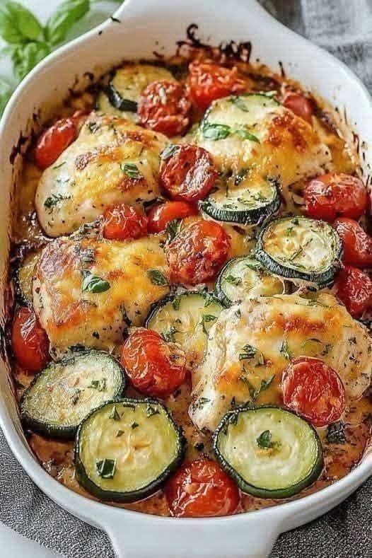Baked Chicken Zucchini Tomato Melt There are nights when I want a dinner that feels homemade, comforting, and a little indulgent—but I definitely don't want a sink full of dishes afterward. That's exactly where this Baked Chicken Zucchini Tomato Melt comes in. I love recipes like this because they turn a few simple ingredients into something that feels like a complete meal. Juicy seasoned chicken is layered with tender zucchini and sweet tomatoes, then everything gets covered with a generous blanket of melted mozzarella and Parmesan. When that cheese starts bubbling and turning golden around the edges, the whole kitchen smells incredible. I first made this on one of those evenings when I had chicken and a few vegetables sitting in the refrigerator and wasn't quite sure what to do with them. Instead of making separate sides, I decided to put everything together in one baking dish. It worked beautifully. The zucchini becomes tender, the tomatoes release their juices into the dish, and the cheese melts over everything like a cozy little blanket. Similar baked chicken recipes use this same basic combination of chicken, zucchini, tomatoes, herbs, and mozzarella, with the vegetables helping create a flavorful, juicy casserole. And now it's one of those dinners I come back to whenever I need something easy that everyone will actually enjoy. ❤️ Why You'll Love This Chicken Bake One-dish dinner: Less cleanup and fewer dishes. Juicy and cheesy: The chicken stays tender underneath all those flavorful vegetables and melted cheese. Packed with vegetables: Zucchini and tomatoes make the dish colorful and satisfying. Simple ingredients: Nothing fancy or difficult to find. Family-friendly: Even picky eaters tend to love the cheesy topping. Perfect for busy weeknights: Most of the preparation takes just a few minutes. Naturally low-carb: There are no breadcrumbs, pasta, or flour in the basic recipe. Great leftovers: It reheats beautifully for lunch the next day. 🛒 Ingredients You'll Need For the Chicken 4 boneless, skinless chicken breasts 2 tablespoons olive oil 1 teaspoon Italian seasoning 1 teaspoon garlic powder 1/2 teaspoon paprika 1/2 teaspoon salt 1/4 teaspoon black pepper For the Vegetables 2 medium zucchini, sliced into 1/4-inch rounds 1 1/2 cups cherry tomatoes, halved 1/2 small red onion, thinly sliced 2 garlic cloves, minced 1 tablespoon olive oil 1/2 teaspoon Italian seasoning 1/4 teaspoon salt 1/4 teaspoon black pepper For the Cheesy Melt 1 cup shredded mozzarella cheese 1/2 cup freshly grated Parmesan cheese 2 tablespoons chopped fresh basil Optional: pinch of red pepper flakes 🍗 How to Make Baked Chicken Zucchini Tomato Melt Step 1: Preheat the Oven Preheat your oven to 400°F (200°C). Lightly grease a 9×13-inch baking dish with olive oil or nonstick cooking spray. A 400°F oven works particularly well for this style of chicken-and-zucchini bake, allowing the vegetables to soften while the cheese melts and the chicken cooks through. Step 2: Prepare the Chicken If your chicken breasts are very thick, carefully slice them horizontally to create thinner cutlets. You can also gently pound them to an even thickness. This helps the chicken cook at the same rate as the vegetables. Pat the chicken dry with paper towels. In a small bowl, combine the olive oil, Italian seasoning, garlic powder, paprika, salt, and black pepper. Rub the mixture all over the chicken breasts. Set aside while you prepare the vegetables. Step 3: Prepare the Zucchini and Tomatoes Place the sliced zucchini, halved cherry tomatoes, and red onion in a large bowl. Add the olive oil, Italian seasoning, salt, pepper, and minced garlic. Toss everything together until the vegetables are evenly coated. Don't skip this little step. Seasoning the vegetables before they go into the oven makes a huge difference in the finished dish. Step 4: Layer the Vegetables Spread the seasoned zucchini and onion across the bottom of the baking dish. Scatter the cherry tomatoes over the top. Try to keep everything in a fairly even layer. The vegetables will shrink as they bake, so don't worry if the dish looks quite full at this point. Step 5: Add the Chicken Place the seasoned chicken breasts over the vegetables. If you have smaller pieces, tuck them between the larger pieces so everything cooks evenly. Drizzle any remaining seasoning mixture from the bowl over the chicken. Step 6: Bake the Chicken and Vegetables Cover the baking dish loosely with aluminum foil. Bake for approximately 20 minutes. Then carefully remove the foil. At this point, check the chicken's internal temperature. Continue baking uncovered for another 5–10 minutes, or until the chicken reaches 165°F (74°C) at its thickest point. The exact timing will depend on the thickness of your chicken. Step 7: Add the Cheese Once the chicken is cooked through, remove the baking dish from the oven. Sprinkle the mozzarella evenly over the chicken and vegetables. Then add the Parmesan. Don't be shy here. That cheesy layer is the whole reason we're calling this a melt. Step 8: Bake Until Golden Return the uncovered baking dish to the oven. Bake for another 5–8 minutes, until the mozzarella is melted and bubbling. For a more golden top, switch the oven to broil for the final 1–2 minutes. Watch it closely—cheese can go from beautifully golden to burned surprisingly quickly. Step 9: Rest and Garnish Remove the dish from the oven and let it rest for about 5 minutes. Sprinkle with fresh basil and, if you like a little heat, red pepper flakes. Then serve. The hardest part is waiting those five minutes. 🧀 The Secret to a Really Good Cheese Melt I recommend using freshly grated mozzarella if you have it. It melts beautifully and gives you those lovely stretchy, cheesy bites. For even more flavor, use a combination of: Mozzarella + Parmesan The mozzarella provides the creamy melt, while Parmesan gives the top a savory, slightly nutty flavor and helps create those golden edges. This mozzarella-and-Parmesan combination is also commonly used in chicken-zucchini bakes. 🍅 Don't Skip the Tomatoes The tomatoes aren't just there for color. As they bake, they soften and release their juices, which mingle with the seasoned chicken and zucchini. That's what gives the bottom of the dish its wonderful savory-sweet flavor. Cherry tomatoes work particularly well because they become juicy and slightly roasted while still retaining some texture. You can also use larger ripe tomatoes cut into wedges or thick slices. ⭐ Tips for the Best Chicken Zucchini Tomato Melt Don't slice the zucchini too thin Very thin zucchini can become mushy. Aim for roughly 1/4-inch slices so they become tender without completely falling apart. Pat the zucchini dry If your zucchini is particularly watery, pat the slices dry before seasoning. This helps prevent excess liquid from accumulating in the baking dish. Don't overcrowd the dish You want the vegetables to roast rather than steam. If your baking dish is very crowded, use a slightly larger dish. Use similar-sized chicken pieces Evenly sized chicken cooks more consistently and helps prevent some pieces from becoming dry while thicker pieces are still cooking. Use a thermometer The safest way to determine when chicken is done is to check that the thickest part reaches 165°F (74°C). Let it rest Give the casserole about five minutes after baking. The juices settle, the cheese cools slightly, and the whole dish becomes easier to serve. 🌶️ Easy Variations Spicy Chicken Zucchini Melt Add 1/2 teaspoon red pepper flakes to the chicken seasoning. You can also drizzle a little hot sauce over the finished dish. Italian-Style Version Add: Fresh basil Extra oregano A few sliced olives Parmesan A drizzle of balsamic glaze after baking Creamy Version Add small spoonfuls of cream cheese or ricotta between the vegetables before adding the chicken. The result is richer and extra comforting. Mediterranean Version Add: Kalamata olives Feta Red onion Oregano Fresh parsley A Mediterranean-style chicken zucchini bake can also be assembled with chicken, zucchini, tomatoes, onion, garlic, feta, and mozzarella before baking. Mushroom Version Add 1 cup sliced mushrooms along with the zucchini. For best results, sauté the mushrooms briefly first so they don't release too much moisture into the casserole. Pesto Melt Spread a thin layer of basil pesto over each chicken breast before adding the mozzarella. This is one of my favorite variations for summer. 🍽️ What to Serve with It Because you've already got chicken and vegetables in the dish, you don't need much on the side. Try: Garlic bread Cauliflower rice Brown rice Quinoa Roasted potatoes Couscous Simple green salad Garlic green beans Crusty sourdough If you're keeping things low-carb, a simple arugula salad or cauliflower rice makes a great pairing. For a more substantial family dinner, serve it with warm bread and a big green salad. 🥗 Make It a Complete Meal For an easy dinner plate, I like: Baked Chicken Zucchini Tomato Melt Simple green salad Garlic bread That's all you need. The chicken provides the protein, the zucchini and tomatoes bring the vegetables, and the melted cheese makes everything feel comforting and satisfying. 🧊 Can You Make It Ahead? Yes. You can prepare the chicken and vegetables several hours ahead of time. Assemble everything in the baking dish, cover tightly, and refrigerate. When you're ready to cook, take the dish out of the refrigerator while the oven preheats. You may need to add a few extra minutes to the baking time because the ingredients will be cold. For the best texture, add the cheese toward the end rather than letting it sit on top for the entire baking time. 🧊 How to Store Leftovers Let the leftovers cool before transferring them to an airtight container. Refrigerate for up to 4 days. This type of chicken-zucchini bake can be stored refrigerated for several days; similar recipes recommend airtight storage for up to four days. Reheating For the best results, reheat individual portions in a 350°F oven until warmed through. You can also use an air fryer for smaller portions. The microwave works when you're in a hurry, although the zucchini will be softer. ❄️ Can You Freeze It? You can, but I don't recommend freezing the complete assembled casserole if you're looking for the best vegetable texture. Zucchini contains a lot of water, so it can become quite soft after freezing and thawing. If you do freeze leftovers, cool them completely, portion them into freezer-safe containers, and use within about 2 months for best quality. Thaw overnight in the refrigerator and reheat gently. ❓ Frequently Asked Questions Can I use chicken thighs? Absolutely. Boneless, skinless chicken thighs work wonderfully here and tend to stay very juicy. Just make sure they reach 165°F internally. Can I use frozen zucchini? Fresh zucchini is preferable. Frozen zucchini releases more water and can make the casserole watery. If frozen is all you have, thaw it completely and squeeze out as much excess moisture as possible before using. Can I use regular tomatoes instead of cherry tomatoes? Yes. Roma tomatoes are particularly good because they're relatively firm and contain less moisture. Slice them into wedges or thick rounds. Can I use cheddar cheese? Definitely. Cheddar gives the dish a stronger, sharper flavor. For a classic Italian-inspired version, though, mozzarella and Parmesan are my favorites. Why is my casserole watery? The most common culprit is excess moisture from zucchini or tomatoes. Slice the zucchini moderately thin, avoid overcrowding the dish, and use firm tomatoes. Also, let the finished casserole rest for a few minutes before serving. Can I make this keto? Yes. The basic recipe contains chicken, zucchini, tomatoes, cheese, olive oil, and seasonings, with no flour, breadcrumbs, or pasta. If you're following a strict ketogenic plan, calculate the carbohydrates using the exact brands and quantities you use. Can I add breadcrumbs? You can, although they aren't necessary. For a crunchy topping, combine a small amount of breadcrumbs with Parmesan and sprinkle it over the cheese before the final bake. 📝 Recipe at a Glance Prep Time: 15 minutes Bake Time: 30–35 minutes Resting Time: 5 minutes Total Time: About 50–55 minutes Servings: 4 Ingredients Chicken: 4 boneless, skinless chicken breasts 2 tablespoons olive oil 1 teaspoon Italian seasoning 1 teaspoon garlic powder 1/2 teaspoon paprika 1/2 teaspoon salt 1/4 teaspoon black pepper Vegetables: 2 medium zucchini, sliced 1 1/2 cups cherry tomatoes, halved 1/2 small red onion, sliced 2 garlic cloves, minced 1 tablespoon olive oil 1/2 teaspoon Italian seasoning 1/4 teaspoon salt 1/4 teaspoon black pepper Cheese: 1 cup shredded mozzarella 1/2 cup grated Parmesan 2 tablespoons fresh basil Instructions Preheat oven to 400°F (200°C) and grease a 9×13-inch baking dish. Season chicken with olive oil, Italian seasoning, garlic powder, paprika, salt, and pepper. Toss zucchini, tomatoes, onion, and garlic with olive oil and seasonings. Spread the vegetables in the baking dish. Place the seasoned chicken over the vegetables. Cover loosely with foil and bake for about 20 minutes. Remove the foil and continue baking until the chicken reaches 165°F. Sprinkle mozzarella and Parmesan over the chicken and vegetables. Bake uncovered for another 5–8 minutes, until the cheese is melted and bubbly. Broil for 1–2 minutes if you want a golden top. Rest for 5 minutes. Garnish with fresh basil and serve warm. ❤️ Final Thoughts This Baked Chicken Zucchini Tomato Melt is exactly the kind of recipe I want in my weeknight rotation. It doesn't require complicated ingredients or a lot of kitchen time, but somehow it still feels like you've made something special. The chicken is tender, the zucchini becomes soft and flavorful, the tomatoes turn sweet and juicy, and then there's that golden blanket of mozzarella and Parmesan over the whole thing. It's warm, colorful, comforting, and satisfying without feeling overly heavy. I especially love making this when the refrigerator is full of summer zucchini and tomatoes. It feels like one of those recipes that turns everyday ingredients into a dinner everyone gathers around the table for. And if there's a little melted cheese left around the edges of the baking dish? That's mine. I'm not even pretending otherwise. ❤️