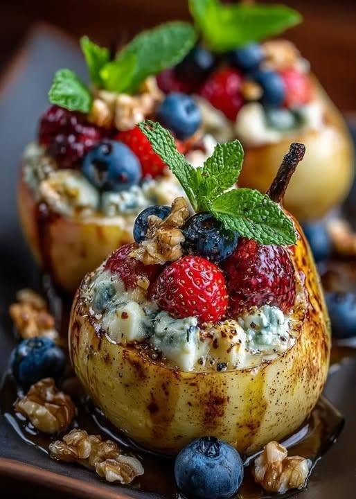Baked Pears with Berries, Honey, Walnuts & Blue Cheese There are recipes that are delicious, and then there are recipes that make you pause after the first bite because the combination is just unexpectedly wonderful. These Baked Pears with Berries, Honey, Walnuts & Blue Cheese are definitely in that second category. I first loved the idea of pairing warm pears with something salty and creamy. Pears naturally become softer and sweeter in the oven, and when you add tart berries, toasted walnuts, a little honey, and crumbled blue cheese, you get this beautiful balance of sweet, tangy, creamy, and crunchy. It's one of those dishes I like making when I want something that feels a little special without spending hours in the kitchen. It would be lovely for a relaxed weekend dinner, a holiday gathering, or even a quiet evening when you're craving something different. And the presentation is gorgeous. You simply place the pear halves on a platter, spoon the jewel-colored berries over the top, scatter the walnuts and blue cheese around them, and finish everything with a golden drizzle of honey. It looks elegant enough for company but is easy enough for an ordinary night at home. ❤️ Why You'll Love These Baked Pears Sweet and savory: Honey and pears balance the salty blue cheese beautifully. Wonderful texture: Soft baked pears, juicy berries, crunchy walnuts, and creamy cheese. Simple ingredients: You don't need a long shopping list. Beautiful presentation: The berries make the finished dish look especially pretty. Flexible: Serve it as an appetizer, side dish, light dessert, or part of a brunch spread. Easy entertaining: Most of the preparation can be done ahead of time. Baked pears with cheese and honey are a classic sweet-savory pairing, and Bosc pears are particularly useful because they hold their shape well during baking. 🛒 Ingredients For the Pears 4 firm-ripe Bosc or Bartlett pears 2 tablespoons unsalted butter, melted 1/2 teaspoon ground cinnamon 1 tablespoon fresh lemon juice Pinch of salt For the Berry Filling 1 cup mixed fresh berries 1/2 cup blueberries 1/2 cup raspberries 1/4 cup blackberries, optional 2 tablespoons honey 1 teaspoon lemon zest 1/2 teaspoon cinnamon For the Topping 1/2 cup walnuts, roughly chopped 3 oz (85 g) blue cheese, crumbled 2–3 tablespoons honey, for drizzling 1 tablespoon fresh thyme leaves, optional Pinch of flaky sea salt, optional Freshly cracked black pepper, optional Optional for Serving Plain Greek yogurt Vanilla ice cream Whipped ricotta Mascarpone Arugula or mixed greens 👩‍🍳 How to Make Baked Pears with Berries, Honey, Walnuts & Blue Cheese Step 1: Preheat the Oven Preheat your oven to 375°F (190°C). Lightly grease a baking dish large enough to hold the eight pear halves in a single layer. Step 2: Prepare the Pears Wash the pears and cut them in half lengthwise. Using a small spoon or melon baller, scoop out the core and seeds from each half, creating a little cavity in the center. If the rounded bottoms make the pears wobble, carefully trim off a very thin slice so they sit flat in the baking dish. Brush the cut sides with melted butter. Then rub them lightly with lemon juice and sprinkle with cinnamon. The lemon helps brighten the flavor while the cinnamon gives the pears a subtle warmth. Step 3: Toast the Walnuts Place the chopped walnuts in a dry skillet over medium-low heat. Toast for approximately 3–5 minutes, stirring frequently. As soon as they smell nutty and fragrant, remove them from the heat. Be careful here. Walnuts can go from perfectly toasted to bitter quite quickly. Let them cool slightly before assembling the pears. 🫐 Step 4: Prepare the Berries Add the blueberries, raspberries, and blackberries to a small bowl. Gently toss them with: 2 tablespoons honey lemon zest 1/2 teaspoon cinnamon Don't stir too aggressively—you want the berries to remain mostly intact. If your berries are particularly sweet, you can reduce the honey slightly. 🍐 Step 5: Fill the Pears Arrange the pear halves cut-side up in your prepared baking dish. Spoon a little of the berry mixture into the center of each pear. Don't overfill them. The berries will soften and release some juice as they bake. Scatter a small amount of toasted walnut over each pear. 🧀 Step 6: Add the Blue Cheese Crumble the blue cheese over the pears. I recommend using a moderately creamy blue cheese rather than one that is extremely sharp. Gorgonzola dolce is a particularly good choice if you want a softer, milder blue-cheese flavor. Gorgonzola dolce is generally softer and sweeter than more intensely aged varieties. If you already love strong blue cheese, Stilton or Roquefort can make the dish much bolder. 🍯 Step 7: Drizzle With Honey Drizzle about 1 tablespoon of honey over the pears. Don't use too much at this stage—you can always add more after baking. Place the baking dish in the oven. 🔥 Step 8: Bake Bake for approximately 25–30 minutes. The pears should be tender when pierced with a knife but still hold their shape. The berries should be soft and juicy, the walnuts lightly toasted, and the cheese warm and slightly melted around the edges. For firmer pears, start checking around 22–25 minutes. For softer, more caramelized pears, you may need closer to 30–35 minutes depending on their size and ripeness. ✨ Step 9: Finish and Serve Remove the pears from the oven and let them cool for 5 minutes. Transfer them carefully to a serving platter. Spoon some of the warm berry juices over the pears. Drizzle generously with the remaining honey. Then finish with: toasted walnuts fresh thyme a tiny pinch of flaky sea salt freshly cracked black pepper, if desired That final little drizzle of honey is what brings all the flavors together. 🌿 A Little Note About the Flavor At first glance, blue cheese and pears might sound like an unusual combination. But that's exactly why it works. The pears become naturally sweeter and softer as they bake. The berries add acidity and freshness. Honey brings another layer of sweetness, while blue cheese contributes saltiness, creaminess, and a little funk. Then you get the walnuts. That crunch is essential. Without them, the dish would be soft all the way through. With them, every bite has something different going on. It's a simple example of balancing sweet + salty + creamy + crunchy + tart in one dish. 💡 My Best Tips Choose firm pears Don't use pears that are already extremely soft. They can become mushy before the other ingredients have finished baking. Bosc pears are an especially good option because they tend to retain their shape in the oven. Don't skip the walnuts Toasting them first makes a noticeable difference. It intensifies their nutty flavor and gives the finished dish much better texture. Use berries that aren't overly ripe Slightly firm berries hold their shape better during baking. Very soft raspberries can disappear into the pear, which isn't necessarily bad, but you won't get quite as much visual contrast. Go easy on the blue cheese Blue cheese has a strong personality. A little goes a long way, especially if you're serving this as a dessert. Taste your honey Some honey is floral and delicate while other varieties are much stronger. A mild honey lets the pear and berries shine, while a darker honey creates a more intense savory-sweet flavor. 🧀 Which Blue Cheese Should You Use? There are several good options. Gorgonzola Dolce Creamy, soft, and relatively mild. Best for: People who aren't huge fans of strong blue cheese. Stilton Rich, crumbly, and more pronounced. Best for: A classic bold sweet-savory combination. Roquefort Sharp, salty, and intensely flavored. Best for: Blue-cheese lovers. Danish Blue Creamy and tangy with a strong but approachable flavor. Best for: A middle ground between mild and intense. 🍓 Easy Variations Cranberry & Pear Replace some of the fresh berries with dried cranberries. The tartness works beautifully with the honey and blue cheese. Apple & Pear Add thin slices of apple alongside the pears. Bake until both fruits are tender. Pecan Version Replace the walnuts with toasted pecans for a slightly sweeter, buttery flavor. Goat Cheese Version If blue cheese is too strong for you, substitute soft goat cheese. You'll still get the creamy salty contrast without the intense blue-cheese flavor. Hot Honey Pears Mix a pinch of red pepper flakes into the honey before drizzling. The tiny bit of heat is fantastic with the creamy cheese. Balsamic Finish Add a very small drizzle of balsamic glaze just before serving. The acidity works particularly well with the berries and blue cheese. 🥗 How to Serve Baked Pears This recipe is wonderfully versatile. As an Appetizer Place each baked pear half over a bed of arugula or mixed greens. Drizzle with honey and serve warm. The combination of baked pears, blue cheese, and walnuts also works beautifully as a salad topping. Similar pear-and-cheese preparations are commonly served with greens and a light dressing. As a Side Dish Serve alongside: Roast chicken Pork tenderloin Turkey Roast beef Holiday ham The sweetness of the pears makes a lovely contrast to savory roasted meats. As a Light Dessert Serve warm with a spoonful of vanilla ice cream or Greek yogurt. The cold, creamy topping melting against the warm pear is absolutely delicious. For Brunch Add the pears to a breakfast or brunch spread alongside yogurt, granola, toasted bread, and fresh fruit. 🥂 For a Dinner Party This is one of those dishes that looks much more complicated than it actually is. You can prepare the pears, walnuts, and berry mixture ahead of time. When your guests are nearly ready for dessert—or when you're ready to serve the appetizer—assemble and bake. Bring the whole baking dish to the table or arrange the pears individually on a platter. Add the honey drizzle at the very last moment. It makes the dish look beautiful. 🧊 Make-Ahead Instructions You can prepare several components ahead of time. Up to 1 day ahead: Cut and core the pears. Toast the walnuts. Prepare the berry mixture. Crumble the blue cheese. Store everything separately in the refrigerator. When ready to bake, assemble the pears and continue with the recipe. For the freshest texture, I recommend baking them shortly before serving. 🥡 How to Store Leftovers Place leftover pears in an airtight container and refrigerate for up to 2–3 days. The texture will become softer as they sit, but they're still delicious. To reheat, place them in a baking dish and warm at 325°F (165°C) for approximately 10–15 minutes. You can also reheat individual portions gently in the microwave. Add fresh walnuts and another drizzle of honey after reheating to bring back some of the original texture. ❓ Frequently Asked Questions Can I use canned pears? Fresh pears are definitely better for this recipe. Canned pears are already soft and can become mushy during baking. If canned pears are your only option, drain them extremely well and reduce the baking time significantly. What pears are best? Bosc pears are my first choice because they hold their shape well. Firm Bartlett pears can also work beautifully. Can I use frozen berries? Yes. You don't necessarily need to thaw them first, but expect them to release more juice. Add a few extra minutes of baking time if needed. Can I leave out the blue cheese? Absolutely. Goat cheese, feta, or even mascarpone can be used instead. Can I use pecans instead of walnuts? Yes. Pecans are an excellent substitute and give the dish a slightly sweeter, buttery character. Is this a dessert or an appetizer? It can be either! For an appetizer, serve the pears with greens and a little extra blue cheese. For dessert, serve them with vanilla ice cream or Greek yogurt and an additional honey drizzle. Can I make this without butter? Yes. Use a little olive oil or melted coconut oil instead. How do I keep the pears from falling apart? Start with firm pears and don't overbake them. Check them with a knife around the 22–25 minute mark and remove them once they're tender but still structurally intact. 📝 Recipe at a Glance Recipe: Baked Pears with Berries, Honey, Walnuts & Blue Cheese Prep Time: 15 minutes Bake Time: 25–30 minutes Rest Time: 5 minutes Total Time: About 45–50 minutes Servings: 8 pear halves Oven Temperature: 375°F (190°C) Ingredients Pears 4 firm-ripe pears 2 tbsp melted butter 1/2 tsp cinnamon 1 tbsp lemon juice Pinch of salt Berry Filling 1 cup mixed berries 2 tbsp honey 1 tsp lemon zest 1/2 tsp cinnamon Topping 1/2 cup toasted walnuts 3 oz blue cheese 2–3 tbsp honey Fresh thyme Optional flaky salt and black pepper Directions Heat oven to 375°F. Halve and core the pears. Brush with butter and lemon juice; sprinkle with cinnamon. Toast walnuts for 3–5 minutes. Toss berries with honey, lemon zest, and cinnamon. Fill pear cavities with berries. Add walnuts and blue cheese. Drizzle lightly with honey. Bake 25–30 minutes, until tender. Rest 5 minutes. Finish with honey, walnuts, thyme, and optional flaky salt. Serve warm. ❤️ Final Thoughts I love recipes like this because they remind me that special food doesn't always require complicated cooking. A few pears, a handful of berries, some toasted walnuts, a little honey, and a good blue cheese can turn into something that feels incredibly elegant. The first bite gives you that soft, warm pear and juicy berry sweetness. Then the blue cheese comes through with its salty tang, followed by the crunch of toasted walnuts. And then there's that final little drizzle of honey. It's cozy without being heavy, beautiful without being fussy, and just unusual enough to make people ask, “What did you put in these?” Serve them warm and let everyone spoon up a little of the berry juices from the bottom of the dish. Sometimes the simplest combinations really are the most memorable.