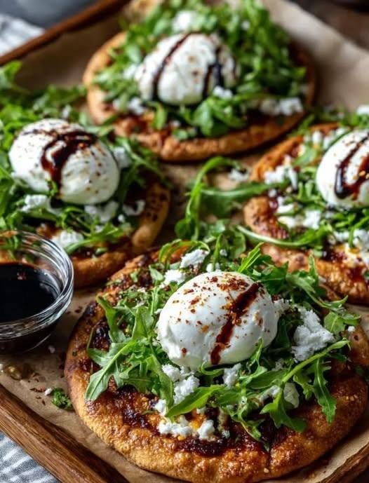 Crispy Burrata Arugula Pita Pizzas There are days when I want pizza, but I don't want to make pizza dough. I don't want to wait for yeast to rise, flour the whole kitchen, or spend an hour trying to get the crust just right. That's when these Crispy Burrata Arugula Pita Pizzas come to the rescue. They're ridiculously easy, but they don't taste like a shortcut. The pita becomes wonderfully crisp around the edges, the cheese gets warm and melty, and then everything is finished with creamy burrata, fresh peppery arugula, and a drizzle of balsamic glaze. It's one of those meals that looks beautiful enough to serve to guests but is easy enough to make when you're just feeding yourself on a Tuesday night. I especially love making these on weekends. I'll put a few pitas on a baking sheet, get the oven nice and hot, and have dinner ready before anyone has time to ask, "What's for dinner?" And somehow, every time I make them, everyone gathers around the kitchen waiting for the first slice. The combination is just so good. Crispy + creamy + peppery + tangy + slightly sweet. What's not to love? ❤️ Why You'll Love These Pita Pizzas They're incredibly easy There is no homemade dough involved. Store-bought pita does all the work. The texture is amazing The pita gets crisp and golden in the oven while the cheese becomes bubbly and creamy. Burrata makes them feel special Burrata has a soft, creamy center that melts beautifully when warmed gently. It makes a simple pita pizza feel like something you'd order at a little neighborhood restaurant. Arugula adds freshness The peppery bite of fresh arugula cuts through the richness of the cheese perfectly. Similar burrata-and-arugula flatbreads often use fresh arugula as a finishing topping rather than baking it for a long time. Dinner is ready fast From start to finish, you're looking at roughly 20–25 minutes. 🛒 Ingredients You'll Need Pita Bread Use sturdy 6- to 8-inch pita breads. Whole-wheat pita works especially well, but regular pita is delicious too. Choose pitas that aren't extremely thick. A thinner pita tends to crisp up beautifully in the oven. Burrata This is the star ingredient. You'll want about 8 ounces of burrata, either as two smaller balls or one large ball. Drain it well before using. Mozzarella A little shredded mozzarella gives the pita pizzas a dependable melted-cheese layer underneath the burrata. Fresh mozzarella can also work, but low-moisture shredded mozzarella helps the pita stay crisp. Arugula Use fresh baby arugula. Don't put all of it on before baking. Adding it after the pita comes out of the oven keeps it fresh, bright, and slightly crisp. Marinara or Pizza Sauce You don't need much. A thin layer is all you need because too much sauce can make the pita soft instead of crispy. Olive Oil A light brushing of olive oil helps the pita edges turn golden and crisp. Balsamic Glaze This is technically optional, but I wouldn't skip it. The sweet-tangy balsamic glaze is fantastic with creamy burrata and peppery arugula. Seasonings Keep it simple: Salt Black pepper Crushed red pepper flakes, optional 🍕 Ingredients Serves: 4 Prep Time: 10 minutes Cook Time: 8–10 minutes Total Time: About 20 minutes 4 pita breads 1 tablespoon extra-virgin olive oil ¾ cup marinara or pizza sauce 1½ cups shredded low-moisture mozzarella 8 ounces burrata, drained and torn into pieces 2 cups fresh baby arugula 2 tablespoons balsamic glaze Salt and freshly ground black pepper, to taste Crushed red pepper flakes, optional 👩‍🍳 How to Make Crispy Burrata Arugula Pita Pizzas Step 1: Heat the Oven Preheat your oven to 425°F (220°C). Place a large baking sheet in the oven while it preheats if you want an especially crisp bottom. A hot baking surface helps the pita begin crisping immediately. Step 2: Prepare the Pitas Place the pitas on a baking sheet. Brush each one lightly with olive oil. Don't soak them. A thin coating is plenty. Then spread a thin layer of marinara or pizza sauce over each pita, leaving a small border around the edge. I like to leave about ½ inch around the outside so that border becomes beautifully crisp. Step 3: Add the Mozzarella Sprinkle the shredded mozzarella evenly over the sauce. Don't pile it too heavily. The goal is a thin, even layer of cheese so the pita remains crispy instead of becoming weighed down. Step 4: Add the Burrata Gently tear the burrata into pieces and scatter it over the mozzarella. Some pieces will be firmer and some will be wonderfully creamy. That's exactly what you want. Season lightly with black pepper. Save some of the creamy burrata center to spoon over the pizzas after baking if you want an extra-luxurious finish. Step 5: Bake Bake for approximately 8–10 minutes, or until the cheese is bubbling and the pita edges are deeply golden and crisp. Keep an eye on them during the final couple of minutes. Pitas can go from golden to over-browned quickly. The general pita-pizza method works because the pita cooks quickly at a high oven temperature, giving you a crisp base without the long baking time of traditional pizza dough. Step 6: Add the Arugula Remove the pizzas from the oven. Immediately scatter the fresh arugula over the top. The heat from the pizza will soften the arugula just slightly while leaving it fresh and peppery. This is one of my favorite parts. You get that contrast between the hot, crispy pizza and the cool, fresh greens. Step 7: Finish With Balsamic Drizzle each pizza with balsamic glaze. Then add a little freshly cracked black pepper and, if you like heat, a pinch of red pepper flakes. Cut into wedges and serve immediately. ✨ The Secret to Really Crispy Pita Pizza The biggest mistake you can make with pita pizza is adding too much wet topping. Remember, pita is much thinner than traditional pizza dough. So: Thin sauce. Moderate cheese. High heat. Don't overload it. If you want an even crispier crust, bake the pita with just olive oil for about 2–3 minutes before adding the sauce and toppings. That gives the bottom a little head start. 🥗 What to Serve With Burrata Pita Pizza These pizzas are filling enough for lunch or a light dinner, but I love serving them with something fresh on the side. Try: Simple lemony green salad Tomato cucumber salad Roasted vegetables Italian chopped salad White bean salad Tomato basil salad Vegetable soup Lentil soup For a casual weekend meal, I usually put the pita pizzas on a big board alongside a simple salad. Everyone can grab a slice whenever they're ready. 🌿 Easy Variations Burrata, Tomato & Arugula Add thinly sliced cherry tomatoes before baking. The tomatoes become soft and jammy while the arugula stays fresh on top. Burrata & Prosciutto Add thin slices of prosciutto after baking. The salty prosciutto is a natural match for creamy burrata and peppery arugula. Similar flatbread recipes pair these three ingredients together for a quick, restaurant-style meal. Fig & Burrata Pita Pizza Spread a very thin layer of fig jam underneath the cheese. Finish with arugula and balsamic glaze. The sweet fig flavor is wonderful with the creamy cheese. Spicy Burrata Pizza Add crushed red pepper flakes before baking and drizzle with hot honey afterward. The sweet heat is incredible with burrata. Mushroom Burrata Pizza Sauté thinly sliced mushrooms first, then add them to the pita before baking. Don't add raw mushrooms in a thick layer because their moisture can make the pita softer. Pesto Burrata Pizza Replace the marinara with a thin layer of pesto. Add mozzarella and burrata, bake, then finish with arugula and balsamic glaze. 💡 My Best Tips Dry your burrata Burrata is wonderfully creamy, but excess moisture can soften your pita. Let it drain for a few minutes before using. Don't overload the sauce A little sauce goes a long way. Add arugula after baking This keeps it bright and fresh instead of wilted and overcooked. Use a hot oven The high temperature is what helps the pita become crisp while the cheese melts quickly. Watch the edges The thin pita edges brown quickly. If they're getting dark before the cheese is bubbly, reduce the cooking time slightly. Let them cool for just a minute Give the pizzas a minute or two before cutting. Not long enough to cool them down—just enough for the cheese to settle slightly. 🥡 Can You Make These Ahead? You can prep the ingredients ahead of time, but I recommend baking the pizzas just before serving. You can: Wash and dry the arugula. Drain and portion the burrata. Shred the mozzarella. Measure the sauce. Prepare the pita bases. Then assemble and bake when you're ready. This makes them especially convenient when you're having friends over. 🧊 How to Store Leftovers If you have leftover pita pizza, store it in an airtight container in the refrigerator for up to 2 days. Keep the arugula separate if possible. When you're ready to eat, reheat the pizza in a 375°F oven or air fryer until the pita is crisp and the cheese is warmed through. Add fresh arugula and balsamic glaze afterward. I wouldn't recommend microwaving these if you want to preserve the crispy texture. The microwave tends to make pita soft. ❓ Frequently Asked Questions Can I use naan instead of pita? Absolutely. Naan will give you a slightly softer, chewier base, while pita tends to become thinner and crispier. Can I make these without marinara? Yes. Try pesto, olive oil and garlic, or even a very thin layer of ricotta. Burrata itself is creamy enough that you don't necessarily need a traditional pizza sauce. Does burrata go on pizza before or after baking? Either method can work. For this recipe, some burrata is baked gently with the mozzarella while fresh burrata can also be added after baking for an especially creamy finish. Different burrata flatbread recipes use both approaches. Why is my pita pizza soggy? Usually it's because there is too much sauce, too many wet toppings, or the pita wasn't baked at a high enough temperature. Use a thin layer of sauce and avoid overcrowding. Can I make this gluten-free? Yes. Use certified gluten-free pita bread. The toppings themselves can be naturally gluten-free, but always check the labels of your packaged sauce and other ingredients. Can I use regular mozzarella instead of burrata? Yes, although you won't get the same creamy center. Fresh mozzarella is a good substitute. Can I use baby spinach instead of arugula? Definitely. The flavor will be milder, but spinach works beautifully as a topping. What can I use instead of balsamic glaze? Try a drizzle of balsamic vinegar, hot honey, or a little extra-virgin olive oil. 📝 Recipe at a Glance Recipe: Crispy Burrata Arugula Pita Pizzas Prep Time: 10 minutes Bake Time: 8–10 minutes Total Time: About 20 minutes Servings: 4 Main Ingredients Pita bread Marinara sauce Mozzarella Burrata Fresh arugula Olive oil Balsamic glaze Best Part Crispy pita + melted cheese + creamy burrata + peppery arugula + sweet balsamic. ❤️ The Pizza I Make When I Want Something Easy but Special I have a soft spot for recipes that make an ordinary evening feel a little more special without requiring much effort. That's exactly what these pita pizzas do. I can imagine making them after a long day when I want something comforting but don't want to spend the evening cooking. Or on a weekend when everyone is hungry and we want something we can eat casually around the kitchen table. The first bite is always my favorite. You get the crunch of the pita first. Then the warm, stretchy cheese. Then that ridiculously creamy burrata. And finally, the peppery arugula and sweet balsamic come through. It's such a simple combination, but every ingredient has a job. And that's what makes it work. If you're serving these to family, I recommend putting all four pizzas on a big board and letting everyone grab their own slices. If you're making them for yourself, honestly, make two. You'll be glad you did. Crispy, creamy, fresh, and ready in about 20 minutes—this is the kind of easy pizza recipe you'll find yourself making again and again.