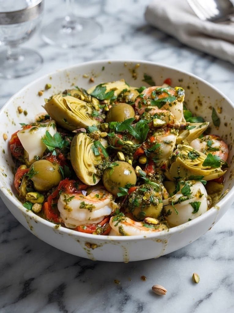 🍋 Keto Marinated Lemon-Herb Shrimp, Artichokes, and Olives There are some recipes that make me feel like I should be sitting somewhere near the Mediterranean, with the windows open and a cold drink on the table. This Keto Marinated Lemon-Herb Shrimp, Artichokes, and Olives is one of those recipes. I love making it when I'm craving something fresh and flavorful but don't want a heavy meal. The shrimp are marinated in bright lemon juice, olive oil, garlic, oregano, and fresh herbs, then paired with tender artichoke hearts and salty olives. It's simple, colorful, and incredibly satisfying. I first made this on a weekend when I wanted something that felt special without spending the entire afternoon cooking. I had shrimp in the refrigerator, a jar of artichokes in the pantry, and some olives that needed using. Once the lemon and garlic hit the bowl, I knew I was onto something. By the time everything was finished, the kitchen smelled amazing. My family kept sneaking bites straight from the serving bowl, which is usually my favorite kind of review. What I especially love is that this recipe can be served warm as a dinner, chilled as a salad, or at room temperature as an appetizer. It's one of those recipes that works just as well for a quiet family meal as it does for entertaining. And because it's naturally low in carbohydrates, it's an especially easy choice when you're looking for a flavorful keto dinner without complicated substitutions. ❤️ Why You'll Love This Recipe Fresh lemon gives the shrimp a bright, clean flavor. Garlic and herbs make the marinade incredibly aromatic. Artichokes add a tender, slightly tangy bite. Kalamata olives provide salty, briny contrast. Everything comes together in about 30 minutes. It's naturally low-carb and keto-friendly. You can serve it warm or chilled. It's perfect for meal prep. No pasta, rice, or bread is needed. It feels light but is still satisfying. Mediterranean-style shrimp recipes commonly combine shrimp with lemon, olive oil, oregano, artichokes, and olives, making this combination especially natural for a keto meal. 🛒 Ingredients You'll Need For the Lemon-Herb Shrimp 1½ pounds large shrimp, peeled and deveined ¼ cup extra-virgin olive oil 2 tablespoons fresh lemon juice 1 teaspoon finely grated lemon zest 3 cloves garlic, finely minced 1 teaspoon dried oregano 1 teaspoon dried thyme 2 tablespoons fresh parsley, chopped 1 tablespoon fresh dill, chopped ½ teaspoon red pepper flakes, optional ¾ teaspoon kosher salt ½ teaspoon freshly ground black pepper For the Artichokes and Olives 1½ cups quartered marinated artichoke hearts, drained ¾ cup pitted Kalamata olives ½ small red onion, thinly sliced 1 tablespoon capers, optional 2 tablespoons fresh parsley, for finishing To Finish 1 tablespoon extra-virgin olive oil Juice of ½ lemon Fresh dill or parsley Lemon wedges Crumbled feta, optional A note about the artichokes I prefer marinated artichoke hearts packed in oil because they already bring plenty of flavor. If you're watching carbohydrates closely, check the label because marinades and sauces can vary from brand to brand. 🍋 How to Make Keto Marinated Lemon-Herb Shrimp 1. Make the Marinade In a large bowl, whisk together: Olive oil Lemon juice Lemon zest Garlic Oregano Thyme Parsley Dill Red pepper flakes Salt Black pepper The moment you stir everything together, you'll get that wonderful lemon-garlic aroma. Taste the marinade. It should be bright, savory, herby, and slightly salty. 🦐 2. Marinate the Shrimp Add the shrimp to the bowl. Toss gently until every shrimp is coated. Cover and refrigerate for 15–30 minutes. Don't marinate the shrimp for hours in a strongly acidic marinade. The lemon juice can begin changing the texture of the shrimp. For a similar lemon-herb shrimp preparation, a one-hour marinade is commonly used, but for this recipe I prefer a shorter marination because the shrimp are also going to be cooked. 🥬 3. Prepare the Artichokes and Olives While the shrimp marinate, drain the artichokes well. If they're very oily, give them a quick pat with paper towels. Slice or halve the olives if they're particularly large. Thinly slice the red onion. Place everything in a large bowl. Add the capers if you're using them. 🔥 4. Cook the Shrimp Heat a large skillet over medium-high heat. Add the shrimp along with about half of the marinade. Cook for approximately 2 minutes on the first side. Turn the shrimp and cook another 1–2 minutes, just until they turn pink and opaque. Don't overcook them. Shrimp go from perfectly tender to rubbery surprisingly quickly. Remove the shrimp from the pan as soon as they're cooked. 🫒 5. Warm the Artichokes and Olives Reduce the heat to medium. Add the artichokes, olives, and red onion to the same skillet. Cook for approximately 3–4 minutes, stirring gently. You aren't trying to brown everything heavily. You're simply warming the vegetables and allowing them to pick up some of the lemony, garlicky flavor left in the pan. If the skillet looks dry, add another teaspoon or two of olive oil. 🍋 6. Bring Everything Together Return the shrimp to the skillet. Squeeze the juice of ½ lemon over everything. Toss gently. Cook for another 30–60 seconds, just until everything is warm. Turn off the heat. Finish with fresh parsley and dill. ✨ 7. Taste and Adjust This is where you can make the recipe taste exactly the way you like. Want more brightness? Add lemon juice. Want more richness? Add a drizzle of olive oil. Want more heat? Add red pepper flakes. Want something creamier? Add crumbled feta just before serving. Taste before adding additional salt because the olives, artichokes, and capers can already be quite salty. 🥗 Serve It Warm or Chilled This recipe is fantastic both ways. Warm Serve immediately with the pan juices spooned over the shrimp. This is my favorite option for dinner. Room Temperature Transfer everything to a serving platter and let it cool slightly. This makes a beautiful Mediterranean-style appetizer. Chilled Refrigerate the finished mixture for a few hours and serve it as a cold shrimp salad. The flavors become even more blended as it rests. A marinated shrimp-and-artichoke preparation can also benefit from chilling, with some recipes specifically recommending several hours of refrigeration before serving. 🥑 What to Serve With It You don't need much alongside this dish. Keto-Friendly Sides Cauliflower rice Zucchini noodles Roasted asparagus Garlic butter broccoli Sautéed spinach Greek salad Cucumber salad Roasted zucchini Cauliflower mash My Favorite Combination I love serving the shrimp with: Creamy cauliflower rice + cucumber-tomato salad + extra lemon wedges. The fresh vegetables balance the salty olives and rich olive oil beautifully. 🧀 Add Feta for Extra Mediterranean Flavor If you love feta, sprinkle some over the finished shrimp. About ¼–½ cup crumbled feta is plenty. The creamy, tangy cheese is fantastic with: Lemon Shrimp Artichokes Kalamata olives Fresh herbs It's optional, but it's one of my favorite additions. 🌶️ Make It Spicy For a spicy version, increase the red pepper flakes to ¾ teaspoon. You can also add: A pinch of cayenne Finely chopped fresh chili Calabrian chili paste A drizzle of chili-infused olive oil I especially like a little extra heat when serving this as an appetizer. 🌿 Easy Variations Garlic Butter Lemon Shrimp Replace 2 tablespoons of the olive oil with melted butter. The sauce becomes richer and more luxurious. Greek-Style Shrimp Add: More oregano Feta Fresh dill Cucumber A little red onion Serve everything over cauliflower rice. Italian-Style Version Replace the dill with fresh basil. Add a few chopped sun-dried tomatoes and extra parsley. Creamy Keto Shrimp After removing the shrimp, add ¼ cup heavy cream to the skillet. Simmer briefly, then return the shrimp and vegetables to the pan. Finish with Parmesan. Extra Veggie Version Add: Zucchini Bell peppers Spinach Asparagus Cook the vegetables before adding the shrimp so everything finishes at the right time. 🍋 Can I Use Frozen Shrimp? Absolutely. Frozen shrimp are often an excellent option. Thaw them completely in the refrigerator or under cold running water. Then drain and pat them very dry before marinating. Removing excess water helps the shrimp cook rather than steam. 🫒 Choosing the Best Olives My favorite choice is Kalamata olives because they have a rich, fruity, salty flavor. But you can use: Green olives Castelvetrano olives Niçoise olives Black olives Mixed Mediterranean olives A lemon-and-olive marinated shrimp preparation traditionally works well with either Niçoise or Kalamata olives. If you use particularly salty olives, taste before adding extra salt. 💡 My Best Tips for Perfect Shrimp Pat the shrimp dry This is one of the easiest ways to improve your shrimp. Wet shrimp release lots of water into the pan and don't brown as nicely. Don't over-marinate The lemon is there for flavor, not to "cook" the shrimp. Don't overcook the shrimp As soon as they're opaque and curled into a loose C shape, they're usually ready. Drain the artichokes well Too much marinade can make the finished dish greasy. Add fresh herbs at the end Fresh parsley and dill taste brighter when they're not cooked for too long. Taste before salting Olives, artichokes, capers, and feta can all contribute salt. 🥡 Meal Prep & Storage This recipe is excellent for meal prep. Let the shrimp and vegetables cool completely before transferring them to airtight containers. Refrigerate for up to 3 days. I recommend storing the shrimp and vegetables together so the flavors can mingle. For the best leftovers Serve cold or gently reheat in a skillet over low heat. Don't microwave for too long because shrimp can become tough. You can also chop the leftovers and serve them over salad greens with extra lemon and olive oil. 🥗 Turn Leftovers Into a Keto Salad This might actually be one of my favorite things to do with leftovers. Add the chilled shrimp mixture to: Romaine Arugula Baby spinach Cucumber Avocado Then drizzle with a little olive oil and lemon juice. Add feta if desired. You get a completely different meal from the same recipe. ❓ Frequently Asked Questions Is this recipe really keto? The recipe is designed to be keto-friendly, using shrimp, olive oil, artichokes, olives, herbs, and lemon without grains, sugar, or starchy sides. However, exact carbohydrate totals depend on the brands of marinated artichokes and olives you use. Can I use cooked shrimp? Yes. If using pre-cooked shrimp, don't cook them again for several minutes. Simply warm them gently with the artichokes and olives at the end. Can I skip the marinating step? Yes, especially if you're short on time. Even 10–15 minutes gives the shrimp some flavor. Can I make this ahead? Yes. You can prepare the marinade and vegetables ahead of time and cook the shrimp shortly before serving. Or prepare the entire dish and serve it chilled. Can I serve this as an appetizer? Definitely. Spoon the shrimp, artichokes, and olives into a shallow serving dish. Add toothpicks and lemon wedges. It's a beautiful low-carb appetizer. Can I grill the shrimp? Absolutely. Thread the shrimp onto skewers and grill over medium-high heat for approximately 2–3 minutes per side. Cook the artichokes and olives separately, then combine everything. A Mediterranean shrimp recipe using shrimp, artichokes, olives, lemon, olive oil, and oregano also uses grilling as the cooking method. Can I add cheese? Yes. Feta is my first choice, but Parmesan can also be delicious. What if I don't like olives? Simply leave them out. Add extra artichokes, capers, or roasted peppers instead. Can I use fresh artichokes? You can, but jarred or canned artichoke hearts make this recipe dramatically easier. They are already trimmed and cooked, so you can focus on the shrimp. 📝 Recipe at a Glance Recipe: Keto Marinated Lemon-Herb Shrimp, Artichokes, and Olives Prep Time: 15 minutes Marinating Time: 15–30 minutes Cook Time: 10 minutes Total Time: About 40–45 minutes Servings: 4 Category: Main Course / Appetizer Cuisine: Mediterranean-inspired Diet: Keto / Low-Carb 🍋 Keto Marinated Lemon-Herb Shrimp, Artichokes, and Olives Ingredients Shrimp 1½ pounds large shrimp, peeled and deveined ¼ cup extra-virgin olive oil 2 tablespoons fresh lemon juice 1 teaspoon lemon zest 3 cloves garlic, minced 1 teaspoon dried oregano 1 teaspoon dried thyme 2 tablespoons fresh parsley 1 tablespoon fresh dill ½ teaspoon red pepper flakes ¾ teaspoon kosher salt ½ teaspoon black pepper Vegetables 1½ cups quartered marinated artichoke hearts ¾ cup pitted Kalamata olives ½ small red onion, thinly sliced 1 tablespoon capers, optional To Finish Juice of ½ lemon 1 tablespoon olive oil Fresh parsley Fresh dill Lemon wedges Feta, optional Instructions Whisk together olive oil, lemon juice, lemon zest, garlic, oregano, thyme, parsley, dill, red pepper flakes, salt, and pepper. Add shrimp and toss well. Cover and refrigerate for 15–30 minutes. Drain the artichokes and prepare the olives and red onion. Heat a large skillet over medium-high heat. Add shrimp with about half the marinade. Cook for 2 minutes, turn, and cook another 1–2 minutes, until opaque and cooked through. Remove shrimp from the skillet. Add artichokes, olives, and red onion. Cook for 3–4 minutes. Return shrimp to the pan. Squeeze lemon juice over everything and toss gently. Cook for another 30–60 seconds. Remove from heat. Drizzle with olive oil and garnish with parsley and dill. Add feta if desired. Serve warm, at room temperature, or chilled. ❤️ Final Thoughts This is the kind of recipe I love having in my back pocket. It's quick enough for a busy evening, pretty enough for guests, and flavorful enough that nobody feels like they're eating "diet food." The shrimp are tender and garlicky, the artichokes are soft and tangy, the olives add that salty Mediterranean punch, and the lemon keeps everything bright. And the best part? You can make one batch and enjoy it three different ways—warm for dinner, room temperature as an appetizer, or chilled over greens the next day. Those are the recipes that tend to become regulars in my kitchen. Simple ingredients, big flavor, very little fuss. Exactly the kind of keto meal I want on repeat.
