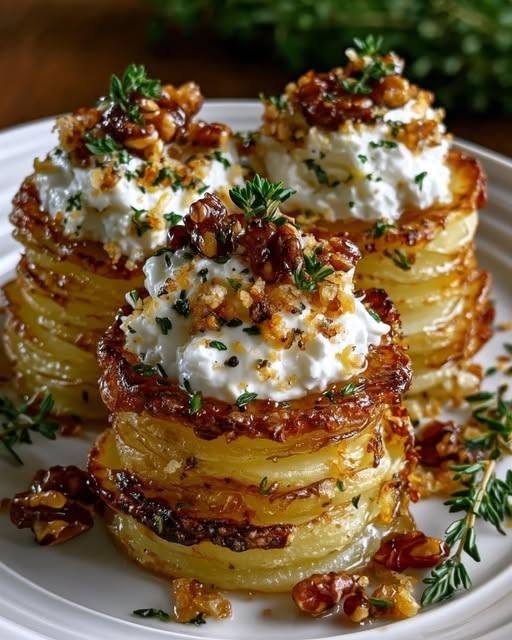 Crispy Potato Stack Towers Layered with Parmesan There are potato recipes that are meant to sit quietly beside the main course. And then there are potato recipes that make everyone at the table ask, “Wait… what are those?” These Crispy Potato Stack Towers Layered with Parmesan are definitely the second kind. They look fancy enough for a holiday dinner or a dinner party, but the ingredients are wonderfully simple. Thin slices of potato are layered with buttery garlic, Parmesan, and herbs, then baked until the edges become golden and wonderfully crisp. The centers stay tender and delicate, almost like a little potato mille-feuille. I love recipes like this because they take something as ordinary as a potato and make it feel completely special. I can imagine making these on a cozy weekend when family is coming over, arranging the little towers on a platter, and watching everyone reach for one before dinner has even properly started. And honestly, I wouldn't blame them. That first bite gives you everything you want from a potato: crispy edges, buttery layers, salty Parmesan, garlic, and a soft center. The best part is that you don't need complicated ingredients or professional cooking skills. The secret is simply slicing the potatoes thinly and evenly, coating every layer with flavor, and giving the stacks enough time in the oven to become beautifully golden. ❤️ Why You'll Love These Crispy Potato Stacks There is so much to love about these little potato towers. Crispy golden edges Tender, buttery centers Plenty of Parmesan flavor Delicious garlic and herb seasoning Simple ingredients Beautiful individual portions Perfect for holidays and dinner parties Wonderful alongside chicken, steak, or roast beef Easy to prepare in a muffin tin Much more impressive than ordinary roasted potatoes They look like you spent hours making them. You really didn't. And those are some of my favorite recipes. 🛒 Ingredients 🥔 For the Potato Towers 2 pounds Yukon Gold potatoes 4 tablespoons unsalted butter, melted 2 tablespoons olive oil 2 cloves garlic, finely minced ½ cup finely grated Parmesan cheese 1 teaspoon fresh thyme leaves, or ½ teaspoon dried thyme ½ teaspoon salt ½ teaspoon freshly ground black pepper ¼ teaspoon smoked paprika, optional 🌿 For Garnishing 2 tablespoons freshly grated Parmesan 1 tablespoon chopped fresh parsley Fresh thyme leaves, optional Flaky salt, optional Yukon Gold potatoes work particularly well because they have a naturally creamy texture and thin skin. Very thin, uniform slices are important for even cooking, and a mandoline makes that step much easier. 👩‍🍳 How to Make Crispy Potato Stack Towers 1. Preheat the Oven Preheat your oven to 400°F (200°C). Lightly grease a 12-cup muffin tin with butter or cooking spray. The muffin tin is more than just a convenient baking dish. It helps hold the potato slices upright and gives you those beautiful individual towers. 🥔 2. Slice the Potatoes Very Thin Wash and dry the potatoes. You can peel them if you prefer, but I actually love leaving the thin skins on Yukon Gold potatoes. Using a mandoline or a very sharp knife, slice the potatoes into rounds about 1/16 to 1/8 inch thick. The most important thing is consistency. You want the slices to be approximately the same thickness so they cook at the same rate. If some slices are paper-thin while others are much thicker, the finished towers won't cook evenly. Take your time here. This is one of those little steps that makes a huge difference. 🧈 3. Make the Garlic Butter Add the melted butter, olive oil, minced garlic, thyme, salt, black pepper, and smoked paprika, if using, to a large bowl. Whisk everything together. The mixture should smell incredible already. Garlic and butter have a way of making the kitchen smell like something wonderful is about to happen. 🧀 4. Coat the Potato Slices Add the sliced potatoes to the bowl. Gently toss them with the garlic-butter mixture until every slice is lightly coated. Add about ½ cup of Parmesan and toss again. Try to make sure the cheese is distributed throughout the potatoes rather than sitting only on top. That way, every few layers get a little salty, nutty Parmesan flavor. 🏗️ 5. Build the Potato Towers Now comes the fun part. Take a small stack of potato slices and place them vertically into one of the muffin cups. Continue adding slices until the stack rises slightly above the top of the cup. Press the slices gently together. Don't pack them so tightly that air and butter can't move between the layers. Repeat with the remaining potato slices. You should end up with approximately 12 individual potato towers, depending on how tall you make them. If a few slices are too large for your muffin cups, simply trim them slightly or use smaller slices toward the top. 🧀 6. Add More Parmesan Sprinkle a little additional Parmesan over each potato stack. As it melts, the cheese will create those gorgeous golden, crispy edges. And honestly, this is one of the reasons I never skimp on the Parmesan. The crispy cheese around the edges is one of the best parts. 🔥 7. Bake Place the muffin tin in the preheated oven. Bake for approximately 35–45 minutes, or until the potatoes are tender in the center and the edges are deeply golden and crisp. Cooking time can vary depending on the thickness of your slices and the height of your stacks. Start checking around the 35-minute mark. Insert a thin knife into the center of one stack. It should slide through the layers easily. If the tops are becoming too dark before the potatoes are tender, loosely cover the muffin tin with foil and continue baking. ⏳ 8. Let Them Rest Once the potato towers are finished, remove them from the oven. Let them rest in the muffin tin for about 5 minutes. This little rest is important. It allows the layers to settle and makes the stacks easier to remove without falling apart. The potatoes also continue to crisp slightly as they cool. 🍽️ 9. Remove and Garnish Carefully run a small butter knife or offset spatula around the edges of each stack. Lift them gently from the muffin tin. Transfer the potato towers to a serving platter. Finish with: Fresh Parmesan Chopped parsley Fresh thyme A little flaky salt Serve while they're still warm and crispy. ✨ The Secret to Perfect Potato Towers The recipe is simple, but a few details make a huge difference. Use Uniform Slices This is probably the most important tip. Thin, even slices cook evenly and create beautiful layers. A mandoline is extremely helpful. Don't Rinse the Slices For this particular style of stacked potato, the natural surface starch can help the layers cling together as they bake. If you accidentally rinse them, don't panic, but there's no need to soak or rinse them before assembling. Don't Overcrowd the Muffin Tin The potato slices should fit snugly, but don't crush them into the cups. You want the butter and heat to circulate through the layers. Use Plenty of Parmesan Parmesan isn't just adding flavor. It also helps create those delicious golden, crispy edges. Let Them Rest Give the stacks a few minutes before removing them. Trying to lift them immediately can make the layers more likely to separate. 🧄 Easy Flavor Variations Once you've made these once, you'll probably want to experiment. Garlic Parmesan Potato Stacks Increase the garlic to three cloves for a stronger garlic flavor. Rosemary Parmesan Replace the thyme with finely chopped fresh rosemary. This version is especially good with roast chicken. Truffle Parmesan Add a tiny drizzle of truffle oil just before serving. A little goes a long way. Spicy Parmesan Add a pinch of red pepper flakes or cayenne pepper to the butter mixture. Cheddar Parmesan Replace part of the Parmesan with finely shredded sharp cheddar. You'll get an extra-cheesy version with crispy cheese around the edges. Herb Butter Potato Towers Add a mixture of parsley, thyme, rosemary, and chives. Perfect for a holiday table. Lemon Herb Add a little finely grated lemon zest to the butter mixture and finish with fresh parsley. The brightness works beautifully with the rich potatoes. 🥔 Should You Peel the Potatoes? You don't have to. Yukon Gold potatoes have relatively thin skins, so leaving them unpeeled can add extra texture and save you a little prep time. If you prefer a completely smooth, elegant appearance, peel them. Either way, scrub the potatoes thoroughly before slicing. 🔪 Do I Need a Mandoline? No, but it certainly helps. A sharp chef's knife will work. The key is to slice the potatoes as evenly as possible. A mandoline simply makes it easier to produce lots of thin, uniform slices quickly. If you've never used one before, remember to use the safety guard or a cut-resistant glove. 🍽️ What to Serve With Parmesan Potato Towers These little stacks can accompany almost any main dish. Roast Chicken The buttery Parmesan potatoes are wonderful alongside juicy roast chicken. Steak Serve them with steak and a simple green salad for an impressive dinner. Roast Beef They make a beautiful alternative to traditional roasted potatoes. Pork Tenderloin The crispy edges and creamy centers pair especially well with pork. Baked Salmon The richness of the potatoes balances beautifully with fresh salmon and lemon. Holiday Turkey These would look gorgeous on a Thanksgiving or Christmas table. 🥗 Make Them Part of a Dinner Party If you're having guests over, these are an easy way to make the table feel more special. Instead of putting one large bowl of potatoes in the middle of the table, give everyone an individual tower. Arrange them on a large platter. Scatter fresh herbs around them. Add a little extra Parmesan. Suddenly, an everyday potato has become a restaurant-style side dish. And nobody needs to know how easy they were. 🧊 Can You Make Potato Stacks Ahead of Time? You can prepare the potato slices and seasoning mixture shortly before baking. For best results, though, I recommend assembling and baking them relatively close to serving time. Crispy potatoes are always at their best when they're fresh from the oven. If you need to prepare them ahead, assemble the stacks, cover them, and refrigerate for a few hours. Bake directly from the refrigerator, allowing a little extra time if needed. 🔥 How to Reheat Potato Stacks The oven or air fryer is best for reheating. Oven Place the stacks on a baking sheet and heat at 375°F (190°C) for approximately 8–12 minutes. Air Fryer Air fry at 375°F (190°C) for about 4–7 minutes, checking frequently. The goal is to bring the crispness back. I wouldn't recommend the microwave if you want crispy edges because it tends to soften the potatoes. ❄️ Can You Freeze Potato Stacks? You can freeze them, although they're best when freshly baked. If freezing, allow the stacks to cool completely. Place them in a freezer-safe container with parchment between layers. Freeze for up to 1 month for best texture. Reheat directly from frozen in a hot oven or air fryer until crisp and heated through. ❓ Frequently Asked Questions Why are my potato stacks falling apart? They may need a little more time to bake or rest. Make sure the potato slices are thin and evenly sized, and allow the finished stacks to rest for about five minutes before removing them. Why aren't my potatoes crispy? The most common causes are slices that are too thick, too much moisture, overcrowding, or insufficient baking time. Make sure the potato slices are thin and the oven is fully preheated. Can I use russet potatoes? Yes. Russet potatoes can work very well, although Yukon Gold potatoes give the stacks a naturally creamy center. Can I use sweet potatoes? Yes, although they have a different texture and sweetness. You may need to adjust the cooking time. Can I use pre-shredded Parmesan? Freshly grated Parmesan usually melts and browns more nicely, so it's my preference. Can I use Parmesan cheese between every layer? You can, but you don't need a huge amount between every single slice. Tossing the potato slices with Parmesan distributes the flavor throughout the stack without making it overly heavy. Can I make these without a muffin tin? Yes. You can build individual stacks on a parchment-lined baking sheet and secure each one with a toothpick. A muffin tin is simply easier because it keeps the towers upright. How do I know when the potatoes are done? Insert a thin knife or skewer into the center. It should pass through easily without encountering firm or crunchy potato. Can I make them extra crispy? Yes. Use very thin slices, don't overcrowd the pan, and give the stacks enough time to develop deeply golden edges. For an extra-crispy finish, you can briefly broil them at the end while watching carefully. Can I add bacon? Absolutely. Crispy crumbled bacon makes a fantastic addition to the Parmesan and garlic combination. 🍽️ Recipe at a Glance Recipe: Crispy Potato Stack Towers Layered with Parmesan Prep Time: 20 minutes Cook Time: 35–45 minutes Resting Time: 5 minutes Total Time: About 1 hour 10 minutes Servings: 6 Category: Side Dish Method: Oven Ingredients 2 lb Yukon Gold potatoes 4 tablespoons unsalted butter, melted 2 tablespoons olive oil 2 cloves garlic, minced ½ cup finely grated Parmesan 1 teaspoon fresh thyme ½ teaspoon salt ½ teaspoon black pepper ¼ teaspoon smoked paprika, optional Extra Parmesan and parsley for garnish Instructions Preheat oven to 400°F (200°C). Grease a 12-cup muffin tin. Slice potatoes very thinly and evenly. Mix melted butter, olive oil, garlic, thyme, salt, pepper, and paprika. Toss potato slices in the butter mixture. Add Parmesan and gently toss again. Stack the slices into the muffin cups. Sprinkle with additional Parmesan. Bake for 35–45 minutes, until tender and deeply golden. Rest for 5 minutes. Carefully remove the towers. Garnish with Parmesan and fresh herbs. Serve immediately. ❤️ A Little Potato Tower Goes a Long Way I think there's something wonderfully satisfying about taking a familiar ingredient and presenting it in a completely different way. Everyone knows potatoes. But these aren't just potatoes sitting on a plate. They're little golden towers with layer after layer of tender potato, melted butter, garlic, herbs, and Parmesan. The edges get beautifully crisp. The middle stays soft. And when you pick one up, you can actually see all those delicate layers. That's what makes this recipe so much fun. It's simple enough for a regular family dinner, but special enough for a holiday table. And if you're anything like me, you'll probably find yourself sneaking one from the platter before everyone sits down. I won't tell. Because sometimes the best recipes are the ones that make simple ingredients feel a little magical. Crispy edges. Buttery layers. Golden Parmesan. And one very irresistible potato tower at a time.