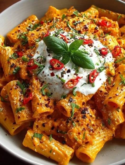 Roasted Red Pepper Rigatoni with Burrata Cream Sauce There are some pasta dishes that are simply dinner. And then there are pasta dishes that make everyone stop talking for a minute because they’re too busy taking another bite. This Roasted Red Pepper Rigatoni with Burrata Cream Sauce is definitely the second kind. I first fell in love with the combination of roasted red peppers and creamy cheese because it has everything I want in a comforting pasta dish. The peppers bring sweetness and a little smoky depth, while the cream and Parmesan turn everything into the kind of silky sauce that clings to every piece of pasta. And then there’s the burrata. Oh, the burrata. When you tear open that soft, creamy cheese over a bowl of hot rigatoni, the center slowly melts into the sauce. You get these little ribbons of rich, milky creaminess mixed into the roasted pepper sauce. It feels fancy. But the funny thing is, it really isn't difficult to make. I love making this on a weekend when I'm craving something comforting but still want dinner to feel a little special. It’s also one of those recipes I would happily serve to family or friends because the finished plate looks like something you ordered at a beautiful Italian restaurant. The first time I made a version of this for family, I wasn't expecting quite so much excitement over pasta. But once everyone had a bowl in front of them, the compliments started coming. Someone asked if there was more sauce. Someone else wanted another piece of burrata. And, naturally, there was very little pasta left by the end. That’s always how I know a recipe is worth keeping. The secret is the sauce. The roasted red peppers are cooked until soft and flavorful, then blended with garlic, cream, Parmesan, and a little pasta water until smooth and velvety. Rigatoni is the perfect pasta shape here because those ridges and hollow centers catch all that gorgeous sauce. Then everything gets finished with creamy burrata, fresh basil, Parmesan, and a little red pepper flake. It’s colorful, cozy, creamy, and absolutely irresistible. ❤️ Why You'll Love This Roasted Red Pepper Rigatoni Rich and creamy without being complicated Full of sweet, roasted red pepper flavor Rigatoni holds onto every bit of sauce Burrata makes the finished dish incredibly luxurious Perfect for weeknight dinners or weekend entertaining Can be made vegetarian with vegetable broth Easy to adjust for more or less spice Beautiful enough for a dinner party Ready in about 40 minutes Excellent with a simple green salad and crusty bread 🛒 Ingredients For the Roasted Red Pepper Sauce 12 oz rigatoni 2 large red bell peppers, seeded and sliced 1 small yellow onion, finely chopped 3 cloves garlic, minced 2 tablespoons extra-virgin olive oil 1 tablespoon tomato paste ½ cup vegetable or chicken broth ½ cup heavy cream ½ cup freshly grated Parmesan cheese ½ teaspoon Italian seasoning ¼ teaspoon red pepper flakes, optional ½ teaspoon salt, plus more to taste ¼ teaspoon freshly ground black pepper For Finishing 8 oz burrata Fresh basil leaves Extra Parmesan cheese Red pepper flakes, optional Extra-virgin olive oil, for drizzling Freshly cracked black pepper Optional 1 teaspoon balsamic vinegar for a subtle tang 1 teaspoon fresh lemon juice to brighten the sauce Chopped fresh parsley A pinch of smoked paprika for extra depth 👩‍🍳 How to Make Roasted Red Pepper Rigatoni 1. Cook the Rigatoni Bring a large pot of generously salted water to a boil. Add the rigatoni and cook according to the package directions until al dente. Don't overcook the pasta. You want the rigatoni to still have a little bite because it will finish cooking when it meets the hot sauce. Before draining, reserve about 1 cup of pasta water. This is one of those little steps that makes a big difference. Pasta water contains starch, which helps loosen and bind the sauce at the same time. Drain the pasta and set it aside. 🌶️ 2. Cook the Red Peppers and Onion While the pasta is cooking, heat the olive oil in a large skillet over medium heat. Add the chopped onion and sliced red peppers. Season with a little salt and black pepper. Cook for approximately 10–15 minutes, stirring occasionally, until the vegetables become very soft and the peppers begin to caramelize. Don't rush this part. The longer the peppers cook, the sweeter and more flavorful they become. That's where a lot of the character in the sauce comes from. 🧄 3. Add the Garlic and Tomato Paste Add the minced garlic and tomato paste to the skillet. Cook for another 1–2 minutes, stirring constantly. You want the garlic to become fragrant without burning. The tomato paste adds a little extra depth and helps give the finished sauce a beautiful rich color. If you're using red pepper flakes, add them now too. 🥣 4. Add the Broth Pour in the broth. Use your spoon or spatula to scrape up any browned bits from the bottom of the skillet. Let everything simmer gently for about 3–5 minutes. At this point, the kitchen should already smell incredible. ✨ 5. Blend the Sauce Turn the heat down to low. Add the heavy cream and stir to combine. Carefully transfer the pepper mixture to a high-powered blender. Blend until completely smooth and creamy. If the sauce seems too thick, add a few tablespoons of the reserved pasta water. Keep blending until you get that beautiful silky consistency. Important: Hot liquids can create pressure inside a blender. If you're using a traditional blender, remove or loosen the center cap and cover the opening with a folded kitchen towel while blending, allowing steam to escape safely. An immersion blender can also be used directly in the skillet. 🧀 6. Add Parmesan Return the blended sauce to the skillet over low heat. Stir in the freshly grated Parmesan cheese. Add the Italian seasoning and taste. Adjust the salt and pepper as needed. If you want a little brightness, add a small splash of lemon juice or balsamic vinegar. You don't need much. The goal is simply to balance the richness. 🍝 7. Add the Rigatoni Add the cooked rigatoni directly into the sauce. Toss everything together until every piece of pasta is beautifully coated. If the sauce is too thick, add reserved pasta water a tablespoon or two at a time. Keep tossing over low heat for another 1–2 minutes. The pasta should look glossy and completely coated. 🧀 8. Add the Burrata Now comes my favorite part. Divide the creamy roasted red pepper rigatoni between serving bowls. Take the burrata and gently tear it into pieces. Place the creamy cheese over the hot pasta. As it warms, the burrata will begin to soften and melt into the sauce. Finish with: Fresh basil Extra Parmesan Freshly cracked black pepper A pinch of red pepper flakes A small drizzle of olive oil Serve immediately. And don't forget to get a little burrata into every bite. ⭐ Tips for the Best Roasted Red Pepper Rigatoni Let the peppers soften properly Don't stop cooking them as soon as they're merely tender. Giving them enough time to soften and caramelize brings out their natural sweetness. Don't overcook the pasta Rigatoni should be al dente. It will continue cooking slightly when tossed with the hot sauce. Save your pasta water Seriously, don't pour it all down the drain. That starchy water is perfect for loosening the sauce while helping it cling to the pasta. Use freshly grated Parmesan Freshly grated Parmesan melts much more smoothly into the sauce than many pre-shredded varieties. Blend the sauce until silky A powerful blender makes an especially smooth sauce. If you prefer a slightly rustic texture, you can leave a little texture in the peppers. Add burrata at the end Don't cook the burrata directly into the sauce. Adding it just before serving gives you those beautiful creamy pockets throughout the dish. Taste before serving Red peppers vary in sweetness, and Parmesan varies in saltiness. Taste the sauce before adding more seasoning. 🌶️ How Spicy Should You Make It? I personally love just a little heat in this pasta. Start with ¼ teaspoon red pepper flakes. That's enough to give the sauce a gentle warmth without overwhelming the sweet roasted peppers. If your family likes spicy food, increase it to ½ teaspoon or even more. You can also put extra red pepper flakes on the table so everyone can adjust their own bowl. 🧈 Easy Variations Chicken Roasted Red Pepper Rigatoni Add sliced grilled or pan-seared chicken breast for a heartier meal. Season the chicken simply with salt, pepper, garlic powder, and Italian seasoning. Shrimp Rigatoni Sauté peeled shrimp with garlic and olive oil, then add them to the finished pasta. The sweet shrimp are wonderful with the roasted pepper sauce. Spinach Roasted Red Pepper Pasta Add a couple handfuls of baby spinach to the sauce during the final few minutes. Let it wilt before tossing in the rigatoni. Spicy Calabrian-Style Pasta Add a spoonful of Calabrian chili paste for deeper, more intense heat. Mushroom Version Sauté sliced mushrooms until golden and fold them into the pasta. Extra Cheesy Add a little shredded mozzarella or fontina to the warm sauce along with the Parmesan. Vegetarian Use vegetable broth instead of chicken broth. The finished pasta is still incredibly rich and satisfying. 🥖 What to Serve With Roasted Red Pepper Rigatoni This pasta is rich enough to stand on its own, but a few simple sides make it feel like a complete dinner. Try serving it with: Garlic bread Crusty Italian bread Simple green salad Arugula salad with lemon Roasted asparagus Steamed broccoli Sautéed spinach Caprese salad Roasted zucchini Grilled vegetables A simple salad with lemony dressing is probably my favorite. The fresh acidity cuts through the creamy sauce beautifully. 🍷 Make It Dinner-Party Worthy This is one of those recipes that looks much more complicated than it actually is. For a dinner party, prepare the roasted pepper sauce earlier in the day. Cook the pasta just before serving, toss it with the warmed sauce, and finish each plate individually with burrata and fresh basil. For an extra beautiful presentation, swirl the rigatoni into the center of the plate and place a piece of burrata right on top. Finish with Parmesan, basil, red pepper flakes, and a tiny drizzle of olive oil. Suddenly, a regular pasta dinner looks like a restaurant meal. 🧊 How to Store Leftovers Allow the pasta to cool before transferring it to an airtight container. Refrigerate for up to 3 days. For the best texture, store any extra burrata separately and add fresh burrata when reheating. The pasta sauce may thicken in the refrigerator. That's completely normal. 🔥 How to Reheat Place the pasta in a skillet over low to medium-low heat. Add a splash of water, milk, cream, or reserved pasta water. Stir gently until warmed through. Don't blast it over high heat. Gentle reheating helps keep the sauce creamy rather than causing the dairy to separate. Add fresh burrata after reheating. ❄️ Can You Freeze Roasted Red Pepper Pasta? Yes, but I recommend freezing the sauce separately from the pasta whenever possible. The roasted red pepper sauce can be cooled completely and stored in a freezer-safe container for up to about 2–3 months for best quality. Thaw it overnight in the refrigerator. Warm it gently in a saucepan and add a splash of cream or pasta water if necessary. Cook fresh rigatoni and combine just before serving. Add fresh burrata at the very end. ❓ Frequently Asked Questions Can I use jarred roasted red peppers? Absolutely. Jarred roasted red peppers are a fantastic shortcut. Drain them well before using. Because they are already cooked, you can sauté them with the onion and garlic for a shorter amount of time before blending. Can I use fresh roasted red peppers? Yes. Roasting fresh red peppers gives the sauce an especially deep, smoky flavor. You can roast them until the skins are blistered and charred, peel them, then blend them into the sauce. What pasta can I use instead of rigatoni? Almost any pasta works. Try: Penne Fusilli Tortellini Farfalle Paccheri Ziti Fettuccine Bucatini Rigatoni is my favorite because the sauce gets inside the tubes and clings to the ridges. Can I make this without heavy cream? Yes. You can substitute half-and-half for a lighter sauce. You can also blend the peppers with a little extra pasta water and Parmesan for a creamier sauce without as much dairy. Can I use cream cheese? You can. Add a few tablespoons of softened cream cheese to the warm sauce and stir until smooth. It will make the sauce thicker and tangier. What can I use instead of burrata? Fresh mozzarella is the easiest substitute. Ricotta also works beautifully. Goat cheese can be used if you want a stronger tangy flavor. Is burrata served hot or cold? Burrata is best added at the end so it can gently soften from the warmth of the pasta. You don't want to boil or aggressively cook it. Can I make the sauce ahead? Definitely. The roasted red pepper sauce can be prepared ahead and refrigerated for up to about 3 days. Warm it gently before tossing it with freshly cooked pasta. How do I make the sauce completely smooth? Use a high-powered blender and blend for longer than you think you need. If desired, you can also pass the blended sauce through a fine-mesh strainer for an exceptionally silky finish. Why is my sauce too thick? Add reserved pasta water a tablespoon at a time until it reaches the consistency you like. Remember that Parmesan will thicken the sauce slightly as it melts. Why is my sauce too thin? Let it simmer gently for a few minutes. You can also add a little more Parmesan. Avoid boiling the cream sauce aggressively. Can I make this gluten-free? Yes. Simply use your favorite gluten-free rigatoni or another gluten-free pasta shape. Check the labels on your other packaged ingredients as needed. 🍽️ Recipe at a Glance Recipe: Roasted Red Pepper Rigatoni with Burrata Cream Sauce Prep Time: 10 minutes Cook Time: 30 minutes Total Time: About 40 minutes Servings: 4 Course: Main Course Cuisine: Italian-Inspired Method: Stovetop + Blender Ingredients 12 oz rigatoni 2 large red bell peppers 1 small yellow onion 3 garlic cloves 2 tablespoons olive oil 1 tablespoon tomato paste ½ cup broth ½ cup heavy cream ½ cup freshly grated Parmesan ½ teaspoon Italian seasoning ¼ teaspoon red pepper flakes Salt and black pepper 8 oz burrata Fresh basil Extra Parmesan and olive oil for serving Instructions Cook rigatoni in salted water until al dente. Reserve about 1 cup pasta water and drain. Sauté onion and red peppers in olive oil until very soft and lightly caramelized. Add garlic and tomato paste and cook briefly. Add broth and simmer. Stir in heavy cream. Blend the sauce until smooth. Return sauce to skillet and stir in Parmesan. Add cooked rigatoni. Loosen with pasta water as needed. Divide between bowls. Top generously with burrata. Finish with basil, Parmesan, black pepper, and red pepper flakes. Serve immediately. ❤️ Final Thoughts There are recipes that are practical. There are recipes that are impressive. And then there are recipes like this one that somehow manage to be both. This Roasted Red Pepper Rigatoni is cozy enough for a quiet night at home but beautiful enough to put in front of guests. I love that contrast. You start with a handful of everyday ingredients—peppers, onion, garlic, cream, Parmesan, and pasta—and somehow end up with a bowl of food that feels incredibly special. But the burrata is what really gets me. That moment when you break into it and the creamy center spills over the hot rigatoni is hard to beat. If you're making this for family, don't be surprised if someone asks for extra burrata. And if you're making it for yourself? Honestly, I won't judge if you eat it straight from the skillet. Sometimes a bowl of silky roasted red pepper pasta, a little fresh basil, and a big spoonful of burrata is exactly what you need after a long day. Comfort food doesn't always have to be complicated. Sometimes it just needs to be creamy, colorful, delicious, and shared with people you love. And this pasta checks every box.