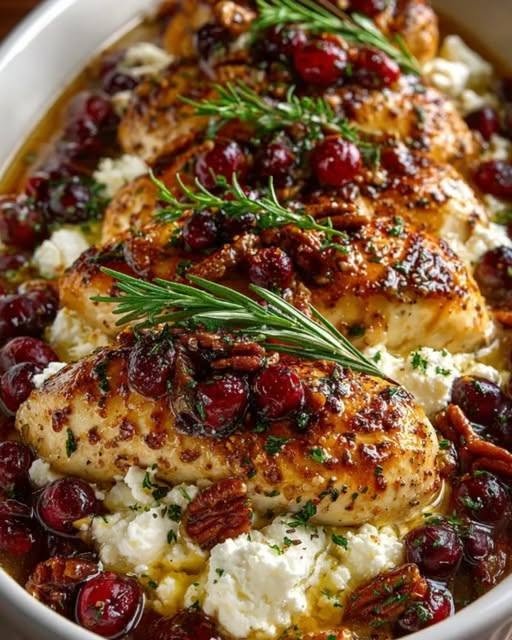Honey Cranberry Chicken Bake with Ricotta Cheese There are some chicken dinners that are perfect for a busy Tuesday night, and then there are chicken dinners that somehow make an ordinary evening feel a little more special. This Honey Cranberry Chicken Bake with Ricotta Cheese is definitely the second kind. The first time I made this, I was looking for something different from my usual chicken dinner. I had chicken breasts in the refrigerator, some cranberries that needed a purpose, and a container of creamy ricotta cheese waiting to be used. I started putting the ingredients together without expecting anything extraordinary. But when that dish came out of the oven? The smell alone had everyone wandering into the kitchen. The cranberries had softened and released their beautiful ruby-red juices. The honey and balsamic had turned into a glossy sweet-tangy sauce, and little pockets of ricotta had become warm, creamy, and incredibly inviting. I served it with a simple green salad and roasted vegetables, and everyone loved it. There was something about the combination that just worked. The chicken is savory and tender. The cranberries are bright and tart. The honey adds just enough sweetness. The balsamic brings depth. And the ricotta mellows everything out with its creamy texture. It's the kind of recipe I love making when I want dinner to feel a little more impressive without spending hours in the kitchen. And if you're planning a holiday dinner, family gathering, or cozy weekend meal, this chicken bake deserves a place on the table. ❤️ Why You'll Love This Honey Cranberry Chicken Bake Juicy, tender chicken breasts Sweet and tart cranberry topping Creamy pockets of ricotta cheese Honey and balsamic create a beautiful glaze Easy enough for a weeknight Elegant enough for entertaining Ready in about 40 minutes Uses simple ingredients Wonderful for fall and winter dinners Easy to customize with herbs and nuts The combination of honey, cranberries, balsamic vinegar, and ricotta creates a particularly nice contrast between sweet, tart, creamy, and savory flavors. Similar versions also use a quick sear before baking to build extra flavor on the chicken. 🛒 Ingredients For the Chicken 4 boneless, skinless chicken breasts, about 1½ pounds total 2 tablespoons olive oil ½ teaspoon garlic powder ½ teaspoon dried thyme ¾ teaspoon salt ½ teaspoon freshly ground black pepper For the Honey Cranberry Topping 1 cup fresh or frozen cranberries 3 tablespoons honey 1 tablespoon balsamic vinegar 2 cloves garlic, minced 1 teaspoon fresh lemon zest ½ teaspoon dried thyme, or 1 teaspoon fresh thyme leaves Pinch of salt For the Ricotta 1 cup whole-milk ricotta cheese Optional Topping ¼ cup chopped pecans 2 tablespoons fresh parsley, chopped Extra fresh thyme, for garnish If you're using frozen cranberries, there's no need to thaw them first. They can go directly into the recipe. 👩‍🍳 How to Make Honey Cranberry Chicken Bake with Ricotta Cheese Step 1: Preheat the Oven Preheat your oven to 375°F (190°C). Lightly grease a 9×13-inch baking dish with a little olive oil. Set it aside. I like using a baking dish that's large enough to leave a little space between the chicken breasts. This helps the sauce circulate around the chicken rather than pooling in one crowded area. 🥩 Step 2: Prepare the Chicken Pat the chicken breasts dry with paper towels. If some breasts are particularly thick, gently pound them to an even thickness. This is one of those little preparation steps that makes a big difference. When the chicken breasts are similar in thickness, they cook more evenly, so you're less likely to have one piece finished while another is still undercooked. Season both sides with: Garlic powder Thyme Salt Black pepper Rub the seasoning gently into the chicken. 🔥 Step 3: Sear the Chicken Heat the olive oil in a large skillet over medium-high heat. Once the oil is hot, carefully add the chicken breasts. Sear for approximately 2–3 minutes per side. You're not trying to cook the chicken completely at this point. The goal is simply to develop a beautiful golden-brown exterior. That little bit of browning adds a surprising amount of flavor to the finished casserole. Once browned, transfer the chicken to your prepared baking dish. 🍒 Step 4: Make the Honey Cranberry Mixture In a small bowl, whisk together: Honey Balsamic vinegar Minced garlic Lemon zest Thyme Pinch of salt Stir until everything is well combined. The mixture should look glossy and smell wonderfully sweet and tangy. You can also make this mixture directly in the skillet after removing the chicken if you want to pick up some of those delicious browned bits from the pan. 🍯 Step 5: Add the Cranberries Scatter the cranberries around and over the chicken. If you're using fresh cranberries, they'll be firm and bright red at this point. That's perfectly fine. They'll soften and burst as they bake. Pour the honey-balsamic mixture evenly over the chicken and cranberries. Try to get a little sauce over every piece of chicken. 🧀 Step 6: Add the Ricotta Now for the creamy part. Spoon generous dollops of ricotta cheese over the chicken and throughout the baking dish. You don't need to spread it into a perfectly smooth layer. In fact, I prefer leaving little pockets of ricotta. As the casserole bakes, the ricotta warms and softens, creating creamy bites that are especially delicious with the cranberry sauce. 🌿 Step 7: Add the Optional Pecans If you're using pecans, don't add them yet. I recommend waiting until the final few minutes of baking. That way they have time to toast without becoming overly dark or bitter. If you don't want nuts, simply leave them out. The recipe is delicious either way. 🔥 Step 8: Bake Place the uncovered baking dish in the preheated oven. Bake for approximately 25–30 minutes, depending on the thickness of your chicken breasts. The cranberries should be softened and beginning to burst. The sauce should be bubbling. The ricotta should be warm and creamy. Most importantly, the thickest part of the chicken should reach 165°F (74°C). A food thermometer is the most reliable way to check. If you're adding pecans, scatter them over the dish during the final 5 minutes of baking. ⏰ Step 9: Let It Rest Remove the chicken from the oven and let it rest for about 5 minutes. This gives the juices time to settle and allows the sauce to thicken slightly. It also gives you a moment to admire how beautiful this dish looks. The red cranberries against the golden chicken and creamy white ricotta are absolutely gorgeous. 🍽️ Step 10: Serve Spoon some of the cranberry sauce and warm ricotta over each piece of chicken. Finish with fresh parsley and thyme if desired. I love serving this immediately while everything is still warm and creamy. And don't leave any of that sauce behind in the baking dish. It's too good. ✨ Tips for the Best Honey Cranberry Chicken Don't skip the searing You can technically bake the chicken without searing it first, but those few minutes in a hot skillet give the chicken a much more flavorful exterior. Don't overcook the chicken Chicken breasts can go from juicy to dry quickly. Start checking the internal temperature toward the end of the cooking time rather than relying only on the clock. Pound thick chicken breasts evenly If one end is much thicker than the other, it will cook unevenly. A quick pound with a meat mallet solves the problem. Use fresh or frozen cranberries Both work well. Frozen cranberries can be added directly without thawing. Use whole-milk ricotta when possible Whole-milk ricotta tends to give you a richer, creamier result. Part-skim ricotta will still work. Add pecans at the end This keeps them pleasantly crunchy instead of letting them soften or burn. Taste your cranberry mixture Cranberries can vary considerably in tartness. If yours are especially sharp, you may want a little extra honey. If you prefer a more tart sauce, keep the honey exactly as written. 🍯 How to Balance the Honey and Cranberries This is really a matter of personal taste. If you love sweet-and-savory dishes, you can increase the honey slightly. If you prefer your chicken more savory, keep the honey modest and let the cranberries provide most of the fruit flavor. I personally like the balance in this recipe because the honey doesn't completely cover the tartness of the cranberries. You still get that lovely cranberry bite. 🍊 Add a Little Orange If you want to make this dish feel even more festive, add orange. Try adding: 1 teaspoon orange zest 1 tablespoon fresh orange juice to the honey-balsamic mixture. Orange and cranberry are such a beautiful combination, especially during the holiday season. Just don't add too much juice because you don't want to dilute the sauce. 🌿 Herb Variations Thyme is wonderful here, but you can experiment. Rosemary Use a small amount of finely chopped rosemary for a more woodsy flavor. Sage Sage works beautifully with chicken and cranberry. Parsley Add fresh parsley at the end for a clean, fresh finish. Fresh Thyme Fresh thyme gives the dish a brighter herbal aroma than dried thyme. 🌰 Other Topping Ideas Pecans are my favorite crunchy addition, but you have options. Try: Walnuts Slivered almonds Pistachios Pumpkin seeds Or skip the nuts entirely for a nut-free dish. 🧀 Can I Substitute the Ricotta? Absolutely. If you don't have ricotta, you can use: Goat cheese Cream cheese Mascarpone Cottage cheese Crumbled feta Each one changes the dish slightly. Goat cheese makes it tangier. Cream cheese makes it richer. Feta gives you a salty contrast. But if you have ricotta in the refrigerator, I'd stick with it. The soft, mild flavor works beautifully with the tart cranberry topping. 🍗 Can I Use Chicken Thighs? Yes. Boneless, skinless chicken thighs are a great alternative. They tend to stay juicy and have a little more fat than chicken breasts. Because thighs vary in size, use the internal temperature rather than relying strictly on the cooking time. The chicken should reach 165°F (74°C). 🥗 What to Serve With Honey Cranberry Chicken This chicken has plenty of flavor, so I like pairing it with simple sides. Try: Roasted Brussels sprouts Green beans Roasted broccoli Garlic mashed potatoes Sweet potatoes Wild rice Cauliflower mash Simple green salad Roasted carrots Sautéed spinach For a holiday-style dinner, serve it with roasted vegetables and a simple green salad. For a quick weeknight meal, steamed green beans and cauliflower mash are perfect. 🍚 Make It a Complete Dinner If you're feeding a hungry family, serve the chicken over a simple grain. Good choices include: Rice Wild rice Quinoa Couscous Farro The grains are especially useful for soaking up the honey-cranberry sauce. Every drop is worth saving. 🥗 Make a Lighter Plate If you want the chicken to be the star of the meal, keep the sides fresh. Serve it with: Arugula salad Cucumber salad Steamed green beans Roasted asparagus Sautéed zucchini A peppery arugula salad with lemon vinaigrette is particularly nice because the acidity balances the sweetness of the cranberry sauce. 🔄 Easy Variations Cranberry Orange Chicken Add orange zest and a splash of orange juice to the glaze. Cranberry Pecan Chicken Add toasted pecans during the final few minutes of baking. Creamy Cranberry Chicken Add extra ricotta around the chicken for an even creamier casserole. Balsamic Cranberry Chicken Increase the balsamic vinegar slightly for a stronger tangy flavor. Spicy Cranberry Chicken Add a pinch of red pepper flakes to the honey mixture. The little bit of heat is surprisingly good with the sweet cranberry sauce. Holiday Chicken Bake Add orange zest, fresh rosemary, toasted pecans, and fresh parsley. It makes the dish look beautiful on a holiday table. 🧊 Can You Make This Ahead? Yes. You can prepare the chicken and honey-cranberry mixture ahead of time and refrigerate them separately. For the best texture, I recommend adding the ricotta shortly before baking. You can also assemble the entire dish ahead and refrigerate it until you're ready to cook, but allow for a little additional baking time if the dish is going directly from the refrigerator into the oven. 🧊 How to Store Leftovers Allow leftover chicken to cool and refrigerate it promptly in a covered container. Cooked poultry should be refrigerated at 40°F (4°C) or below, and USDA guidance recommends using cooked poultry within 4 days. For the best quality, I like eating this chicken within 3 days. Keep some of the cranberry sauce with each portion so the chicken stays moist when reheated. 🔥 How to Reheat Honey Cranberry Chicken Oven Place the chicken in a baking dish and spoon some sauce over the top. Cover loosely with foil and reheat at 350°F (175°C) until hot. Microwave Place one serving on a microwave-safe plate. Cover loosely and heat in short intervals until warmed through. The chicken may become slightly firmer than when freshly baked, so the extra sauce really helps. Air Fryer You can reheat individual portions in an air fryer, but use a moderate temperature and avoid overheating the chicken. ❄️ Can You Freeze It? Yes. Let the cooked chicken cool completely. Place individual portions in freezer-safe containers or bags with some of the cranberry sauce. Freeze for up to 2 months for best quality. Thaw overnight in the refrigerator before reheating. The ricotta may have a slightly different texture after freezing and thawing, but the dish can still be delicious. ❓ Frequently Asked Questions Can I use frozen cranberries? Absolutely. Frozen cranberries can be added directly to the dish without thawing. Can I use dried cranberries? You can, but the result will be noticeably sweeter and chewier. If using dried cranberries, choose an unsweetened variety if available and reduce the honey. Can I use chicken thighs instead of breasts? Yes. Boneless, skinless chicken thighs are an excellent substitute. Check the thickest piece with a thermometer and cook until it reaches 165°F (74°C). Why should I sear the chicken first? Searing creates a golden-brown exterior and adds another layer of savory flavor before the chicken goes into the oven. Can I skip the searing? Yes. If you're short on time, you can place seasoned chicken directly into the baking dish and add the cranberry mixture. The finished chicken won't have quite the same browned exterior. How do I keep chicken breasts from drying out? Use similarly sized breasts, avoid overcooking, and check the internal temperature toward the end of baking. Can I use part-skim ricotta? Yes. Whole-milk ricotta gives a richer result, but part-skim works perfectly well. Can I replace the ricotta? Yes. Goat cheese, cream cheese, mascarpone, or feta can all be used, although each will give the dish a different flavor. Can I make this without balsamic vinegar? Yes. You can substitute a small amount of lemon juice or apple cider vinegar, although balsamic adds a distinctive sweetness and depth. What if my cranberries are too tart? Add another teaspoon or two of honey to the sauce. Taste before adding too much because the cranberries become sweeter as they cook. Can I make this dish spicy? Definitely. Add red pepper flakes, cayenne, or a small amount of hot honey. Is this recipe good for a holiday dinner? Absolutely. The ruby-red cranberries, creamy ricotta, and fresh herbs make it especially pretty for fall and winter gatherings. Can I make this in a smaller dish? Yes. For two servings, halve the ingredients and use a smaller baking dish. Keep an eye on the cooking time because smaller portions may cook faster. What temperature should chicken reach? The thickest part of the chicken should reach 165°F (74°C) for safe consumption. 📝 Recipe at a Glance Recipe: Honey Cranberry Chicken Bake with Ricotta Cheese Prep Time: 10 minutes Cook Time: 25–30 minutes Resting Time: 5 minutes Total Time: About 40–45 minutes Servings: 4 Course: Main Dish Cuisine: American-Inspired Ingredients Chicken 4 boneless, skinless chicken breasts 2 tablespoons olive oil ½ teaspoon garlic powder ½ teaspoon dried thyme ¾ teaspoon salt ½ teaspoon black pepper Cranberry Sauce 1 cup fresh or frozen cranberries 3 tablespoons honey 1 tablespoon balsamic vinegar 2 cloves garlic 1 teaspoon lemon zest ½ teaspoon dried thyme Pinch of salt Creamy Topping 1 cup whole-milk ricotta cheese Optional ¼ cup chopped pecans Fresh parsley Fresh thyme 👩‍🍳 Quick Instructions Preheat oven to 375°F (190°C) and grease a baking dish. Pat chicken dry and season with garlic powder, thyme, salt, and pepper. Heat olive oil in a skillet. Sear chicken for 2–3 minutes per side until golden. Transfer chicken to the baking dish. Whisk together honey, balsamic vinegar, garlic, lemon zest, thyme, and salt. Scatter cranberries over the chicken. Pour the honey-balsamic mixture over everything. Spoon ricotta over the chicken and cranberries. Bake uncovered for 25–30 minutes, until the chicken reaches 165°F (74°C). Add pecans during the final 5 minutes if using. Rest for 5 minutes. Garnish with fresh herbs and serve with the cranberry sauce spooned over the chicken. ❤️ A Chicken Dinner That Feels Like a Little Celebration I love recipes that surprise you. At first glance, chicken, cranberries, and ricotta might not sound like the most obvious combination. But once they're all together? It just works. The chicken is savory and tender. The cranberries bring that beautiful tartness. The honey softens their sharp edge. The balsamic adds depth. And the ricotta brings everything together with a creamy, mellow richness. It's the kind of dinner that feels special without requiring a special occasion. I can imagine making this on a quiet Sunday evening, serving it to family during the holidays, or pulling it together on a weeknight when I want something that feels a little different from the usual chicken-and-vegetables routine. And that sauce deserves attention. Don't just spoon it over the chicken. Use it on your vegetables. Let it run into the rice. Get every last bit from the bottom of the dish. Because that's where all those sweet, tangy, savory flavors come together. So if you're looking for a chicken recipe that's comforting, colorful, easy, and just a little bit unexpected, put this one on your list. Tender chicken, ruby-red cranberries, creamy ricotta, and a glossy honey-balsamic sauce—all baked together in one beautiful dish.