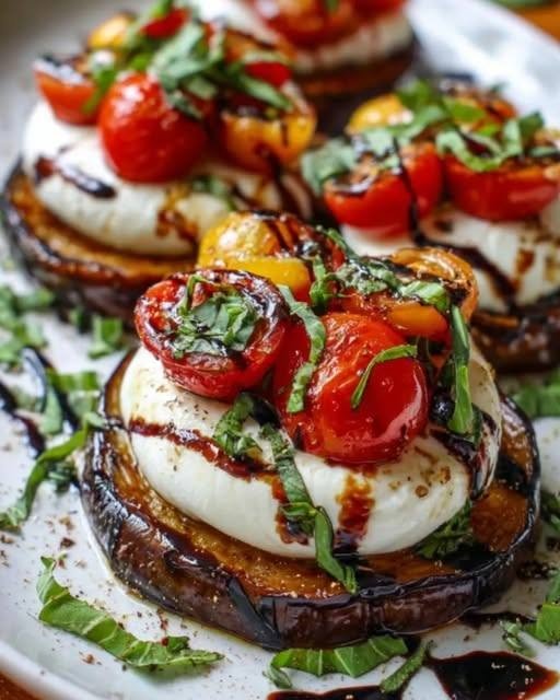 Burrata & Roasted Eggplant Stack There are some recipes that are delicious the second you take a bite, and then there are recipes that make you stop for a second because the combination is just so good. This Burrata & Roasted Eggplant Stack is definitely one of those recipes. I first started making this kind of eggplant-and-burrata combination when I wanted something that felt a little special without spending the entire evening in the kitchen. I love recipes like that—simple ingredients, not too much fuss, but somehow the finished plate looks like something you would order at a beautiful little Italian restaurant. And honestly, burrata makes almost everything feel special. The roasted eggplant becomes soft, golden, and slightly caramelized around the edges. Then you add creamy burrata, fresh basil, a little balsamic glaze, toasted pine nuts, and a drizzle of good olive oil. Every bite has something different going on. Creamy. Smoky. Fresh. Tangy. A little nutty. I made this for my family one weekend, and I wasn't expecting it to disappear quite so quickly. I thought there would be leftovers for the next day, but apparently I was the only one thinking that way. Someone actually went back for the last stack before I had even finished clearing the table. That's when I knew this one needed to become a regular recipe. 🍆 Why You'll Love This Burrata & Roasted Eggplant Stack Creamy burrata melts beautifully over warm roasted eggplant The eggplant gets tender and caramelized without frying Fresh basil adds brightness and freshness Balsamic glaze gives the dish a sweet-tangy finish Toasted pine nuts add a wonderful little crunch Elegant enough for entertaining but easy enough for a weeknight Naturally vegetarian Can be served as an appetizer, side dish, or light main course 🛒 Ingredients For the Roasted Eggplant 2 large eggplants 3 tablespoons extra-virgin olive oil 3 cloves garlic, finely minced ½ teaspoon dried oregano ½ teaspoon Italian seasoning ½ teaspoon salt ¼ teaspoon freshly ground black pepper ¼ teaspoon red pepper flakes, optional For the Stack 2 balls burrata, about 4 ounces each ½ cup fresh basil leaves ¼ cup pine nuts 2–3 tablespoons balsamic glaze 1 tablespoon extra-virgin olive oil, for finishing Flaky sea salt, optional Freshly cracked black pepper 👩‍🍳 How to Make Burrata & Roasted Eggplant Stack 1. Prepare the Eggplant Preheat your oven to 425°F (220°C). Wash the eggplants and trim off the ends. Slice them crosswise into rounds about ½ inch thick. Try to keep the slices fairly similar in size. This helps them cook evenly and makes the stacks much easier to assemble. Place the eggplant slices on a large baking sheet. Lightly sprinkle both sides with salt and let them sit for about 15–20 minutes. This gives excess moisture a chance to come to the surface. Pat the slices very well with paper towels. You don't need to completely dry them, but removing the surface moisture helps the eggplant roast rather than steam. 🫒 2. Season the Eggplant In a small bowl, combine the olive oil, minced garlic, oregano, Italian seasoning, black pepper, and red pepper flakes if you're using them. Brush the mixture over both sides of the eggplant slices. Don't completely drown them in oil. Eggplant is wonderfully absorbent, so a little goes a long way. Arrange the slices in a single layer with some space between them. 🔥 3. Roast Until Golden Place the baking sheet in the oven. Roast for about 20–25 minutes, flipping the eggplant halfway through. Continue roasting until the slices are tender in the center and golden brown around the edges. For deeper caramelization, you can roast them for another few minutes. The edges should look slightly crisp while the middle should be soft and silky. That contrast is exactly what we're looking for. 🌰 4. Toast the Pine Nuts While the eggplant is roasting, place the pine nuts in a dry skillet over medium-low heat. Toast them for 2–4 minutes, stirring or shaking the pan frequently. Watch them closely. Pine nuts can go from beautifully golden to burnt surprisingly quickly. As soon as they're lightly golden and fragrant, transfer them to a plate to cool. 🧀 5. Prepare the Burrata Remove the burrata from its packaging and let it sit at room temperature for about 10–15 minutes. This takes the chill off and makes the creamy center even more enjoyable. When you're ready to assemble the stacks, gently tear or cut each burrata ball into portions. Don't worry about making every piece perfectly neat. Part of the charm of burrata is that gorgeous creamy center spilling out over everything. 🍆 6. Build the Stacks Now comes the fun part. Place one roasted eggplant round on each serving plate. Add a little burrata. Top with another eggplant slice. Add another layer of burrata. Depending on the size of your eggplant slices, you can make each stack two or three layers high. Don't make them too tall. You want the stacks to be easy to eat without everything sliding dramatically onto the plate. And trust me, burrata is already messy enough. 🌿 7. Finish Everything Scatter fresh basil leaves around and over the stacks. Sprinkle with the toasted pine nuts. Drizzle with balsamic glaze. Finish with a small drizzle of extra-virgin olive oil and a little freshly cracked black pepper. If you love that salty-sweet contrast, add a tiny pinch of flaky sea salt. And that's it. Beautiful food doesn't always require complicated cooking. ✨ The Secret to Great Roasted Eggplant The biggest mistake people make with eggplant is rushing it. You want the eggplant to have enough time in the oven to become genuinely tender. If you pull it out too early, the center can still have a slightly spongy texture. Let it roast until the flesh is soft and the edges are nicely browned. Also, don't crowd the baking sheet. If the slices are packed tightly together, they release moisture and can steam instead of roasting. Give them a little breathing room. 🧀 Choosing the Best Burrata Because burrata is such a major part of this recipe, quality really matters. Look for burrata that feels fresh and soft. The outside should be tender and milky, while the inside should be rich and creamy. If you've never cut into fresh burrata before, prepare yourself for the best kind of mess. The creamy center spills out almost immediately. That's exactly what you want. 🍅 Easy Variations Roasted Tomato & Burrata Stack Add thin slices of roasted tomato between the eggplant layers. The tomatoes bring extra sweetness and acidity. Spicy Eggplant Stack Add a little more red pepper flakes or drizzle the finished stacks with chili oil. The heat is fantastic with cool, creamy burrata. Mediterranean Eggplant Stack Add Kalamata olives, chopped roasted red peppers, and a sprinkle of oregano. Pistachio Burrata Stack Replace the pine nuts with roughly chopped toasted pistachios. The crunch is incredible. Lemon Herb Version Add a little lemon zest and fresh parsley along with the basil. This makes the whole dish taste lighter and brighter. Pesto Burrata Stack Add a small spoonful of basil pesto between the eggplant layers. You don't need much because both pesto and burrata are rich. 🥗 What to Serve With It This recipe can play several different roles at the table. Serve it as an appetizer alongside: Crusty bread Garlic bread Crostini Marinated olives Roasted peppers A simple green salad For a light dinner, serve the stacks with: Arugula salad Tomato salad Grilled vegetables Lemon-herb potatoes Warm flatbread A simple pasta dish If you're serving this as part of a larger Mediterranean-style meal, it makes a beautiful centerpiece for the appetizer table. 🍷 Make It for a Dinner Party This is one of those recipes that looks much more complicated than it actually is. You can roast the eggplant ahead of time and toast the pine nuts earlier in the day. When you're ready to serve, gently warm the eggplant, assemble the stacks, add the burrata, and finish everything with basil, pine nuts, and balsamic glaze. It takes very little effort at the last minute. And because the finished stacks are so colorful, you don't need to do much else with the presentation. A beautiful plate does half the work for you. 🥄 Tips for the Best Burrata & Roasted Eggplant Stack Don't skip drying the eggplant A quick pat with paper towels helps remove excess surface moisture. Don't use too much oil Eggplant absorbs oil quickly. Start with a moderate amount and add more only if necessary. Roast instead of steaming Give the eggplant plenty of space on the baking sheet. Watch the pine nuts They toast quickly, so stay nearby. Let the burrata warm slightly Straight-from-the-fridge burrata doesn't have the same creamy texture as burrata that's had a few minutes at room temperature. Add the balsamic at the end A final drizzle gives you the best contrast between the sweet-tangy glaze and creamy cheese. Don't overbuild the stacks Two or three layers are plenty. You want every bite to contain eggplant and burrata rather than turning dinner into a balancing act. 🧊 Storage Because burrata is best when freshly served, I recommend assembling only what you're planning to eat. Roasted eggplant can be stored separately in an airtight container in the refrigerator for up to 3 days. Keep the burrata refrigerated in its original packaging until you're ready to use it. Store toasted pine nuts separately so they stay crunchy. When you're ready for leftovers, warm the eggplant gently and assemble the stack just before serving. ❄️ Can You Freeze Roasted Eggplant? You technically can freeze cooked eggplant, but I don't recommend freezing the completed stacks. The texture of both the eggplant and burrata is much better when freshly prepared. If you have extra roasted eggplant, refrigerate it instead and use it within a few days. ❓ Frequently Asked Questions Do I have to salt the eggplant first? No. Modern eggplants are generally much less bitter than older varieties, so salting isn't always necessary. However, a short salting step can help draw surface moisture out and can improve the roasting texture. Can I make this without burrata? Absolutely. Fresh mozzarella is the easiest substitute, although it won't have the same creamy center. Goat cheese can also work if you want something tangier. Can I use a different nut? Yes. Pistachios, walnuts, almonds, or hazelnuts can all add a delicious crunch. Can I grill the eggplant instead? Definitely. Brush the slices lightly with olive oil and grill them over medium-high heat until tender with attractive grill marks. Then assemble the stacks as usual. Can I make this ahead? You can roast the eggplant and toast the nuts ahead of time. For the best result, assemble the stacks shortly before serving. Is this a vegetarian recipe? Yes, provided the burrata and other ingredients you use fit your dietary preferences. Can I serve it cold? You can, but I personally prefer the contrast of warm roasted eggplant with cool, creamy burrata. It's one of the best parts of the dish. What can I use instead of balsamic glaze? A drizzle of good-quality balsamic vinegar works. You can also use a little lemon juice and olive oil if you'd rather keep the flavor brighter and less sweet. Why is my eggplant soggy? Usually, it's because there was too much moisture, the slices were crowded, or the eggplant didn't roast long enough. Pat the slices dry and give them plenty of space on the baking sheet. 🍽️ Recipe at a Glance Prep Time: 20 minutes Cook Time: 20–25 minutes Total Time: About 45 minutes Servings: 4 Category: Appetizer / Side Dish / Light Meal Cuisine: Mediterranean-inspired Cooking Method: Oven Roasting ❤️ A Little Stack of Something Special I love recipes that remind me that dinner doesn't have to be complicated to feel special. This Burrata & Roasted Eggplant Stack is exactly that kind of recipe. It's humble eggplant transformed by a little heat and olive oil. It's creamy burrata spilling over the edges. It's fresh basil, crunchy toasted pine nuts, and that final drizzle of balsamic glaze tying everything together. The first time I served it, I thought I had made something that looked almost too pretty to eat. That thought lasted about thirty seconds. Then someone cut into the first stack, the burrata started spilling everywhere, and everyone immediately reached for a fork. That's my favorite kind of recipe. Beautiful enough for company. Easy enough for a weekend. And delicious enough that nobody cares if the stacks aren't perfectly neat. Roast the eggplant, open the burrata, pile it high, drizzle generously, and enjoy every creamy, golden, messy bite.