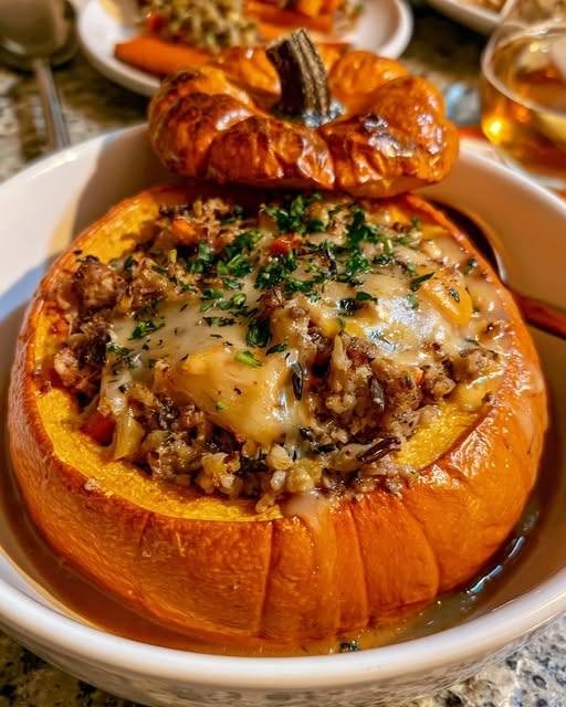 Meat Stuffed Pumpkin with Wild Rice Stuffing There are certain recipes that feel like they were made for a beautiful fall table. This Meat Stuffed Pumpkin with Wild Rice Stuffing is one of them. The first time I made it, I honestly wasn't sure what to expect. I had seen stuffed pumpkins before, but I'd always assumed they were one of those recipes that looked impressive and required an entire afternoon in the kitchen. I was very wrong. Yes, it makes a beautiful centerpiece. Yes, it gets plenty of attention when you bring it to the table. But underneath all that drama is wonderfully comforting food: tender roasted pumpkin filled with savory seasoned meat, nutty wild rice, sweet little bites of dried cranberry, sautéed vegetables, fresh herbs, and just enough cheese to bring everything together. I made this on a cool weekend when I wanted something that felt special without making a complicated holiday dinner. And everyone gathered around the table asking the same question: “Are we actually supposed to eat the pumpkin too?” Yes. That's the best part. You scoop some of the tender pumpkin flesh together with the filling, so every serving gets a little of that naturally sweet roasted pumpkin mixed with the savory stuffing. It's cozy, hearty, colorful, and absolutely perfect for fall. 🍂 Why You'll Love This Stuffed Pumpkin Makes an impressive centerpiece for a fall dinner Combines savory meat with sweet roasted pumpkin Wild rice gives the stuffing a wonderful nutty texture Easy to customize with different meats and vegetables Perfect for Thanksgiving or a weekend family dinner Can be prepared in stages Makes the kitchen smell absolutely incredible The pumpkin itself becomes part of the meal And perhaps my favorite thing? You don't need a dozen side dishes. The pumpkin and stuffing are practically dinner all by themselves. 🛒 Ingredients For the Pumpkin 1 medium sugar pumpkin, approximately 4–5 pounds 2 tablespoons olive oil ½ teaspoon salt ¼ teaspoon black pepper ½ teaspoon dried sage ¼ teaspoon ground nutmeg For the Wild Rice Stuffing 1 cup uncooked wild rice blend 2 cups chicken or beef broth 1 tablespoon olive oil 1 pound ground beef ½ medium yellow onion, finely diced 2 celery stalks, finely diced 1 medium carrot, finely diced 3 cloves garlic, minced 1 teaspoon dried sage 1 teaspoon dried thyme ½ teaspoon dried rosemary ½ teaspoon smoked paprika ½ teaspoon salt ¼ teaspoon black pepper ½ cup dried cranberries ½ cup chopped pecans or walnuts ½ cup chopped fresh parsley ½ cup shredded Parmesan cheese Optional ½ cup finely chopped mushrooms ½ cup diced apple ¼ cup chopped fresh sage ½ cup shredded Gruyère or mozzarella for the topping 👩‍🍳 How to Make Meat Stuffed Pumpkin with Wild Rice Stuffing 1. Cook the Wild Rice Start with the rice because it needs time to cook and cool slightly before going into the stuffing. Combine the wild rice blend and broth in a saucepan. Bring to a boil. Reduce the heat to low, cover, and simmer according to the package directions, usually around 35–45 minutes, until the rice is tender. Once cooked, fluff with a fork and set aside. If there is excess liquid, drain it. 🎃 2. Prepare the Pumpkin Preheat your oven to 350°F (175°C). Place the pumpkin on a sturdy cutting board. Using a strong, sharp knife, carefully cut a circle around the stem to create a lid. Take your time here. Pumpkin skin can be quite firm, so don't try to force the knife through it quickly. Remove the lid. Use a large spoon to scoop out the seeds and stringy pulp from inside. Save the seeds if you'd like to roast them later. 🥄 3. Season the Pumpkin Prick the inside of the pumpkin several times with a fork. Brush the inside with olive oil. Sprinkle with salt, pepper, sage, and nutmeg. Rub the seasoning around the inside so every part of the pumpkin gets some flavor. Place the pumpkin in a roasting pan or on a sturdy baking sheet. Put the lid beside it rather than sealing the pumpkin completely at this stage. 🔥 4. Roast the Pumpkin Add a small splash of water to the bottom of the roasting pan. Roast the pumpkin for approximately 45–60 minutes, depending on its size. You don't want it completely falling apart yet. The flesh should be beginning to soften but still be sturdy enough to hold the stuffing. While the pumpkin roasts, prepare the filling. 🥩 5. Brown the Meat Heat the olive oil in a large skillet over medium-high heat. Add the ground beef. Break it apart with a wooden spoon and cook for approximately 6–8 minutes, until browned and cooked through. If there is a large amount of excess fat, drain some of it. Leave enough behind to keep the stuffing flavorful. 🧅 6. Add the Vegetables Add the diced onion, celery, and carrot. Cook for approximately 5–7 minutes, stirring occasionally, until the vegetables begin to soften. Add the garlic. Cook for another 30–60 seconds. If you're using mushrooms, add them now and cook until softened. The smell at this point is already incredible. 🌿 7. Season the Meat Mixture Add the sage, thyme, rosemary, smoked paprika, salt, and black pepper. Stir thoroughly. The combination of sage and rosemary gives this stuffing that unmistakable cool-weather flavor. If you're using fresh sage instead of dried, add it toward the end of cooking so its flavor stays bright. 🍚 8. Add the Wild Rice Add the cooked wild rice to the skillet. Stir everything together until the rice is evenly distributed throughout the meat and vegetables. Remove the skillet from the heat. 🍎 9. Add the Finishing Ingredients Stir in the dried cranberries, chopped nuts, parsley, and Parmesan. If you're using diced apple, fold that in as well. Taste the stuffing. This is the moment to adjust the seasoning. Want more herbs? Add them. Prefer more savory flavor? Add another pinch of salt or pepper. Want more sweetness? A few extra cranberries or diced apple will do it. 🎃 10. Stuff the Pumpkin Carefully remove the partially roasted pumpkin from the oven. Spoon the meat and wild rice mixture into the pumpkin cavity. Don't pack it too tightly. You want the filling to remain light enough for the heat to circulate through it. Mound the stuffing slightly above the top if you have enough. That overflowing, rustic look is part of the charm. If you're adding extra cheese, sprinkle it over the top. 🔥 11. Finish Roasting Place the pumpkin back into the oven. Roast for another 30–45 minutes, or until the pumpkin flesh is completely tender when pierced with a knife and the stuffing is hot throughout. If the top begins browning too quickly, loosely cover the pumpkin with foil. For an extra golden finish, remove the foil during the final 10 minutes. 🎃 12. Add the Pumpkin Lid About halfway through the final baking period, place the pumpkin lid back on top. You don't need to seal it tightly. Simply rest it slightly askew so some of the beautiful stuffing remains visible. When the pumpkin is completely tender, remove it from the oven and let it rest for 10 minutes. That short rest makes it much easier to serve. 🔪 How to Serve a Whole Stuffed Pumpkin This is where the recipe becomes especially fun. Bring the entire pumpkin to the table. Remove the lid. Let everyone admire it for a minute. Then use a large spoon to scoop out portions of the stuffing along with some of the tender pumpkin flesh. You don't have to cut the pumpkin into perfect slices. In fact, rustic is better here. Each serving should have plenty of savory stuffing and some sweet roasted pumpkin. That's the magic combination. 🌰 Easy Variations Ground Turkey Stuffed Pumpkin Replace the beef with ground turkey. Add a little extra olive oil or butter to keep the filling moist. Sausage Stuffed Pumpkin Use mild or sage-flavored pork sausage instead of ground beef. This is especially delicious with the wild rice. Venison Stuffed Pumpkin For a more rustic, game-inspired version, use ground venison. Sage, rosemary, wild rice, and pumpkin pair beautifully with it. Apple & Sausage Use ground sausage and add diced apple to the stuffing. The sweet apple works beautifully with savory sausage. Mushroom & Beef Add plenty of chopped mushrooms for an extra savory, earthy filling. Cranberry Pecan Stuffing Increase the dried cranberries and use toasted pecans. This version feels especially festive. Cheesy Stuffed Pumpkin Add Gruyère, mozzarella, or extra Parmesan during the final baking stage. The melted cheese creates a delicious golden crust over the stuffing. 🍽️ What to Serve With Stuffed Pumpkin This is already a substantial meal, so I like keeping the sides simple. Try serving it with: Simple green salad Roasted Brussels sprouts Green beans Cranberry sauce Sautéed greens Roasted carrots Garlic green beans Fresh bread Warm dinner rolls For Thanksgiving, it makes a gorgeous alternative to a traditional turkey-centered meal. ⭐ Tips for the Best Stuffed Pumpkin Choose the right pumpkin Look for a sugar pumpkin or pie pumpkin rather than a large carving pumpkin. You want a pumpkin with flavorful flesh and sturdy walls. Don't overcook the pumpkin before stuffing It should be partly tender but still firm enough to hold its shape. Don't pack the stuffing too tightly A loose filling heats more evenly. Watch the pumpkin as it cooks Pumpkins vary considerably in size and thickness. Use a knife to test the flesh rather than relying only on the clock. Put the pumpkin on a sturdy pan Once stuffed, it can become surprisingly heavy. A sturdy baking sheet or roasting pan makes moving it much safer. Save the seeds Rinse, dry, season, and roast them for a crunchy snack. Let it rest A short resting period makes serving much easier and gives the filling time to settle. 🕐 Can I Make This Ahead? Absolutely. There are several ways to make this recipe easier when you're entertaining. Cook the wild rice a day ahead. You can also prepare the meat and vegetable mixture ahead of time. Store everything separately in the refrigerator. When you're ready to cook, combine the filling, stuff the pumpkin, and finish baking. You can also roast the pumpkin partially ahead of time, although I prefer doing most of the roasting on the day you plan to serve it. 🧊 Storage Store leftover meat and wild rice stuffing in an airtight container in the refrigerator for up to 3–4 days. If possible, store leftover pumpkin flesh separately. Reheat the stuffing in a skillet or microwave until piping hot. The pumpkin can be reheated gently in the oven. ❄️ Can You Freeze the Stuffing? Yes. The cooked meat and wild rice stuffing freezes well. Allow it to cool completely before transferring it to a freezer-safe container. Freeze for up to 2–3 months for the best quality. Thaw overnight in the refrigerator and reheat thoroughly. I don't recommend freezing the entire cooked pumpkin because its texture can become watery after thawing. ❓ Frequently Asked Questions What kind of pumpkin should I use? A sugar pumpkin or pie pumpkin is ideal because the flesh is flavorful and suitable for eating. Avoid using a decorative carving pumpkin for this recipe. Can I use butternut squash instead? Absolutely. You can halve a large butternut squash, scoop out the seeds, roast it, and fill the cavity with the meat and wild rice stuffing. Can I use brown rice instead of wild rice? Yes. Brown rice works very well, although wild rice gives the stuffing a particularly earthy, nutty flavor. Can I use cooked leftover rice? Definitely. If you already have cooked rice in the refrigerator, this recipe becomes even easier. Use about 3 cups cooked rice in place of the uncooked wild rice. Can I use ground turkey? Yes. Ground turkey, chicken, pork sausage, beef, or venison can all work. Can I make this vegetarian? Absolutely. Leave out the meat and increase the mushrooms, wild rice, celery, carrots, and nuts. You can also add lentils or chickpeas for additional substance. How do I know when the pumpkin is done? Insert a small knife into the pumpkin flesh. It should slide in easily with little resistance. Why did my pumpkin collapse? It may have been roasted too long before or after stuffing. Pumpkin walls become very soft once fully cooked, so handle the finished pumpkin carefully. Can I use a smaller pumpkin? Yes. Several smaller sugar pumpkins can make beautiful individual servings. Just reduce the filling amount and start checking them earlier because smaller pumpkins cook more quickly. Can I use dried herbs? Absolutely. Dried sage, thyme, and rosemary work wonderfully. If you have fresh herbs available, though, they make the finished dish especially fragrant. 🍽️ Recipe at a Glance Prep Time: 30 minutes Cook Time: 1½–2 hours Resting Time: 10 minutes Total Time: About 2 hours Servings: 6–8 Category: Main Course / Fall Dinner Cuisine: American-inspired Cooking Method: Oven Roasting ❤️ The Fall Dinner Everyone Remembers Some recipes are delicious. Some recipes are beautiful. And then there are recipes that somehow manage to be both. This Meat Stuffed Pumpkin with Wild Rice Stuffing is one of those recipes. I love bringing the whole pumpkin to the table because it creates that little moment of excitement before anyone even takes a bite. Then the lid comes off. You see the golden stuffing. You smell the sage, rosemary, garlic, and roasted pumpkin. And suddenly everyone is ready for dinner. The wild rice gives the filling a wonderful nutty bite, the meat makes it hearty, the cranberries add little bursts of sweetness, and the roasted pumpkin ties everything together. It's the kind of meal that makes a regular weekend dinner feel like an occasion. And if you're making it for Thanksgiving or another holiday gathering, don't be surprised when people ask you for the recipe before they've even finished eating. Bring the whole pumpkin to the table, let everyone admire it, then dig in. That's what fall cooking is all about.
