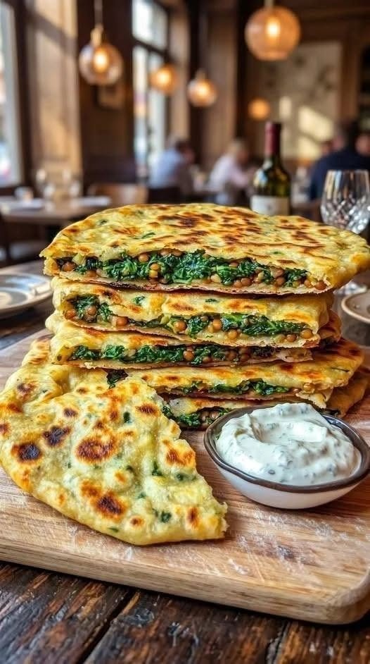 Spinach Stuffed Flatbread with Yogurt-Herb Dip There are some recipes that make the kitchen smell like home. For me, this Spinach Stuffed Flatbread with Yogurt-Herb Dip is one of them. I love anything that starts with simple dough and turns into something warm, golden, and completely irresistible in a skillet. Add a savory spinach filling, fresh herbs, a little cheese, and a cool yogurt dip on the side, and suddenly a simple flatbread becomes a meal I could happily eat any time of day. I made these on a relaxed weekend when I wanted something homemade but didn't want to spend the entire afternoon cooking. I had a bag of spinach in the refrigerator that needed to be used, some fresh herbs on the counter, and yogurt waiting in the fridge. It seemed like the perfect combination. The dough came together easily, and while it rested, I cooked the spinach with garlic and scallions until everything smelled fresh and savory. Then came the fun part. Rolling out the dough, adding the filling, folding it over, and sealing the edges. Once the stuffed flatbreads hit the hot skillet, the kitchen changed completely. You get those beautiful golden-brown spots on the outside, while the spinach filling becomes warm, soft, cheesy, and fragrant inside. And then there's the yogurt-herb dip. Cool, creamy yogurt mixed with lemon, garlic, parsley, mint, and a little salt is exactly what these hot flatbreads need. The first one disappeared almost immediately. Then the second. And that's when I knew this was a recipe worth keeping. ❤️ Why You'll Love These Spinach Stuffed Flatbreads Crispy and golden on the outside Soft, savory spinach filling inside Fresh herbs add tons of flavor Creamy yogurt dip balances the warm flatbread Perfect for lunch, dinner, or brunch Great for meatless meals Easy to customize Delicious served hot from the skillet Wonderful for sharing Uses simple everyday ingredients They're also incredibly versatile. Serve them as a light meal with salad, cut them into wedges for an appetizer, or make smaller flatbreads and serve them as part of a mezze-style spread. 🛒 Ingredients For the Flatbread Dough 2 ½ cups all-purpose flour 1 teaspoon salt ¾ cup plain yogurt ½ cup warm water, plus more if needed 1 tablespoon olive oil For the Spinach Filling 5 ounces fresh spinach 2 scallions, finely chopped 2 cloves garlic, minced ½ cup crumbled feta cheese 2 tablespoons chopped fresh parsley 1 tablespoon chopped fresh dill 1 tablespoon chopped fresh mint ½ teaspoon ground cumin ½ teaspoon salt ¼ teaspoon black pepper 1 tablespoon olive oil For the Yogurt-Herb Dip 1 cup plain Greek yogurt 1 tablespoon fresh lemon juice 1 small garlic clove, finely grated 2 tablespoons chopped fresh parsley 1 tablespoon chopped fresh mint 1 tablespoon chopped fresh dill ¼ teaspoon salt ¼ teaspoon black pepper 1 tablespoon olive oil For Cooking 1–2 tablespoons olive oil or melted butter 🥬 Choosing the Spinach Fresh spinach works beautifully here because it cooks down quickly and has a lovely delicate flavor. Baby spinach is especially convenient because the leaves are tender and don't require much preparation. You can also use frozen spinach. If using frozen spinach, thaw it completely and squeeze out as much water as possible before making the filling. This is important. Wet spinach is the enemy of stuffed flatbread. Too much moisture can make the filling watery and can also make the dough difficult to seal. 👩🍳 How to Make Spinach Stuffed Flatbread Step 1: Make the Dough Add the flour and salt to a large mixing bowl. Pour in the yogurt, warm water, and olive oil. Mix with a wooden spoon or your hands until a shaggy dough begins to form. Turn the dough onto a lightly floured surface and knead for about 5 minutes, until smooth and elastic. You don't need to knead it aggressively. Just work the dough until it feels soft and cohesive. If it's too dry, add warm water 1 tablespoon at a time. If it's very sticky, sprinkle in a little extra flour. ⏰ Step 2: Let the Dough Rest Shape the dough into a ball. Lightly coat it with a little olive oil and place it in a bowl. Cover with a clean kitchen towel or plastic wrap. Let it rest for 30 minutes. Don't skip this step. Resting gives the flour time to hydrate and relaxes the gluten, making the dough much easier to roll out. Stuffed flatbreads are traditionally made with rested dough, and similar herb-stuffed flatbread recipes use a resting period before rolling and filling. 🥬 Step 3: Cook the Spinach While the dough rests, prepare the filling. Heat the olive oil in a large skillet over medium heat. Add the chopped scallions and cook for about 2 minutes. Add the garlic and cook for another 30 seconds. Add the spinach. It may look like a huge amount at first. Don't worry. Spinach collapses quickly. Cook for 2–3 minutes, stirring occasionally, until completely wilted. 💧 Step 4: Remove Excess Moisture Transfer the cooked spinach mixture to a fine-mesh strainer or bowl. Let it cool slightly. Then squeeze out as much excess moisture as possible. You can press it firmly with the back of a spoon or squeeze it gently in a clean kitchen towel. This step is incredibly important. A dry filling means a crisp flatbread. A wet filling can create steam inside the dough and make the flatbread difficult to seal. Spinach-yogurt preparations also emphasize thoroughly squeezing cooked spinach to prevent excess moisture. 🌿 Step 5: Finish the Filling Finely chop the cooked spinach. Place it in a bowl. Add: Feta Parsley Dill Mint Cumin Salt Black pepper Mix everything together. Taste the filling. You want it savory, herby, slightly salty, and fragrant. If needed, add another small pinch of salt or pepper. Let the filling cool completely before stuffing the dough. 🥣 Step 6: Make the Yogurt-Herb Dip While the filling cools, make the dip. Add the Greek yogurt to a small bowl. Stir in the lemon juice, garlic, parsley, mint, dill, salt, black pepper, and olive oil. Mix until smooth. Taste and adjust the seasoning. If you like a thinner dip, add 1–2 teaspoons of water. If you want more lemon flavor, add another squeeze. Cover and refrigerate while you prepare the flatbreads. Yogurt-based herb sauces work particularly well with stuffed flatbreads because their cool, tangy flavor balances the warm, savory bread. 🔪 Step 7: Divide the Dough Place the rested dough on a lightly floured surface. Divide it into 6 equal pieces. Roll each piece into a ball. Keep the dough balls covered with a clean towel while you work. This prevents them from drying out. 🫓 Step 8: Roll Out the Dough Take one dough ball. Roll it into a thin circle, approximately 7–8 inches wide. It doesn't have to be perfectly round. We're making homemade flatbread, not competing in a geometry contest. Just try to make the thickness fairly even. 🥬 Step 9: Add the Spinach Filling Place about ⅓ cup of spinach filling over one half of the dough. Leave a small border around the edge. Don't overfill. I know it's tempting because the filling smells so good, but too much filling can make the flatbread difficult to seal. 🫓 Step 10: Fold and Seal Fold the empty half of the dough over the spinach filling. Gently press around the edges to remove any large air pockets. Then firmly pinch the edges together. You can also press the edges with the tines of a fork for a decorative finish. Make sure the edges are completely sealed. This is important because you don't want the filling escaping into the skillet. Stuffed flatbread recipes similarly emphasize sealing the dough firmly before cooking. 🔥 Step 11: Cook the Flatbread Heat a large skillet or cast-iron pan over medium heat. Lightly brush it with olive oil. Place one stuffed flatbread into the hot pan. Cook for approximately 3–4 minutes on the first side. You should see golden-brown spots developing underneath. Flip carefully. Cook another 3–4 minutes until the second side is golden and the dough is fully cooked. Adjust the heat if necessary. You want the outside beautifully browned without burning before the inside gets hot. 🧈 Step 12: Brush With Butter Transfer the cooked flatbread to a plate. Brush lightly with melted butter or olive oil. This gives the surface a beautiful sheen and keeps the flatbread tender. Repeat with the remaining dough and filling. Stack the cooked flatbreads and cover them loosely with a clean kitchen towel to keep them warm and soft. 🍋 Step 13: Serve With Yogurt-Herb Dip Cut the flatbreads into halves or wedges. Serve immediately with the chilled yogurt-herb dip. Add extra fresh herbs and a sprinkle of paprika or sumac if you like. Then dig in. That contrast between the hot, crisp flatbread and the cool, creamy dip is the whole reason I love this recipe. ⭐ Tips for Perfect Spinach Stuffed Flatbread Squeeze the spinach really well This is probably the most important tip. Excess water can make the filling soggy and cause the flatbread to burst. Don't overfill A generous filling is wonderful. An overflowing filling is not. Keep a border around the edges so you can seal the dough properly. Let the filling cool Warm filling can soften the dough and make sealing harder. Let it cool before stuffing. Rest the dough Thirty minutes makes the dough much easier to roll. Keep unused dough covered Exposed dough dries quickly. Keep the remaining dough balls under a clean towel while you work. Use medium heat Too high and the outside can burn before the filling gets hot. Too low and the flatbread can become dry instead of beautifully golden. 🧀 Easy Filling Variations The spinach filling is only the beginning. Spinach & Mozzarella Replace some of the feta with shredded mozzarella for a wonderfully stretchy filling. Spinach & Ricotta Mix the cooked spinach with ricotta, Parmesan, garlic, and black pepper. Make sure the filling isn't too wet. Spinach & Potato Add a small amount of mashed cooked potato to the spinach mixture. This makes the flatbread extra hearty. Spinach & Mushroom Sauté finely chopped mushrooms until their moisture has evaporated, then mix them with the spinach. Spicy Spinach Flatbread Add crushed red pepper flakes or finely chopped green chili. Spinach & Feta With Sumac Add a generous pinch of sumac to the filling for a bright, lemony flavor. This is one of my favorites. 🌿 Other Herbs You Can Use Don't feel like you have to follow the herb combination exactly. Try: Parsley Cilantro Dill Mint Basil Chives Green onion Herb-stuffed flatbreads are wonderfully flexible, and traditional preparations often use combinations of tender herbs and greens rather than one fixed filling. 🥣 Yogurt-Herb Dip Variations Garlic Yogurt Dip Keep it simple with yogurt, garlic, lemon, salt, and pepper. Mint Yogurt Use extra fresh mint and lemon. It's especially refreshing alongside the warm spinach flatbread. Cucumber Herb Yogurt Add finely grated cucumber that has been squeezed dry. Spicy Yogurt Add a pinch of cayenne or red pepper flakes. Feta Yogurt Dip Stir a couple of tablespoons of crumbled feta into the yogurt. Green Herb Yogurt Blend parsley, cilantro, mint, garlic, lemon, and yogurt until smooth. 🍽️ What to Serve With Spinach Stuffed Flatbread These flatbreads are filling enough to serve as a meal, but they also pair beautifully with other dishes. Try serving them with: Tomato and cucumber salad Greek salad Lentil soup Tomato soup Chickpea salad Hummus Baba ganoush Roasted vegetables Grilled chicken Grilled lamb Falafel Olives Pickled vegetables For a simple lunch, I love serving two wedges with a big cucumber-tomato salad and plenty of yogurt dip. 🥗 Turn It Into a Complete Meal If you want something more substantial, build a whole Mediterranean-inspired plate. Add: Spinach stuffed flatbread Yogurt-herb dip Cucumber and tomato salad Hummus Olives Pickled onions Fresh fruit It feels special enough for a weekend lunch but is still simple enough to make at home. 🧊 How to Store Leftover Flatbread Let the flatbreads cool completely. Place them in an airtight container or zip-top bag. Refrigerate for up to 3 days. Store the yogurt dip separately. This helps the flatbread maintain its texture. ❄️ Can You Freeze Spinach Stuffed Flatbread? Yes. For the best results, let the cooked flatbreads cool completely. Stack them with parchment paper between each one. Place them in a freezer-safe bag or container. Freeze for up to 2 months for best quality. You can also freeze the uncooked stuffed flatbreads before pan-frying, provided they are wrapped well and separated with parchment. 🔥 How to Reheat Skillet This is my favorite method. Heat a dry skillet over medium-low heat. Cook the flatbread for several minutes on each side until warmed through. Oven Wrap the flatbreads loosely in foil and heat at 350°F (175°C) until warm. Open the foil during the final few minutes if you want the outside a little crispier. Air Fryer Heat at around 350°F (175°C) for several minutes until warm and crisp. Watch carefully because thin flatbread can dry out quickly. 🥣 How to Store the Yogurt-Herb Dip Keep the dip covered in the refrigerator. For the freshest flavor and texture, use it within 2–3 days. Give it a good stir before serving. If it thickens too much, add a tiny splash of water or lemon juice. ❓ Frequently Asked Questions Can I use frozen spinach? Yes. Thaw it completely and squeeze it extremely well before using. Why is my flatbread soggy? The most common culprit is excess moisture in the spinach filling. Cook the spinach thoroughly and squeeze out as much water as possible. Can I make the dough ahead? Yes. Prepare the dough, cover it well, and refrigerate it for up to a day. Let it sit at room temperature briefly before rolling if it feels very firm. Can I use whole-wheat flour? Yes. You can replace part of the all-purpose flour with whole-wheat flour. Keep in mind that the dough may be slightly denser. Can I use Greek yogurt in the dough? Yes. Greek yogurt works, although because it is thicker than regular yogurt, you may need a little additional water. Can I make these without cheese? Absolutely. Simply omit the feta and increase the herbs and seasoning. You could also add finely chopped mushrooms or cooked onions for extra flavor. Can I use other greens? Yes. Try kale, Swiss chard, arugula, or a combination of tender greens and herbs. Cook and squeeze them well before using. Can I make these spicy? Definitely. Add red pepper flakes, cayenne, chopped jalapeño, or Aleppo pepper to the filling. Can I make mini flatbreads? Yes. Divide the dough into 8–10 smaller portions and use less filling in each one. They're perfect for appetizers or parties. Why did my flatbread burst while cooking? Usually this happens because it was overfilled, the edges weren't sealed well, or trapped air wasn't pressed out before sealing. Roll the dough gently and leave a small border around the filling. Can I cook these without oil? Yes. A good nonstick or seasoned cast-iron skillet can cook them with little or no oil, although a small amount of oil or butter gives the surface better browning and flavor. Can I make the yogurt dip ahead? Absolutely. In fact, giving the dip some time in the refrigerator allows the garlic, lemon, and herbs to blend beautifully. What if I don't have fresh herbs? Fresh herbs are best for the dip, but in a pinch you can use a small amount of dried herbs. The flavor won't be quite as bright. 📝 Recipe at a Glance Recipe: Spinach Stuffed Flatbread with Yogurt-Herb Dip Prep Time: 30 minutes Dough Rest: 30 minutes Cook Time: 20–25 minutes Total Time: About 1 hour 25 minutes Servings: 6 flatbreads Course: Lunch / Dinner / Appetizer Cuisine: Mediterranean / Middle Eastern Inspired Method: Stovetop Ingredients Flatbread 2 ½ cups all-purpose flour 1 teaspoon salt ¾ cup plain yogurt ½ cup warm water 1 tablespoon olive oil Spinach Filling 5 ounces fresh spinach 2 scallions 2 garlic cloves ½ cup feta 2 tablespoons parsley 1 tablespoon dill 1 tablespoon mint ½ teaspoon cumin ½ teaspoon salt ¼ teaspoon black pepper 1 tablespoon olive oil Yogurt-Herb Dip 1 cup Greek yogurt 1 tablespoon lemon juice 1 small garlic clove 2 tablespoons parsley 1 tablespoon mint 1 tablespoon dill ¼ teaspoon salt ¼ teaspoon black pepper 1 tablespoon olive oil Instructions Mix the flour and salt. Add yogurt, warm water, and olive oil. Knead until smooth and let the dough rest for 30 minutes. Cook scallions and garlic in olive oil. Add spinach and cook until wilted. Drain and squeeze the spinach thoroughly. Mix spinach with feta, herbs, cumin, salt, and pepper. Mix all yogurt-herb dip ingredients in a bowl and refrigerate. Divide dough into 6 balls. Roll each into a thin circle. Add spinach filling to one half. Fold and firmly seal the edges. Cook in a lightly oiled skillet for 3–4 minutes per side. Brush lightly with butter or olive oil. Serve warm with yogurt-herb dip. ❤️ The Kind of Homemade Food I Never Get Tired Of I think there's something especially satisfying about making bread with your own hands. You start with flour, yogurt, water, and a little salt. Nothing particularly exciting. Then you knead it, let it rest, roll it out, fill it with spinach and herbs, and place it into a hot skillet. A few minutes later, you have something golden and warm sitting on your plate. That's the kind of cooking I love. It's simple enough for an ordinary weekend but special enough that everyone notices when it comes to the table. I love breaking open one of these flatbreads and seeing that savory green filling tucked inside. Then I tear off a piece, dip it into the cold yogurt-herb sauce, and get that combination of warm, crisp bread with cool, tangy yogurt. It's so good. These are the flatbreads I would make for a lazy weekend lunch, a family dinner, or whenever I have spinach and fresh herbs that need a little attention. They're comforting without being heavy. Fresh without being boring. And simple enough that once you've made them once, you'll probably start thinking about what other fillings you can tuck inside. Because that's the beauty of homemade flatbread. You can change it every time. But this spinach version? This one is definitely worth making again.