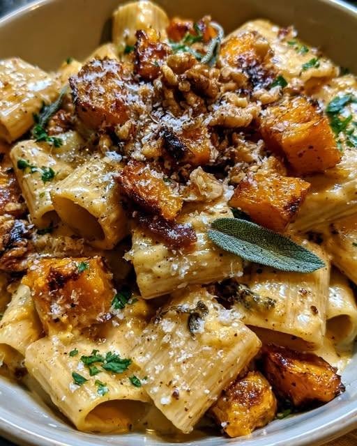 Butternut Squash & Sage Pasta for Cozy Autumn Nights There are certain meals that just feel like autumn. You know the ones. The kind of dinner that makes the kitchen smell warm and buttery, the windows feel a little cozier, and everyone suddenly wants to sit around the table a little longer. This Butternut Squash & Sage Pasta is exactly that kind of meal. It's creamy without needing a heavy cream sauce, sweet from roasted butternut squash, savory from garlic and Parmesan, and finished with crispy sage leaves that add the most wonderful earthy flavor. I made this one on a cool evening when I wanted something comforting but didn't want to spend hours cooking. The squash was roasting while I got the pasta going, and before long the whole kitchen smelled like garlic, butter, and sage. When I tossed everything together, the sauce clung to every piece of pasta. I added a little extra Parmesan and a few crispy sage leaves on top. My family gathered around the table, and within minutes someone asked, "Is there more?" There wasn't much left. That's always my favorite kind of recipe. The kind that doesn't need a big introduction. You put the skillet in the middle of the table, everyone serves themselves, and suddenly a regular weeknight feels special. If you're looking for a cozy autumn dinner that's simple enough for a weeknight but delicious enough to make for guests, this is one to keep. 🍂 Why You'll Love This Butternut Squash & Sage Pasta Creamy and comforting Full of roasted squash flavor Crispy, fragrant sage Plenty of garlic and Parmesan Naturally sweet and savory Perfect for cool-weather dinners Easy enough for a weeknight Great vegetarian main dish Easy to customize Wonderful for leftovers And that combination of butternut squash, brown butter, sage, and Parmesan? It's basically autumn in a bowl. 🛒 Ingredients For the Butternut Squash 4 cups peeled and cubed butternut squash 2 tablespoons olive oil ½ teaspoon salt ½ teaspoon black pepper ½ teaspoon garlic powder ¼ teaspoon ground nutmeg For the Pasta 12 ounces pasta, such as rigatoni, penne, fusilli, or fettuccine Salt, for the pasta water 1 cup reserved pasta water For the Sage Butter Sauce 4 tablespoons unsalted butter 12–15 fresh sage leaves 3 cloves garlic, finely minced ½ cup finely grated Parmesan cheese ¼ teaspoon red pepper flakes, optional ½ teaspoon freshly ground black pepper 1 tablespoon fresh lemon juice For Serving Extra Parmesan Fresh sage leaves Toasted walnuts or pecans, optional Freshly cracked black pepper A drizzle of olive oil Lemon wedges 🎃 Fresh or Pre-Cut Butternut Squash? Both work. Fresh butternut squash gives you beautiful caramelized edges when roasted. But if you're cooking on a busy evening, pre-cut squash is a fantastic shortcut. You can even use frozen butternut squash. If using frozen squash, roast it directly from frozen and allow a little extra time for browning. 👩‍🍳 How to Make Butternut Squash & Sage Pasta 1. Preheat the Oven Preheat your oven to 425°F (220°C). A hot oven is important because you want the squash to roast and caramelize rather than simply steam. 🎃 2. Season the Butternut Squash Place the cubed butternut squash on a large baking sheet. Drizzle with olive oil. Add: Salt Black pepper Garlic powder Nutmeg Toss until everything is evenly coated. Spread the squash into a single layer. Don't crowd the pan. 🔥 3. Roast the Squash Roast for approximately 25–35 minutes, turning the squash halfway through. You're looking for tender centers and caramelized golden edges. Those browned edges are where so much of the flavor comes from. When the squash is finished, remove it from the oven. 🍝 4. Cook the Pasta While the squash is roasting, bring a large pot of salted water to a boil. Cook the pasta according to the package directions until al dente. Before draining, reserve about 1 cup of pasta water. Drain the pasta and set it aside. Don't rinse it. The starch on the pasta helps the sauce cling beautifully. 🧈 5. Make the Sage Butter While the pasta is cooking, melt the butter in a large skillet over medium heat. Add the fresh sage leaves. Let them cook for approximately 2–3 minutes, turning once, until the leaves become crisp and fragrant. Carefully remove the crispy sage leaves and place them on a small plate lined with paper towel. Leave the sage-infused butter in the skillet. 🧄 6. Add the Garlic Reduce the heat slightly. Add the minced garlic to the butter. Cook for approximately 30–60 seconds. You want it fragrant but not deeply browned. Add the red pepper flakes if you're using them. 🥣 7. Build the Sauce Add approximately 1½ cups of roasted butternut squash to the skillet. Mash it gently with a fork or potato masher. Pour in about ½ cup of reserved pasta water. Stir until the squash and butter form a creamy sauce. Add more pasta water a little at a time if needed. The sauce should be silky enough to coat the back of a spoon. 🍝 8. Add the Pasta Add the drained pasta directly to the skillet. Toss everything together. Add more pasta water as needed. The starch from the pasta water helps create that creamy texture without requiring a huge amount of cream. 🧀 9. Add Parmesan Turn the heat to low. Add the Parmesan cheese and black pepper. Toss gently until the cheese melts into the sauce. Taste. Add more salt if necessary. Then add the lemon juice. That little bit of acidity keeps the sauce from tasting too heavy. 🍂 10. Add the Roasted Squash Fold the remaining roasted butternut squash into the pasta. Be gentle. You want some squash to blend into the sauce while keeping some golden roasted pieces intact. That's what gives the finished dish such a beautiful texture. 🌿 11. Garnish and Serve Divide the pasta among bowls. Top with: Crispy sage leaves Extra Parmesan Freshly cracked black pepper Toasted walnuts or pecans, if desired I also love adding a tiny drizzle of olive oil. Serve immediately. ⭐ Tips for the Best Butternut Squash Pasta Roast the squash until golden Don't remove it as soon as it's merely tender. Those caramelized edges add so much flavor. Don't overcrowd the pan Give the squash room to roast. Save your pasta water This is one of the most important ingredients in the sauce. Use fresh sage Fresh sage has a much more fragrant flavor than dried sage for this recipe. Add Parmesan off the heat This helps it melt smoothly into the sauce. Add lemon at the end The acidity brightens the entire dish. 🧈 How to Brown the Butter If you want an even deeper flavor, take the butter a little further. After adding the sage, continue cooking until the butter begins to foam and develops a warm, nutty aroma. You'll notice tiny golden-brown specks forming at the bottom of the skillet. That's browned butter. Just be careful not to burn it. Once it smells nutty and the color turns golden, move quickly to the next step. 🌰 Add Toasted Nuts Butternut squash and nuts are a beautiful combination. Try: Walnuts Pecans Hazelnuts Pumpkin seeds Toast them in a dry skillet for a few minutes until fragrant. Roughly chop them and sprinkle them over the pasta before serving. The crunch is wonderful against the creamy sauce. 🧀 Make It Extra Cheesy If you love a cheesy pasta, add: Parmesan Pecorino Romano Fontina Goat cheese Ricotta A spoonful of goat cheese stirred into the warm sauce gives it a lovely tangy creaminess. 🌶️ Make It Spicy The sweetness of butternut squash works surprisingly well with heat. Add: Red pepper flakes Calabrian chili paste Cayenne Crushed chili Hot honey for serving Start small. You can always add more. 🥬 Add Greens Want to add some vegetables? Stir in: Spinach Add a couple of handfuls during the final few minutes. Kale Finely chop and sauté it before adding the pasta. Arugula Fold it in right before serving. The heat from the pasta will soften it slightly. 🍗 Add Chicken For a heartier meal, add sliced grilled or roasted chicken. Season it simply with: Salt Black pepper Garlic powder Italian seasoning You can also use leftover rotisserie chicken. 🥓 Add Crispy Bacon Crispy bacon adds a smoky, salty contrast to the sweet squash. Cook bacon until crisp, crumble it, and sprinkle it over the finished pasta. For a vegetarian version, crispy toasted walnuts provide a similar salty-crunchy contrast. 🍄 Add Mushrooms Sauté sliced mushrooms in a little olive oil or butter until golden. Add them to the finished pasta. Their earthy flavor pairs beautifully with sage and butternut squash. 🍝 Best Pasta Shapes Almost any pasta will work, but some shapes are particularly good at holding onto the sauce. Try: Rigatoni Penne Fusilli Farfalle Orecchiette Fettuccine Tagliatelle Shells I especially love rigatoni because the creamy squash sauce gets inside the tubes. 🥛 Can I Make It Creamier? Absolutely. Add ¼–½ cup heavy cream after blending the squash with the pasta water. You can also use: Half-and-half Whole milk Cream cheese Mascarpone Ricotta For a lighter creamy sauce, Greek yogurt can work, but stir it in after removing the skillet from the heat. 🍋 Why Add Lemon? This pasta is rich and naturally sweet. A small amount of lemon juice gives it balance. You don't want the pasta to taste strongly lemony. You simply want enough acidity to brighten the butter, Parmesan, and squash. 🍽️ What to Serve With Butternut Squash Pasta This pasta can absolutely stand on its own. But if you're making dinner for family or guests, serve it with: Simple green salad Arugula salad Garlic bread Roasted Brussels sprouts Green beans Steamed broccoli Sautéed spinach Crusty bread A crisp salad with lemon vinaigrette is my favorite pairing. 🍷 Dinner Party Version If you're serving this to guests, keep the presentation simple. Pile the pasta into a large serving bowl. Scatter crispy sage leaves over the top. Add Parmesan, toasted walnuts, and freshly cracked pepper. Finish with a few small roasted squash pieces. It looks beautiful without requiring any complicated plating. 🧊 How to Store Leftovers Let the pasta cool before transferring it to an airtight container. Refrigerate for up to 3–4 days. The sauce will thicken as it sits. That's completely normal. 🔥 How to Reheat The best way to reheat this pasta is gently on the stovetop. Place it in a skillet over medium-low heat. Add a splash of: Water Milk Chicken broth Vegetable broth Stir gently until warmed through. You can also microwave individual portions in short intervals. Add a little liquid before reheating to loosen the sauce. ❄️ Can You Freeze Butternut Squash Pasta? Yes, although the texture of the sauce may change slightly after freezing. For best results, freeze the roasted squash sauce separately if possible and cook fresh pasta when you're ready to serve. If freezing the finished pasta, cool it completely and store it in an airtight freezer-safe container. Use within 2–3 months for best quality. ❓ Frequently Asked Questions Can I use frozen butternut squash? Yes. Frozen squash is a convenient option. Roast it until tender and browned. Do I have to peel butternut squash? No if you're using pre-cut squash, but fresh whole squash should be peeled for this recipe. Can I use pumpkin instead? Yes. Pumpkin can be substituted for some or all of the butternut squash. Can I use dried sage? You can, but fresh sage is much better for the crispy sage garnish and infused butter. Can I use another type of pasta? Absolutely. Almost any pasta shape works. Can I make this dairy-free? Yes. Use a plant-based butter and dairy-free Parmesan alternative. Can I make this gluten-free? Yes. Use your favorite gluten-free pasta and verify that your other packaged ingredients are gluten-free. Can I make this vegan? Yes. Use vegan butter, vegan Parmesan, and a plant-based pasta. Can I add meat? Definitely. Chicken, bacon, Italian sausage, and pancetta all work well. Why is my sauce too thick? Add reserved pasta water a few tablespoons at a time until it reaches your preferred consistency. Why is my sauce watery? Let it simmer gently for a minute or two while stirring. The starch from the pasta will also help thicken it. Can I make the squash ahead? Yes. Roast the squash up to 2–3 days ahead and refrigerate it until you're ready to make the pasta. Can I make this ahead for guests? Yes. Prepare the squash and sauce ahead of time, then cook the pasta and finish everything shortly before serving. Can I use sweet potato instead of butternut squash? Absolutely. Roasted sweet potato makes a delicious variation. 📝 Recipe at a Glance Recipe: Butternut Squash & Sage Pasta Prep Time: 15 minutes Cook Time: 35 minutes Total Time: About 50 minutes Servings: 4–6 Category: Main Course Cuisine: Italian-inspired Method: Oven + Stovetop Ingredients Roasted Squash 4 cups cubed butternut squash 2 tablespoons olive oil ½ teaspoon salt ½ teaspoon black pepper ½ teaspoon garlic powder ¼ teaspoon nutmeg Pasta 12 ounces pasta Salt, for cooking water 1 cup reserved pasta water Sage Butter Sauce 4 tablespoons butter 12–15 fresh sage leaves 3 cloves garlic ½ cup Parmesan ¼ teaspoon red pepper flakes, optional ½ teaspoon black pepper 1 tablespoon lemon juice Instructions Preheat oven to 425°F (220°C). Toss butternut squash with olive oil and seasonings. Roast for 25–35 minutes, turning halfway. Cook pasta in salted water until al dente. Reserve 1 cup pasta water and drain. Melt butter in a skillet. Add sage and cook until crisp. Remove sage and set aside. Add garlic to the sage butter and cook briefly. Add about 1½ cups roasted squash. Mash gently and add ½ cup pasta water. Add cooked pasta and toss. Add Parmesan and black pepper. Stir in lemon juice. Fold in remaining roasted squash. Garnish with crispy sage, Parmesan, and toasted nuts. Serve warm. ❤️ A Bowl Full of Autumn There are some recipes that simply taste good. And then there are recipes that make you feel something. This Butternut Squash & Sage Pasta is definitely the second kind for me. It's the dinner I want when the weather starts cooling down and I want something warm without making anything complicated. The roasted squash becomes soft and caramelized. The butter picks up the flavor of the sage. The garlic brings everything together. Then Parmesan melts into the sauce and coats every piece of pasta. And those crispy sage leaves on top? Don't skip them. They're one of my favorite parts. When I made this for my family, I thought we'd have enough leftovers for the next day. That plan lasted about ten minutes. Everyone loved it. And I completely understood why. It's creamy, cozy, slightly sweet, savory, cheesy, and full of those warm flavors that make autumn dinners feel special. So put on a sweater, roast some squash, fry a few sage leaves, and make yourself a big bowl of this pasta. Then sit down somewhere cozy and enjoy it while it's hot. Because sometimes the best way to welcome autumn is with a bowl of pasta, a little Parmesan, and the smell of sage filling the kitchen.