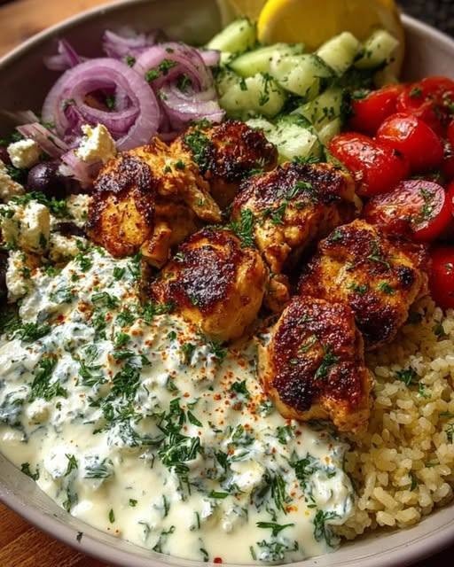 Greek Chicken Souvlaki Bowls with Lemon Feta Sauce There are some meals that just make you feel like you've escaped somewhere sunny, even when you're eating them in the middle of a busy week. These Greek Chicken Souvlaki Bowls with Lemon Feta Sauce are exactly that kind of meal. I first started making this style of dinner when I wanted something that felt fresh and satisfying without spending the entire evening in the kitchen. One weekend, I had chicken in the refrigerator, a few vegetables that needed to be used, and a block of feta sitting in the fridge. I decided to turn everything into Greek-inspired bowls. It was one of those meals where everyone started picking at the ingredients before dinner was even officially ready. The chicken was juicy and beautifully browned around the edges. The cucumber added crunch, the tomatoes brought a little sweetness, and the feta gave everything that salty, tangy flavor I love. But the sauce? That was what made the whole bowl disappear. The lemon feta sauce is creamy, bright, salty, and just a little tangy. It brings all the ingredients together and makes every bite taste like it belongs there. I love making these bowls on weekends when I have a little more time to prepare everything, but they're easy enough for a weeknight too. And because you can prepare the chicken, sauce, vegetables, and rice separately, they're also fantastic for meal prep. If your family likes to customize their meals, this recipe is even better. Put everything on the table and let everyone build their own bowl. Some people want extra feta. Some want more cucumber. Someone will inevitably ask for extra sauce. And honestly, I always make extra sauce. ❤️ Why You'll Love These Greek Chicken Souvlaki Bowls Juicy, flavorful lemon-garlic chicken Creamy homemade lemon feta sauce Fresh cucumber and tomatoes Salty Kalamata olives and feta Easy rice or quinoa base Perfect for weeknight dinners Great for meal prep Easy to customize Fresh, colorful, and incredibly satisfying Restaurant-style Greek flavors made right at home The combination of lemon, garlic, oregano, olive oil, feta, and fresh vegetables gives these bowls that unmistakable Mediterranean-inspired flavor. Souvlaki-style chicken is traditionally built around marinated meat cooked over high heat, which helps create those delicious browned edges. 🛒 Ingredients For the Greek Chicken 1½ pounds boneless, skinless chicken thighs or chicken breasts 3 tablespoons extra-virgin olive oil 3 tablespoons fresh lemon juice 1 tablespoon lemon zest 3 cloves garlic, finely minced 2 teaspoons dried oregano 1 teaspoon paprika ½ teaspoon ground cumin 1 teaspoon salt ½ teaspoon freshly ground black pepper I personally love chicken thighs because they stay especially juicy, but chicken breasts work beautifully too. 🥣 For the Lemon Feta Sauce ¾ cup plain Greek yogurt ½ cup crumbled feta cheese 1 tablespoon fresh lemon juice 1 teaspoon lemon zest 1 tablespoon extra-virgin olive oil 1 small garlic clove, finely grated or minced 1 tablespoon fresh dill, chopped 1 tablespoon fresh parsley, chopped ¼ teaspoon salt ¼ teaspoon black pepper 1–2 tablespoons water, as needed The sauce should be creamy enough to drizzle but thick enough to cling to the chicken and vegetables. 🥗 For the Bowls 3 cups cooked rice, quinoa, or lemon rice 1 large cucumber, diced 1½ cups cherry tomatoes, halved ½ small red onion, thinly sliced ½ cup Kalamata olives, pitted ½ cup crumbled feta cheese Fresh parsley or dill, for garnish Lemon wedges, for serving You can also add warm pita bread on the side if you want to turn dinner into a bigger Greek-style spread. 👩‍🍳 How to Make Greek Chicken Souvlaki Bowls Step 1: Prepare the Chicken Start by cutting the chicken into bite-sized pieces. If you're using chicken breasts, try to keep the pieces similar in size so they cook evenly. Chicken thighs are naturally forgiving and tend to stay juicy, while chicken breast gives you a leaner option. Place the chicken in a large bowl. Step 2: Make the Marinade Add the olive oil, lemon juice, lemon zest, minced garlic, oregano, paprika, cumin, salt, and black pepper. Toss everything together until the chicken is completely coated. Let the chicken marinate for at least 20–30 minutes. If you have more time, you can refrigerate it for several hours. I especially like preparing the chicken earlier in the day. By dinnertime, the marinade has had plenty of time to work its way into the chicken, and all that's left to do is cook it. Don't worry if you don't have hours, though. Even a short marinade adds plenty of flavor. 🍋 Step 3: Make the Lemon Feta Sauce While the chicken marinates, make the sauce. Add the Greek yogurt, feta, lemon juice, lemon zest, olive oil, garlic, dill, parsley, salt, and pepper to a bowl. Mash and stir everything together until creamy. You can leave a few tiny pieces of feta for texture, or blend the sauce until completely smooth. If the sauce feels too thick, add water one tablespoon at a time until it reaches your preferred consistency. Taste it. This is the moment to decide whether you want more lemon, more salt, or another little spoonful of feta. I usually add an extra squeeze of lemon because I love that bright flavor against the warm chicken. Cover the sauce and refrigerate it until you're ready to assemble the bowls. 🔥 Step 4: Cook the Chicken Heat a large skillet or grill pan over medium-high heat. Add a small drizzle of olive oil if needed. Once the pan is hot, add the marinated chicken in a single layer. Try not to overcrowd the pan. That's important because you want the chicken to sear and develop those delicious golden-brown edges instead of steaming. Cook for about 8–10 minutes, turning occasionally, until the chicken is browned and cooked through. For food safety, chicken should reach an internal temperature of 165°F (74°C). Once cooked, remove the chicken from the heat and let it rest for a few minutes. 🥒 Step 5: Prepare the Vegetables While the chicken is cooking, prepare your toppings. Dice the cucumber. Halve the cherry tomatoes. Thinly slice the red onion. Pit and slice the Kalamata olives if needed. Crumble the feta. Chop your fresh herbs. I like keeping all the vegetables separate instead of tossing them into one large salad because it makes the finished bowls look beautiful and lets everyone choose exactly what they want. 🍚 Step 6: Prepare Your Base For the easiest version, use cooked rice. White rice, brown rice, basmati rice, or even leftover rice all work. You can also use: Lemon rice Quinoa Orzo Cauliflower rice Couscous Mixed greens A lemony orzo base is especially delicious with souvlaki-style chicken, and Greek-inspired bowls commonly pair the chicken with grains or orzo alongside vegetables, olives, and feta. 🥗 Step 7: Assemble the Bowls Now comes the fun part. Start with a generous scoop of warm rice. Add the cooked chicken. Arrange the cucumber, tomatoes, red onion, and Kalamata olives around the chicken. Sprinkle generously with feta. Then comes the best part: Drizzle over that creamy lemon feta sauce. Finish with fresh dill or parsley and a squeeze of lemon. If you're serving pita, warm it briefly before bringing everything to the table. ✨ My Favorite Way to Build the Perfect Bowl I like to think about every bowl as having a little bit of everything: The base Warm, fluffy rice or orzo. The protein Juicy lemon-oregano chicken with crispy browned edges. The crunch Fresh cucumber and red onion. The sweetness Juicy cherry tomatoes. The salty bite Kalamata olives and feta. The creamy element That lemon feta sauce. The finishing touch Fresh herbs and plenty of lemon. When you get all of those together in one forkful, that's when the magic happens. 🍋 Tips for the Best Chicken Souvlaki Bowls Don't skip the lemon zest Lemon juice gives you acidity, but the zest provides a more concentrated lemon aroma. Using both makes the chicken taste much brighter. Get the pan really hot You want the chicken to sizzle as soon as it hits the pan. That high heat helps create those browned, slightly charred edges that make souvlaki so good. Don't overcrowd the chicken If necessary, cook the chicken in two batches. Crowding the pan creates steam and prevents proper browning. Let the chicken rest Give the chicken a few minutes after cooking before assembling the bowls. This helps keep the chicken juicy. Taste the sauce Feta can vary in saltiness, so taste your sauce before adding additional salt. Make extra sauce Seriously. You won't regret it. 🧄 Easy Lemon Feta Sauce Variations The sauce is incredibly easy to customize. Extra Garlicky Add another small clove of garlic. Creamier Add a little more Greek yogurt. More Feta Increase the feta for a stronger salty, tangy flavor. Spicy Add a pinch of red pepper flakes or cayenne. Herb-Heavy Add extra dill, parsley, or a little fresh mint. Extra Lemon Add another teaspoon of lemon juice and a little more zest. 🥗 Bowl Topping Ideas There are so many ways to make these bowls your own. Try adding: Roasted red peppers Hummus Avocado Pickled red onions Pepperoncini Shredded lettuce Fresh mint Chickpeas Roasted zucchini Grilled eggplant Artichoke hearts Pita chips One of my favorite additions is hummus. A little spoonful alongside the chicken and lemon feta sauce makes the bowl feel incredibly indulgent. 🫓 Don't Forget the Pita If you're serving these for a family dinner, warm some pita bread and put it in the middle of the table. You can use the pita to scoop up chicken, vegetables, sauce, and feta. You could even skip the rice and make these into souvlaki pita wraps instead. That's one of the things I love about recipes like this. One meal can become several different meals depending on how you serve it. 🍽️ What to Serve With Greek Chicken Souvlaki Bowls These bowls are already a complete meal, but they're fantastic with a few extras. Try serving them with: Warm pita Hummus Tzatziki Greek salad Roasted potatoes Lemon potatoes Grilled vegetables Homemade pita chips Marinated olives A simple cucumber salad For a bigger gathering, set everything out buffet-style and let everyone build their own bowl. It's relaxed, colorful, and much easier than trying to plate everything individually. 🔄 Easy Variations Chicken Breast Souvlaki Bowls Use boneless, skinless chicken breast instead of thighs. Keep an eye on the cooking time because chicken breast can dry out more easily. Greek Beef Bowls Swap the chicken for thinly sliced steak or beef cubes. Use the same lemon-garlic-herb flavor profile. Shrimp Souvlaki Bowls Shrimp cook very quickly, making them perfect when you need dinner in a hurry. Marinate briefly and cook just until pink and opaque. Vegetarian Greek Bowls Replace the chicken with grilled halloumi, chickpeas, roasted vegetables, or crispy tofu. Low-Carb Bowl Use cauliflower rice or a bed of chopped romaine instead of regular rice. Pile on the chicken, vegetables, feta, olives, and sauce. Meal-Prep Bowls Keep the chicken, rice, vegetables, and sauce in separate containers and assemble each bowl when you're ready to eat. 🧊 Meal Prep & Storage These bowls are excellent for meal prep. Store the cooked chicken, rice, chopped vegetables, and sauce separately whenever possible. This keeps the vegetables crisp and prevents the rice from becoming soggy from the sauce. Refrigerate leftovers promptly and use cooked chicken and other prepared components within about 3–4 days for best quality. When reheating, warm the chicken and rice separately and add the fresh vegetables and sauce afterward. ❄️ Can You Freeze Chicken Souvlaki? The cooked chicken can be frozen. Allow it to cool completely before placing it into a freezer-safe container or bag. Freeze for up to 2–3 months for best quality. The fresh cucumber, tomatoes, and lemon feta sauce are better prepared fresh rather than frozen. Thaw the chicken in the refrigerator overnight and reheat gently. 🥣 Can I Make the Lemon Feta Sauce Ahead? Absolutely. In fact, I prefer making it ahead. Prepare the sauce several hours before dinner and keep it refrigerated. The flavors have time to mingle, and dinner comes together much faster when you're ready to eat. Give it a quick stir before serving. If it has thickened in the refrigerator, loosen it with a small splash of water or lemon juice. ❓ Frequently Asked Questions What is chicken souvlaki? Chicken souvlaki is a Greek-inspired preparation of marinated chicken, traditionally cooked on skewers. The chicken is commonly flavored with ingredients such as olive oil, lemon, garlic, and oregano before being grilled or cooked over high heat. Can I use chicken breast instead of thighs? Yes. Chicken breast works very well in this recipe. Just avoid overcooking it because it has less fat than chicken thighs and can become dry more quickly. How long should I marinate the chicken? For good flavor, marinate for at least 20–30 minutes. If you have more time, several hours in the refrigerator will give the chicken even more flavor. Can I marinate the chicken overnight? Yes, although I generally prefer a few hours rather than leaving a strongly acidic lemon marinade on chicken for an excessively long time. Can I grill the chicken? Absolutely. Thread the marinated chicken onto soaked wooden skewers and grill over medium-high heat until browned and cooked through. Can I use an air fryer? Yes. Arrange the chicken in a single layer and air fry at approximately 400°F (200°C), turning halfway through. Cooking time will vary with the size of the pieces and your air fryer, so use internal temperature as your final check. What rice is best for these bowls? Basmati, long-grain white rice, brown rice, or lemon rice all work beautifully. Or skip rice altogether and use quinoa, orzo, cauliflower rice, or greens. Can I make these bowls without feta? Yes. The feta gives the bowls their signature salty, tangy flavor, but you can leave it out or replace it with another crumbly cheese. Can I make the sauce without Greek yogurt? You can make a simpler feta sauce with feta, lemon juice, olive oil, herbs, and a little water, although Greek yogurt gives the sauce its creamy texture. Is the lemon feta sauce the same as tzatziki? No. Tzatziki is generally yogurt-based with cucumber, garlic, lemon or vinegar, and herbs. This sauce is centered around feta, lemon, Greek yogurt, garlic, and herbs, giving it a saltier and cheesier flavor. Can I prepare these bowls ahead of time? Yes. Cook the chicken and rice ahead, chop the vegetables, and prepare the sauce. Store everything separately and assemble when ready to eat. What can I use instead of Kalamata olives? You can use another variety of olives, or simply leave them out if you're not an olive fan. How do I keep the chicken juicy? Don't overcrowd the pan, cook over sufficiently high heat, and avoid cooking the chicken beyond the safe internal temperature of 165°F (74°C). 📝 Recipe at a Glance Recipe: Greek Chicken Souvlaki Bowls with Lemon Feta Sauce Prep Time: 20 minutes Marinating Time: 20–30 minutes Cook Time: 10–15 minutes Total Time: About 50–60 minutes Servings: 4 Course: Dinner Cuisine: Greek-Inspired / Mediterranean Ingredients Chicken: 1½ pounds boneless, skinless chicken thighs or breasts 3 tablespoons olive oil 3 tablespoons lemon juice 1 tablespoon lemon zest 3 garlic cloves 2 teaspoons dried oregano 1 teaspoon paprika ½ teaspoon cumin 1 teaspoon salt ½ teaspoon black pepper Lemon Feta Sauce: ¾ cup Greek yogurt ½ cup crumbled feta 1 tablespoon lemon juice 1 teaspoon lemon zest 1 tablespoon olive oil 1 garlic clove 1 tablespoon dill 1 tablespoon parsley Salt and pepper 1–2 tablespoons water, as needed For the Bowls: 3 cups cooked rice, quinoa, or orzo 1 cucumber 1½ cups cherry tomatoes ½ small red onion ½ cup Kalamata olives ½ cup crumbled feta Fresh herbs Lemon wedges 👩‍🍳 Quick Instructions Cut the chicken into bite-sized pieces. Combine olive oil, lemon juice, lemon zest, garlic, oregano, paprika, cumin, salt, and pepper. Toss the chicken in the marinade and let it sit for at least 20–30 minutes. Mix the Greek yogurt, feta, lemon, olive oil, garlic, herbs, salt, and pepper to make the sauce. Thin the sauce with a little water if needed. Heat a skillet over medium-high heat. Cook the chicken for approximately 8–10 minutes, turning occasionally, until browned and cooked through. Prepare the cucumber, tomatoes, onion, olives, and herbs. Add rice or another base to each bowl. Top with chicken and fresh vegetables. Add feta and a generous drizzle of lemon feta sauce. Garnish with herbs and lemon wedges. Serve immediately. ❤️ A Bowl That Makes Dinner Feel Special This is one of those recipes that reminds me why I love cooking at home. It doesn't require complicated techniques. It doesn't need a long list of unusual ingredients. And you don't have to spend hours standing over the stove. You just need good chicken, fresh lemon, garlic, herbs, creamy feta sauce, and a handful of colorful ingredients. I love bringing these bowls to the table with everything arranged separately because dinner instantly feels more relaxed. Everyone reaches for what they want. Someone adds more feta. Someone piles on the cucumber. Someone asks for another spoonful of sauce. And somehow, even though everyone is eating the same meal, everyone's bowl looks a little different. That's my favorite kind of dinner. Fresh, flavorful, flexible, and just messy enough that nobody cares about perfect presentation. The chicken is warm and savory, the vegetables are crisp and fresh, and the lemon feta sauce ties everything together with that creamy, tangy finish. And if you make one thing extra? Make extra sauce. Trust me on that one.