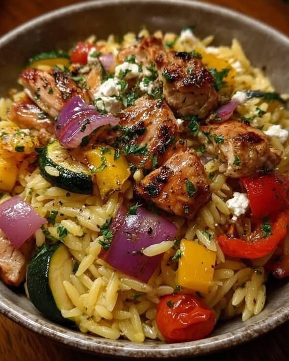 Mediterranean Balsamic Chicken Orzo with Roasted Veggies & Feta