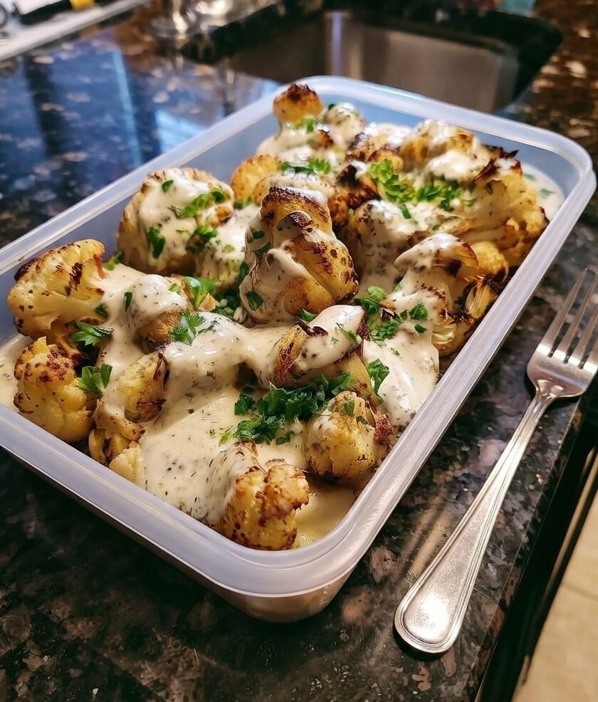 Low Carb Creamy Garlic Herb Roasted Cauliflower