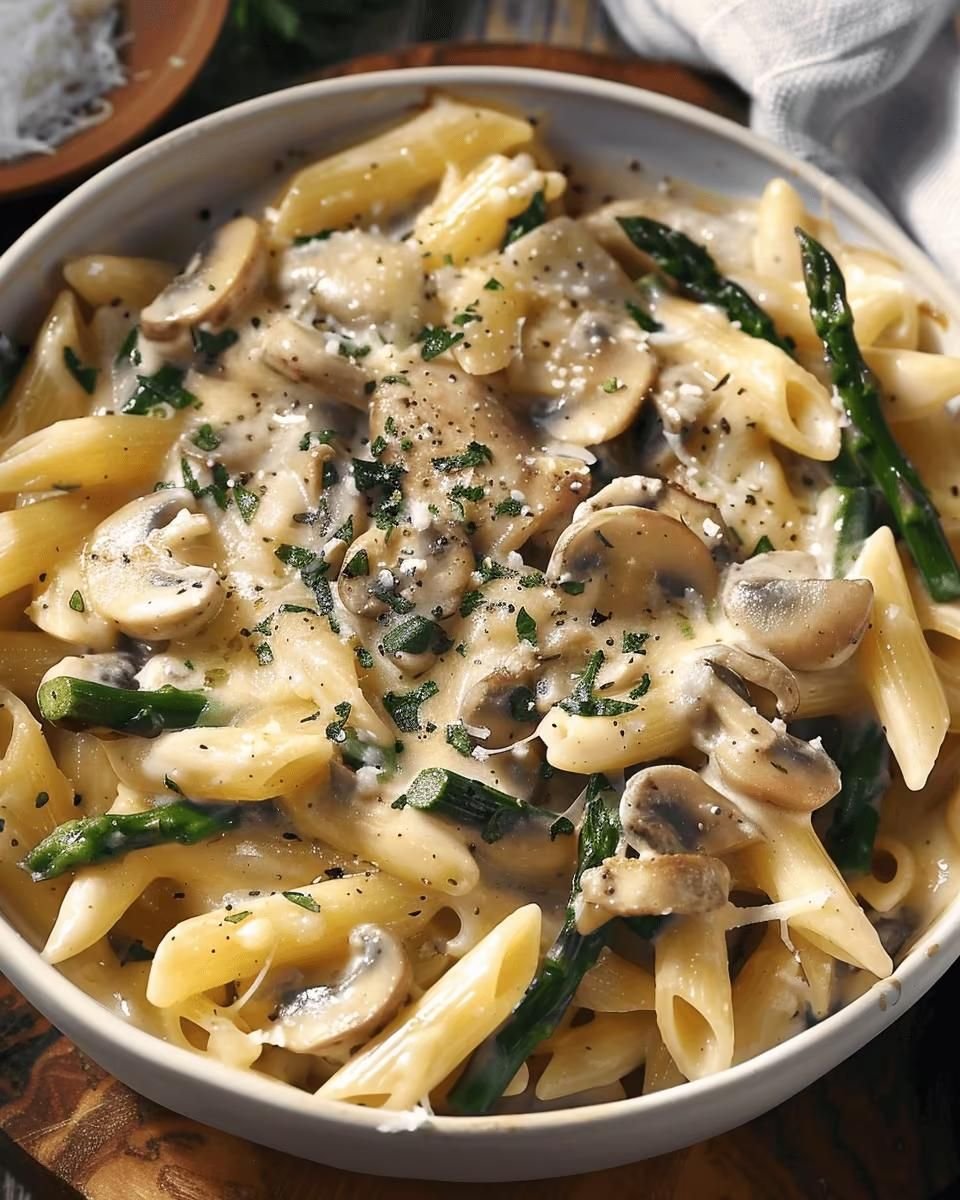 Creamy Mushroom and Asparagus Chicken Penne