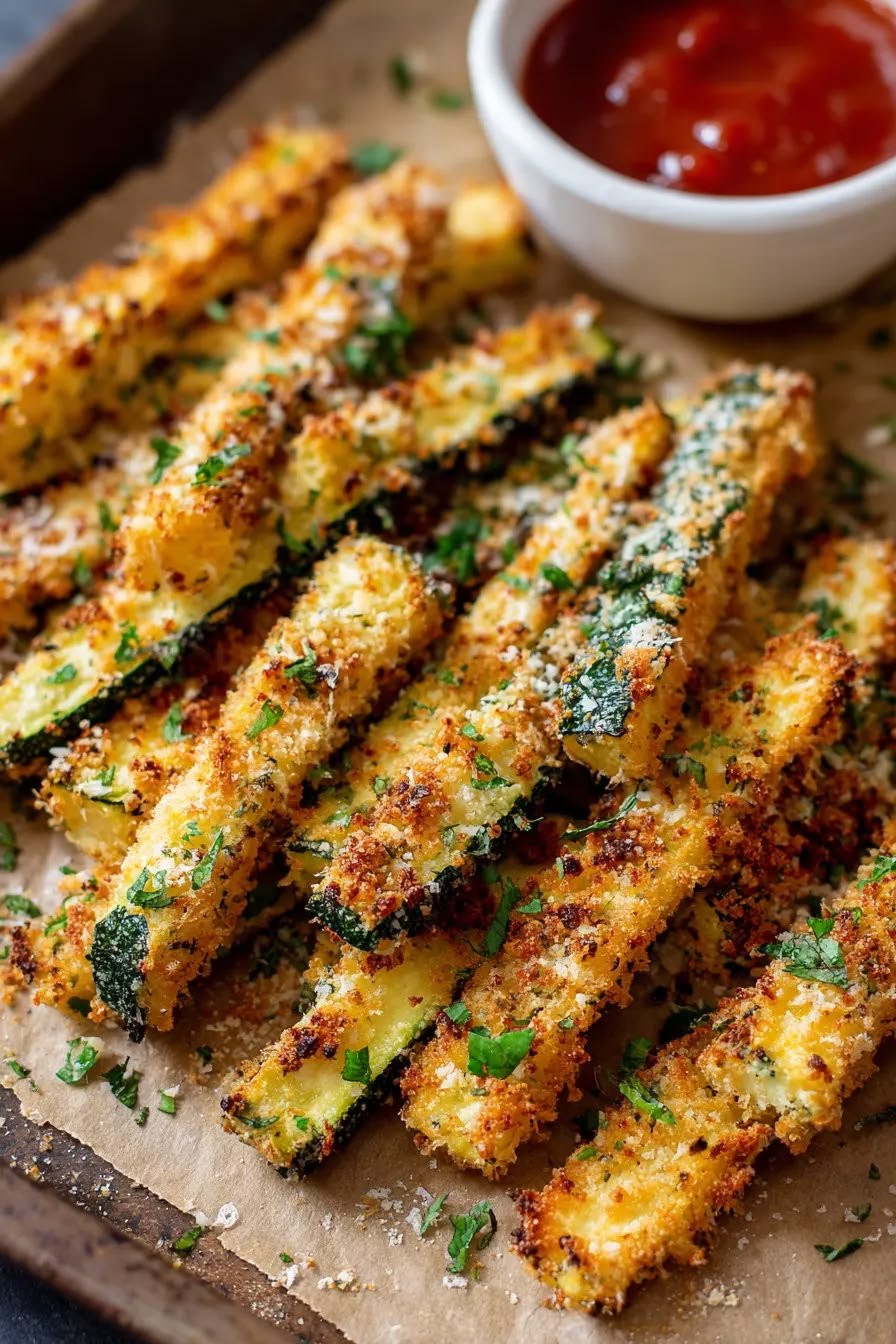 🥒 Parmesan Zucchini Fries If you’re looking for a way to make zucchini that actually gets everyone excited, these Parmesan Zucchini Fries are it. I’ve always loved recipes that take an ordinary vegetable and turn it into something the whole family wants to reach for. These zucchini fries do exactly that. The zucchini becomes tender in the middle while the outside turns golden, crunchy, and wonderfully savory from the Parmesan, breadcrumbs, garlic, and Italian seasoning. I especially love making a batch when I have extra zucchini sitting in the refrigerator. Instead of letting it become another forgotten vegetable in the crisper drawer, it gets transformed into something that feels like a fun snack. They're baked rather than fried, which makes them easy enough for a weeknight side dish, but they're also perfect for a party platter or game-day spread. And don't forget the dipping sauce. A crispy zucchini fry dipped into warm marinara, ranch, or creamy garlic aioli is seriously hard to resist. ⭐ Why You'll Love These Parmesan Zucchini Fries Crispy and golden: Panko breadcrumbs give the coating plenty of crunch. Cheesy and savory: Parmesan adds a delicious nutty, salty flavor. Baked, not fried: You get crisp edges without deep-frying. Quick to prepare: The fries are ready in around 30–40 minutes. Great for picky eaters: Even zucchini skeptics may be tempted to try them. Perfect for dipping: Marinara, ranch, and garlic aioli all work beautifully. Easy to customize: Change the herbs or add a little spice to make them your own. 🛒 Ingredients You'll Need For the Zucchini Fries 2 medium zucchini 1/2 cup grated Parmesan cheese 1/2 cup panko breadcrumbs 1/2 teaspoon garlic powder 1/2 teaspoon paprika 1/4 teaspoon freshly ground black pepper 1/4 teaspoon salt 2 large eggs Olive oil spray or cooking spray Optional Garnish Fresh chopped parsley Extra grated Parmesan Freshly cracked black pepper For Serving Choose your favorite dipping sauce: Marinara sauce Ranch dressing Garlic aioli Creamy herb dip 👩🍳 How to Make Parmesan Zucchini Fries 1. Preheat the Oven Preheat your oven to 425°F (220°C). Line a large baking sheet with parchment paper. For an even crispier result, you can place a wire rack over the baking sheet. This allows hot air to circulate underneath the zucchini as it cooks. 2. Prepare the Zucchini Wash and dry the zucchini. Trim off both ends. Cut each zucchini in half lengthwise, then cut each half into sticks approximately 1/2 inch thick and 3–4 inches long. Try to keep the pieces relatively similar in size so they cook evenly. If your zucchini is particularly watery, lightly salt the sticks and let them sit for about 10 minutes. Pat them thoroughly dry with paper towels before breading. 3. Prepare the Breading Station You'll need two shallow bowls. In the first bowl, whisk the eggs until smooth. In the second bowl, combine: Parmesan Panko breadcrumbs Garlic powder Paprika Black pepper Salt Mix well so the seasonings are evenly distributed. 4. Coat the Zucchini Take one zucchini stick and dip it into the beaten egg. Allow the excess egg to drip back into the bowl. Then place the zucchini into the Parmesan-breadcrumb mixture. Press the coating gently onto all sides. Repeat with the remaining zucchini. Don't worry if a few areas aren't perfectly covered. Those little exposed zucchini edges often become beautifully browned in the oven. 5. Arrange on the Baking Sheet Place the coated zucchini sticks on the prepared baking sheet. Keep them in a single layer and leave a little space between each fry. Lightly spray the tops with olive oil. Avoid piling or overlapping the zucchini. Space helps the hot air circulate and encourages the coating to crisp. 6. Bake Place the tray in the preheated oven. Bake for approximately 20–25 minutes, turning the zucchini fries halfway through. They're ready when the coating is golden brown and crisp and the zucchini inside is tender. Keep an eye on them during the final few minutes because Parmesan can brown quickly. 7. Garnish and Serve Remove the zucchini fries from the oven. Let them rest for a minute or two. Sprinkle with fresh parsley and a little extra Parmesan if desired. Serve immediately with your favorite dipping sauce. These are best while they're hot and crispy. 🧀 How to Get Extra-Crispy Zucchini Fries Zucchini naturally contains quite a bit of moisture, so a few small details make a big difference. Dry the zucchini well After washing, pat the zucchini completely dry before cutting and coating. Don't overcrowd the pan Give each fry some breathing room. Use panko Panko breadcrumbs are lighter and crunchier than ordinary breadcrumbs and create a wonderfully crisp coating. Spray lightly with oil A little oil helps the coating brown and crisp without requiring deep frying. Use a wire rack If you have one that fits your baking sheet, it can help hot air reach the underside of the zucchini fries. Serve immediately Like most baked zucchini recipes, these are at their best straight from the oven. 🌿 Easy Flavor Variations Spicy Parmesan Zucchini Fries Add a pinch of cayenne pepper or red pepper flakes to the breadcrumb mixture. If you love heat, add both. Italian Herb Zucchini Fries Add 1 teaspoon Italian seasoning to the coating for extra herbal flavor. Garlic Parmesan Fries Increase the garlic powder slightly and finish the hot fries with freshly grated Parmesan. Rosemary Parmesan Add a small amount of finely chopped fresh rosemary to the breadcrumb mixture. Cheesy Three-Cheese Fries Replace a little of the Parmesan with grated Romano or Asiago. The combination creates a deeper, more complex cheesy crust. 🍅 Best Dipping Sauces The right dip makes these zucchini fries even better. Classic Marinara Warm marinara adds acidity and sweetness that balance the savory Parmesan coating. Garlic Aioli A creamy garlic aioli makes the fries feel extra indulgent. Ranch You can't go wrong with cool, creamy ranch alongside crispy zucchini. Herbed Yogurt Dip Mix plain Greek yogurt with lemon juice, garlic, parsley, salt, and pepper for a fresh option. Spicy Mayo Combine mayonnaise with a little hot sauce and lemon juice for a simple spicy dip. 🥒 Do You Need to Salt Zucchini Before Cooking? Not necessarily. The original method doesn't require salting the zucchini first, but if you have especially watery zucchini, lightly salting it and patting it dry can help remove some excess moisture. Just remember that Parmesan and breadcrumbs already contain some salt, so don't overdo it. 🍽️ What to Serve With Parmesan Zucchini Fries These fries can be served as a snack, appetizer, or side dish. Try them with: Grilled chicken Burgers Steak Italian meatballs Baked salmon Chicken Parmesan Turkey burgers A fresh green salad Pasta with marinara They're especially good alongside burgers when you're looking for something more interesting than ordinary potato fries. 🥗 Turn Them Into a Light Meal You can easily turn these zucchini fries into a simple vegetarian-style meal. Serve a generous portion with: A large green salad Marinara sauce Garlic aioli Fresh tomatoes A little extra Parmesan Add some crusty bread if you're not keeping things low-carb. It's simple, filling, and surprisingly satisfying. 🥡 Make-Ahead Instructions You can prepare the zucchini sticks and bread them several hours before cooking. Arrange the coated fries on a parchment-lined tray, cover loosely, and refrigerate until you're ready to bake. For the crispiest result, bake them shortly before serving. The original recipe also recommends preparing them ahead but baking just before serving for the best texture. 🧊 Storage and Reheating Store leftover zucchini fries in an airtight container in the refrigerator for up to 3 days. When you're ready to reheat them, use: Oven Toaster oven Air fryer Avoid the microwave if possible because it tends to make the coating soft. Air Fryer Reheating Place the refrigerated fries in a single layer and heat at approximately 375–400°F until hot and crisp. ❄️ Can You Freeze Parmesan Zucchini Fries? Freezing isn't recommended. Because zucchini contains a lot of water, thawing can leave the vegetable soft and watery, which makes it difficult to recreate that freshly baked crispy texture. Luckily, the recipe is quick enough that making a fresh batch is usually easier than freezing them. ❓ Frequently Asked Questions Can I use regular breadcrumbs? Absolutely. Panko gives you the crunchiest texture, but regular breadcrumbs work if that's what you have available. Can I make these gluten-free? Yes. Use gluten-free panko or another gluten-free breadcrumb alternative. Can I make these in an air fryer? Yes. Arrange the zucchini fries in a single layer and air fry at approximately 400°F (200°C) for 10–12 minutes, flipping halfway through. Cooking time can vary between air fryers. Why did my zucchini fries turn soggy? The most likely causes are excess moisture, overcrowding the baking sheet, or not cooking them long enough. Make sure the zucchini is dry and the fries have plenty of space. Should I peel the zucchini? No. There's no need to peel it. The skin helps the zucchini maintain its shape and adds color. Can I use yellow squash? Yes. Yellow squash can be prepared in essentially the same way. Can I use fresh Parmesan? Definitely. Freshly grated Parmesan melts beautifully and gives the coating wonderful flavor. Can I use a different cheese? Yes. Romano and Asiago are excellent alternatives or additions to Parmesan. Are these vegetarian? Yes, assuming the Parmesan you use fits your dietary preferences. The recipe itself contains no meat. Can I make these ahead of time? You can bread the zucchini several hours ahead and refrigerate it, but bake immediately before serving for the best crispness. ⏱️ Recipe at a Glance Prep Time: 15 minutes Cook Time: 20–25 minutes Total Time: About 35–40 minutes Servings: 6 Course: Side Dish / Appetizer Method: Oven-Baked ❤️ Final Thoughts These Parmesan Zucchini Fries are such a fun reminder that vegetables don't have to be boring. A couple of zucchini, some Parmesan, breadcrumbs, eggs, and a few seasonings turn into golden little fries with crisp edges and tender centers. Add a bowl of marinara or garlic aioli for dipping, and suddenly zucchini becomes the thing everyone is reaching for. I especially love recipes like this for weekends, casual gatherings, or those evenings when I want something comforting without making a huge meal. They're easy, crunchy, cheesy, and completely snackable. Put out a plate of these Parmesan Zucchini Fries, and don't be surprised when they disappear before dinner even starts.