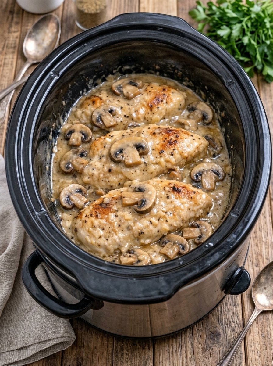 Slow Cooker 4-Ingredient Amish Mushroom Chicken