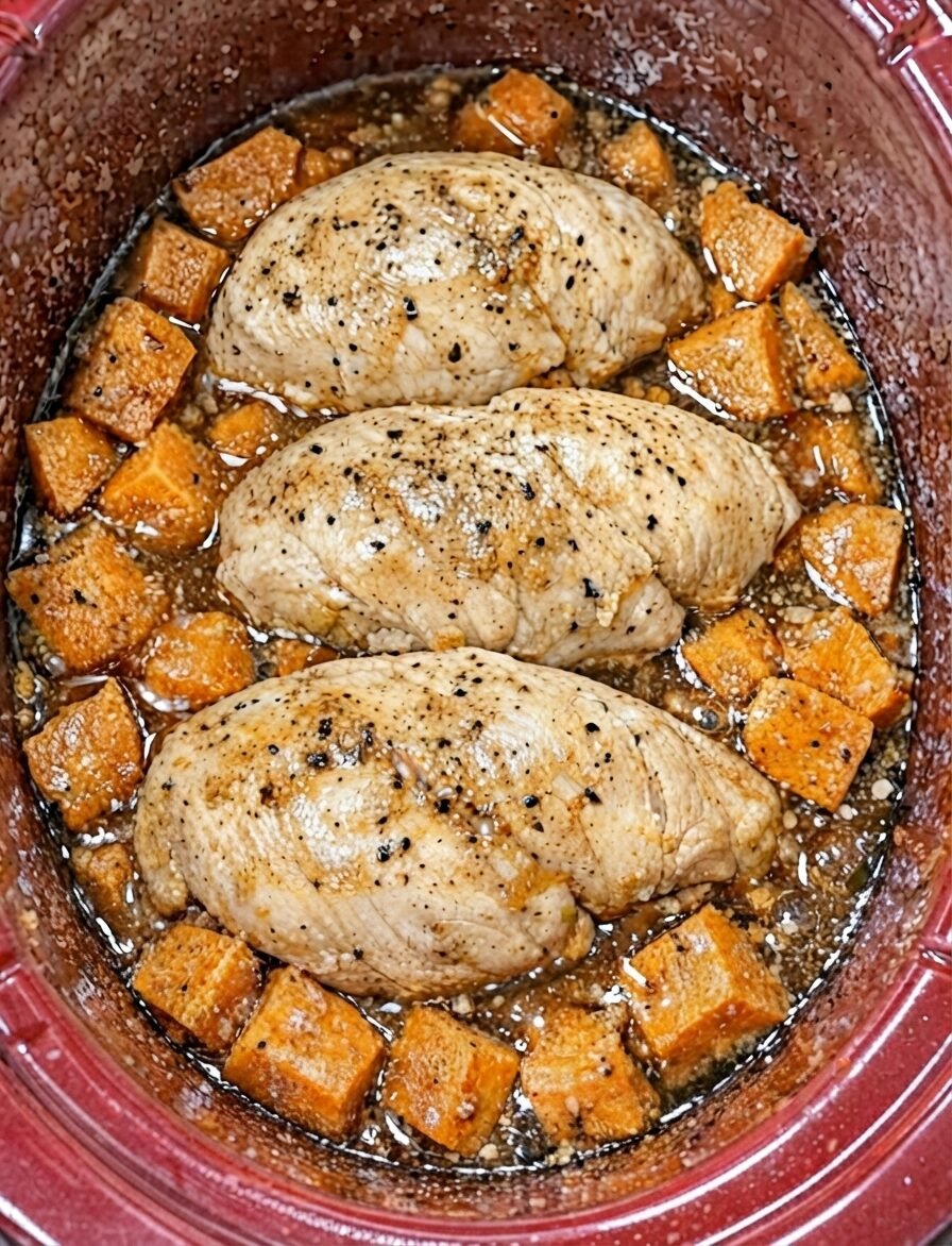 Slow Cooker 4-Ingredient Amish Chicken and Sweet Potatoes
