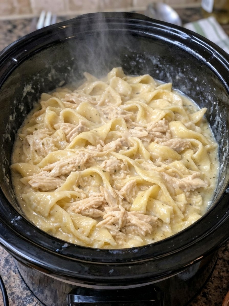 Slow Cooker 5-Ingredient Amish Chicken and Noodles