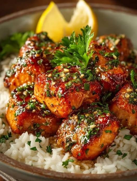 Garlic Butter Salmon Bites with Rice