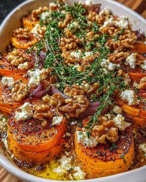 Savory Sweet Potato & Squash Bake with Feta, Walnuts & Honey Drizzle