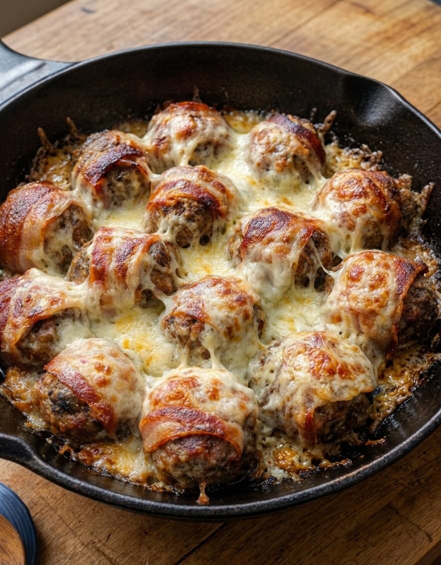 Gluten Free Cheesy Bacon-Wrapped Meatball Skillet Recipe