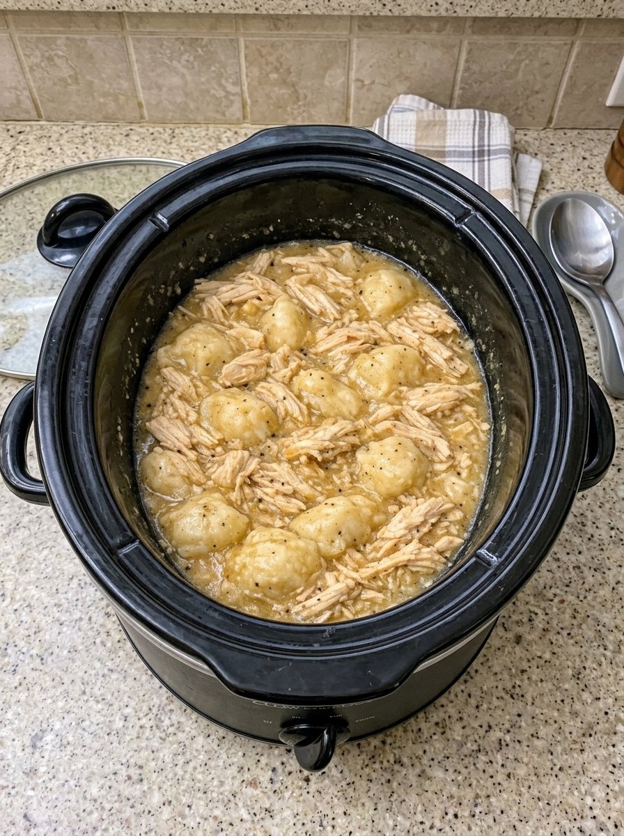 Slow Cooker 4-Ingredient Amish Chicken and Dumplings