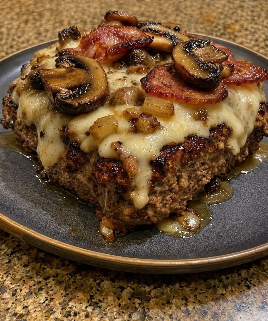 Low Carb Bacon Mushroom Swiss Cheese Meatloaf